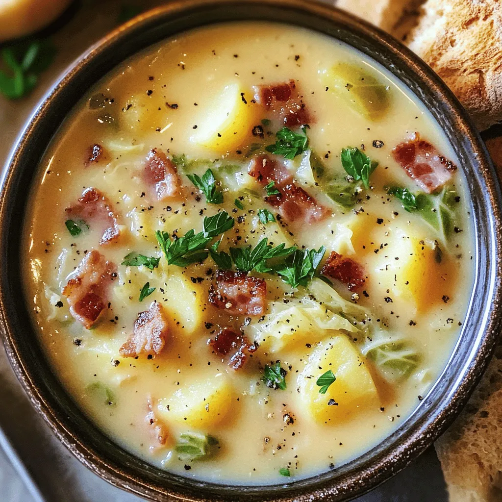Die wichtigsten Zutaten sind einfach und lecker. Du brauchst 200 g irisches Speck, gewürfelt. Auch 1 mittelgroße Zwiebel, gehackt, ist wichtig. Zwei Knoblauchzehen, fein gehackt, geben Geschmack. Du benötigst drei mittelgroße Kartoffeln, geschält und gewürfelt. Ein kleiner Kopf grüner Kohl, gehackt, rundet die Suppe ab. Ein Liter Hühner- oder Gemüsebrühe sorgt für die Basis. 250 ml Vollmilch bringen Cremigkeit. Schließlich brauchst du 2 Esslöffel Olivenöl, Salz und Pfeffer nach Geschmack. Eine frische Petersilie zum Garnieren macht die Suppe schön.