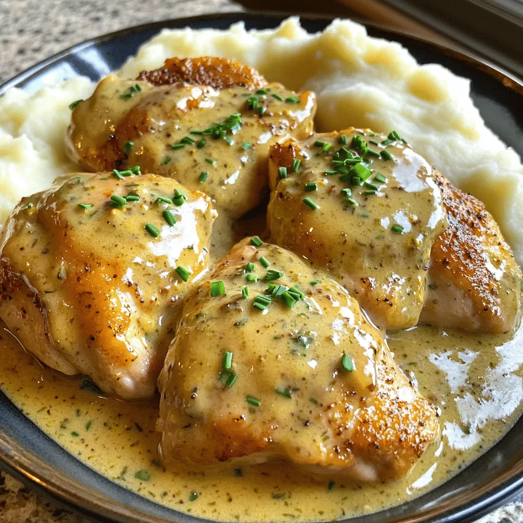 Um Irish Chicken in Whiskey Cream Sauce zuzubereiten, benötigst du einige wichtige Zutaten. Du brauchst vier Hähnchenbrustfilets, 200 ml Hühnerbrühe, 200 ml Sahne, zwei Schalotten und drei Knoblauchzehen. Vergiss nicht Olivenöl, Dijon-Senf, frische Thymianblätter, Paprikapulver, Salz und Pfeffer. Frischer Schnittlauch dient als Garnitur.