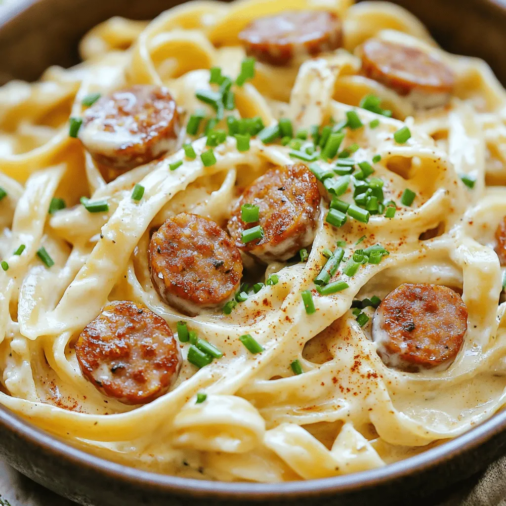 - 250 g Fettuccine oder Linguine - 200 g geräucherte Würstchen - 250 ml Sahne