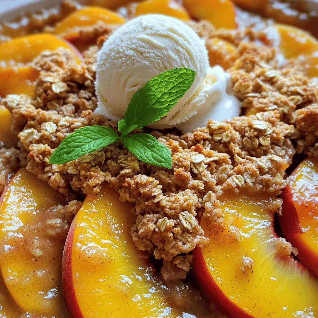 Für ein leckeres Pfirsich-Crisp brauchst du frische, saftige Pfirsiche. Hier sind die Hauptzutaten: - 4 Tassen frische Pfirsiche, geschält und in Scheiben geschnitten - 1/2 Tasse Kristallzucker - 1 Esslöffel Zitronensaft - 1 Esslöffel Maisstärke - 1 Teelöffel gemahlener Zimt - 1/2 Teelöffel Vanilleextrakt Diese Zutaten sorgen für den süßen und fruchtigen Geschmack. Um dein Pfirsich-Crisp noch besser zu machen, füge einige zusätzliche Aromen hinzu. Hier sind die Zutaten für das Hafer-Topping: - 1 Tasse Haferflocken - 1/2 Tasse Weizenmehl - 1/2 Tasse brauner Zucker, fest gepackt - 1/3 Tasse ungesalzene Butter, geschmolzen - 1/4 Teelöffel Salz Diese Zutaten geben dem Crisp eine knusprige und süße Kruste. Wähle die besten Pfirsiche für dein Crisp. Achte auf: - Reife: Die Pfirsiche sollten weich, aber nicht matschig sein. - Farbe: Suche nach einer schönen, goldenen Farbe. - Duft: Sie sollten einen süßen Duft haben. Frische Pfirsiche machen dein Gericht leckerer. Wenn du die besten Pfirsiche wählst, wird dein Pfirsich-Crisp noch besser. Für die genaue Zubereitung schau dir das Full Recipe an. Heizen Sie Ihren Ofen auf 175°C (350°F) vor. Dies ist wichtig, um eine gleichmäßige Hitze beim Backen zu gewährleisten. Nehmen Sie eine 20x20 cm große Auflaufform und fetten Sie sie gut mit Butter oder Kochspray ein. So bleibt das Pfirsich Crisp nicht kleben und lässt sich leicht herausnehmen. Für die Füllung benötigen Sie 4 Tassen frische Pfirsiche. Diese sollten geschält und in Scheiben geschnitten sein. In einer großen Rührschüssel kombinieren Sie die Pfirsiche mit 1/2 Tasse Kristallzucker, 1 Esslöffel Zitronensaft, 1 Esslöffel Maisstärke, 1 Teelöffel gemahlenem Zimt und 1/2 Teelöffel Vanilleextrakt. Rühren Sie vorsichtig, bis alle Pfirsiche gut überzogen sind. Geben Sie die Mischung in die vorbereitete Auflaufform und verteilen Sie sie gleichmäßig. In einer separaten Schüssel mischen Sie 1 Tasse Haferflocken, 1/2 Tasse Weizenmehl, 1/2 Tasse braunen Zucker, 1/3 Tasse geschmolzene Butter und 1/4 Teelöffel Salz. Vermengen Sie alles, bis eine krümelige Mischung entsteht. Diese Mischung wird gleichmäßig über die Pfirsiche in der Auflaufform gestreut. Achten Sie darauf, dass die Pfirsiche gut bedeckt sind, um einen leckeren, knusprigen Effekt zu erzielen. Backen Sie das Ganze für 30-35 Minuten im vorgeheizten Ofen, bis die Kruste goldbraun und die Füllung blubbert. Lassen Sie das Crisp nach dem Backen etwa 10 Minuten abkühlen, bevor Sie es warm servieren. Wenn Sie mehr Details wollen, können Sie die vollständige Anleitung im Full Recipe nachlesen. Einen perfekten Pfirsich-Crisp zu backen, ist nicht schwer, aber kleine Fehler können das Ergebnis ruinieren. Ein häufiger Fehler ist, die Pfirsiche nicht richtig vorzubereiten. Achte darauf, die Pfirsiche gut zu schälen und in gleichmäßige Scheiben zu schneiden. Dadurch garen sie gleichmäßig. Ein weiterer Fehler ist, zu viel Zucker zu verwenden. Es kann leicht sein, den Zucker zu übertreiben. Die Pfirsiche sind oft süß genug, besonders wenn sie reif sind. Halte dich an die Menge im Rezept. Die Backzeit ist entscheidend für die Konsistenz deines Crisps. Wenn du es zu kurz backst, bleiben die Pfirsiche wässrig. Wenn du es zu lange backst, wird es trocken. Ich empfehle, nach 30 Minuten einen Blick darauf zu werfen. Die Oberseite sollte goldbraun sein und die Füllung blubbern. Wenn du die Kruste noch knuspriger magst, erhöhe die Temperatur für die letzten 5 Minuten auf 190 °C. Achte darauf, dass es nicht verbrennt. Das Auge isst mit! Um deinen Pfirsich-Crisp schön zu präsentieren, serviere ihn warm in einer Schüssel. Füge eine Kugel Vanilleeis oder einen Klecks Schlagsahne oben drauf. Das Eis schmilzt leicht und macht das Dessert noch köstlicher. Garnieren mit einem Zweig frischer Minze sorgt für einen tollen Farbakzent. Ein Hauch von Zimt auf dem Eis kann auch einen schönen Geschmack hinzufügen. So wird dein Pfirsich-Crisp nicht nur lecker, sondern sieht auch toll aus! {{image_4}} Du kannst viele Früchte für dein Crisp verwenden. Äpfel sind eine tolle Wahl. Sie geben einen süßen und saftigen Geschmack. Auch Birnen bringen eine gute Textur und Süße. Wenn du Beeren magst, probiere Himbeeren oder Blaubeeren. Diese Früchte geben deinem Crisp eine frische Note. Misch einfach deine Lieblingsfrüchte für ein individuelles Dessert. Wenn du glutenfrei essen möchtest, gibt es einfache Lösungen. Ersetze das Weizenmehl durch eine glutenfreie Mehlmischung. Achte darauf, dass alle anderen Zutaten auch glutenfrei sind. Haferflocken können auch glutenfrei sein. Schau beim Kauf auf das Etikett. So kannst du sicher sein, dass dein Crisp wirklich glutenfrei ist. Du kannst die Süße deines Crisps anpassen. Verwende weniger Zucker, wenn du es nicht so süß magst. Für einen zusätzlichen Kick, füge etwas Ingwer oder Muskatnuss hinzu. Diese Gewürze bringen neue Aromen in dein Crisp. Du kannst auch Nüsse oder Samen in den Hafer-Topping geben. Mandeln oder Walnüsse geben einen tollen Crunch. Diese Anpassungen machen dein Dessert ganz persönlich und lecker. Wenn du mehr erfahren möchtest, schau dir das Full Recipe an. Um die Reste Ihres Pfirsich Crisps frisch zu halten, lassen Sie ihn zuerst abkühlen. Decken Sie ihn dann mit Frischhaltefolie oder einem luftdichten Behälter ab. So bleibt das Aroma erhalten. Lagern Sie den Crisp im Kühlschrank. Er bleibt dort bis zu drei Tage lecker. Wenn Sie mehr Pfirsich Crisp gemacht haben, können Sie ihn auch einfrieren. Schneiden Sie ihn in Portionen und legen Sie sie in Gefrierbeutel. Drücken Sie die Luft heraus und schließen Sie die Beutel gut. So bleibt er bis zu drei Monate frisch. Wenn Sie ihn essen möchten, nehmen Sie ihn einen Tag vorher aus dem Gefrierfach. Lassen Sie ihn im Kühlschrank auftauen. Um den Pfirsich Crisp aufzuwärmen, heizen Sie den Ofen auf 180°C vor. Legen Sie den Crisp in eine Auflaufform und decken Sie ihn mit Folie ab. Backen Sie ihn etwa 15 bis 20 Minuten. Dies hält ihn knusprig und warm. Alternativ können Sie ihn auch in der Mikrowelle warm machen. Achten Sie darauf, ihn in kurzen Intervallen zu erhitzen, damit er nicht austrocknet. Genießen Sie ihn am besten warm mit einer Kugel Vanilleeis. Pfirsich-Crisp bleibt im Kühlschrank etwa 3 bis 5 Tage frisch. Bewahren Sie es in einem luftdichten Behälter auf. So bleibt der Geschmack gut erhalten. Vor dem Servieren können Sie es leicht aufwärmen. Dies bringt den Duft der Pfirsiche zurück. Ja, Sie können das Pfirsich-Crisp im Voraus zubereiten. Machen Sie die Füllung und das Topping separat. Lagern Sie beides in Kühlschrank für bis zu 24 Stunden. Backen Sie es dann kurz vor dem Servieren. So genießen Sie es frisch und warm. Die Füllung kann überlaufen, wenn Sie zu viele Pfirsiche verwenden. Achten Sie darauf, die richtige Menge zu nutzen. Auch die Maisstärke hilft, die Füllung zu binden. Wenn die Füllung blubbert, ist das ein gutes Zeichen. Es zeigt, dass die Pfirsiche saftig sind und die Aromen gut gemischt werden. Das Pfirsich-Crisp ist ein einfaches und leckeres Rezept. Wir haben die Hauptzutaten und Tipps zur Auswahl der besten Pfirsiche besprochen. Du hast gelernt, wie du deine Füllung und das Hafer-Topping zubereitest. Mit meinen Tipps vermeidest du häufige Fehler beim Backen. Variationen bieten dir viele Möglichkeiten, das Rezept anzupassen. Denke daran, Reste richtig aufzubewahren. Mit diesen Informationen wirst du dein Pfirsich-Crisp perfekt hinbekommen. Jetzt ist es an der Zeit, loszulegen und deine Gäste zu beeindrucken!