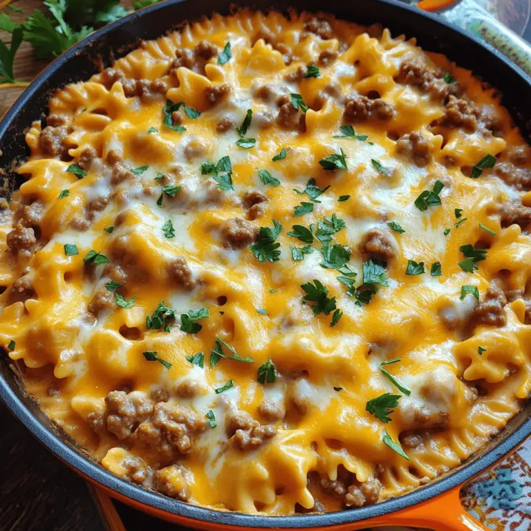 - 225 g Schleifenpasta (Farfalle) - 450 g Rinderhackfleisch - 1 mittelgroße Zwiebel, fein gehackt - 2 Knoblauchzehen, gehackt - 1 Dose (400 g) gewürfelte Tomaten mit Kräutern - 240 ml Rinderbrühe - 100 g geriebener Cheddar-Käse - 100 g geriebener Mozzarella-Käse - 1 Teelöffel italienische Gewürzmischung - Salz und Pfeffer nach Geschmack - 2 Esslöffel Olivenöl - Frische Petersilie, gehackt (zur Garnitur)