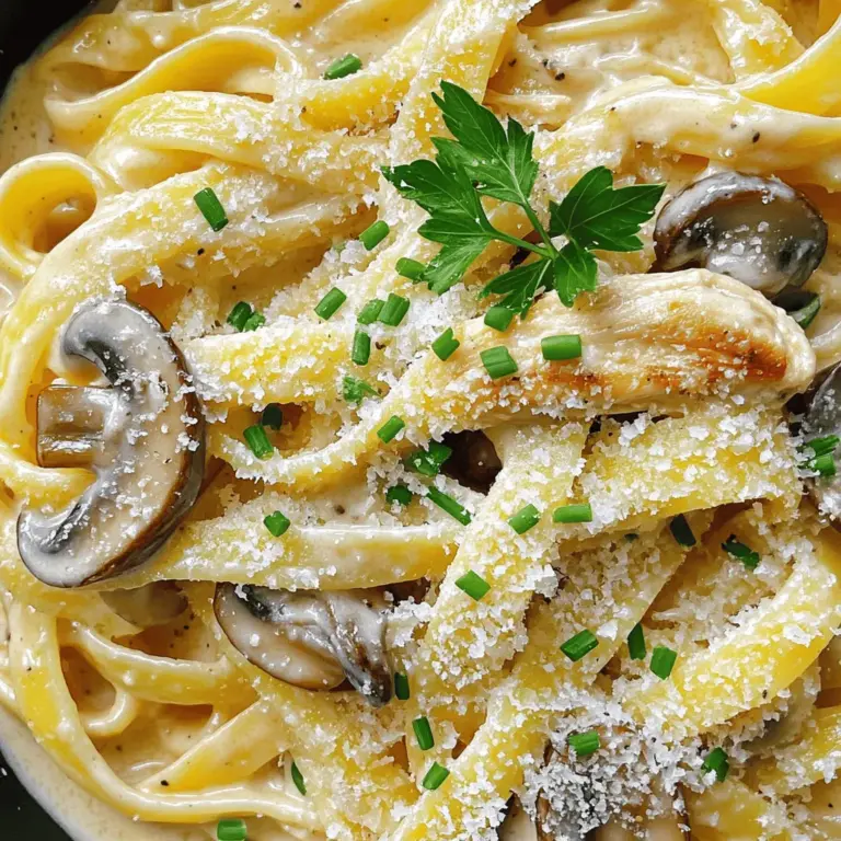 - 300 g Pasta (Fettuccine oder Tagliatelle) - 200 g Hähnchenbrust, in Streifen geschnitten - 200 g Champignons, in Scheiben geschnitten