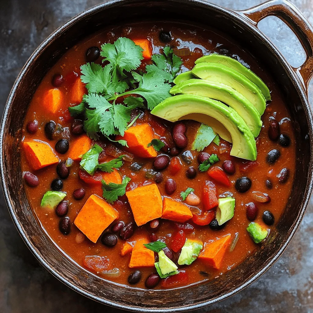 Für ein köstliches veganes Süßkartoffel Chili brauche ich einige Hauptzutaten: - 2 mittlere Süßkartoffeln, geschält und gewürfelt - 1 Dose (425 g) schwarze Bohnen, abgespült und abgetropft - 1 Dose (425 g) rote Kidneybohnen, abgespült und abgetropft - 1 Dose (800 g) zerdrückte Tomaten - 240 ml Gemüsebrühe Diese Zutaten bilden die Basis unseres Chilis. Die Süßkartoffeln bringen Süße und Fülle. Die Bohnen liefern wertvolles Protein. Zerdrückte Tomaten geben dem Chili eine schöne, reichhaltige Soße. Gemüsebrühe bringt zusätzlichen Geschmack. Die richtige Würze macht alles besser. Hier sind die Gewürze, die ich benutze: - 2 Esslöffel Chili-Pulver - 1 Esslöffel Kreuzkümmel - 1 Teelöffel geräucherter Paprika Chili-Pulver sorgt für die Schärfe. Kreuzkümmel gibt einen warmen, erdigen Geschmack. Geräucherter Paprika fügt eine rauchige Note hinzu, die das Chili aufregend macht. Toppings sind das i-Tüpfelchen für mein Chili. Hier sind zwei gute Optionen: - Frischer Koriander - Avocadoscheiben Frischer Koriander bringt einen frischen Geschmack. Avocadoscheiben machen das Gericht cremig. Beides zusammen macht das Chili noch besser. Für das ganze Rezept schaue dir diesen [Full Recipe] an. 1. Zuerst hacke die Zwiebel und den Knoblauch. 2. Die Süßkartoffeln und die Paprika würfelst du in gleich große Stücke. Das Schneiden der Zutaten ist wichtig. So garen sie gleichmäßig. Ich finde, es macht Spaß, die Farben der Gemüse zu sehen. 1. Erhitze das Öl in einem großen Topf bei mittlerer Hitze. 2. Füge die Zwiebeln hinzu und brate sie etwa 5 Minuten lang. Sie sollten durchsichtig sein. 3. Rühre den Knoblauch ein und brate ihn eine weitere Minute. 4. Jetzt die gewürfelten Süßkartoffeln sowie die Paprika in den Topf geben. Brate sie 5-7 Minuten an. Rühre dabei gelegentlich um. Es ist wichtig, die Gewürze gut zu vermengen. Das bringt den besten Geschmack. 1. Gieße die zerdrückten Tomaten und die Gemüsebrühe in den Topf. 2. Mische die schwarzen Bohnen und die roten Kidneybohnen unter. 3. Lass die Mischung aufkochen und reduziere dann die Hitze. 4. Decke den Topf ab und lasse das Chili 25-30 Minuten köcheln. Rühre gelegentlich um. Wenn das Chili zu dick wird, füge mehr Brühe hinzu. Schmecke das Chili ab und passe die Gewürze nach deinem Geschmack an. Für das vollständige Rezept schaue dir die Anleitung an. Um das beste Ergebnis zu erzielen, achte auf die Brühenmenge. Zu viel Brühe macht das Chili dünn. Zu wenig Brühe macht es trocken. Beginne mit 240 ml. Koche das Chili dann langsam. Das richtige Köcheln ist wichtig. Decke den Topf ab und lasse es 25-30 Minuten köcheln. So wird alles zart und gut vermischt. Die Schärfe ist eine persönliche Sache. Wenn du es schärfer magst, füge mehr Chili-Pulver hinzu. Probiere auch frische Chilis. Möchtest du es milder? Reduziere das Chili-Pulver. Aromatische Variationen sind auch spannend. Versuche, mit Kreuzkümmel und geräuchertem Paprika zu spielen. Das bringt neue Geschmäcker ins Spiel. Hast du Reste? Verwende sie in anderen Gerichten. Du kannst das Chili auf Tacos oder in Suppen verwenden. Es macht alles leckerer! Wenn du mehr gemacht hast, friere es ein. So hast du eine schnelle Mahlzeit für später. Teile es in Portionen auf, dann ist es einfach zu verwenden. {{image_4}} Du kannst dein Chili mit weiteren Gemüsesorten bereichern. Karotten sind eine tolle Wahl. Sie bringen einen süßen Geschmack und eine knackige Textur. Sellerie sorgt für einen frischen Biss und Zucchini fügt eine zarte Note hinzu. Diese Gemüsesorten sind leicht erhältlich und einfach zuzubereiten. Ein weiteres gutes Gemüse sind grüne Bohnen. Sie sind knackig und voll mit Nährstoffen. Mais ist ebenfalls eine großartige Ergänzung. Er bringt eine süße Note und macht das Gericht bunter. Wenn du mehr Protein brauchst, füge Linsen oder Tofu hinzu. Linsen kochen schnell und haben eine tolle Textur. Sie passen gut zu den anderen Zutaten. Tofu ist ebenfalls eine gute Wahl. Er nimmt die Aromen deiner Gewürze gut auf. Quinoa ist eine leckere Beilage, die viele Nährstoffe bietet. Sie hat einen nussigen Geschmack und macht das Gericht noch sättigender. Für neue Geschmäcker kannst du Kokosmilch verwenden. Sie macht dein Chili cremig und leicht süß. Das ist besonders lecker, wenn du die Schärfe etwas reduzieren möchtest. Außerdem kannst du verschiedene Chiliarten ausprobieren. Mildere Chilis geben viel Geschmack, ohne zu scharf zu sein. Scharfe Chilis bringen mehr Kick, wenn du es magst. Diese Anpassungen machen dein Chili einzigartig und spannend. Das sind nur einige Ideen, um dein Vegan Süßkartoffel Chili zu variieren. Probiere sie aus und finde deinen Favoriten! Für das komplette Rezept schaue dir die [Full Recipe] an. Nach der Zubereitung kannst du dein Chili einfach im Kühlschrank lagern. Verwende einen luftdichten Behälter, um die Frische zu bewahren. Das Chili bleibt bis zu fünf Tage frisch. Achte darauf, das Chili vor dem Lagern gut abkühlen zu lassen. So vermeidest du Kondenswasser im Behälter. Es ist wichtig, die Temperatur unter 4 Grad Celsius zu halten. So bleibt das Chili sicher und lecker. Wenn du mehr Chili gemacht hast, kannst du es auch einfrieren. Achte darauf, es in portionsgerechten Behältern zu verpacken. Verwende gefrierfeste Behälter oder Beutel. Das Chili bleibt bis zu drei Monate im Gefrierfach frisch. Um das Chili später zu genießen, nimm nur die benötigte Menge heraus. Lass das Chili über Nacht im Kühlschrank auftauen. Du kannst es auch direkt in der Mikrowelle auftauen oder in einem Topf auf dem Herd. Beim Wiedererwärmen hast du zwei Optionen: die Mikrowelle oder den Herd. In der Mikrowelle erwärmst du das Chili in kurzen Abständen. Rühre es zwischendurch um, um eine gleichmäßige Wärme zu erreichen. Wenn du den Herd nutzt, erwärme das Chili bei mittlerer Hitze. Achte darauf, es regelmäßig umzurühren, damit es nicht anbrennt. Vermeide eine Überhitzung, um die Aromen zu erhalten. Du kannst auch etwas Brühe hinzufügen, falls es zu dick wird. Du kannst das Chili bis zu fünf Tage im Kühlschrank lagern. Stelle sicher, dass du es in einem luftdichten Behälter aufbewahrst. Wenn du das Chili länger aufbewahren möchtest, friere es ein. Im Gefrierschrank hält es sich bis zu drei Monate. Achte darauf, das Chili in Portionen zu verpacken. So kannst du es leicht auftauen und genießen. Ja, das Rezept lässt sich leicht anpassen. Wenn du glutenfrei kochen möchtest, verwende glutenfreie Brühe. Du kannst auch die Bohnen oder das Gemüse nach deinem Geschmack ändern. Für eine nussfreie Variante achte darauf, dass keine Nüsse in den Gewürzen sind. So passt das Chili zu deinen Bedürfnissen. Zu diesem Chili passen viele Beilagen. Du kannst frisches Brot servieren, perfekt zum Eintunken. Reis ist eine weitere gute Wahl, um die Aromen zu ergänzen. Auch ein frischer Salat bringt Frische und Farbe auf den Tisch. Probiere verschiedene Kombinationen aus! Zusammenfassend haben wir die besten Zutaten, Tipps und Variationen für Chili besprochen. Süßkartoffeln und Bohnen machen es nahrhaft. Mit den richtigen Gewürzen erhält dein Gericht den perfekten Geschmack. Denke daran, Reste kreativ zu nutzen. Du kannst die Konsistenz anpassen und verschiedene Gemüsesorten hinzufügen. Nimm dir Zeit beim Kochen und genieße jeden Bissen. Experimentiere mit Toppings und Beilagen, um das Chili zu verbessern. Viel Spaß beim Kochen!
