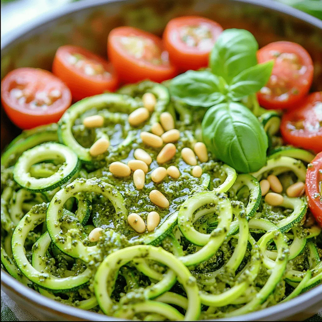 - 3 mittelgroße Zucchinis - 1 Tasse frische Basilikumblätter - 1/3 Tasse Pinienkerne oder Walnüsse - 2 Knoblauchzehen, fein gehackt - 1/4 Tasse frisch geriebener Parmesan oder Nährhefe für vegane Option - 1/2 Tasse natives Olivenöl extra - Salz und Pfeffer nach Geschmack - Cherry-Tomaten zur Garnitur - Frische Basilikumblätter zur Garnitur Für dieses Rezept sind die Zutaten einfach zu finden. Zucchini ist leicht erhältlich und frisch. Die frischen Basilikumblätter bringen einen tollen Geschmack. Wenn du es magst, kannst du auch Walnüsse statt Pinienkerne verwenden. Das gibt dem Pesto einen anderen, aber leckeren Geschmack. Parmesan ist klassisch, aber Nährhefe ist eine gute Wahl für Veganer. Vergiss nicht, die Cherry-Tomaten für die Garnitur zu nutzen. Sie machen das Gericht bunt und appetitlich. Das Rezept ist perfekt für ein schnelles Abendessen. Du brauchst nur 30 Minuten für die Zubereitung. Mit diesen frischen Zutaten wird dein Gericht gesund und lecker. Schau dir die vollständige Anleitung im Full Recipe an, um loszulegen! Um Zucchini-Nudeln zuzubereiten, nehme ich einen Spiralschneider. Alternative dazu verwende ich einen Gemüseschäler. Damit forme ich die Zucchinis in feine Nudeln. Diese lege ich in ein Sieb und streue etwas Salz darüber. Nach 15 Minuten lassen die Zucchini Feuchtigkeit ab. Dies hilft, die Nudeln knackig zu halten. Für das Pesto benutze ich eine Küchenmaschine. Ich gebe frische Basilikumblätter, Pinienkerne, gehackten Knoblauch und Parmesan hinein. Dann pulsiere ich die Mischung, bis sie grob gehackt ist. Während die Maschine läuft, gieße ich langsam das Olivenöl dazu. So erreiche ich die perfekte Konsistenz. Ich schmecke das Pesto mit Salz und Pfeffer ab. Ich erhitze eine große Pfanne bei mittlerer Hitze. Dort brate ich die Zucchini-Nudeln für etwa 2-3 Minuten an. Sie sollten weich, aber noch bissfest sein. Überkochen vermeide ich, damit die Textur bleibt. Danach nehme ich die Pfanne vom Herd. Ich vermenge die warmen Zucchini-Nudeln mit dem Pesto. So sind sie gleichmäßig bedeckt. Für das vollständige Rezept besuche [Full Recipe]. Um die perfekten Zucchini-Nudeln zu machen, ist es wichtig, sie nicht zu überkochen. Überkochen macht sie matschig. Halte die Zucchini beim Kochen für 2-3 Minuten in der Pfanne. Sie sollen weich werden, aber noch Biss haben. Eine gute Idee ist es auch, verschiedene Gemüsesorten zu verwenden. Du könntest Karotten oder Paprika hinzufügen, um mehr Farben und Aromen zu bekommen. Wenn es um Pesto geht, gibt es viele Möglichkeiten. Du kannst die Pinienkerne durch Walnüsse ersetzen. Walnüsse geben dem Pesto einen anderen Geschmack. Auch ein Spritzer Zitrone kann das Pesto erfrischen. Die Zitrone bringt eine leichte Säure, die gut mit dem Basilikum harmoniert. Für die Präsentation ist ein schöner Teller wichtig. Lege die Zucchini-Nudeln in eine flache Schüssel. Träufle etwas zusätzliches Pesto darüber, um das Gericht lebendig zu machen. Du kannst auch einige halbierte Cherry-Tomaten und frische Basilikumblätter dazugeben. Das sieht nicht nur gut aus, sondern schmeckt auch toll. Für Beilagen empfehle ich einen frischen Salat oder ein Glas Weißwein. Diese passen gut zu den Zucchini-Nudeln und dem Pesto. {{image_4}} Zucchini-Nudeln mit Pesto sind sehr flexibel. Du kannst Parmesan durch eine vegane Alternative ersetzen. Nährhefe ist eine gute Wahl, um das Pesto herzhaft zu machen. Wenn du etwas mehr Gemüse magst, füge gebratenes Gemüse hinzu. Paprika, Spinat oder Zucchini passen gut. Sie bringen Farbe und Geschmack ins Gericht. Möchtest du mehr Proteine? Füge Hähnchen oder Garnelen hinzu. Diese Ergänzungen machen das Gericht nahrhafter und sättigender. Du kannst auch glutenfreie Pasta verwenden. Kombiniere sie mit Zucchini-Nudeln für eine interessante Textur. So hast du eine tolle Mischung aus Geschmack und Gesundheit. Für vollständige Details schau dir das Full Recipe an. Zucchini-Nudeln brauchen Pflege. Lagern Sie sie im Kühlschrank. Legen Sie sie in einen luftdichten Behälter. So bleiben sie frisch. Verbrauchen Sie sie innerhalb von zwei Tagen. Haben Sie Reste? Sie können die Nudeln in anderen Gerichten verwenden. Fügen Sie sie in Salate ein oder mischen Sie sie in Omeletts. Sie passen gut zu vielen Speisen. Pesto ist sehr lecker, aber auch empfindlich. Lagern Sie frisches Pesto im Kühlschrank. Nutzen Sie ein Glas mit Deckel. So bleibt der Geschmack erhalten. Es hält sich bis zu einer Woche. Möchten Sie Pesto länger aufbewahren? Frieren Sie es ein! Verwenden Sie Eiswürfelschalen. So können Sie Portionen leicht entnehmen. Tiefgefroren bleibt das Pesto bis zu drei Monate frisch. Zucchini-Nudeln bleiben frisch für etwa zwei bis drei Tage im Kühlschrank. Lagern Sie sie in einem luftdichten Behälter. Das hilft, die Feuchtigkeit zu bewahren. Um die Frische zu erhalten, sollten Sie sie nicht mit anderen feuchten Lebensmitteln mischen. Überprüfen Sie die Nudeln täglich. Wenn sie matschig werden, ist es Zeit, sie zu entsorgen. Ja, Sie können Zucchini-Nudeln im Voraus zubereiten. Es ist praktisch, sie einen Tag vorher zu machen. Verwenden Sie einen Spiralschneider oder einen Gemüseschäler, um die Zucchini zu schneiden. Streuen Sie etwas Salz darauf und lassen Sie sie 15 Minuten ruhen. Dies entzieht die überschüssige Feuchtigkeit. Bewahren Sie die Nudeln im Kühlschrank in einem luftdichten Behälter auf. So bleiben sie frisch bis zur Verwendung. Um Pesto cremiger zu machen, fügen Sie mehr Olivenöl hinzu. Gießen Sie es langsam in die Küchenmaschine, während sie läuft. Dies hilft, die Zutaten gut zu vermischen. Sie können auch einen Löffel Wasser hinzufügen, um die Konsistenz anzupassen. Für einen reichhaltigen Geschmack können Sie mehr Parmesan oder einen Schuss Sahne verwenden. Experimentieren Sie mit den Mengen, bis es Ihnen gefällt. Zucchini-Nudeln sind einfach zuzubereiten und gesund. Mit frischem Pesto und einfachen Zutaten kannst du ein leckeres Gericht zaubern. Denke daran, die richtige Textur der Nudeln zu bewahren. Variationen wie veganes Pesto oder verschiedene Nüsse bringen neuen Geschmack. Speichere Reste richtig, um den vollen Genuss zu bewahren. Egal, ob du sie als Hauptgericht oder Beilage servierst, du hast viele Optionen. Probiere es aus und entdecke deine eigene Lieblingsversion!