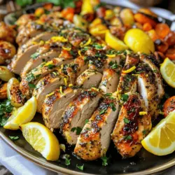 - 4 Hähnchenbrustfilets - 60 ml frischer Zitronensaft Die Hauptzutaten sind einfach und frisch. Hähnchenbrustfilets bieten eine gute Basis für dieses Rezept. Frischer Zitronensaft bringt den Zest und die Frische in das Gericht. - Thymian und Rosmarin - Salz und Pfeffer Thymian und Rosmarin verleihen dem Hühnchen einen tollen Geschmack. Diese Kräuter passen perfekt zu Hühnchen und verstärken den Zitronengeschmack. Salz und Pfeffer sind wichtig, um die Aromen zu betonen. - Olivenöl, Knoblauch, Honig und Dijon-Senf Die Marinade ist der Schlüssel zu einem saftigen Ergebnis. Olivenöl sorgt für Zartheit. Knoblauch gibt einen starken, herzhaften Geschmack. Honig fügt eine süße Note hinzu, die sich gut mit der Säure der Zitrone verbindet. Dijon-Senf bringt eine leichte Schärfe in die Mischung. Diese Marinade macht das Hühnchen besonders lecker und aromatisch. Für das gesamte Rezept schaue dir die [Full Recipe] an. Um die Marinade zu machen, mische zuerst folgende Zutaten in einer Schüssel: - 60 ml frischer Zitronensaft - 45 ml Olivenöl - 4 Knoblauchzehen, fein gehackt - 1 Esslöffel Honig - 2 Teelöffel Dijon-Senf - 1 Esslöffel frische Thymianblätter - 1 Esslöffel frischer Rosmarin, gehackt - Salz und Pfeffer nach Geschmack - Abgeriebene Schale von 1 Zitrone Rühre alles gut um, bis die Marinade glatt ist. Dann lege die 4 Hähnchenbrustfilets in einen großen, verschließbaren Beutel oder eine flache Schüssel. Gieße die Marinade darüber und stelle sicher, dass jedes Stück gut bedeckt ist. Verschließe den Beutel oder decke die Schüssel ab. Lass das Hähnchen mindestens 30 Minuten und bis zu 2 Stunden im Kühlschrank marinieren, um den Geschmack zu intensivieren. Heize deinen Grill oder eine große Pfanne auf mittlere bis hohe Hitze vor. Wenn du eine Pfanne verwendest, füge etwas Öl hinzu, um das Ankleben zu verhindern. Nimm die Hähnchenbrustfilets aus der Marinade und lasse die überschüssige Marinade abtropfen. Die restliche Marinade kannst du entsorgen. Grill oder brate die Hähnchenbrustfilets etwa 6 bis 7 Minuten auf jeder Seite, bis sie ganz durchgegart sind. Die Innentemperatur sollte 75°C erreichen. Lass das Hähnchen nach dem Garen 5 Minuten ruhen. Dies hilft, die Säfte im Fleisch zu verteilen und macht das Hähnchen saftiger. Schneide das Hühnchen in Scheiben und richte es auf einer Servierplatte an. Garniere das Gericht mit frisch gehackter Petersilie für einen frischen Akzent. Wenn du magst, serviere das Hühnchen mit geröstetem Gemüse oder einem Salat. Füge einige Zitronenschnitze hinzu, um das Gericht ansprechend zu gestalten. Für das vollständige Rezept, besuche [Full Recipe]. Die Marinierzeit ist wichtig für den Geschmack. Ich empfehle, das Hühnchen mindestens 30 Minuten zu marinieren, aber bis zu 2 Stunden sind ideal. So zieht die Marinade gut ein und verleiht dem Fleisch viel Aroma. Die Innentemperatur ist entscheidend für saftiges Hühnchen. Du solltest ein Fleischthermometer verwenden. Das Hähnchen muss 75°C erreichen, damit es durchgegart ist. So bleibt es zart und saftig. Eine ansprechende Präsentation macht das Gericht noch besser. Serviere das Hühnchen mit saisonalem, geröstetem Gemüse oder einem frischen Salat. Arrangiere die Scheiben fächerartig auf einer großen Platte. Träufele die restlichen Säfte darüber. Füge Zitronenschnitze rund um den Teller hinzu für einen frischen Look. {{image_4}} Du kannst Kräuter nach deinem Geschmack ändern. Verwende Oregano oder Basilikum, wenn du möchtest. Diese Kräuter geben dem Hühnchen eine neue Note. Für einen schärferen Geschmack, füge etwas Chili oder Paprika hinzu. Zu Zesty Lemon Herb Chicken passen viele Beilagen. Ein frischer Salat ist immer eine gute Wahl. Du kannst auch geröstetes Gemüse oder Kartoffeln servieren. Reis passt auch gut dazu. Probiere verschiedene Kombinationen, um dein Gericht zu variieren. Es gibt viele Möglichkeiten für Marinaden. Du kannst Joghurt oder Sojasauce verwenden. Diese Zutaten verleihen dem Hühnchen einen neuen Geschmack. Experimentiere mit verschiedenen Säften, wie Limette oder Orange. So bleibt das Gericht spannend und lecker. Für das vollständige Rezept, schau dir die Full Recipe an. Um das Hühnchen frisch zu halten, lege es in einen luftdichten Behälter. So bleibt es bis zu drei Tage gut. Stelle sicher, dass die Temperatur im Kühlschrank unter 4°C liegt. Wenn du das Hühnchen in Scheiben schneidest, lagere es in einer flachen Schicht, damit es gleichmäßig abkühlt. Wenn du das Hühnchen länger aufbewahren möchtest, friere es ein. Wickele es fest in Frischhaltefolie oder lege es in einen Gefrierbeutel. Stelle sicher, dass du so viel Luft wie möglich entfernst. Das Hühnchen kann bis zu drei Monate gefroren bleiben. Zum Auftauen lege es über Nacht in den Kühlschrank. So bleibt es sicher und behält seinen Geschmack. Übrig gebliebenes Hühnchen ist vielseitig. Du kannst es in Salaten, Wraps oder Sandwiches verwenden. Zerkleinere das Hühnchen für Tacos oder eine herzhafte Suppe. Eine weitere Idee ist, es mit Pasta und Gemüse zu kombinieren. So schaffst du ein schnelles und leckeres Gericht. Das Hühnchen kann auch kalt als Snack serviert werden. Das Hühnchen sollte mindestens 30 Minuten marinieren. So zieht der Geschmack ein. Wenn du mehr Zeit hast, mariniere es bis zu 2 Stunden. Längeres Marinieren macht das Fleisch noch saftiger. Eine gute Marinierzeit bringt die Aromen besser zur Geltung. Ja, du kannst den Dijon-Senf weglassen. Stattdessen kannst du Honig oder Joghurt verwenden. Diese Zutaten geben dem Hühnchen auch einen guten Geschmack. Wenn du keinen Senf magst, probiere etwas Zitronensaft oder Essig. Diese Optionen bieten eine interessante Note. Zu diesem Hühnchen passen viele Beilagen. Ich empfehle geröstetes Gemüse wie Karotten, Zucchini oder Paprika. Ein frischer Salat mit Gurken und Tomaten ist auch toll. Reis oder Quinoa bieten eine gute Basis. Diese Kombinationen ergänzen den Geschmack des Hühnchens perfekt. Dieses Rezept für Zesty Lemon Herb Chicken nutzt frische Zutaten und einfache Schritte. Du kannst Hähnchen mit einer köstlichen Marinade aus Zitrone, Kräutern und Gewürzen zubereiten. Achte auf die richtige Marinierzeit und Temperatur, um es saftig zu halten. Variiere die Kräuter und Beilagen, um neue Geschmäcker zu entdecken. Reste sind ebenso vielseitig und können für neue Gerichte genutzt werden. Mit diesen Tipps bereitest du ein leckeres Essen, das jeder mag. Viel Spaß beim Kochen!