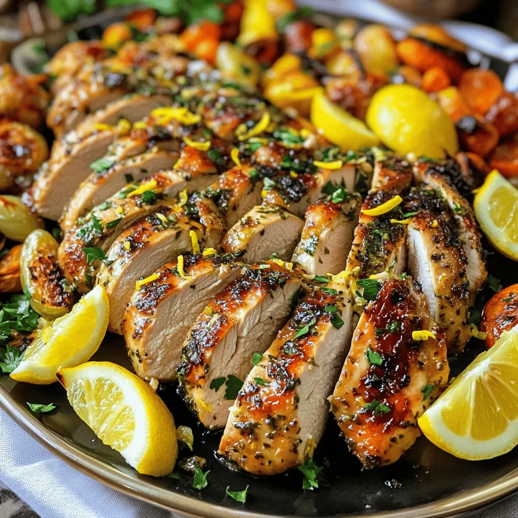 - 4 Hähnchenbrustfilets - 60 ml frischer Zitronensaft Die Hauptzutaten sind einfach und frisch. Hähnchenbrustfilets bieten eine gute Basis für dieses Rezept. Frischer Zitronensaft bringt den Zest und die Frische in das Gericht. - Thymian und Rosmarin - Salz und Pfeffer Thymian und Rosmarin verleihen dem Hühnchen einen tollen Geschmack. Diese Kräuter passen perfekt zu Hühnchen und verstärken den Zitronengeschmack. Salz und Pfeffer sind wichtig, um die Aromen zu betonen. - Olivenöl, Knoblauch, Honig und Dijon-Senf Die Marinade ist der Schlüssel zu einem saftigen Ergebnis. Olivenöl sorgt für Zartheit. Knoblauch gibt einen starken, herzhaften Geschmack. Honig fügt eine süße Note hinzu, die sich gut mit der Säure der Zitrone verbindet. Dijon-Senf bringt eine leichte Schärfe in die Mischung. Diese Marinade macht das Hühnchen besonders lecker und aromatisch. Für das gesamte Rezept schaue dir die [Full Recipe] an. Um die Marinade zu machen, mische zuerst folgende Zutaten in einer Schüssel: - 60 ml frischer Zitronensaft - 45 ml Olivenöl - 4 Knoblauchzehen, fein gehackt - 1 Esslöffel Honig - 2 Teelöffel Dijon-Senf - 1 Esslöffel frische Thymianblätter - 1 Esslöffel frischer Rosmarin, gehackt - Salz und Pfeffer nach Geschmack - Abgeriebene Schale von 1 Zitrone Rühre alles gut um, bis die Marinade glatt ist. Dann lege die 4 Hähnchenbrustfilets in einen großen, verschließbaren Beutel oder eine flache Schüssel. Gieße die Marinade darüber und stelle sicher, dass jedes Stück gut bedeckt ist. Verschließe den Beutel oder decke die Schüssel ab. Lass das Hähnchen mindestens 30 Minuten und bis zu 2 Stunden im Kühlschrank marinieren, um den Geschmack zu intensivieren. Heize deinen Grill oder eine große Pfanne auf mittlere bis hohe Hitze vor. Wenn du eine Pfanne verwendest, füge etwas Öl hinzu, um das Ankleben zu verhindern. Nimm die Hähnchenbrustfilets aus der Marinade und lasse die überschüssige Marinade abtropfen. Die restliche Marinade kannst du entsorgen. Grill oder brate die Hähnchenbrustfilets etwa 6 bis 7 Minuten auf jeder Seite, bis sie ganz durchgegart sind. Die Innentemperatur sollte 75°C erreichen. Lass das Hähnchen nach dem Garen 5 Minuten ruhen. Dies hilft, die Säfte im Fleisch zu verteilen und macht das Hähnchen saftiger. Schneide das Hühnchen in Scheiben und richte es auf einer Servierplatte an. Garniere das Gericht mit frisch gehackter Petersilie für einen frischen Akzent. Wenn du magst, serviere das Hühnchen mit geröstetem Gemüse oder einem Salat. Füge einige Zitronenschnitze hinzu, um das Gericht ansprechend zu gestalten. Für das vollständige Rezept, besuche [Full Recipe]. Die Marinierzeit ist wichtig für den Geschmack. Ich empfehle, das Hühnchen mindestens 30 Minuten zu marinieren, aber bis zu 2 Stunden sind ideal. So zieht die Marinade gut ein und verleiht dem Fleisch viel Aroma. Die Innentemperatur ist entscheidend für saftiges Hühnchen. Du solltest ein Fleischthermometer verwenden. Das Hähnchen muss 75°C erreichen, damit es durchgegart ist. So bleibt es zart und saftig. Eine ansprechende Präsentation macht das Gericht noch besser. Serviere das Hühnchen mit saisonalem, geröstetem Gemüse oder einem frischen Salat. Arrangiere die Scheiben fächerartig auf einer großen Platte. Träufele die restlichen Säfte darüber. Füge Zitronenschnitze rund um den Teller hinzu für einen frischen Look. {{image_4}} Du kannst Kräuter nach deinem Geschmack ändern. Verwende Oregano oder Basilikum, wenn du möchtest. Diese Kräuter geben dem Hühnchen eine neue Note. Für einen schärferen Geschmack, füge etwas Chili oder Paprika hinzu. Zu Zesty Lemon Herb Chicken passen viele Beilagen. Ein frischer Salat ist immer eine gute Wahl. Du kannst auch geröstetes Gemüse oder Kartoffeln servieren. Reis passt auch gut dazu. Probiere verschiedene Kombinationen, um dein Gericht zu variieren. Es gibt viele Möglichkeiten für Marinaden. Du kannst Joghurt oder Sojasauce verwenden. Diese Zutaten verleihen dem Hühnchen einen neuen Geschmack. Experimentiere mit verschiedenen Säften, wie Limette oder Orange. So bleibt das Gericht spannend und lecker. Für das vollständige Rezept, schau dir die Full Recipe an. Um das Hühnchen frisch zu halten, lege es in einen luftdichten Behälter. So bleibt es bis zu drei Tage gut. Stelle sicher, dass die Temperatur im Kühlschrank unter 4°C liegt. Wenn du das Hühnchen in Scheiben schneidest, lagere es in einer flachen Schicht, damit es gleichmäßig abkühlt. Wenn du das Hühnchen länger aufbewahren möchtest, friere es ein. Wickele es fest in Frischhaltefolie oder lege es in einen Gefrierbeutel. Stelle sicher, dass du so viel Luft wie möglich entfernst. Das Hühnchen kann bis zu drei Monate gefroren bleiben. Zum Auftauen lege es über Nacht in den Kühlschrank. So bleibt es sicher und behält seinen Geschmack. Übrig gebliebenes Hühnchen ist vielseitig. Du kannst es in Salaten, Wraps oder Sandwiches verwenden. Zerkleinere das Hühnchen für Tacos oder eine herzhafte Suppe. Eine weitere Idee ist, es mit Pasta und Gemüse zu kombinieren. So schaffst du ein schnelles und leckeres Gericht. Das Hühnchen kann auch kalt als Snack serviert werden. Das Hühnchen sollte mindestens 30 Minuten marinieren. So zieht der Geschmack ein. Wenn du mehr Zeit hast, mariniere es bis zu 2 Stunden. Längeres Marinieren macht das Fleisch noch saftiger. Eine gute Marinierzeit bringt die Aromen besser zur Geltung. Ja, du kannst den Dijon-Senf weglassen. Stattdessen kannst du Honig oder Joghurt verwenden. Diese Zutaten geben dem Hühnchen auch einen guten Geschmack. Wenn du keinen Senf magst, probiere etwas Zitronensaft oder Essig. Diese Optionen bieten eine interessante Note. Zu diesem Hühnchen passen viele Beilagen. Ich empfehle geröstetes Gemüse wie Karotten, Zucchini oder Paprika. Ein frischer Salat mit Gurken und Tomaten ist auch toll. Reis oder Quinoa bieten eine gute Basis. Diese Kombinationen ergänzen den Geschmack des Hühnchens perfekt. Dieses Rezept für Zesty Lemon Herb Chicken nutzt frische Zutaten und einfache Schritte. Du kannst Hähnchen mit einer köstlichen Marinade aus Zitrone, Kräutern und Gewürzen zubereiten. Achte auf die richtige Marinierzeit und Temperatur, um es saftig zu halten. Variiere die Kräuter und Beilagen, um neue Geschmäcker zu entdecken. Reste sind ebenso vielseitig und können für neue Gerichte genutzt werden. Mit diesen Tipps bereitest du ein leckeres Essen, das jeder mag. Viel Spaß beim Kochen!