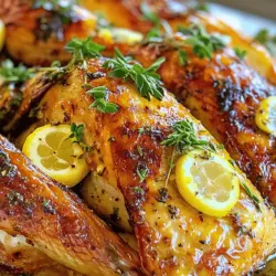 Für dein leckeres Zitronen-Knoblauch-Roast-Hähnchen brauchst du: - 1 ganzes Hähnchen (1,5-2 kg) - 4 Esslöffel Olivenöl - 4 Knoblauchzehen, fein gehackt - Saft und Schale von 2 großen Zitronen - 2 Teelöffel frischer Rosmarin, gehackt (oder 1 Teelöffel getrocknet) - 2 Teelöffel frischer Thymian, gehackt (oder 1 Teelöffel getrocknet) - Salz und Pfeffer nach Geschmack - 1 Teelöffel Paprika - 1 Zitrone, in Scheiben geschnitten (für die Füllung und als Garnitur) - Frische Kräuter zur Garnitur (Petersilie oder Thymian) Frische Kräuter bringen mehr Geschmack ins Gericht. Ich empfehle, frischen Rosmarin und Thymian zu verwenden. Diese Kräuter passen gut zu Hähnchen. Du kannst auch Petersilie oder Estragon hinzufügen, um mehr Frische zu bekommen. Achte darauf, dass die Kräuter frisch sind. Das verbessert den Geschmack deines Hähnchens erheblich. Das Rezept ist von Natur aus glutenfrei, da es kein Brot oder Mehl enthält. Für eine keto-freundliche Option kannst du die Paprika weglassen und mehr Kräuter hinzufügen. Achte auch darauf, keine zuckerhaltigen Marinaden zu verwenden. So bleibt das Gericht niedrig in Kohlenhydraten und lecker. Beginne mit dem Hähnchen, es muss gut vorbereitet werden. Tupfe das Hähnchen mit Küchenpapier trocken. So entfernst du überschüssige Feuchtigkeit. Mache dann eine Marinade aus Olivenöl, Knoblauch und Zitronensaft. Vermische alles in einer Schüssel gut. Lockere die Haut des Hähnchens über der Brust und den Oberschenkeln. Das geht am besten mit deinen Fingern. Sei vorsichtig, damit die Haut nicht reißt. Reibe dann einen Teil der Marinade direkt unter die Haut. Dadurch wird das Hähnchen saftiger und voller Geschmack. Verteile die restliche Marinade gleichmäßig über das Hähnchen. Achte darauf, dass es überall bedeckt ist. Fülle die Höhle des Hähnchens mit Zitronenscheiben und frischen Kräutern. Das gibt zusätzliches Aroma. Binde die Beine mit Küchengarn zusammen und stecke die Flügel unter den Körper. Das hilft beim Garen. Heize den Ofen auf 220 °C vor. Das ist wichtig für eine knusprige Haut. Lege das Hähnchen in eine Bratform. Brate das Hähnchen etwa 1 Stunde bis 1 Stunde und 15 Minuten. Die Innentemperatur sollte 75 °C erreichen. Um die Haut extra knusprig zu machen, schalte in den letzten 5-10 Minuten auf Grill. Achte darauf, dass es nicht verbrennt. Das Hähnchen ist fertig, wenn es goldbraun aussieht und der Saft klar ist. Um die Garstufe zu überprüfen, steche mit einem Fleischthermometer in die dickste Stelle des Oberschenkels. Achte darauf, dass der Thermometer nicht den Knochen berührt. Wenn die Temperatur 75 °C zeigt, ist das Hähnchen fertig. Lass das Hähnchen nach dem Garen 15 Minuten ruhen. So verteilen sich die Säfte gut. Danach kannst du es anschneiden und servieren. Verwende die Bratensäfte für zusätzlichen Geschmack. Für das vollständige Rezept besuche den Abschnitt [Full Recipe]. Um die Haut knusprig zu machen, trockne das Hähnchen gut ab. Feuchtigkeit macht die Haut weich. Reibe dann etwas Olivenöl über die Haut. Das hilft, eine goldene Farbe zu erreichen. Wenn du das Hähnchen in den Ofen gibst, stelle sicher, dass der Ofen heiß ist. Ein hoher Ofen macht die Haut schön knusprig. Schalte in den letzten Minuten den Grill ein. Behalte das Hähnchen dabei im Auge, um ein Verbrennen zu vermeiden. Die Marinade ist der Schlüssel zu viel Geschmack. Mische frische Kräuter wie Rosmarin und Thymian mit Zitronensaft und Knoblauch. Verwende auch Salz und Pfeffer, um die Aromen hervorzuheben. Schiebe die Marinade unter die Haut. Das bringt den Geschmack direkt ins Fleisch. Lass das Hähnchen mindestens eine Stunde marinieren. So kann der Geschmack gut einziehen. Du kannst auch über Nacht marinieren für noch mehr Intensität. Vermeide es, das Hähnchen zu früh aus dem Kühlschrank zu nehmen. Es sollte Raumtemperatur erreichen, bevor es in den Ofen kommt. Das sorgt für gleichmäßiges Garen. Überfülle das Hähnchen nicht mit der Füllung. Wenn du zu viel hineinlegst, kann es nicht gleichmäßig garen. Achte darauf, die Haut nicht zu zerreißen, wenn du die Marinade einreibst. Das lässt die Säfte entweichen und macht die Haut weniger knusprig. {{image_4}} Du kannst das Zitronen-Knoblauch-Hühnchen leicht anpassen. Probiere verschiedene Kräuter aus, um neue Aromen zu entdecken. Basilikum bringt eine süße Note. Oregano gibt einen herzhaften Geschmack. Petersilie sorgt für Frische. Frische Kräuter sind am besten, aber getrocknete Varianten funktionieren auch. Denke daran, die Menge anzupassen. Die richtigen Beilagen machen das Essen leckerer. Probiere knusprige Ofenkartoffeln oder einen frischen Salat. Gegrilltes Gemüse ist auch eine tolle Wahl. Reis mit Zitronengeschmack passt gut dazu. Eine cremige Polenta bringt eine schöne Textur. Du kannst sogar ein einfaches Brot servieren, um die Säfte aufzutunken. Für mehr Schärfe füge Paprika oder Cayennepfeffer zur Marinade hinzu. Du kannst auch frische Chilis verwenden. Eine würzige Sauce als Dip macht es spannend. Experimentiere mit Senf oder Honig für eine süß-würzige Mischung. Denke daran, die Schärfe langsam zu erhöhen, damit es nicht zu scharf wird. So bleibt das Gericht ausgewogen und lecker. Für das vollständige Rezept schau dir das [Full Recipe] an. Um das Hähnchen frisch zu halten, lagere die Reste in einem luftdichten Behälter. Achte darauf, dass das Hähnchen vollständig abgekühlt ist, bevor du es verpackst. Im Kühlschrank hält es sich bis zu drei Tage. Vor dem Servieren kannst du es einfach wieder aufwärmen. Wenn du mehr Reste hast, kannst du das Hähnchen auch einfrieren. Teile das Hähnchen in Portionen und lege sie in gefriergeeignete Beutel. Achte darauf, die Luft herauszudrücken, um Gefrierbrand zu vermeiden. Das Hähnchen hält sich bis zu drei Monate im Gefrierfach. Um es aufzutauen, lege die Portionen über Nacht in den Kühlschrank. Du kannst das Hähnchen auch in der Mikrowelle auftauen, wenn es schnell gehen muss. Verwende das restliche Hähnchen in verschiedenen Gerichten. Du kannst es in Salate schneiden oder für Wraps verwenden. Mische es mit Pasta und Gemüse für ein schnelles Abendessen. Auch in Suppen oder Eintöpfen macht sich das Hähnchen gut. Die Möglichkeiten sind endlos, und es spart dir Zeit in der Küche. Lassen Sie das Hähnchen nach dem Garen 15 Minuten ruhen. Das hilft, die Säfte zu verteilen. Wenn das Hähnchen ruhen kann, bleibt es saftig. Dies ist wichtig für den besten Geschmack. Sie können auch andere Geflügelarten wie Pute verwenden. Diese haben oft einen ähnlichen Geschmack. Auch Quinoa oder Tofu sind gute Optionen für Veganer. Beide nehmen die Aromen gut auf und sind gesund. Verdoppeln oder verdreifachen Sie einfach die Zutaten. Achten Sie darauf, dass Sie genügend Platz im Ofen haben. Überprüfen Sie die Garzeit, da größere Portionen länger brauchen. Benutzen Sie ein Fleischthermometer für beste Ergebnisse. Ja, das geht! Verwenden Sie die gleiche Marinade. Braten Sie das Hähnchen vorher an, wenn Sie es knusprig mögen. Stellen Sie den Slow Cooker auf niedrig und garen Sie es 6-7 Stunden. So bleibt das Fleisch zart. Frischer Thymian und Rosmarin sind ideal für diesen Geschmack. Sie bringen die Aromen der Zitrone und des Knoblauchs hervor. Auch Oregano oder Salbei passen gut dazu. Experimentieren Sie gern mit verschiedenen Kräutern! Zusammengefasst haben wir die besten Zutaten für das Hähnchen, die Zubereitungsmethoden und wertvolle Tipps diskutiert. Du hast erfahren, wie du knusprige Haut erhältst und das Hähnchen perfekt würzt. Variationen wie Zitronen-Knoblauch-Hühnchen machen das Gericht spannend. Die Aufbewahrungshinweise helfen dir, Reste richtig zu lagern und kreativ zu nutzen. Ich hoffe, diese Tipps machen das Kochen einfacher und leckerer für dich. Probier die verschiedenen Ideen aus und entdecke deinen neuen Lieblingsgeschmack. Viel Spaß beim Kochen!