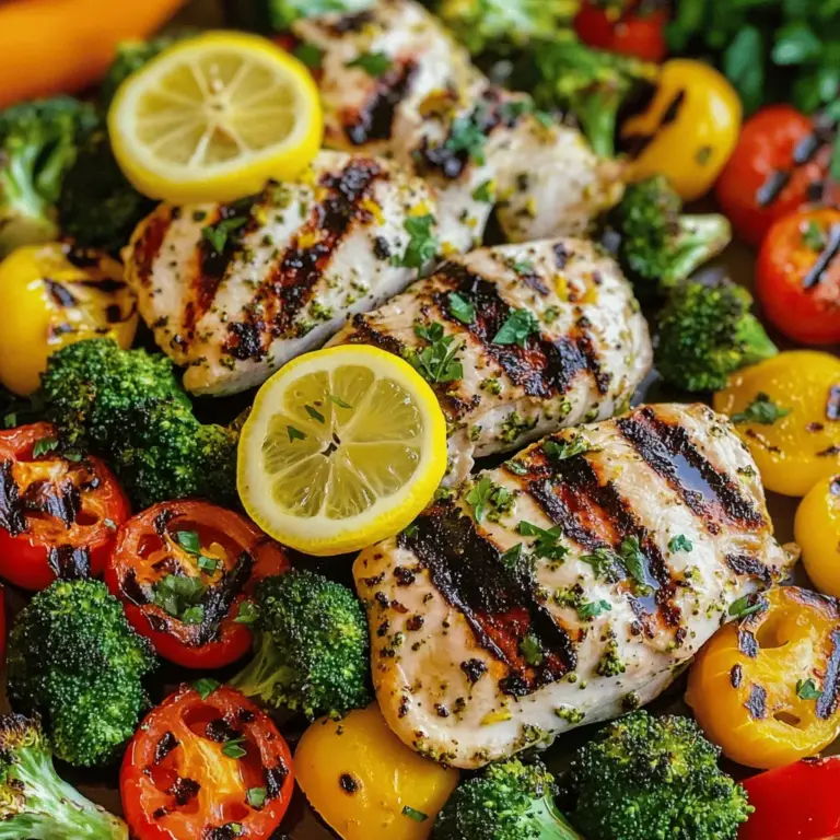 - 4 Hähnchenbrustfilets ohne Haut und Knochen - 2 Zitronen (Schale und Saft) - 2 Tassen Brokkoliröschen - 1 Paprika, in Streifen geschnitten - 1 Tasse Kirschtomaten, halbiert - 1 mittelgroße rote Zwiebel, in Spalten geschnitten - 1 Esslöffel frischer Rosmarin, gehackt - 1 Esslöffel frischer Thymian, gehackt Die Hauptzutaten sind einfach und frisch. Hähnchenbrustfilets sind mager und zart. Zitronen bringen Frische und Säure. Frische Kräuter wie Rosmarin und Thymian geben dem Gericht Tiefe. Das Gemüse sorgt für Farbe und Nährstoffe. - 60 ml Olivenöl - Salz und Pfeffer nach Geschmack - 4 Knoblauchzehen, fein gehackt Die Marinade ist der Schlüssel zu einem guten Geschmack. Olivenöl macht das Hähnchen zart. Knoblauch gibt ein tolles Aroma. Salz und Pfeffer bringen die Aromen zum Vorschein. Ich empfehle, die Marinade gut zu mischen. So bekommt das Hähnchen den besten Geschmack. - Portionenanzahl: 4 - Nährwertangaben: Je Portion ca. 350 Kalorien, 30g Protein, 15g Fett Das Rezept ergibt vier Portionen. Es ist eine gesunde Wahl für die ganze Familie. Die Nährwerte sind ansprechend. Sie liefern eine gute Menge an Protein. So bleibt man energiegeladen und satt. Sie können das Rezept leicht anpassen, um mehr Portionen zu machen. Weitere Details finden Sie im Full Recipe. Heize deinen Ofen auf 200°C vor. Ein großes Backblech mit Backpapier auslegen, macht die Reinigung einfach. Während der Ofen heizt, kannst du die Marinade herstellen. In einer Rührschüssel mische den Zitronensaft, die Zitronenschale, Rosmarin, Thymian, gehackten Knoblauch, Olivenöl, Salz und Pfeffer. Rühre gut um, bis alles vermischt ist. Nimm die Hähnchenbrustfilets und lege sie in die Schüssel mit der Marinade. Stelle sicher, dass jedes Stück gut bedeckt ist. Lass das Hähnchen mindestens 15 bis 30 Minuten marinieren. Wenn du mehr Zeit hast, kannst du es auch bis zu zwei Stunden im Kühlschrank lassen. So wird der Geschmack intensiver. Jetzt ist es Zeit, das Gemüse vorzubereiten. Schneide den Brokkoli in kleine Röschen und die Paprika in Streifen. Halbiere die Kirschtomaten und schneide die rote Zwiebel in Spalten. In einer separaten Schüssel vermenge das geschnittene Gemüse mit Olivenöl, Salz und Pfeffer. Das sorgt für einen tollen Geschmack. Mische alles gut, damit das Gemüse gleichmäßig bedeckt ist. Wenn du das Gemüse und das Hähnchen vorbereitet hast, kannst du alles auf dem Backblech anrichten. Lege die marinierten Hähnchenfilets in die Mitte. Verteile das Gemüse darum. Gieße die restliche Marinade über alles. So bekommst du ein leckeres, saftiges Gericht. - Innentemperatur des Hähnchens: Achte darauf, dass das Hähnchen eine Innentemperatur von 75°C hat. Das stellt sicher, dass es sicher zu essen ist. Verwende ein Fleischthermometer für genaue Ergebnisse. - Gemüse richtig garen: Das Gemüse sollte zart, aber nicht matschig sein. Backe es zusammen mit dem Hähnchen. So bleibt es knackig und nimmt den Geschmack auf. - Grillfunktion nutzen: Nutze die Grillfunktion in den letzten Minuten des Garens. Das verleiht dem Hähnchen eine schöne, knusprige Oberfläche. - Tipps zur Oberflächenbräunung: Wenn du die Grillfunktion nutzt, beobachte das Gericht genau. So verhinderst du, dass es verbrennt. - Alternative Marinaden: Probiere verschiedene Marinaden aus. Eine Mischung aus Honig und Senf kann dem Hähnchen einen süßen und würzigen Geschmack geben. - Zusätzliche Kräuter und Gewürze: Füge frische Kräuter wie Basilikum oder Petersilie hinzu. Sie machen das Gericht noch aromatischer. Experimentiere mit Gewürzen wie Paprika oder Kreuzkümmel für mehr Tiefe. Für das vollständige Rezept, schaue dir das [Full Recipe] an. {{image_4}} Für das Gericht kann man saisonales Gemüse verwenden. Frische Zutaten bringen tollen Geschmack. Achte auf das, was im Angebot ist. Brokkoli, Paprika und Kirschtomaten sind klasse, aber du kannst auch Zucchini oder Karotten nehmen. Sie passen gut zu Hühnchen und sind gesund. Wenn du kein Hühnchen magst, kannst du andere Fleischsorten nutzen. Putenbrust oder Schweinefilets sind gute Alternativen. Diese Optionen bringen eigene Aromen ins Gericht. Du kannst auch vegetarische Alternativen ausprobieren. Tofu oder Kichererbsen sind lecker und sättigend. Sie nehmen die Marinade gut auf. Um mehr Geschmack zu bringen, nutze Zitronenpfeffer oder andere Gewürzmischungen. Diese sorgen für eine spannende Note. Experimentiere auch mit verschiedenen Ölen, wie Avocado- oder Sesamöl. Jedes Öl hat seinen eigenen Charakter und kann das Gericht verändern. Das macht das Kochen noch spannender! Wenn Sie Reste von Ihrem Sheet Pan Lemon Herb Chicken und Veggies haben, lagern Sie sie im Kühlschrank. Verwenden Sie einen luftdichten Behälter. So bleiben die Aromen frisch. Sie können das Gericht bis zu drei Tage im Kühlschrank aufbewahren. Um die Reste aufzuwärmen, nutzen Sie den Ofen. Heizen Sie ihn auf 175°C vor. Legen Sie das Essen auf ein Backblech. Decken Sie es mit Folie ab. Dies verhindert das Austrocknen. Erwärmen Sie es für etwa 15 bis 20 Minuten. Die maximale Lagerzeit im Kühlschrank beträgt drei Tage. Nach dieser Zeit kann das Essen verderben. Achten Sie auf Gerüche oder Verfärbungen. Wenn es komisch riecht oder anders aussieht, werfen Sie es weg. Sie können das Gericht auch einfrieren. Teilen Sie die Portionen in geeignete Behälter auf. Achten Sie darauf, dass die Behälter gefrierfest sind. So bleibt das Essen bis zu drei Monate frisch. Um nach dem Einfrieren aufzuwärmen, nehmen Sie eine Portion heraus. Lassen Sie sie im Kühlschrank über Nacht auftauen. Danach können Sie sie im Ofen bei 175°C für 20 Minuten erwärmen. So bleibt das Essen schmackhaft und saftig. Eine empfohlene Marinierzeit für das Hähnchen liegt zwischen 15 und 30 Minuten. Dies gibt dem Fleisch Zeit, die Aromen der Marinade aufzunehmen. Wenn Sie mehr Zeit haben, können Sie es bis zu 2 Stunden im Kühlschrank mariniert lassen. Längeres Marinieren macht das Hähnchen noch saftiger und geschmackvoller. Ja, Sie können andere Kräuter verwenden. Petersilie, Oregano oder Basilikum sind tolle Alternativen. Diese Kräuter haben unterschiedliche Geschmäcker. Petersilie bringt Frische, während Oregano einen herzhaften Ton hinzufügt. Experimentieren Sie mit Kräutern, um Ihren eigenen Geschmack zu finden. Für ein komplettes Essen passen viele Beilagen gut zu diesem Gericht. Reis oder Quinoa sind nahrhaft und sättigend. Ein einfacher grüner Salat ergänzt die Aromen perfekt. Auch knuspriges Brot eignet sich gut, um die Bratensäfte aufzutunken. Ja, Sie können das Hähnchen auch grillen oder in einer Pfanne braten. Grillen gibt dem Hähnchen einen rauchigen Geschmack. Achten Sie darauf, das Hähnchen regelmäßig zu wenden, damit es gleichmäßig gart. Braten in der Pfanne ist ebenfalls einfach und schnell. Die Marinade sorgt weiter für viel Geschmack. Um ein leckeres Gericht mit Hähnchen und Gemüse zuzubereiten, haben wir alle wichtigen Schritte besprochen. Wir haben über die besten Zutaten, Marinaden und Gartechniken gesprochen. Tipps zur perfekten Garzeit und Variationen der Rezepte bieten viel Raum zum Experimentieren. Mit den richtigen Lagermethoden bleibt Ihr Essen frisch und schmackhaft. Denken Sie daran, dass Kochen kreativ ist. Trauen Sie sich, mit Aromen zu spielen und Neues auszuprobieren. So werden Ihre Mahlzeiten immer besonders.
