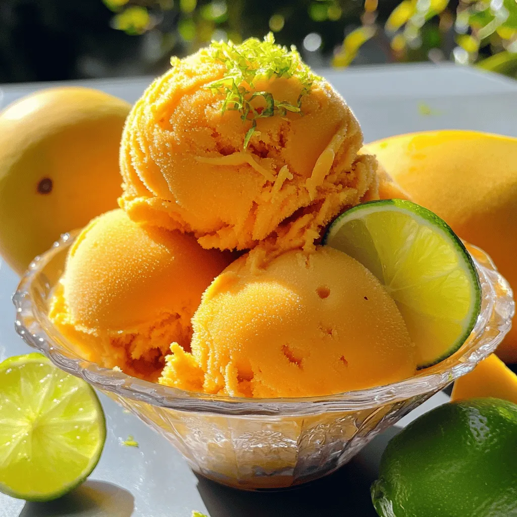 Um ein perfektes Mango Sorbet zu machen, brauchst du nur einige einfache Zutaten. Diese sind: - 3 reife Mangos, geschält und in Stücke geschnitten - 120 g Zucker (1/2 Tasse) - 60 ml frischer Limettensaft (1/4 Tasse) - 240 ml Kokoswasser (1 Tasse) - 1 Teelöffel Vanilleextrakt - Eine Prise Salz Diese Zutaten sorgen für die perfekte Balance von Süße und Frische. Die Mangos geben dem Sorbet seinen fruchtigen Geschmack. Der Zucker hilft, die natürliche Süße der Mangos zu verstärken. Der Limettensaft bringt eine angenehme Säure, die das Sorbet aufhellt. Das Kokoswasser sorgt für eine cremige Textur und zusätzlichen Geschmack. Vanilleextrakt fügt eine warme Note hinzu, während das Salz die Aromen abrundet. Neben den Hauptzutaten gibt es einige zusätzliche Zutaten, die du nutzen kannst. Diese Zutaten sind nicht zwingend notwendig, aber sie können das Sorbet interessanter machen. - Minzblätter: Sie bringen einen frischen Geschmack und sehen schön aus. - Frische Früchte: Du kannst kleine Stücke von anderen Früchten hinzufügen, um mehr Textur zu erhalten. - Kokosmilch: Diese macht das Sorbet noch cremiger und gibt einen tropischen Touch. Jede dieser Zutaten hat ihre eigene Funktion. Minze macht das Sorbet kühler, während frische Früchte mehr Aromen hinzufügen. Die Auswahl der richtigen Mangos ist wichtig für ein gutes Sorbet. Hier sind einige Tipps, die dir helfen: - Aussehen: Wähle Mangos, die eine reiche Farbe haben. Eine gute Mango hat oft eine gelbe bis rötliche Schale. - Fühltest: Die Mangos sollten leicht nachgeben, wenn du sie drückst. Sie sollten weich, aber nicht matschig sein. - Geruch: Rieche an der Mango. Sie sollte süß riechen, besonders am Stielansatz. Wenn du diese Tipps befolgst, kannst du sicherstellen, dass dein Sorbet voller Geschmack ist. Für das beste Ergebnis verwende reife Mangos. So wird dein Mango Sorbet köstlicher Genuss im Sommer. Wenn du bereit bist, probiere das Rezept für Mango Tango Sorbet aus! Um die perfekte Mangomischung zu machen, beginne mit reifen Mangos. Du benötigst drei große Mangos, geschält und in Stücke geschnitten. Lege die Mangostücke in einen Mixer. Füge dann 120 g Zucker, 60 ml frischen Limettensaft, 240 ml Kokoswasser, 1 Teelöffel Vanilleextrakt und eine Prise Salz hinzu. Mixe alles gut, bis die Mischung glatt ist. Probiere die Mischung und füge nach Bedarf mehr Zucker hinzu. Gieße die fertige Mischung in eine flache Schale oder einen gefrierfesten Behälter. Stelle den Behälter für etwa 1-2 Stunden in den Gefrierschrank. Nach einer Stunde nimmst du eine Gabel und lockerst die Mischung auf. Das verhindert die Bildung von Eiskristallen. Lasse das Sorbet eine weitere Stunde gefrieren, bis es fest, aber löffelfähig ist. Bevor du das Sorbet servierst, lass es 5-10 Minuten bei Raumtemperatur stehen. So wird es ein wenig weicher. Entnehme dann mit einem Löffel Portionen. Du kannst das Mango Tango Sorbet mit frischen Minzblättern oder einer Limettenscheibe garnieren. Dies gibt Farbe und Aroma. Jetzt kannst du das erfrischende Sorbet genießen! Ein häufiger Fehler ist, die Mangos nicht richtig auszuwählen. Reife Mangos sind weich und duften süß. Wenn sie hart sind, wird das Sorbet nicht gut. Ein weiterer Fehler: Zu viel Zucker hinzufügen. Beginne mit der angegebenen Menge und passe es später an. Das verhindert ein zu süßes Ergebnis. Die Konsistenz ist wichtig für ein gutes Sorbet. Nach dem ersten Gefrieren solltest du die Mischung mit einer Gabel auflockern. Das hilft, Eiskristalle zu vermeiden. Rühre alle 30 bis 60 Minuten um. Dadurch bleibt das Sorbet cremig. Wenn du es zu lange gefrieren lässt, wird es hart und schwer zu löffeln. Du kannst Mango Sorbet sowohl mit einem Mixer als auch mit einer Eismaschine machen. Ein Mixer ist einfach und schnell. Gib einfach alle Zutaten hinein und püriere sie. Eine Eismaschine sorgt für eine noch cremigere Textur. Wenn du eine Eismaschine hast, benutze sie für das beste Ergebnis. Beide Methoden sind jedoch effektiv, um ein köstliches Mango Tango Sorbet zuzubereiten. {{image_4}} Mango Sorbet ist ein klasse Genuss. Doch du kannst es noch besser machen! Probiere verschiedene Geschmäcker. Füge Minze hinzu, um eine frische Note zu bekommen. Ein Schuss Ingwer bringt Wärme und Tiefe. Du kannst auch Kokosmilch verwenden, damit es cremiger wird. Das Rezept bleibt einfach. Du kannst deiner Fantasie freien Lauf lassen! Mango muss nicht die einzige Frucht sein. Du kannst auch andere Früchte verwenden. Erdbeeren geben süße Frische. Ananas bringt tropisches Flair. Himbeeren sorgen für eine schöne Farbe und einen tollen Geschmack. Mixe verschiedene Früchte, um neue Kombinationen zu finden. Die Möglichkeiten sind endlos! Das vegane Mango Sorbet ist einfach und lecker. Hier ist das Rezept: - 3 reife Mangos, geschält und in Stücke geschnitten - 120 g Zucker (1/2 Tasse) - 60 ml frischer Limettensaft (1/4 Tasse) - 240 ml Kokoswasser (1 Tasse) - 1 Teelöffel Vanilleextrakt - Eine Prise Salz Befolge die Schritte im Full Recipe. Du wirst es lieben, wie frisch und fruchtig es schmeckt! Um Ihr Mango Sorbet frisch zu halten, lagern Sie es in einem luftdichten Behälter. Wählen Sie einen Behälter, der gut schließt. Das verhindert, dass Luft eindringt. Stellen Sie den Behälter in den Gefrierschrank. Halten Sie das Sorbet fern von heißen oder kalten Stellen. Mango Sorbet bleibt etwa zwei bis drei Wochen frisch. Nach dieser Zeit kann die Textur leiden. Achten Sie darauf, das Sorbet nicht zu lange zu lagern. Die beste Zeit zum Genießen ist in den ersten zwei Wochen nach der Zubereitung. Wenn das Sorbet zu fest wird, lassen Sie es kurz bei Raumtemperatur stehen. Warten Sie etwa 5 bis 10 Minuten. Nach dieser Zeit können Sie es leicht mit einem Löffel portionieren. Alternativ können Sie das Sorbet in den Mixer geben. Fügen Sie ein wenig Kokoswasser hinzu, um die Konsistenz wiederherzustellen. So bleibt Ihr Mango Sorbet cremig und lecker! Das Rezept für dieses köstliche Mango Sorbet finden Sie im [Full Recipe]. Selbstgemachtes Mango Sorbet hält sich im Gefrierschrank etwa 1 bis 2 Monate. Stellen Sie sicher, dass Sie es in einem luftdichten Behälter aufbewahren. So bleibt die Frische länger erhalten. Achten Sie darauf, das Sorbet gut abzudecken, um Frostbildung zu vermeiden. Nach dieser Zeit kann der Geschmack etwas nachlassen. Ja, gefrorene Mangos sind eine tolle Option! Sie sind oft reif und süß, was Ihr Sorbet noch besser macht. Verwenden Sie sie direkt aus dem Gefrierfach. Lassen Sie sie nur kurz auftauen, damit sie sich gut mixen lassen. Dies spart Zeit und macht das Rezept noch einfacher. Mango Sorbet kann gesund sein, wenn Sie frische Zutaten verwenden. Es enthält natürliche Früchte, die Vitamine und Ballaststoffe bieten. Der Zucker kann jedoch variieren. Wenn Sie weniger Zucker verwenden, wird es noch gesünder. Achten Sie darauf, das Sorbet in Maßen zu genießen. Es ist eine erfrischende und fruchtige Wahl. Mango Sorbet ist einfach und lecker. Wir haben die besten Zutaten und Tipps besprochen. Die Schritte zur Zubereitung sind klar, und wichtige Hinweise helfen dir, Fehler zu vermeiden. Du kannst auch kreativ mit Variationen werden und andere Früchte nutzen. Denke daran, wie du das Sorbet richtig lagerst, damit es frisch bleibt. Jetzt kannst du dein eigenes Mango Sorbet herstellen und genießen!