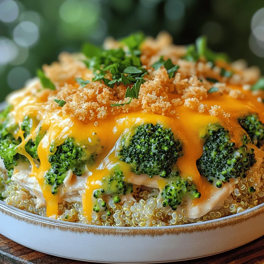 Für den Käse-Brokkoli-Hühnchen-Auflauf brauchen Sie: - 2 Tassen gekochtes Hühnchen, zerrupft - 4 Tassen Brokkoli-Röschen, blanchiert - 1 Tasse gekochte Quinoa oder Reis - 1 Tasse geriebener Cheddar-Käse - 1 Tasse Champignon-Crème-Suppe (oder hausgemacht) - ½ Tasse Sauerrahm - ½ Tasse Milch - 1 Teelöffel Knoblauchpulver - 1 Teelöffel Zwiebelpulver - Salz und Pfeffer nach Geschmack - ½ Tasse Semmelbrösel (für das Topping) - 2 Esslöffel geschmolzene Butter (für das Topping) Frische Zutaten machen den Auflauf besser. Achten Sie auf die folgenden Punkte: - Hühnchen: Wählen Sie frisches oder gut gekochtes Hühnchen für den besten Geschmack. - Brokkoli: Der Brokkoli sollte knackig und grün sein. Vermeiden Sie gelbe oder schlaffe Röschen. - Quinoa oder Reis: Achten Sie darauf, dass diese gut gekocht sind. So halten sie die richtige Textur. - Käse: Verwenden Sie hochwertigen Cheddar für den besten Schmelz und Geschmack. - Suppe: Wenn Sie die Suppe selbst machen, verwenden Sie frische Zutaten für mehr Aroma. Die Zutaten des Auflaufs bieten wertvolle Nährstoffe: - Hühnchen: Eine gute Proteinquelle, die beim Muskelaufbau hilft. - Brokkoli: Reich an Vitaminen und Mineralstoffen, besonders Vitamin C. - Quinoa oder Reis: Liefert Kohlenhydrate zur Energiebereitstellung und Ballaststoffe für die Verdauung. - Käse: Eine Quelle für Kalzium, wichtig für starke Knochen. - Sauerrahm und Milch: Fügen gesunde Fette hinzu, die wichtig für die Zellfunktion sind. Diese Zutaten kombinieren Geschmack und Nährstoffe, um ein leckeres Gericht zu schaffen. Für die detaillierte Zubereitung schauen Sie sich das Full Recipe an. Zuerst heizen Sie Ihren Backofen auf 175 °C vor. Fetten Sie eine große Auflaufform mit etwas Butter oder Kochspray ein. Stellen Sie sicher, dass alles bereit ist, bevor Sie mit dem Kochen beginnen. Dies spart Zeit und macht das Kochen einfacher. In einer großen Schüssel kombinieren Sie die zwei Tassen zerrupftes Hühnchen und die vier Tassen blanchierte Brokkoli-Röschen. Fügen Sie die Tasse gekochte Quinoa oder Reis hinzu. Mischen Sie alles gut mit einem Löffel. Achten Sie darauf, dass alles gleichmäßig verteilt ist. In einer separaten Schüssel verquirlen Sie die Tasse Champignon-Crème-Suppe, die halbe Tasse Sauerrahm und die halbe Tasse Milch. Geben Sie einen Teelöffel Knoblauchpulver und Zwiebelpulver dazu. Würzen Sie die Mischung mit Salz und Pfeffer. Gießen Sie diese cremige Mischung über die Hühnchen- und Brokkoli-Mischung. Falten Sie alles vorsichtig zusammen, bis es gut vermengt ist. Gießen Sie die gesamte Mischung in die vorbereitete Auflaufform. Streuen Sie die Tasse geriebenen Cheddar-Käse gleichmäßig auf die Mischung. Für das Topping mischen Sie die halbe Tasse Semmelbrösel mit zwei Esslöffeln geschmolzener Butter. Streuen Sie die Brösel über den Käse. Backen Sie den Auflauf für 30-35 Minuten, bis er blubbert und goldbraun ist. Lassen Sie den Auflauf nach dem Backen ein paar Minuten ruhen, bevor Sie ihn servieren. Für das vollständige Rezept schauen Sie sich den [Full Recipe] an. Wenn Sie den Käse-Brokkoli-Hühnchen-Auflauf machen, gibt es einige häufige Fehler. Ein häufiger Fehler ist, übergekochten Brokkoli zu verwenden. Er wird dann matschig. Blanchieren Sie den Brokkoli nur kurz, bis er hellgrün ist. Ein weiterer Fehler ist zu wenig Gewürz. Vergessen Sie nicht, Salz und Pfeffer großzügig hinzuzufügen. Das hebt den Geschmack an. Wenn Sie die Mischung zu lange backen, wird der Auflauf trocken. Halten Sie die Zeit im Auge. Der Auflauf sollte 30 bis 35 Minuten backen und goldbraun sein. Es gibt viele Möglichkeiten, um den Auflauf noch besser zu machen. Sie können zum Beispiel verschiedene Käsesorten verwenden. Fügen Sie Gouda oder Mozzarella für einen anderen Geschmack hinzu. Für mehr Gemüse können Sie Karotten oder Blumenkohl hinzufügen. Diese Gemüse sind lecker und gesund. Wenn Sie es schärfer mögen, geben Sie etwas Paprika oder Jalapeños hinzu. Das bringt einen tollen Kick in das Gericht. Das Anrichten des Auflaufs kann einfach und schön sein. Garnieren Sie ihn mit frischer Petersilie. Das bringt Farbe und Frische. Servieren Sie den Auflauf mit einem frischen Salat. Ein einfacher grüner Salat passt gut dazu. Sie können auch ein Stück knuspriges Brot dazu reichen. Es ist perfekt, um die cremige Sauce aufzutunken. Für die vollständige Rezeptanleitung schauen Sie sich das [Full Recipe] an. {{image_4}} Sie können den Käse-Brokkoli-Hühnchen-Auflauf ganz einfach vegetarisch machen. Lassen Sie das Hühnchen weg und fügen Sie stattdessen mehr Gemüse hinzu. Verwenden Sie zum Beispiel Kichererbsen oder Linsen für Protein. Diese Zutaten machen Ihr Gericht nahrhaft und lecker. Wenn Sie den Käse wechseln möchten, gibt es viele Optionen. Probieren Sie Gouda oder Mozzarella. Diese Käsesorten schmelzen gut und geben dem Auflauf einen besonderen Geschmack. Sie können auch eine Mischung aus verschiedenen Käsesorten verwenden. So bekommt Ihr Auflauf mehr Tiefe und Charakter. Fügen Sie gerne noch mehr Gemüse hinzu. Paprika, Karotten oder Spinat passen gut zu diesem Gericht. Diese Gemüse geben nicht nur mehr Farbe, sondern auch mehr Nährstoffe. Schneiden Sie sie klein und mischen Sie sie mit den anderen Zutaten. So bleibt der Auflauf schön bunt und gesund. Um den Käse-Brokkoli-Hühnchen-Auflauf frisch zu halten, decken Sie ihn gut ab. Verwenden Sie Frischhaltefolie oder Aluminiumfolie. Alternativ können Sie ihn in einen luftdichten Behälter geben. So bleibt der Auflauf saftig und lecker. Lagern Sie ihn im Kühlschrank, wo er bis zu fünf Tage hält. Zum Wiedererwärmen heizen Sie den Ofen auf 175 °C vor. Legen Sie den Auflauf in eine Auflaufform. Fügen Sie etwas Milch hinzu, um die Feuchtigkeit zu erhalten. Bedecken Sie die Form mit Folie, damit er nicht austrocknet. Backen Sie ihn für etwa 20 Minuten oder bis er heiß ist. Alternativ können Sie Mikrowelle verwenden. Stellen Sie eine mittlere Temperatur ein und erwärmen Sie ihn in 1-2 Minuten Intervallen. Im Kühlschrank bleibt der Auflauf bis zu fünf Tage frisch. Wenn Sie ihn länger aufbewahren möchten, frieren Sie ihn ein. In einem gut verschlossenen Behälter hält er bis zu drei Monate. Achten Sie darauf, ihn in Portionen zu teilen. So können Sie nur die Menge auftauen, die Sie benötigen. Der Käse-Brokkoli-Hühnchen-Auflauf bleibt im Kühlschrank für etwa drei bis vier Tage frisch. Achte darauf, ihn in einem luftdichten Behälter aufzubewahren. So bleibt er länger lecker und sicher zu essen. Wenn du die Reste gut einpackst, schimmeln sie nicht schnell. Ja, du kannst den Auflauf im Voraus machen. Bereite ihn einfach bis zu dem Punkt vor, an dem du ihn in den Ofen schieben würdest. Dann decke ihn ab und stelle ihn in den Kühlschrank. Am nächsten Tag kannst du ihn direkt backen. So sparst du Zeit an einem hektischen Tag. Ja, das ist möglich! Du kannst laktosefreien Cheddar oder eine andere laktosefreie Käsealternative verwenden. Diese Optionen schmelzen gut und haben einen ähnlichen Geschmack. So kann jeder den Auflauf genießen, ohne sich um Unverträglichkeiten zu sorgen. Um den gefrorenen Auflauf wieder aufzuwärmen, lass ihn zuerst im Kühlschrank auftauen. Das kann über Nacht dauern. Danach kannst du ihn bei 175 °C (350 °F) für etwa 25-30 Minuten backen oder bis er heiß ist. Achte darauf, ihn abgedeckt zu halten, damit der Käse nicht zu braun wird. Dieser Blogbeitrag erklärt, wie man einen leckeren Hühnchen-Brokkoli-Auflauf zubereitet. Wir haben die besten Zutaten aufgelistet, Tipps gegeben, um frische Produkte auszuwählen, und die Nährwerte betrachtet. Ich habe euch die Schritte zur Zubereitung, Backanleitung und häufige Fehler aufgezeigt. Variationen wie vegetarische Alternativen und Lagerinformationen sind ebenfalls wichtig. Zum Schluss, vergesst nicht: Mit den richtigen Zutaten und Techniken macht ihr ein einfaches und nahrhaftes Gericht, das jeder mag. Eure Kochfähigkeiten werden wachsen, und das Essen wird besser schmecken!