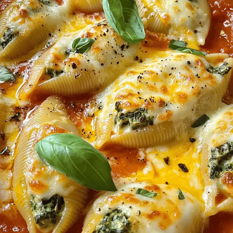 Für die Käse-Spinat gefüllten Muscheln brauchst du: - 20 Jumbo-Pasta-Schalen - 2 Tassen frischer Spinat, grob gehackt - 1 Tasse Ricotta-Käse - 1 Tasse frisch geriebener Mozzarella-Käse - 1/2 Tasse geriebener Parmesan-Käse - 1 großes Ei - 2 Knoblauchzehen, fein gehackt - 1 Teelöffel italienische Kräutermischung - Salz und Pfeffer nach Geschmack - 2 Tassen Marinara-Sauce - Olivenöl zum Beträufeln Diese Zutaten sorgen für einen leckeren Geschmack und eine tolle Textur. Um die gefüllten Muscheln zu machen, benötigst du: - Eine große Schüssel - Einen Löffel zum Mischen - Einen Topf zum Kochen der Pasta - Ein Sieb zum Abgießen - Eine Auflaufform - Aluminiumfolie Stelle sicher, dass du alles bereit hast, bevor du beginnst. So sparst du Zeit und kannst dich auf das Kochen konzentrieren. Wenn du einige Zutaten nicht hast, kannst du sie leicht ersetzen: - Statt Ricotta kannst du Hüttenkäse verwenden. - Verwende gefrorenen Spinat, wenn frischer Spinat nicht verfügbar ist. - Ersetze die Marinara-Sauce durch eine andere Tomatensauce. - Für eine andere Käsevielfalt kannst du Feta oder Gouda probieren. Diese Alternativen machen das Rezept flexibel und passen zu deinem Geschmack. Heize deinen Ofen auf 175 °C vor. Während der Ofen warm wird, koche die Jumbo-Pasta-Schalen. Folge den Anweisungen auf der Packung, bis sie al dente sind. Achte darauf, die Schalen gut abzuleeren und stelle sie beiseite. Das ist der erste Schritt, um köstliche Käse-Spinat gefüllte Muscheln zu machen. In einer großen Schüssel vermischst du die frischen Spinatblätter mit Ricotta-Käse. Füge 1/2 Tasse Mozzarella und 1/4 Tasse Parmesan hinzu. Jetzt kommt das Ei, der gehackte Knoblauch und die italienische Kräutermischung. Mische alles gut. Schmecke die Füllung mit Salz und Pfeffer ab. Diese Mischung sorgt für einen tollen Geschmack in den Muscheln. Jetzt ist es Zeit, die Muscheln zu füllen! Nimm einen Teelöffel und fülle jede Jumbo-Schale vorsichtig mit der Spinat-Käse-Mischung. Lege die gefüllten Schalen in eine Auflaufform. Verteile 1 Tasse Marinara-Sauce gleichmäßig auf dem Boden. Gieße die restliche Sauce über die Schalen. Bestreue sie mit dem restlichen Mozzarella und Parmesan. Beträufle alles mit etwas Olivenöl. Decke die Form mit Aluminiumfolie ab und backe sie 25 Minuten. Entferne dann die Folie und backe für weitere 15 Minuten. Lass die Muscheln kurz abkühlen, bevor du sie servierst. So vereinen sich die Aromen perfekt. Für das gesamte Rezept schau dir die [Full Recipe] an. Um die beste Füllung zu machen, achte auf die Frische der Zutaten. Frischer Spinat bringt viel Geschmack. Wenn du ihn grob hackst, bleibt er knackig. Ricotta-Käse sorgt für eine schöne Cremigkeit. Mische die Füllung gut, bis alles gleichmäßig verteilt ist. Füge etwas Salz und Pfeffer hinzu, um den Geschmack zu heben. Die Käseauswahl ist wichtig für deine gefüllten Muscheln. Verwende eine Mischung aus Ricotta, Mozzarella und Parmesan. Mozzarella gibt dir die schöne, schmelzende Textur. Parmesan fügt einen herzhaften, salzigen Geschmack hinzu. Mische die Käsesorten gut mit den anderen Zutaten. Ein kleiner Spritzer Zitronensaft kann helfen, die Aromen zu verstärken. Ein häufiger Fehler ist die Überfüllung der Muscheln. Fülle sie nicht zu voll, da sie beim Backen aufplatzen können. Ein weiterer Fehler ist die Wahl von minderwertigem Käse. Guter Käse macht den Unterschied. Achte darauf, die gefüllten Muscheln genug Zeit im Ofen zu lassen. So wird der Käse blubbernd und goldbraun. Halte dich an die Schritte aus dem Full Recipe für die besten Ergebnisse. {{image_4}} Wenn du eine vegetarische Variante wünschst, gibt es viele Möglichkeiten. Du kannst die Spinatfüllung mit anderen Gemüsesorten mischen. Probiere zum Beispiel Zucchini, Champignons oder Paprika. Achte darauf, das Gemüse vorher zu dünsten. So bleibt die Füllung nicht zu feucht. Wenn du noch mehr Geschmack hinzufügen willst, füge etwas Feta-Käse hinzu. Dieser bringt eine tolle Salzigkeit in die Füllung. Für glutenfreie gefüllte Muscheln sind spezielle Pasta-Schalen erhältlich. Diese Schalen bestehen oft aus Reis oder Mais. Achte darauf, die Schalen gut zu kochen, damit sie nicht brechen. Du kannst auch eine glutenfreie Marinara-Sauce verwenden. Viele Marken bieten diese Option an. So kannst du das Gericht genießen, ohne auf den Geschmack zu verzichten. Wenn du deiner Füllung mehr Protein hinzufügen möchtest, gibt es viele Optionen. Du kannst gekochtes Hühnchen oder Putenbrust klein schneiden und unter die Füllung mischen. Auch Quark oder Hüttenkäse sind tolle Ergänzungen. Diese Optionen machen das Gericht sättigender. Für eine herzhafte Note kannst du auch etwas gebratenes Hackfleisch hinzufügen. Achte darauf, das Fleisch gut zu würzen, damit es zu den anderen Aromen passt. Um deine Käse-Spinat gefüllten Muscheln richtig zu lagern, lasse sie zuerst abkühlen. Danach füllst du sie in einen luftdichten Behälter. Stelle sicher, dass die Schalen vollständig bedeckt sind. So bleiben sie frisch. Lagere sie im Kühlschrank, wo sie bis zu drei Tage gut bleiben. Wenn du sie länger aufbewahren möchtest, solltest du sie einfrieren. Das Einfrieren ist eine gute Möglichkeit, um die gefüllten Muscheln haltbar zu machen. Fülle die Muscheln wie im Rezept beschrieben. Lege sie dann auf ein Backblech und friere sie ein, bis sie fest sind. Danach kannst du die gefrorenen Muscheln in einen luftdichten Behälter geben oder in einen Gefrierbeutel umfüllen. So bleiben sie bis zu drei Monate frisch. Zum Aufwärmen kannst du sie direkt aus dem Gefrierschrank in den Ofen geben. Um die gefüllten Muscheln aufzuwärmen, gibt es verschiedene Optionen. Die einfachste Methode ist, sie im Ofen zu backen. Heize den Ofen auf 175 °C vor. Lege die gefüllten Muscheln in eine Auflaufform und füge etwas Marinara-Sauce hinzu. Decke die Form mit Aluminiumfolie ab, um ein Austrocknen zu verhindern. Backe sie etwa 20 Minuten lang, bis sie warm sind. Du kannst auch die Mikrowelle verwenden, aber der Ofen bringt die beste Textur zurück. Für genaue Zubereitungsschritte empfehle ich die [Full Recipe]. Käse-Spinat gefüllte Muscheln sind im Kühlschrank etwa drei bis fünf Tage haltbar. Achte darauf, sie in einem luftdichten Behälter zu lagern. Wenn du die Muscheln länger aufbewahren möchtest, friere sie ein. In einem gefrierfesten Behälter halten sie bis zu drei Monate. Denke daran, sie vor dem Servieren gut aufzutauen und aufzuwärmen. Ja, du kannst die Füllung im Voraus zubereiten. Mache dies einen Tag vorher und bewahre sie im Kühlschrank auf. Stelle sicher, dass die Füllung gut abgekühlt ist, bevor du sie in einen luftdichten Behälter gibst. So sparst du Zeit, wenn du die Muscheln backen möchtest. Zu diesen leckeren Muscheln passen frische Salate sehr gut. Ein gemischter Salat mit einem leichten Dressing ergänzt die Aromen. Auch Knoblauchbrot ist eine tolle Beilage. Es ist knusprig und passt hervorragend zu der cremigen Füllung. Wenn du etwas mehr Protein möchtest, serviere gegrilltes Hähnchen oder Garnelen dazu. Die Zutaten und die Schritt-für-Schritt-Anleitung helfen dir, leckere gefüllte Muscheln zu machen. Du lernst alles über die nötigen Zutaten und Küchenutensilien. Tipps für die perfekte Füllung und Varianten wie vegetarische Optionen machen das Rezept noch besser. Zudem gibt es hilfreiche Lagerinformationen, damit deine Muscheln frisch bleiben. Denke daran, dass du mit ein wenig Übung großartige Ergebnisse erzielst. Probiere die verschiedenen Optionen aus und finde deinen Lieblingsgeschmack. So wird jedes Gericht ein Erfolg.