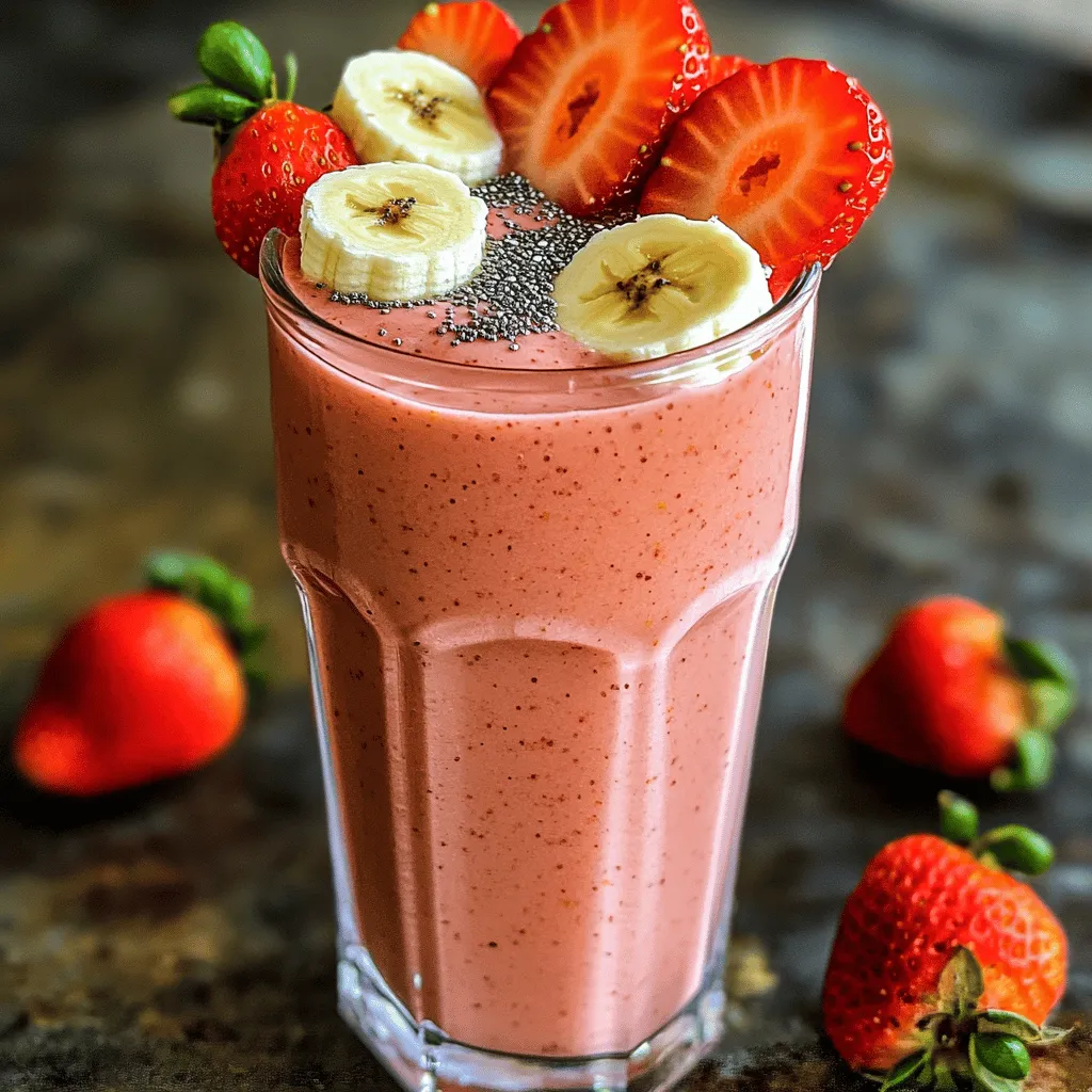 - 1 Tasse frische Erdbeeren, entstielt und in Scheiben geschnitten - 1 reife Banane, in Scheiben geschnitten - 1 Tasse ungesüßte Mandelmilch Die Hauptzutaten sind einfach zu finden. Erdbeeren geben süßen Geschmack und viel Vitamin C. Die Banane sorgt für eine cremige Textur. Ungesüßte Mandelmilch ist eine gute Wahl für einen leichten Smoothie. - 1 Esslöffel Honig oder Ahornsirup (optional für zusätzliche Süße) - 1/2 Tasse griechischer Joghurt (oder pflanzlicher Joghurt) - 1 Esslöffel Chiasamen - Eine Handvoll Spinat (optional für zusätzlichen Nährstoffgehalt) Zusätzliche Zutaten machen den Smoothie noch besser. Honig oder Ahornsirup kann für mehr Süße sorgen. Griechischer Joghurt fügt Proteine hinzu und macht den Smoothie cremig. Chiasamen bringen Ballaststoffe und Omega-3-Fettsäuren. Spinat ist ein toller Geheimtipp, denn er hat viele Nährstoffe und wird kaum schmeckbar. - Portionsgröße: 2 - Benötigte Küchengeräte: Mixer, Gläser Das Rezept ergibt zwei Portionen. Du brauchst nur einen Mixer und Gläser. Der Smoothie ist perfekt für das Frühstück oder einen Snack. Bereite ihn vor und genieße den frischen Geschmack. Wenn du mehr machen willst, kannst du die Menge einfach verdoppeln. Für das vollständige Rezept schaue dir den Abschnitt "Full Recipe" an. - Erdbeeren entstielen und schneiden: Nimm frische Erdbeeren und entferne die grünen Stiele. Schneide sie dann in kleine Stücke. Das macht das Mixen leichter und sorgt für einen besseren Geschmack. - Banane in Scheiben schneiden: Nimm eine reife Banane, schäle sie und schneide sie in Runden. Dies hilft, die Banane gleichmäßig mit den anderen Zutaten zu vermischen. - Alle Zutaten in den Mixer geben: Gib die geschnittenen Erdbeeren und die Bananenscheiben in den Mixer. Füge auch die ungesüßte Mandelmilch, den griechischen Joghurt und die Chiasamen hinzu. Diese Zutaten sorgen für eine cremige Textur und viele Nährstoffe. - Mixen, bis die Konsistenz cremig ist: Schalte den Mixer ein. Mixe alles auf hoher Stufe, bis die Mischung glatt und cremig ist. Manchmal musst du die Seiten des Mixbehälters abkratzen, um alles gut zu vermischen. - Geschmack probieren und nach Belieben süßen: Nimm einen Löffel und probiere deinen Smoothie. Wenn du mehr Süße magst, füge etwas Honig oder Ahornsirup hinzu. - gegebenenfalls erneut mixen: Wenn du die Süße angepasst hast, mixe den Smoothie kurz nochmals. So vermischt sich der Süßstoff gut mit dem Rest. Der beste Mixzeitpunkt ist, wenn deine Zutaten frisch sind. Ich empfehle, den Mixer auf hohe Stufe zu stellen. Anfänglich kann es helfen, die Mixer-Einstellung auf niedrig zu starten, um die Zutaten gut zu vermischen. So vermeidest du Klumpen. Mixe etwa 30 bis 60 Sekunden, bis alles glatt ist. Du kannst viele Früchte oder Gemüse hinzufügen. Probier zum Beispiel Mango oder Blaubeeren. Diese Früchte bringen neue Aromen. Für einen extra Nährstoffkick füge Spinat hinzu. Wenn du andere Milchsorten magst, nimm Hafermilch oder Kokosmilch. Diese Alternativen geben dem Smoothie einen eigenen Charakter. Eine cremige Textur ist wichtig. Um das zu erreichen, nutze frische Zutaten. Griechischer Joghurt sorgt für eine reiche Konsistenz. Auch das Hinzufügen von Chiasamen hilft. Sie quellen und machen den Smoothie dicker. Wenn dein Smoothie zu dick ist, füge einfach mehr Milch hinzu. Mische weiter, bis die gewünschte Konsistenz erreicht ist. {{image_4}} Du kannst deinem Smoothie mehr Protein geben, indem du Proteinpulver hinzufügst. Whey-Protein oder pflanzliches Protein sind gute Optionen. Einfach einen Esslöffel in den Mixer geben. Das macht den Smoothie nahrhafter und sättigender. Wenn du nach dem Training einen Snack brauchst, ist dies eine tolle Wahl. Wenn du eine vegetarische oder vegane Diät hast, gibt es viele Alternativen zum Joghurt. Pflanzliche Joghurts aus Mandeln, Kokos oder Soja sind perfekt. Sie verleihen deinem Smoothie eine cremige Textur. Diese Optionen sind köstlich und gesund. So bleibt der Smoothie für alle geeignet. Die Auswahl der Früchte kann deinen Smoothie aufpeppen. Im Sommer sind frische Erdbeeren und Bananen optimal. Im Frühling sind Beeren wie Himbeeren und Blaubeeren lecker. Im Herbst kannst du Äpfel oder Birnen probieren. Im Winter sind gefrorene Früchte eine gute Wahl. So hast du immer frische und leckere Zutaten. Ein frisch gemachter Erdbeer-Bananen-Smoothie bleibt im Kühlschrank etwa 24 Stunden gut. Lagere ihn in einem luftdichten Behälter, um Frische zu sichern. So schmeckt er auch nach einer Nacht noch lecker. Du kannst den Smoothie auch einfrieren. Gieße ihn in Eiswürfelbehälter oder einen Gefrierbeutel. So hast du immer einen gesunden Snack bereit. Achte darauf, den Smoothie vorher gut zu mixen. Zum Auftauen lass ihn einfach im Kühlschrank stehen oder mixe ihn kurz, wenn du ihn haben willst. Um die Nährstoffe zu schützen, lagere deinen Smoothie dunkel und kühl. Verwende auch frische Früchte, da diese weniger oxidieren. Ein Spritzer Zitronensaft kann helfen, die Farbe und Frische zu bewahren. So bleibt dein Smoothie gesund und sieht toll aus. Ein Erdbeer-Bananen-Smoothie ist sehr gesund. Erdbeeren sind reich an Vitaminen und Antioxidantien. Sie unterstützen das Immunsystem und fördern die Herzgesundheit. Bananen bieten Kalium und Ballaststoffe. Diese helfen bei der Verdauung und geben dir Energie. Die ungesüßte Mandelmilch bringt gesunde Fette und ist laktosefrei. Griechischer Joghurt fügt Protein hinzu, welches wichtig für Muskeln ist. Chiasamen sind gut für Omega-3-Fettsäuren, die die Gehirnfunktion stärken. Dieser Smoothie ist also eine tolle Wahl für einen gesunden Snack. Ja, du kannst viele andere Früchte hinzufügen! Probier zum Beispiel Mango, Ananas oder Himbeeren. Diese Früchte bringen neue Geschmäcker und Nährstoffe. Du kannst auch gefrorene Früchte verwenden, um die Kälte zu erhöhen. Wenn du mehr Vitamine willst, füge eine Handvoll Spinat hinzu. Der Geschmack bleibt fast gleich, aber du bekommst mehr Nährstoffe. Sei kreativ mit deinen Kombinationen! Wenn dein Smoothie zu dick ist, gibt es einfache Lösungen. Füge etwas mehr Mandelmilch hinzu und mixe es erneut. Du kannst auch Wasser oder frischen Orangensaft verwenden. Diese Optionen machen den Smoothie flüssiger. Wenn du gefrorene Früchte benutzt, kann das die Dicke erhöhen. Verwende frische Früchte, wenn du einen dünneren Smoothie willst. Denke daran, dass du die Konsistenz nach deinem Geschmack anpassen kannst. Ein Erdbeer-Bananen-Smoothie ist einfach und lecker. Wir haben die besten Zutaten und Tipps geteilt, um ihn perfekt zu machen. Denke daran, dass du den Geschmack anpassen kannst. Auch die Lagerung ist wichtig, damit dein Smoothie frisch bleibt. Experimentiere mit Früchten und Milchsorten für neue Geschmäcker. Mit diesen Anleitungen kannst du gesund bleiben und viel Spaß beim Mixen haben. Du hast alles, was du brauchst, um diesen Smoothie zu genießen.