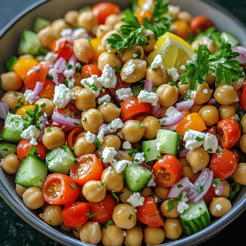 Für diesen Salat brauche ich frische und knackige Zutaten. Hier sind die Hauptzutaten, die ich verwende: - 1 Dose (425 g) Kichererbsen, abgespült und abgetropft - 240 g Kirschtomaten, halbiert - 1 Salatgurke, gewürfelt - 1/2 rote Zwiebel, fein gehackt - 1 Paprika (rot oder gelb), gewürfelt - 100 g Kalamata-Oliven, entsteint und in Scheiben - 100 g Feta-Käse, zerbröckelt - 60 g frische Petersilie, gehackt Diese Zutaten geben dem Salat Farbe und Geschmack. Kichererbsen sind eine tolle Proteinquelle und machen den Salat sättigend. Kräuter und Gewürze bringen das Essen zum Leben. Ich füge frische Petersilie hinzu. Sie gibt dem Salat Frische. Außerdem verwende ich getrockneten Oregano. Er hat einen kräftigen Geschmack, der gut zu den anderen Zutaten passt. Ich mache das Dressing mit 45 ml Olivenöl und 30 ml Zitronensaft. Diese Zutaten sorgen für eine leckere Säure und einen vollen Geschmack. Salz und Pfeffer runden alles ab. Feta-Käse und Kalamata-Oliven sind die Stars des Salats. Der Feta-Käse ist cremig und salzig. Er verleiht dem Salat einen tollen Geschmack. Die Kalamata-Oliven bringen einen herzhaften Touch. Sie sind nicht nur lecker, sondern auch gesund. Die Kombination dieser besonderen Zutaten macht den mediterranen Kichererbsensalat zu einem echten Genuss. Wenn du mehr über die Zubereitung erfahren möchtest, schau dir das [Full Recipe] an. Beginnen Sie, indem Sie die frischen Zutaten bereitstellen. Nehmen Sie eine große Schüssel für den Salat. Waschen Sie die Kirschtomaten und schneiden Sie sie in Hälften. Würfeln Sie die Salatgurke und die Paprika. Hacken Sie die rote Zwiebel fein. Denken Sie daran, die Kalamata-Oliven zu entsteinen und in Scheiben zu schneiden. Zerbröckeln Sie den Feta-Käse in kleine Stücke. Zum Schluss hacken Sie die Petersilie. Geben Sie alle vorbereiteten Zutaten in die große Schüssel. Fügen Sie die Kichererbsen hinzu. Diese geben dem Salat einen tollen Biss. Mischen Sie die Kirschtomaten, Gurke, Zwiebel, Paprika und Oliven gut unter. In einer kleinen Schüssel verrühren Sie das Olivenöl, den Zitronensaft und den Oregano. Geben Sie Salz und Pfeffer nach Geschmack hinzu. Gießen Sie das Dressing über den Salat und heben Sie alles vorsichtig unter. Achten Sie darauf, dass alles gut vermischt ist. Fügen Sie dann die gehackte Petersilie hinzu und probieren Sie den Salat. Lassen Sie den Salat für 30 Minuten im Kühlschrank ruhen. So können die Aromen gut durchziehen. Servieren Sie den Salat in einer großen Schüssel. Dekorieren Sie ihn mit extra zerbröckeltem Feta und ein paar Petersilienstängeln obenauf. Für mehr Crunch kombinieren Sie den Salat mit bunten Tortilla-Chips oder Pita-Brot. Diese Präsentation macht den Salat noch appetitlicher. Jetzt haben Sie einen frischen und leckeren mediterranen Kichererbsensalat. Holen Sie sich das komplette Rezept [Full Recipe]. Frische Zutaten machen den Unterschied. Wählen Sie knackige Kirschtomaten und eine feste Gurke. Kaufen Sie frische Kräuter, am besten direkt vom Markt. Achten Sie auf die Farben. Je bunter, desto besser! Verwenden Sie reifen Feta-Käse. Er gibt dem Salat einen tollen Geschmack. Kalamata-Oliven sollten glänzend und fest sein. So stellen Sie sicher, dass Ihr Salat frisch und lecker ist. Passen Sie den Salat an Ihren Geschmack an. Mögen Sie es schärfer? Fügen Sie etwas rote Paprika oder frischen Chili hinzu. Für eine süßere Note können Sie einige Stücke Mango oder Avocado hinzufügen. Wenn Sie weniger Salz mögen, lassen Sie den Feta-Käse weg oder verwenden Sie eine leichte Variante. Experimentieren Sie mit verschiedenen Kräutern. Basilikum oder Minze geben dem Salat eine besondere Note. Die Präsentation zählt! Servieren Sie den Salat in einer großen Schüssel. Dekorieren Sie ihn mit extra Feta und ein paar Petersilienstängeln. Ein schöner Farbkontrast macht den Salat ansprechend. Verwenden Sie bunte Tortilla-Chips oder Pita-Brot dazu. Das gibt dem Gericht einen tollen Crunch. Ein wenig Zitronenschale obendrauf sieht nicht nur gut aus, es bringt auch frische Aromen. So wird Ihr mediterraner Kichererbsensalat zum echten Hingucker. {{image_4}} Für eine vegetarische Version können Sie den Feta-Käse einfach weglassen. Ersetzen Sie ihn durch Avocado. Diese macht den Salat cremig und lecker. Für Veganer ist es wichtig, auch die Kalamata-Oliven zu nutzen, die keine tierischen Produkte enthalten. So bleibt alles pflanzlich und frisch. Sie können viele Zutaten nach Ihrem Geschmack anpassen. Mögen Sie es schärfer? Fügen Sie etwas gewürfelte Jalapeño hinzu. Wenn Sie einen süßeren Geschmack wünschen, probieren Sie gewürfelte Mango oder Ananas. Auch geröstete Nüsse wie Mandeln oder Pinienkerne geben dem Salat einen tollen Crunch. Trauen Sie sich, verschiedene Kombinationen auszuprobieren! Im Sommer sind frische Zutaten wie Wassermelone oder Pfirsiche perfekt. Sie verleihen dem Salat eine süße Note. Im Herbst können Sie Kürbiswürfel hinzufügen. Diese sind herzhaft und passen gut zu den Kichererbsen. Im Winter sind geröstete Rüben oder Karotten eine tolle Ergänzung. Sie bringen Farbe und Geschmack in den Salat. Der mediterrane Kichererbsensalat ist wirklich vielseitig! Mit diesen Variationen können Sie ihn das ganze Jahr über genießen. Nutzen Sie die Ideen aus dem Full Recipe, um neue Geschmäcker zu entdecken und Ihren perfekten Salat zu kreieren. Um den mediterranen Kichererbsensalat frisch zu halten, verwende einen luftdichten Behälter. Stelle sicher, dass der Salat gut abgedeckt ist. So bleibt er knackig und lecker. Du kannst auch Frischhaltefolie verwenden, falls kein Behälter zur Hand ist. Im Kühlschrank hält sich der Salat etwa drei bis fünf Tage. Achte darauf, den Salat vor dem Servieren gut umzurühren. So verteilen sich die Aromen gleichmäßig. Wenn du deinen Salat länger aufbewahren möchtest, solltest du die Feta und Oliven separat lagern. Diese Zutaten können die Frische des Salats beeinträchtigen. Das Einfrieren des Kichererbsensalats ist nicht ideal. Die Textur der frischen Zutaten verändert sich im Gefrierschrank. Du kannst jedoch die Kichererbsen ohne Dressing einfrieren. Wenn du sie später verwendest, bereite frisches Dressing und frische Zutaten zu. So bleibt dein Salat lecker und ansprechend. Der Kichererbsensalat bleibt im Kühlschrank etwa drei bis fünf Tage frisch. Er bleibt am besten, wenn Sie ihn in einem luftdichten Behälter aufbewahren. Achten Sie darauf, dass der Salat nicht zu lange steht. Nach ein paar Tagen kann er an Geschmack verlieren. Ich empfehle, den Salat in Portionen einzufrieren, wenn Sie ihn länger aufbewahren möchten. Ja, dieser Salat ist sehr gesund! Kichererbsen sind eine großartige Quelle für Protein und Ballaststoffe. Das Gemüse bringt viele Vitamine und Mineralien mit. Kalamata-Oliven und Feta-Käse fügen gesunde Fette hinzu. Diese Kombination macht den Salat nahrhaft und sättigend. Sie können ihn als Hauptgericht oder Beilage genießen. Ja, Sie können den Salat im Voraus zubereiten. Er schmeckt sogar besser, wenn die Aromen Zeit haben, sich zu vermischen. Machen Sie den Salat einen Tag vorher und lassen Sie ihn im Kühlschrank ruhen. Vergessen Sie nicht, die frischen Kräuter erst kurz vor dem Servieren hinzuzufügen. So bleiben sie frisch und knackig. Für die vollständige Zubereitung schauen Sie sich das Full Recipe an. Der mediterrane Kichererbsensalat bietet viel. Wir haben die Hauptzutaten und frische Kräuter erkundet. Auch besondere Zutaten wie Feta und Oliven bringen Geschmack. Die Schritt-für-Schritt-Anleitung macht das Zubereiten einfach. Tipps für frische Zutaten und persönliche Anpassungen bringen Vielfalt. Variationen für Vegetarier und Veganer sind ebenfalls möglich. Beachten Sie die Tipps zur Lagerung für frische Salate. Genießen Sie den Salat! Er ist nicht nur lecker, sondern auch gesund. Nutzen Sie die Infos und werden Sie kreativ in der Küche.
