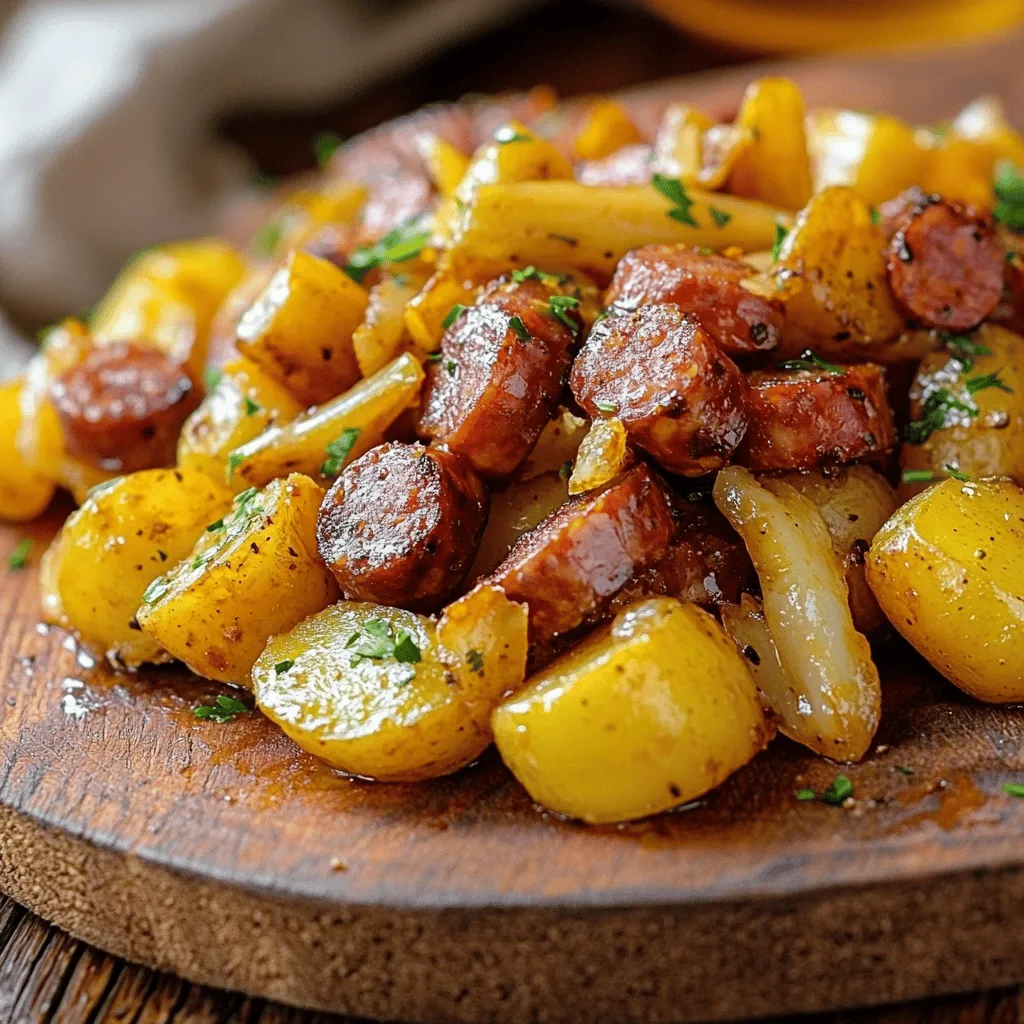 - 500 g festkochende Kartoffeln - 250 g polnische Wurst (z. B. Kielbasa) - 1 große Zwiebel - 2 Knoblauchzehen
