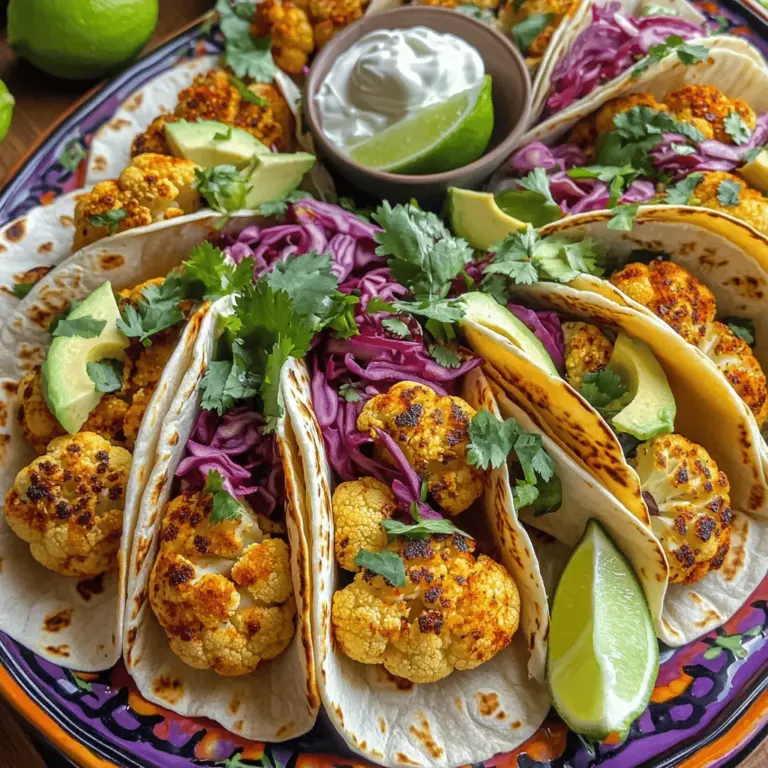 Für die leckeren veganen Blumenkohl-Tacos brauchst du einige frische Zutaten. Diese sind: - 1 mittelgroßer Blumenkohl, in kleine Röschen zerteilt - 8 kleine Maistortillas - 1 Tasse rote Kohl, fein gehobelt - 1 Avocado, in Scheiben geschnitten - 1/2 Tasse frischer Koriander, gehackt - 1 Limette, in Spalten geschnitten Diese Zutaten sind einfach zu finden und machen die Tacos bunt und lecker. Der Blumenkohl bildet die Basis, und die anderen Zutaten sorgen für den perfekten Geschmack. Die Gewürze und Öle bringen die Aromen zum Leben. Hier sind die wichtigen Zutaten: - 2 Esslöffel Olivenöl - 1 Esslöffel geräuchertes Paprikapulver - 1 Teelöffel Kreuzkümmel - 1 Teelöffel Knoblauchpulver - Salz und Pfeffer nach Geschmack Olivenöl sorgt für eine schöne Bräunung. Geräuchertes Paprikapulver gibt einen tollen Geschmack. Kreuzkümmel und Knoblauchpulver runden das Ganze ab. Diese Gewürze machen deine Tacos besonders schmackhaft. Du kannst die Tacos nach Belieben servieren. Hier sind einige Tipps: - Beträufle die Tacos mit 1/4 Tasse veganer saurer Sahne oder Cashewcreme. - Serviere Limettenspalten dazu für einen frischen Kick. Ein buntes Tablett macht die Tacos noch ansprechender. Garniere sie mit extra Koriander. So sehen sie toll aus und schmecken auch noch besser. Wenn du mehr über die Zubereitung erfahren möchtest, schau dir das [Full Recipe] an. Zuerst nehme ich den Blumenkohl und schneide ihn in kleine Röschen. Diese Stücke sollten gleichmäßig sein, damit sie gleichmäßig garen. Dann gebe ich die Blumenkohlröschen in eine große Schüssel. Dort füge ich Olivenöl, geräuchertes Paprikapulver, Kreuzkümmel, Knoblauchpulver, Salz und Pfeffer hinzu. Ich vermenge alles gut, bis die Röschen gleichmäßig bedeckt sind. Das hilft, den Geschmack zu verteilen und die Röschen knusprig zu machen. Ich heize den Ofen auf 220°C vor. Danach lege ich ein Backblech mit Backpapier aus. Das macht die Reinigung einfacher. Nun verteile ich die gewürzten Blumenkohlröschen auf dem Blech in einer einzigen Schicht. Es ist wichtig, dass sie sich nicht überlappen. Ich röste den Blumenkohl 25-30 Minuten. Nach der Hälfte der Zeit wende ich die Röschen. So werden sie schön knusprig und karamellisiert. Während der Blumenkohl röstet, erwärme ich die Maistortillas in einer Pfanne. Ich mache das bei mittlerer Hitze, etwa 30 Sekunden auf jeder Seite. Wenn der Blumenkohl fertig ist, nehme ich die Tortillas vom Herd. Jetzt kann ich die Tacos bauen! Ich gebe eine großzügige Menge gerösteten Blumenkohl auf jede Tortilla. Dann belege ich sie mit gehobeltem roten Kohl, Avocadoscheiben und frischem Koriander. Für einen extra Kick träufle ich nach Wunsch vegane saure Sahne oder Cashewcreme darüber. Ich serviere die Tacos mit Limettenspalten an der Seite. Du kannst das gesamte Rezept für diese lebendigen veganen Blumenkohl-Tacos im Abschnitt "Zutaten" finden. Um den Blumenkohl perfekt zu rösten, stelle deinen Ofen auf 220°C ein. Röste die Röschen für 25-30 Minuten. Wende sie nach der Hälfte der Zeit, damit sie gleichmäßig garen. So bekommst du eine schöne Karamellisierung. Für die besten Tacos verwende kleine Maistortillas. Sie sind weich und nehmen den Geschmack gut auf. Erwärme sie in einer Pfanne für 30 Sekunden auf jeder Seite. So bleiben sie weich und biegsam. Präsentiere die Tacos auf einem bunten Tablett. Füge Limettenspalten in eine kleine Schüssel hinzu. Das sieht schön aus und bringt frische Aromen. Garniere die Tacos mit extra Koriander für mehr Farbe und Geschmack. Diese kleinen Details machen einen großen Unterschied beim Servieren. {{image_4}} Wenn du etwas Abwechslung willst, probiere Tofu oder Pilze. Tofu hat eine tolle Textur. Schneide ihn in kleine Würfel. Mariniere ihn mit den gleichen Gewürzen, die du für Blumenkohl benutzt. Brate ihn dann in der Pfanne knusprig. Pilze sind ebenfalls eine gute Wahl. Champignons oder Portobello geben einen herzhaften Geschmack. Brate sie an, bis sie goldbraun sind, und füge sie dann deinen Tacos hinzu. Die Präsentation macht viel aus. Nutze bunte Maistortillas für mehr Farbe. Du kannst auch große Tortillas verwenden und die Tacos wie Burritos rollen. Wenn du ein Picknick planst, wickel die Tacos in Folie. Das hält sie frisch und warm. Denke auch an kleine Schalen für die Limettenspalten und die vegane saure Sahne. So bleibt alles ordentlich und deine Gäste können nach Belieben nachfüllen. Füge neue Gewürze hinzu, um deine Tacos zu beleben. Eine Prise Zimt kann eine süße Note bringen. Oder probiere scharfe Paprika für mehr Kick. Frische Kräuter wie Oregano oder Thymian geben einen tollen Duft. Wenn du es würziger magst, füge etwas Chilipulver oder Cayennepfeffer hinzu. Experimentiere mit verschiedenen Kombinationen, um deine perfekte Mischung zu finden. Für das vollständige Rezept kannst du den Link zu [Full Recipe] besuchen. Bewahre die Reste deiner veganen Blumenkohl-Tacos in einem luftdichten Behälter auf. Dadurch bleiben sie frisch. Du kannst die Tacos getrennt von den Füllungen lagern. So bleibt der Blumenkohl knusprig. Lege die Tortillas in ein trockenes Tuch, um sie weich zu halten. Um die Tacos wieder aufzuwärmen, nutze eine Pfanne bei mittlerer Hitze. Lege die Tacos in die Pfanne und erwärme sie etwa zwei Minuten. Das gibt ihnen einen schönen Crunch. Du kannst auch den Ofen nutzen. Heize ihn auf 180°C vor und lege die Tacos für fünf bis sieben Minuten hinein. Die Zutaten für die veganen Blumenkohl-Tacos sind recht haltbar. Frischer Blumenkohl hält sich im Kühlschrank etwa eine Woche. Rote Kohl bleibt bis zu zwei Wochen frisch. Avocados reifen schnell, also benutze sie bald. Übrig gebliebene Tortillas sind bis zu zwei Wochen haltbar, wenn sie gut verpackt sind. Vegane Blumenkohl-Tacos haben etwa 200-250 Kalorien pro Portion. Der genaue Wert hängt von den Zutaten ab. Zum Beispiel, wenn du mehr Avocado oder vegane saure Sahne hinzufügst, steigt die Kalorienzahl. Blumenkohl ist kalorienarm und nährstoffreich. Er bietet Ballaststoffe und Vitamine. Diese Tacos sind also eine gesunde Wahl. Ja, du kannst die Tacos glutenfrei machen! Verwende einfach glutenfreie Maistortillas. Diese Tortillas sind eine großartige Option für Glutenempfindliche. Sie sind ebenso lecker und halten die Füllung gut. Achte darauf, dass auch die Gewürze glutenfrei sind. So kannst du sicher genießen. Die Vorbereitungen dauern etwa 15 Minuten. In dieser Zeit schneidest du den Blumenkohl und bereitest die anderen Zutaten vor. Das Rösten im Ofen dauert 25-30 Minuten. Insgesamt brauchst du also rund 45 Minuten für dieses Rezept. Es ist schnell und einfach, perfekt für ein schnelles Abendessen! Für das vollständige Rezept schaue bitte hier: [Full Recipe]. Vegane Blumenkohl-Tacos sind einfach und lecker. Ich habe die Hauptzutaten, Gewürze und Beilagen erläutert. Die Schritt-für-Schritt-Anleitung macht die Zubereitung leicht. Tipps zur Röstzeit und den richtigen Tortillas helfen dir weiter. Variationen mit Tofu oder Pilzen bieten Abwechslung. Reste kannst du einfach lagern und aufwärmen. Diese Tacos sind nicht nur nahrhaft, sondern auch vielseitig. Probier sie aus und finde deine Lieblingsversion!