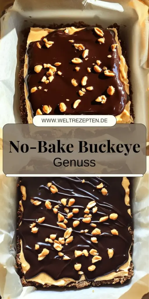 Entdecke die köstlichen No-Bake Buckeye Cheesecake Bars, die mit ihrer perfekten Kombination aus Schokolade und Erdnüssen direkt ins Herz treffen! Dieses einfache Rezept benötigt nur wenige Zutaten und ist schnell zubereitet, ideal für jeden Anlass. Lass deiner Kreativität freien Lauf mit alternativen Zutaten und Toppings! Klicke jetzt, um die vollständige Anleitung und alle Tipps zu entdecken, um dieses unwiderstehliche Dessert zu kreieren!