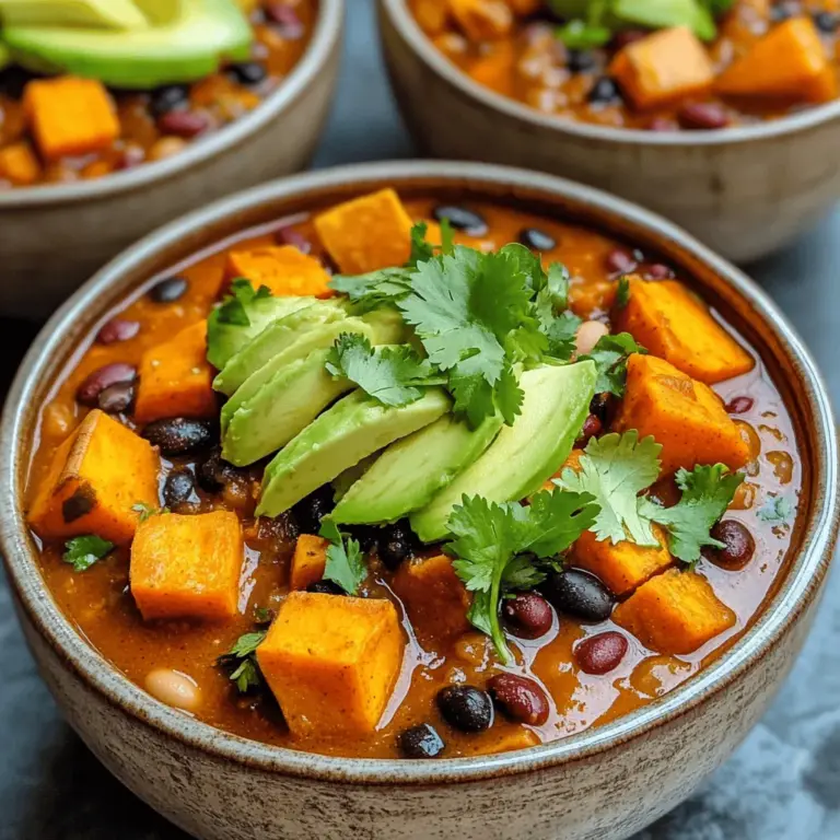 Für ein leckeres veganes Süßkartoffel-Chili brauchst du folgende Zutaten: - 2 mittelgroße Süßkartoffeln, geschält und gewürfelt - 1 Dose (425 g) schwarze Bohnen, abgespült und abgetropft - 1 Dose (425 g) Kidneybohnen, abgespült und abgetropft - 1 Dose (800 g) zerdrückte Tomaten - 1 mittlere Zwiebel, gewürfelt - 3 Knoblauchzehen, gehackt - 1 Paprika (nach Wahl), gewürfelt - 500 ml Gemüsebrühe - 2 Esslöffel Olivenöl - 1 Esslöffel Chili-Pulver - 1 Teelöffel Kreuzkümmel, gemahlen - 1 Teelöffel geräuchertes Paprika-Pulver - Salz und schwarzer Pfeffer nach Geschmack - 1 Tasse Mais (frisch oder gefroren) - Frischer Koriander zur Garnierung - Geschnittene Avocado zum Servieren Wenn du frische Zutaten verwendest, achte auf eine gute Qualität. Du kannst auch gefrorenes Gemüse nehmen, das ist oft praktisch und hält länger. Die Bohnen aus Dosen sind schnell zu verwenden. Sie sparen Zeit und sind sehr nahrhaft. Frische Kräuter wie Koriander bringen Geschmack und Frische. Die Kombination dieser Zutaten macht das Chili nahrhaft und sättigend. Für mehr Informationen, schau dir das [Full Recipe] an. 1. Öl erhitzen: Erhitze das Olivenöl in einem großen Topf bei mittlerer Hitze. Du kannst auch ein wenig Kokosöl verwenden, wenn du magst. 2. Zwiebel anbraten: Gib die gewürfelte Zwiebel in den Topf. Brate sie etwa 5 Minuten an, bis sie weich ist. Das bringt viel Geschmack ins Chili. 3. Knoblauch und Paprika hinzufügen: Füge den gehackten Knoblauch und die gewürfelte Paprika hinzu. Koche alles 2-3 Minuten, bis es gut riecht. 4. Süßkartoffeln anbraten: Gib die gewürfelten Süßkartoffeln in den Topf. Brate sie für 5 Minuten an. Rühre dabei gelegentlich um, damit sie gleichmäßig garen. 5. Gewürze hinzufügen: Streue das Chili-Pulver, den Kreuzkümmel und das geräucherte Paprika-Pulver über die Mischung. Rühre alles gut um, damit die Gewürze die Gemüse umhüllen. 6. Flüssigkeiten hinzugeben: Gieße die zerdrückten Tomaten und die Gemüsebrühe in den Topf. Füge die schwarzen Bohnen, Kidneybohnen und den Mais hinzu. Rühre alles gründlich. 7. Kochen lassen: Bringe die Mischung zum Kochen. Reduziere dann die Hitze auf niedrig und lasse das Chili 25-30 Minuten köcheln. Die Süßkartoffeln sollten zart sein. 8. Abschmecken: Würze das Chili mit Salz und schwarzem Pfeffer nach Geschmack. Wenn du es schärfer magst, füge eine Prise Cayennepfeffer hinzu. 9. Ruhen lassen: Nimm das Chili vom Herd und lasse es ein paar Minuten ruhen. So können sich die Aromen entfalten. - Mischung variieren: Du kannst die Gewürze nach deinem Geschmack anpassen. Probiere zum Beispiel mehr Kreuzkümmel oder ein wenig Zimt für eine besondere Note. - Frische Kräuter: Wenn du frische Kräuter hast, wie Thymian oder Oregano, füge sie gegen Ende der Kochzeit hinzu. Sie geben dem Chili einen frischen Geschmack. - Schärfe anpassen: Für weniger Schärfe, verwende weniger Chili-Pulver. Du kannst auch milde Paprikapulver verwenden. Für die vollständige Anleitung und weitere Tipps, schau dir das gesamte Rezept an: [Full Recipe]. Um die perfekte Konsistenz für dein Chili zu erzielen, achte auf die Flüssigkeitsmenge. Du kannst die Gemüsebrühe anpassen. Wenn du ein dickeres Chili möchtest, verwende weniger Brühe. Für eine dünnere Variante, gib mehr Brühe hinzu. Kochzeit ist ebenfalls wichtig. Koche das Chili mindestens 25 Minuten. So werden die Süßkartoffeln weich. Wenn du es länger köcheln lässt, wird der Geschmack tiefer. Achte darauf, das Chili gelegentlich zu rühren. Dies verhindert das Anbrennen am Boden des Topfes. Die Gewürze machen dein Chili besonders. Du kannst mit verschiedenen Kombinationen experimentieren. Zum Beispiel, füge Oregano oder Thymian für einen anderen Geschmack hinzu. Auch eine Prise Zimt kann Wunder wirken. Wenn du die Schärfe anpassen möchtest, füge frische Chilis hinzu. Oder nutze mehr Chili-Pulver. Achte darauf, die Schärfe langsam zu erhöhen. So kannst du den perfekten Grad finden, der dir schmeckt. Für mehr Tiefe kannst du auch geräuchertes Paprika-Pulver verwenden. Dies gibt dem Chili ein rauchiges Aroma. Probiere es aus und finde deine Lieblingskombination! Du kannst das komplette Rezept für das würzige vegane Süßkartoffel-Chili im Abschnitt über die Zutaten finden. {{image_4}} Du kannst dein Chili einfach anpassen. Füge verschiedene Gemüsesorten hinzu, um neue Geschmäcker zu entdecken. Einige gute Optionen sind: - Zucchini, gewürfelt - Karotten, in Stücke geschnitten - Spinat oder Grünkohl, grob gehackt - Pilze, in Scheiben geschnitten Diese Zutaten bringen Farbe und Nährstoffe in dein Gericht. Auch die Textur wird spannender. Wenn du mehr Protein möchtest, kannst du Folgendes ausprobieren: - Tofu, in kleine Würfel geschnitten - Tempeh, zerkrümelt - Quorn, für einen fleischähnlichen Geschmack Diese Optionen machen dein Chili noch nahrhafter und sättigender. Für eine Low-Carb-Variante kannst du die Süßkartoffeln durch Blumenkohl ersetzen. Blumenkohl hat weniger Kohlenhydrate und bleibt dabei lecker. Wenn du glutenfrei essen musst, sind die meisten Zutaten in diesem Rezept bereits sicher. Achte nur darauf, dass deine Brühe glutenfrei ist. So kannst du das Chili ohne Sorgen genießen. Du kannst auch Bohnen durch Kichererbsen ersetzen. Diese sorgen für einen tollen Biss und sind ebenfalls glutenfrei. Für die besten Ergebnisse, folge dem [Full Recipe]. Um das Chili frisch zu halten, bewahre es im Kühlschrank auf. Nutze einen luftdichten Behälter. Lass das Chili nach dem Kochen abkühlen, bevor du es in den Kühlschrank stellst. So bleibt der Geschmack erhalten. Für längere Lagerung verwende den Gefrierschrank. Fülle das Chili in gefriergeeignete Beutel oder Behälter. Achte darauf, etwas Platz zu lassen, damit es sich ausdehnen kann. Wenn du Reste aufwärmen möchtest, kannst du das Chili leicht in einem Topf oder in der Mikrowelle erhitzen. Für den Topf erwärmst du es bei mittlerer Hitze. Rühre dabei gut um, damit es gleichmäßig warm wird. Wenn du die Mikrowelle verwendest, stelle die Leistung auf mittel. Erwärme das Chili in 1-2 Minuten langen Intervallen. Rühre zwischen den Intervallen gut um. Im Kühlschrank hält sich das Chili etwa 3-4 Tage. Achte darauf, es gut verpackt zu lagern. Im Gefrierschrank kann es bis zu 3 Monate halten. Achte darauf, das Chili vor dem Verzehr komplett aufzutauen. Du kannst es über Nacht im Kühlschrank auftauen oder es direkt im Topf auf niedriger Hitze erwärmen. Wenn du die Haltbarkeit im Auge behältst, bleibt dein Chili immer frisch und lecker. Du kannst dieses Rezept leicht anpassen. Hier sind einige Ideen: - Gemüse variieren: Füge Zucchini, Karotten oder Spinat hinzu. Das macht das Chili noch bunter. - Proteinquelle: Ersetze die Bohnen durch Linsen oder Tofu, wenn du magst. - Würze nach Geschmack: Probiere verschiedene Gewürze. Kümmel oder Oregano geben einen neuen Geschmack. - Schärfe: Wenn du es schärfer magst, füge mehr Chili-Pulver hinzu oder frische Chilis. Ja, das Chili kann kinderfreundlich gemacht werden. Hier sind ein paar Tipps: - Würze reduzieren: Verwende weniger Chili-Pulver. So wird es milder. - Süßkartoffeln hervorheben: Die Süßkartoffeln sind süß und lecker. Kinder lieben sie oft. - Toppings anpassen: Serviere das Chili mit Avocado oder Joghurt. Das macht es cremiger und milder. Das Chili schmeckt toll mit vielen Beilagen. Hier sind einige Vorschläge: - Reis oder Quinoa: Diese Beilagen machen das Mahlzeit sättigender. - Tortillachips: Sie geben einen tollen Crunch. Perfekt zum Dippen. - Salat: Ein frischer grüner Salat passt gut dazu und bringt Farbe auf den Tisch. - Brot: Serviere es mit knusprigem Brot, um die Soße aufzusaugen. Für das vollständige Rezept, schau dir die Details im [Full Recipe] an. In diesem Blogbeitrag haben wir die Zutaten für veganes Süßkartoffel-Chili durchgegangen. Ich erklärte die Zubereitung und gab Tipps für Konsistenz und Aromen. Variationen und Lagerung standen ebenfalls im Fokus. Denke daran, dass du das Rezept leicht anpassen kannst. Probiere verschiedene Gewürze und Gemüse aus. So bleibt dein Gericht spannend. Mit diesen Tipps gelingt dir ein einfaches und leckeres Chili, das in jede Küche passt.