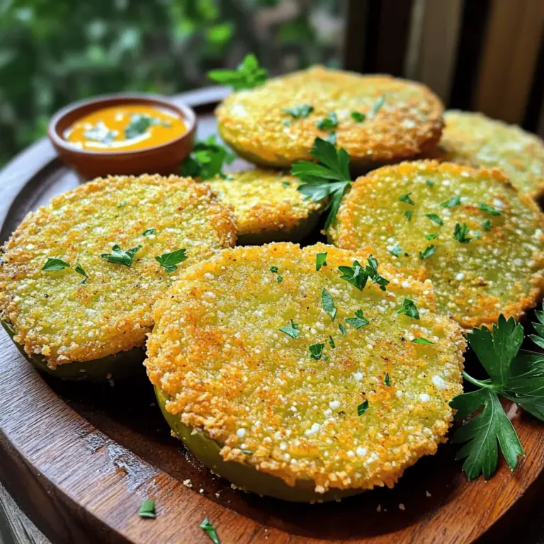 - 4 mittelgroße grüne Tomaten - 250 g Weizenmehl - 2 große Eier - 250 g Maismehl - 1 Teelöffel Salz - 1 Teelöffel schwarzer Pfeffer - 1/2 Teelöffel Knoblauchpulver - 1/2 Teelöffel Paprika - 1/4 Teelöffel Cayennepfeffer - 50 g geriebener Parmesan - Kochspray oder Olivenöl zum Beträufeln Grüne Tomaten sind toll und bringen einen besonderen Geschmack. Ich benutze frische, feste Tomaten. Diese sind wichtig für die richtige Textur. Das Weizenmehl hilft, die Tomaten gut zu beschichten. Die Eier sorgen dafür, dass die Panade haftet. Maismehl gibt den Tomaten eine knusprige Oberfläche. Die Gewürze sind entscheidend. Salz und Pfeffer bringen den Geschmack hervor. Knoblauchpulver und Paprika sorgen für mehr Tiefe. Cayennepfeffer fügt einen leichten Kick hinzu. Der Parmesan macht alles noch leckerer. Er schmilzt und wird knusprig in der Hitze. Ich empfehle, Kochspray oder Olivenöl zu verwenden. Das hilft, die Tomaten goldbraun zu backen. So wird jedes Stück köstlich und knusprig. Für das beste Ergebnis kann man die Zutaten sorgfältig abmessen. Das sorgt dafür, dass jedes Mal alles perfekt gelingt. Bereitet euch auf ein tolles Geschmackserlebnis vor! Wenn ihr bereit seid, findet ihr die vollständige Anleitung in der [Full Recipe]. - Heizen Sie den Ofen auf 220 °C vor. - Schneiden Sie die grünen Tomaten in 0,5 cm dicke Scheiben. - Bestreuen Sie die Tomaten mit Salz und lassen Sie sie 10 Minuten ruhen. - Tupfen Sie die Tomaten danach mit einem Küchentuch trocken. - Bereiten Sie drei flache Schüsseln vor. - In der ersten Schüssel mischen Sie 250 g Weizenmehl mit 1 Teelöffel Salz und 1 Teelöffel schwarzem Pfeffer. - In der zweiten Schüssel verquirlen Sie 2 große Eier. - In der dritten Schüssel kombinieren Sie 250 g Maismehl, 1/2 Teelöffel Knoblauchpulver, 1/2 Teelöffel Paprika, 1/4 Teelöffel Cayennepfeffer und 50 g geriebenen Parmesan. - Tauchen Sie jede Tomatenscheibe zuerst in das Mehl und klopfen Sie überschüssiges Mehl ab. - Danach tauchen Sie die Scheibe in die geschlagenen Eier und lassen das überschüssige Ei abtropfen. - Wälzen Sie die Tomatenscheibe in der Maismehlmischung und drücken Sie sanft, um eine gleichmäßige Beschichtung zu schaffen. - Legen Sie die panierten Tomatenscheiben in einer einzelnen Schicht auf ein Backblech. - Besprühen Sie die Oberseite leicht mit Kochspray oder träufeln Sie Olivenöl darüber. - Backen Sie die Tomaten im vorgeheizten Ofen für 20-25 Minuten. - Wenden Sie die Scheiben zur Hälfte der Backzeit, bis sie goldbraun und knusprig sind. Um die besten Ergebnisse zu erzielen, wähle das richtige Öl. Kochspray funktioniert gut, aber Olivenöl gibt mehr Geschmack. Träufle das Öl gleichmäßig über die Tomaten. Das hilft, die Oberfläche knusprig zu machen. Achte darauf, den Ofen gut vorzuheizen. Eine hohe Temperatur bringt die perfekte Textur. Backe die Tomaten in einer einzigen Schicht, um eine gleichmäßige Bräunung zu erreichen. Wenn du glutenfrei bleiben möchtest, nutze glutenfreies Mehl. Reismehl oder Mandelmehl sind gute Optionen. Diese Mehle geben den Tomaten einen anderen, aber leckeren Geschmack. Du kannst auch Kichererbsenmehl verwenden. Es ist nahrhaft und verleiht eine besondere Note. Experimentiere mit verschiedenen Mehlen, um deine Lieblingskombination zu finden. Präsentation ist wichtig. Arrangiere die knusprigen Tomaten schön auf einem Teller. Garniere sie mit frischen Kräutern wie Petersilie oder Basilikum. Das macht den Teller einladender. Serviere die Tomaten mit einer scharfen Remoulade oder einem einfachen Joghurt-Dip. Diese Beilagen ergänzen ihren Geschmack. Du kannst auch einen frischen Salat dazu anbieten. So wird das Gericht noch bunter und schmackhafter. {{image_4}} Möchten Sie es schärfer? Fügen Sie einfach mehr Cayennepfeffer hinzu. Beginnen Sie mit einem halben Teelöffel und probieren Sie. Sie können die Menge steigern, bis es Ihnen passt. Diese kleine Änderung macht einen großen Unterschied. Die scharfen Aromen heben den Geschmack der Tomaten hervor. Haben Sie Lust auf einen Käsewechsel? Sie können verschiedene Käsesorten verwenden. Versuchen Sie es mit Cheddar oder Mozzarella. Wenn Sie vegan leben, greifen Sie zu veganem Käse. Diese Optionen bringen neue Geschmäcker. Experimentieren Sie und finden Sie Ihre Lieblingskombination. Möchten Sie andere Gemüsesorten verwenden? Zucchini oder Auberginen sind tolle Alternativen. Sie geben eine andere Textur und einen neuen Geschmack. Schneiden Sie das Gemüse in dünne Scheiben. Befolgen Sie die gleiche Paniermethode wie bei den Tomaten. So können Sie viele verschiedene Varianten genießen. Für das komplette Rezept, schauen Sie sich die [Full Recipe] an. Lagern Sie die ofengebackenen grünen Tomaten in einem luftdichten Behälter. Diese Methode hilft, die Frische zu bewahren. Stellen Sie sicher, dass die Tomaten vollständig abgekühlt sind, bevor Sie sie lagern. So bleiben sie knusprig und lecker. Im Kühlschrank halten sie sich etwa drei Tage. Das Einfrieren ist eine großartige Option, um die Reste zu bewahren. Legen Sie die Tomatenscheiben auf ein Backblech, ohne dass sie sich berühren. Frieren Sie sie für etwa zwei Stunden ein, bis sie fest sind. Danach können Sie die gefrorenen Tomaten in einen luftdichten Behälter oder einen Gefrierbeutel umfüllen. So bleiben sie bis zu drei Monate haltbar. Achten Sie darauf, sie beim Einfrieren nicht übereinander zu stapeln. Um die Knusprigkeit beim Aufwärmen zu erhalten, verwenden Sie den Ofen. Heizen Sie den Ofen auf 180 °C vor. Legen Sie die Tomaten auf ein Backblech und erwärmen Sie sie für etwa 10 bis 15 Minuten. Alternativ können Sie auch eine Pfanne verwenden. Erhitzen Sie die Tomaten bei mittlerer Hitze, bis sie warm sind. Vermeiden Sie die Mikrowelle, da sie die Textur beeinträchtigen kann. Ofengebackene grüne Tomaten sind ein köstliches Gericht. Sie bestehen aus frischen grünen Tomaten, die in Scheiben geschnitten werden. Diese Scheiben werden dann paniert und gebacken. Der Ursprung dieses Gerichts liegt im Süden der USA, wo es oft als Beilage oder Snack serviert wird. Die Kombination aus knuspriger Panade und saftiger Tomate macht es besonders beliebt. Es ist eine tolle Möglichkeit, um grüne Tomaten zu genießen, die oft übersehen werden. Ja, die Rezeptmenge lässt sich leicht anpassen. Wenn Sie weniger Portionen brauchen, halbieren Sie einfach die Zutaten. Für mehr Portionen verdoppeln Sie die Zutaten. Achten Sie darauf, die Backzeit anzupassen, wenn Sie die Menge verändern. Mehr Tomaten brauchen vielleicht etwas länger im Ofen. Prüfen Sie die Tomaten auf Goldbraunheit und Knusprigkeit. Grüne Tomaten stammen von der gleichen Pflanze wie rote Tomaten. Sie sind einfach unreif geerntete Tomaten. Die beste Zeit, um grüne Tomaten zu finden, ist im Spätsommer und Frühherbst. Bauernmärkte sind oft eine gute Quelle. Achten Sie auf feste, unbeschädigte Tomaten. Diese haben den besten Geschmack und die beste Textur für unser Rezept. Ofengebackene grüne Tomaten sind ein leckeres Gericht. Wir haben die Hauptzutaten, Gewürze und wichtige Tipps besprochen. Die Schritt-für-Schritt-Anleitung macht das Nachkochen leicht. Variationen helfen, das Gericht anzupassen. Auch die Aufbewahrung und Erwärmung der Reste sind wichtig, um den Geschmack zu erhalten. Denken Sie daran, die frische und knusprige Textur zu genießen. Dieses Gericht ist einfach und macht Freude beim Zubereiten!