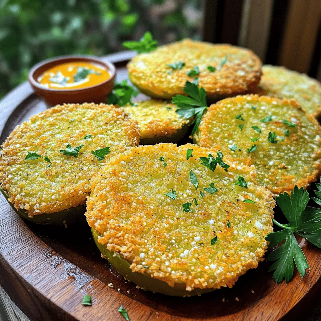- 4 mittelgroße grüne Tomaten - 250 g Weizenmehl - 2 große Eier - 250 g Maismehl - 1 Teelöffel Salz - 1 Teelöffel schwarzer Pfeffer - 1/2 Teelöffel Knoblauchpulver - 1/2 Teelöffel Paprika - 1/4 Teelöffel Cayennepfeffer - 50 g geriebener Parmesan - Kochspray oder Olivenöl zum Beträufeln Grüne Tomaten sind toll und bringen einen besonderen Geschmack. Ich benutze frische, feste Tomaten. Diese sind wichtig für die richtige Textur. Das Weizenmehl hilft, die Tomaten gut zu beschichten. Die Eier sorgen dafür, dass die Panade haftet. Maismehl gibt den Tomaten eine knusprige Oberfläche. Die Gewürze sind entscheidend. Salz und Pfeffer bringen den Geschmack hervor. Knoblauchpulver und Paprika sorgen für mehr Tiefe. Cayennepfeffer fügt einen leichten Kick hinzu. Der Parmesan macht alles noch leckerer. Er schmilzt und wird knusprig in der Hitze. Ich empfehle, Kochspray oder Olivenöl zu verwenden. Das hilft, die Tomaten goldbraun zu backen. So wird jedes Stück köstlich und knusprig. Für das beste Ergebnis kann man die Zutaten sorgfältig abmessen. Das sorgt dafür, dass jedes Mal alles perfekt gelingt. Bereitet euch auf ein tolles Geschmackserlebnis vor! Wenn ihr bereit seid, findet ihr die vollständige Anleitung in der [Full Recipe]. - Heizen Sie den Ofen auf 220 °C vor. - Schneiden Sie die grünen Tomaten in 0,5 cm dicke Scheiben. - Bestreuen Sie die Tomaten mit Salz und lassen Sie sie 10 Minuten ruhen. - Tupfen Sie die Tomaten danach mit einem Küchentuch trocken. - Bereiten Sie drei flache Schüsseln vor. - In der ersten Schüssel mischen Sie 250 g Weizenmehl mit 1 Teelöffel Salz und 1 Teelöffel schwarzem Pfeffer. - In der zweiten Schüssel verquirlen Sie 2 große Eier. - In der dritten Schüssel kombinieren Sie 250 g Maismehl, 1/2 Teelöffel Knoblauchpulver, 1/2 Teelöffel Paprika, 1/4 Teelöffel Cayennepfeffer und 50 g geriebenen Parmesan. - Tauchen Sie jede Tomatenscheibe zuerst in das Mehl und klopfen Sie überschüssiges Mehl ab. - Danach tauchen Sie die Scheibe in die geschlagenen Eier und lassen das überschüssige Ei abtropfen. - Wälzen Sie die Tomatenscheibe in der Maismehlmischung und drücken Sie sanft, um eine gleichmäßige Beschichtung zu schaffen. - Legen Sie die panierten Tomatenscheiben in einer einzelnen Schicht auf ein Backblech. - Besprühen Sie die Oberseite leicht mit Kochspray oder träufeln Sie Olivenöl darüber. - Backen Sie die Tomaten im vorgeheizten Ofen für 20-25 Minuten. - Wenden Sie die Scheiben zur Hälfte der Backzeit, bis sie goldbraun und knusprig sind. Um die besten Ergebnisse zu erzielen, wähle das richtige Öl. Kochspray funktioniert gut, aber Olivenöl gibt mehr Geschmack. Träufle das Öl gleichmäßig über die Tomaten. Das hilft, die Oberfläche knusprig zu machen. Achte darauf, den Ofen gut vorzuheizen. Eine hohe Temperatur bringt die perfekte Textur. Backe die Tomaten in einer einzigen Schicht, um eine gleichmäßige Bräunung zu erreichen. Wenn du glutenfrei bleiben möchtest, nutze glutenfreies Mehl. Reismehl oder Mandelmehl sind gute Optionen. Diese Mehle geben den Tomaten einen anderen, aber leckeren Geschmack. Du kannst auch Kichererbsenmehl verwenden. Es ist nahrhaft und verleiht eine besondere Note. Experimentiere mit verschiedenen Mehlen, um deine Lieblingskombination zu finden. Präsentation ist wichtig. Arrangiere die knusprigen Tomaten schön auf einem Teller. Garniere sie mit frischen Kräutern wie Petersilie oder Basilikum. Das macht den Teller einladender. Serviere die Tomaten mit einer scharfen Remoulade oder einem einfachen Joghurt-Dip. Diese Beilagen ergänzen ihren Geschmack. Du kannst auch einen frischen Salat dazu anbieten. So wird das Gericht noch bunter und schmackhafter. {{image_4}} Möchten Sie es schärfer? Fügen Sie einfach mehr Cayennepfeffer hinzu. Beginnen Sie mit einem halben Teelöffel und probieren Sie. Sie können die Menge steigern, bis es Ihnen passt. Diese kleine Änderung macht einen großen Unterschied. Die scharfen Aromen heben den Geschmack der Tomaten hervor. Haben Sie Lust auf einen Käsewechsel? Sie können verschiedene Käsesorten verwenden. Versuchen Sie es mit Cheddar oder Mozzarella. Wenn Sie vegan leben, greifen Sie zu veganem Käse. Diese Optionen bringen neue Geschmäcker. Experimentieren Sie und finden Sie Ihre Lieblingskombination. Möchten Sie andere Gemüsesorten verwenden? Zucchini oder Auberginen sind tolle Alternativen. Sie geben eine andere Textur und einen neuen Geschmack. Schneiden Sie das Gemüse in dünne Scheiben. Befolgen Sie die gleiche Paniermethode wie bei den Tomaten. So können Sie viele verschiedene Varianten genießen. Für das komplette Rezept, schauen Sie sich die [Full Recipe] an. Lagern Sie die ofengebackenen grünen Tomaten in einem luftdichten Behälter. Diese Methode hilft, die Frische zu bewahren. Stellen Sie sicher, dass die Tomaten vollständig abgekühlt sind, bevor Sie sie lagern. So bleiben sie knusprig und lecker. Im Kühlschrank halten sie sich etwa drei Tage. Das Einfrieren ist eine großartige Option, um die Reste zu bewahren. Legen Sie die Tomatenscheiben auf ein Backblech, ohne dass sie sich berühren. Frieren Sie sie für etwa zwei Stunden ein, bis sie fest sind. Danach können Sie die gefrorenen Tomaten in einen luftdichten Behälter oder einen Gefrierbeutel umfüllen. So bleiben sie bis zu drei Monate haltbar. Achten Sie darauf, sie beim Einfrieren nicht übereinander zu stapeln. Um die Knusprigkeit beim Aufwärmen zu erhalten, verwenden Sie den Ofen. Heizen Sie den Ofen auf 180 °C vor. Legen Sie die Tomaten auf ein Backblech und erwärmen Sie sie für etwa 10 bis 15 Minuten. Alternativ können Sie auch eine Pfanne verwenden. Erhitzen Sie die Tomaten bei mittlerer Hitze, bis sie warm sind. Vermeiden Sie die Mikrowelle, da sie die Textur beeinträchtigen kann. Ofengebackene grüne Tomaten sind ein köstliches Gericht. Sie bestehen aus frischen grünen Tomaten, die in Scheiben geschnitten werden. Diese Scheiben werden dann paniert und gebacken. Der Ursprung dieses Gerichts liegt im Süden der USA, wo es oft als Beilage oder Snack serviert wird. Die Kombination aus knuspriger Panade und saftiger Tomate macht es besonders beliebt. Es ist eine tolle Möglichkeit, um grüne Tomaten zu genießen, die oft übersehen werden. Ja, die Rezeptmenge lässt sich leicht anpassen. Wenn Sie weniger Portionen brauchen, halbieren Sie einfach die Zutaten. Für mehr Portionen verdoppeln Sie die Zutaten. Achten Sie darauf, die Backzeit anzupassen, wenn Sie die Menge verändern. Mehr Tomaten brauchen vielleicht etwas länger im Ofen. Prüfen Sie die Tomaten auf Goldbraunheit und Knusprigkeit. Grüne Tomaten stammen von der gleichen Pflanze wie rote Tomaten. Sie sind einfach unreif geerntete Tomaten. Die beste Zeit, um grüne Tomaten zu finden, ist im Spätsommer und Frühherbst. Bauernmärkte sind oft eine gute Quelle. Achten Sie auf feste, unbeschädigte Tomaten. Diese haben den besten Geschmack und die beste Textur für unser Rezept. Ofengebackene grüne Tomaten sind ein leckeres Gericht. Wir haben die Hauptzutaten, Gewürze und wichtige Tipps besprochen. Die Schritt-für-Schritt-Anleitung macht das Nachkochen leicht. Variationen helfen, das Gericht anzupassen. Auch die Aufbewahrung und Erwärmung der Reste sind wichtig, um den Geschmack zu erhalten. Denken Sie daran, die frische und knusprige Textur zu genießen. Dieses Gericht ist einfach und macht Freude beim Zubereiten!