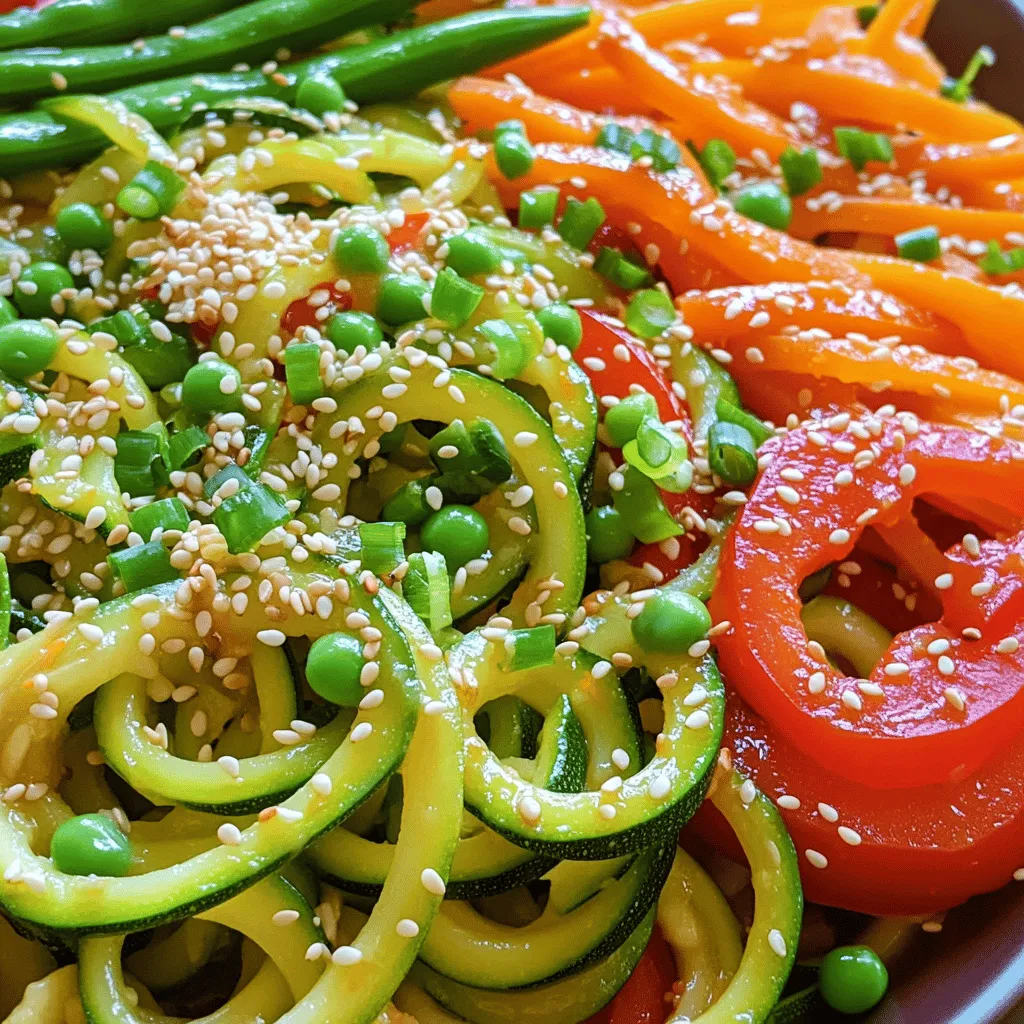 - 4 mittelgroße Zucchini, in Nudeln spiralisiert - 1 Tasse Paprika (gemischte Farben), dünn geschnitten - 1 Tasse Zuckerschoten, geputzt - 1 große Karotte, in feine Streifen geschnitten - 1/2 rote Zwiebel, dünn geschnitten - 3 Knoblauchzehen, fein gehackt - 1 Esslöffel frischer Ingwer, gerieben - 3 Esslöffel Sojasauce (oder Tamari für glutenfrei) - 1 Esslöffel Sesamöl - 1 Esslöffel Olivenöl - 1 Teelöffel Chiliflocken (nach Geschmack anpassen) - 1/4 Tasse gehackte Frühlingszwiebeln (zum Garnieren) - Sesamsamen (zum Garnieren) Diese Zutaten sind frisch und farbenfroh. Sie bringen viel Geschmack in dein Gericht. Die Zucchini-Nudeln sind leicht und gesund. Sie sind eine tolle Alternative zu normalen Nudeln. Paprika und Zuckerschoten geben einen süßen Biss. Karotten fügen eine schöne Knackigkeit hinzu. Zwiebeln, Knoblauch und Ingwer sorgen für ein tolles Aroma. Für die Soße nutzen wir Sojasauce und Sesamöl. Diese verleihen dem Gericht Tiefe und Umami. Chiliflocken geben einen kleinen Kick, den du anpassen kannst. Garnieren mit Frühlingszwiebeln und Sesamsamen macht das Gericht noch schöner. Das ganze Rezept findest du hier: [Full Recipe]. - Zucchini mit einem Spiralschneider in Nudeln verwandeln. - Zucchini-Nudeln beiseite legen. Zuerst musst du die Zucchini nehmen. Verwende einen Spiralschneider, um lange, dünne Nudeln zu machen. Achte darauf, dass du gleichmäßige Nudeln schneidest, damit sie gleichmäßig garen. - Olivenöl in einer großen Pfanne oder Wok erhitzen. - Rote Zwiebel 2-3 Minuten anbraten. - Knoblauch und Ingwer hinzufügen und kurz anrösten. Erhitze das Olivenöl in einer großen Pfanne oder einem Wok. Lass das Öl heiß werden. Dann füge die geschnittene rote Zwiebel hinzu. Brate sie für etwa 2-3 Minuten, bis sie weich wird. Jetzt kommt der Knoblauch und der Ingwer dazu. Rühre sie schnell um, bis sie aromatisch sind. - Paprika, Zuckerschoten und Karotten in die Pfanne geben. - 3-4 Minuten anbraten, bis das Gemüse leicht zart ist. Jetzt ist es Zeit, das andere Gemüse hinzuzufügen. Gib die geschnittene Paprika, Zuckerschoten und Karotten in die Pfanne. Brate sie für 3-4 Minuten an. Das Gemüse sollte lebendig und leicht zart sein. - Zucchini-Nudeln und Sojasauce einrühren. - Für weitere 2-3 Minuten braten, bis alles gut vermischt ist. Senke die Hitze etwas und füge die Zucchini-Nudeln hinzu. Gieße die Sojasauce darüber. Rühre alles gut um, damit die Nudeln die Sauce aufnehmen. Brate das Gericht noch 2-3 Minuten, bis die Zucchini-Nudeln warm sind. So hast du ein köstliches Zucchini-Nudel Pfannengericht. Du findest das vollständige Rezept im Abschnitt "Zutaten". Um Zucchini richtig zu spiralizieren, benutze einen Spiralschneider. Wähle feste Zucchini aus. Sie ergeben die besten Nudeln. Schneide die Zucchini in gleichmäßige Stücke, damit sie gut in den Schneider passen. Wenn du die Zucchini zu lange spiralierst, werden sie wässrig. Um wässrige Nudeln zu vermeiden, lege die Zucchini nach dem Schneiden auf ein Küchentuch. Salze sie leicht und lasse sie für 10 Minuten ruhen. Das Salz zieht das Wasser heraus. Tupfe die Zucchini danach trocken, bevor du sie in die Pfanne gibst. Füge zusätzliches Gemüse wie Brokkoli oder Spinat hinzu. Das macht das Gericht bunter und nährstoffreicher. Du kannst auch Proteine wie Hähnchen oder Tofu einbauen. Diese bringen mehr Geschmack und Fülle. Wenn du es würziger magst, erhöhe die Menge an Chiliflocken. Du kannst auch frische Chili oder Paprika verwenden, um zusätzliche Schärfe zu erreichen. Experimentiere mit verschiedenen Gewürzen wie Knoblauchpulver oder schwarzem Pfeffer. Zucchini-Nudel Pfannengerichte passen gut zu gebratenem Reis oder Quinoa. Diese Beilagen ergänzen das Gericht und machen es sättigender. Für die Garnitur verwende frische Kräuter wie Koriander oder Petersilie. Sesamsamen und Frühlingszwiebeln sorgen für eine schöne Präsentation. Serviere das Gericht in einer tiefen Schüssel, damit die Farben gut zur Geltung kommen. Du kannst das Rezept [Full Recipe] als Basis nutzen und deine eigenen Ideen hinzuzufügen. {{image_4}} Du kannst deinem Zucchini Noodle Stir Fry Protein hinzufügen. Hähnchen ist eine großartige Wahl. Schneide es in kleine Stücke. Brate es vor dem Gemüse an, bis es durch ist. Tofu ist eine tolle Option für Vegetarier. Schneide es ebenfalls klein und brate es goldbraun. Garnelen sind eine schnelle und leckere Variante. Füge sie einfach zum Gemüse hinzu. Wenn du vegetarische Varianten suchst, kannst du auch Kichererbsen verwenden. Sie sind nahrhaft und geben dem Gericht einen guten Biss. Um das Gericht vegan zu machen, ersetze die Sojasauce durch eine glutenfreie Option. Du kannst auch Tamari verwenden. Das macht das Gericht für alle zugänglich. Wenn du noch mehr Geschmack möchtest, füge frische Kräuter hinzu. Koriander oder Basilikum passen gut. Achte darauf, dass alle Zutaten pflanzlich sind. So bleibt es vegan und lecker. Für mehr Geschmack kannst du saisonales Gemüse hinzufügen. Im Frühling sind Erbsen und Spargel frisch. Im Sommer sind Tomaten und Auberginen perfekt. Im Herbst passen Kürbis und Paprika gut dazu. Im Winter kannst du Grünkohl oder Rosenkohl verwenden. Achte darauf, das Gemüse zu wählen, das gerade Saison hat. So schmeckt dein Zucchini Noodle Stir Fry noch besser. Es ist auch gut für die Umwelt, da saisonale Produkte weniger transportiert werden müssen. Um Reste von Zucchini-Nudel-Pfannengericht gut zu lagern, benutze einen luftdichten Behälter. Stelle sicher, dass die Reste vollständig abgekühlt sind, bevor du sie verpackst. So vermeidest du Feuchtigkeit, die das Gericht schneller verderben lässt. Lagere die Reste im Kühlschrank. Dort bleiben sie frisch und lecker. Vermeide es, die Reste länger als zwei Tage zu lagern. Frisches Gemüse kann schnell weich werden. Wenn du sie länger aufbewahren möchtest, friere sie ein. Dies hilft, die Frische zu bewahren und den Geschmack zu erhalten. Wenn du die Reste wieder aufwärmen möchtest, gibt es zwei einfache Methoden. Du kannst eine Mikrowelle oder eine Pfanne nutzen. In der Mikrowelle erhitzt du die Portionen für etwa ein bis zwei Minuten. Achte darauf, die Reste zwischendurch umzurühren. So wird das Essen gleichmäßig warm. In der Pfanne erhitzt du etwas Öl bei mittlerer Hitze. Füge die Reste hinzu und brate sie für etwa 3-5 Minuten. So bleibt die Textur der Zucchini-Nudeln besser. Sie werden nicht matschig, und der Geschmack bleibt frisch. Die Reste sind im Kühlschrank bis zu zwei Tage haltbar. Wenn du das Gericht länger aufbewahren möchtest, friere es ein. In einem luftdichten Behälter kannst du die Zucchini-Nudeln bis zu drei Monate lagern. Denke daran, das Gericht vor dem Einfrieren gut abzukühlen. Sobald du es wieder auftauen möchtest, lege es einfach über Nacht in den Kühlschrank. So bleibt die Qualität des Gerichts erhalten und du kannst es bald wieder genießen. Du kannst Zucchini-Nudeln bis zu zwei Tage im Voraus zubereiten. Lagere sie in einem luftdichten Behälter im Kühlschrank. Wenn du sie vorbereitest, achte darauf, sie nicht zu wässern. Das passiert oft, wenn sie zu lange stehen. Eine gute Idee ist es, sie erst kurz vor dem Servieren zu braten. So bleiben sie frisch und knackig. Wenn du keine Zucchini hast, probiere andere Gemüsesorten als Nudeln. Einige tolle Alternativen sind: - Karotten: Sie sind süß und knusprig. - Süßkartoffeln: Sie haben einen tollen Geschmack. - Gurken: Sie sind erfrischend und leicht. - Paprika: Sie bringen Farbe und Geschmack. Jedes Gemüse hat seinen eigenen Geschmack. Experimentiere mit verschiedenen Sorten, um dein Gericht anzupassen. Wenn du es scharf magst, gibt es viele einfache Wege, das Rezept anzupassen: - Füge mehr Chiliflocken hinzu. Du kannst die Menge nach deinem Geschmack erhöhen. - Verwende frische Chilis. Füge sie zusammen mit dem Knoblauch hinzu. - Probiere scharfe Saucen. Eine Prise Sriracha oder Sambal Oelek kann Wunder wirken. Egal für welche Methode du dich entscheidest, achte darauf, den Geschmack des Gemüses nicht zu überdecken. Zusammenfassend haben wir die Zutaten und Schritte für ein leckeres Zucchini-Nudel-Gericht behandelt. Wir haben auch Tipps gegeben, um das Gericht zu variieren und aufzubewahren. Egal, ob du es vegetarisch, vegan oder proteinreich magst, es gibt viele Möglichkeiten. Zucchini-Nudeln sind einfach zuzubereiten und gesund. Probiere es aus und entdecke, wie lecker und vielseitig sie sein können. Viel Spaß beim Kochen!