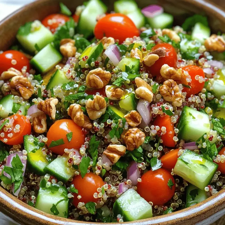 Für einen gesunden Quinoa Tabbouleh brauchst du frische und nahrhafte Zutaten. Hier ist eine Liste: - 1 Tasse Quinoa, gut abgespült - 2 Tassen Wasser oder Gemüsebrühe - 1 großer Bund Petersilie, fein gehackt - 1/2 Tasse Minzblätter, fein gehackt - 1 Tasse Kirschtomaten, gewürfelt - 1 Salatgurke, gewürfelt - 1/4 rote Zwiebel, fein gehackt - 1/4 Tasse Olivenöl - 1/4 Tasse Zitronensaft - Salz und Pfeffer nach Geschmack - 1/4 Tasse Walnüsse, gehackt (optional für den Crunch) Diese Zutaten geben deinem Tabbouleh frischen Geschmack und eine nahrhafte Basis. Um den Quinoa Tabbouleh noch gesünder zu machen, kannst du einige zusätzliche Zutaten verwenden: - Avocado für gesunde Fette - Feta-Käse für einen salzigen Kick - Paprika für mehr Farbe und Vitamine - Kichererbsen für zusätzliche Proteine Diese Zusätze machen das Gericht nahrhafter und interessanter. Achte beim Einkauf auf frische und hochwertige Zutaten. Hier sind einige Tipps: - Wähle leuchtend grüne Kräuter ohne Verfärbungen. - Die Tomaten sollten fest und reif sein. - Gurken sollten knackig und ohne Druckstellen sein. - Achte darauf, dass die Zwiebeln keine grünen Triebe haben. Frische Zutaten machen deinen Quinoa Tabbouleh schmackhafter und gesünder. Wenn du die Zutaten gut auswählst, schmeckt das Gericht viel besser. Du kannst das gesamte Rezept in der [Full Recipe] nachlesen. Um die Quinoa perfekt zuzubereiten, beginne ich mit 1 Tasse Quinoa. Ich spüle sie gründlich ab, um Bitterstoffe zu entfernen. Dann gebe ich die Quinoa in einen mittleren Topf. Ich füge 2 Tassen Wasser oder Gemüsebrühe hinzu. Bei hoher Hitze bringe ich die Mischung zum Kochen. Sobald das Wasser kocht, senke ich die Hitze und decke den Topf ab. Nach etwa 15 Minuten ist die Quinoa fluffig. Ich nehme den Topf vom Herd und lasse die Quinoa abkühlen. Während die Quinoa abkühlt, bereite ich das Gemüse und die Kräuter vor. Ich schneide 1 Tasse Kirschtomaten in kleine Würfel. Dann nehme ich 1 Salatgurke und würfle sie ebenfalls. Als Nächstes hacke ich 1/4 rote Zwiebel fein. Ich nehme einen großen Bund Petersilie und 1/2 Tasse Minzblätter und hacke sie klein. Diese frischen Zutaten bringen viel Geschmack in das Gericht. Wenn die Quinoa abgekühlt ist, lockere ich sie mit einer Gabel auf. Ich gebe die Quinoa in eine große Schüssel mit den gehackten Gemüse und Kräutern. In einer kleinen Schüssel vermische ich 1/4 Tasse Olivenöl, 1/4 Tasse Zitronensaft, Salz und Pfeffer. Dieses Dressing träufle ich gleichmäßig über die Quinoa-Mischung. Dann vermenge ich alles vorsichtig. Wenn ich mag, füge ich 1/4 Tasse gehackte Walnüsse für den Crunch hinzu. Ich lasse den Tabbouleh 15-20 Minuten ruhen, damit die Aromen gut durchziehen. Ich serviere ihn kalt oder bei Raumtemperatur. Du kannst das vollständige Rezept im Artikel finden. Eine häufige Falle beim Tabbouleh ist die falsche Quinoa-Konsistenz. Wenn du zu viel Wasser verwendest, wird die Quinoa matschig. Achte darauf, das Verhältnis von Quinoa zu Wasser genau zu befolgen. Spüle die Quinoa gründlich ab, um Bitterstoffe zu entfernen. Diese Schritte helfen, einen klaren, nussigen Geschmack zu erhalten. Ein weiterer Fehler ist die Übermischung der Zutaten. Wenn du die Quinoa und das Gemüse zu intensiv vermengst, zerdrückst du die zarten Tomaten und Kräuter. Mische alles sanft, damit die Texturen erhalten bleiben. Um die Quinoa fluffig zu halten, lasse sie nach dem Kochen ruhen. Decke sie mit einem Tuch ab, damit der Dampf die Körner lockert. Verwende eine Gabel, um die Quinoa aufzulockern. Dies sorgt dafür, dass die Körner nicht zusammenkleben. Das Kochen in Gemüsebrühe statt Wasser bringt mehr Geschmack. Der nussige Geschmack wird durch das Rösten der Quinoa vor dem Kochen noch verstärkt. So wird jedes Bisschen lecker. Du kannst das Tabbouleh leicht anpassen. Füge zum Beispiel Feta oder Kichererbsen hinzu, um mehr Protein zu bekommen. Wenn du es schärfer magst, probiere etwas gehackte rote Chili. Experimentiere mit verschiedenen Kräutern wie Dill oder Basilikum. Die Wahl der Gemüsesorten kann ebenfalls variieren. Du kannst Paprika oder Karotten für mehr Farbe und Crunch verwenden. Sei kreativ! Das macht das Kochen spannend und persönlich. Für die vollständige Anleitung schau dir das Full Recipe an. {{image_4}} Quinoa Tabbouleh ist von Natur aus vegetarisch und vegan. Die Hauptzutat, Quinoa, ist eine großartige Quelle für pflanzliches Protein. Sie können den Salat jedoch noch vielseitiger machen. Fügen Sie geröstetes Gemüse wie Paprika oder Zucchini hinzu. Diese Zutaten bringen mehr Geschmack und Farbe. Für eine noch reichhaltigere Textur können Sie auch Avocado hinzufügen. Diese Variante ist cremig und sättigend. Um den Geschmack zu intensivieren, probieren Sie verschiedene Zutaten aus. Fügen Sie Feta-Käse für einen salzigen Kick hinzu. Für eine scharfe Note können Sie frische Chili oder Jalapeños nutzen. Oliven sind ebenfalls eine tolle Ergänzung. Sie bringen eine salzige Komponente, die die Frische der Kräuter ausgleicht. Für mehr Crunch können gehackte Walnüsse oder Mandeln hinzugefügt werden. Diese sorgen für einen tollen Biss. Passen Sie Ihr Tabbouleh an die Saison an. Im Sommer sind frische, reife Tomaten und Gurken ideal. Im Winter können Sie geröstete Rüben oder Karotten verwenden. Diese Wurzelgemüse bringen Wärme und Süße. Nutzen Sie auch Kräuter, die in Ihrer Region wachsen. Basilikum oder Schnittlauch sind gute Optionen. Experimentieren Sie mit verschiedenen Geschmäckern und Texturen. So bleibt Ihr Tabbouleh immer spannend und lecker. Für das vollständige Rezept besuchen Sie [Full Recipe]. Um deinen Healthy Quinoa Tabbouleh frisch zu halten, benutze einen luftdichten Behälter. Stelle sicher, dass der Behälter gut verschlossen ist. So bleibt der Geschmack erhalten. Der Tabbouleh kann bei Raumtemperatur stehen, aber ich empfehle, ihn im Kühlschrank zu lagern. Im Kühlschrank bleibt dein Tabbouleh bis zu vier Tage frisch. Achte darauf, dass du ihn in einem luftdichten Behälter aufbewahrst. Nach ein paar Tagen kann die Frische nachlassen. Das Gemüse könnte weicher werden, aber der Geschmack bleibt trotzdem gut. Ja, du kannst Tabbouleh einfrieren! Fülle ihn in einen gefriersicheren Behälter. Lasse etwas Platz, da sich die Mischung beim Einfrieren ausdehnt. Zum Auftauen, lege den Behälter einfach in den Kühlschrank. Lass ihn über Nacht auftauen. So bleibt der Geschmack erhalten und die Zutaten bleiben frisch. Quinoa ist ein sehr gesundes Lebensmittel. Es ist reich an Proteinen und Ballaststoffen. Außerdem enthält es viele Vitamine und Mineralien. Quinoa hat alle neun wichtigen Aminosäuren. Das macht es zu einer vollständigen Proteinquelle. Es hilft, den Blutzucker zu regulieren und kann das Herz schützen. Diese Nährstoffe unterstützen auch die Verdauung und das Immunsystem. Ja, du kannst andere Kräuter verwenden. Petersilie und Minze sind klassisch, aber nicht die einzigen Optionen. Du kannst Basilikum oder Koriander probieren. Diese Kräuter bringen frische Aromen. Experimentiere mit dem, was dir schmeckt. Achte darauf, die Menge anzupassen, damit der Geschmack gut bleibt. Tabbouleh bleibt im Kühlschrank etwa drei bis fünf Tage frisch. Bewahre es in einem luftdichten Behälter auf. So bleibt der Geschmack und die Textur gut. Vor dem Servieren kannst du das Tabbouleh gut durchmischen. Wenn du es länger aufbewahren möchtest, kannst du die Zutaten getrennt lagern. So bleibt alles frisch und knackig. Healthy Quinoa Tabbouleh ist einfach zuzubereiten und lecker. Die Hauptzutaten liefern viele Nährstoffe. Frische Zutaten machen den Unterschied. Wir haben die Schritte zur Zubereitung behandelt. Dabei haben wir wichtige Fehler und nützliche Tipps besprochen. Variationen erhöhen den Geschmack und die Vielseitigkeit. Die richtige Lagerung sorgt dafür, dass dein Tabbouleh lange frisch bleibt. Nutze die Antworten auf häufige Fragen, um mehr über Quinoa zu lernen. Experimentiere und genieße dein eigenes Tabbouleh!