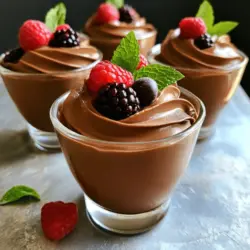 - 1 ½ Tassen Vollfett-Kokosmilch (über Nacht gekühlt) - 1 Tasse dunkle Schokoladenstückchen (dairy-free, mindestens 70% Kakao) - 2 Esslöffel Ahornsirup (nach Geschmack anpassen) Die Hauptzutaten für die Mousse sind einfach und lecker. Vollfett-Kokosmilch ist die Basis. Sie sorgt für eine tolle cremige Textur. Wählen Sie eine hochwertige Marke, die gut gekühlt ist. Dunkle Schokoladenstückchen machen die Mousse schokoladig und reichhaltig. Achten Sie darauf, dass sie frei von Milch sind. Ahornsirup fügt Süße hinzu. Sie können die Menge je nach Geschmack anpassen. - 1 Teelöffel Vanilleextrakt - Eine Prise Meersalz - Frische Beeren und Minzblätter zur Dekoration (optional) Zusätzliche Zutaten bringen mehr Geschmack. Vanilleextrakt verstärkt das Aroma der Schokolade. Eine Prise Meersalz hebt die Aromen hervor und macht die Mousse interessanter. Dekorieren Sie die Mousse mit frischen Beeren oder Minzblättern. Diese sorgen für einen schönen Anblick und frische Noten. Diese Zutaten sind einfach zu finden und machen die Mousse noch besser. Für das komplette Rezept schauen Sie bitte in den [Full Recipe]. Zuerst nehme ich eine Dose gekühlte Kokosmilch. Ich öffne die Dose und schöpfe die feste Kokoscreme an der Oberseite heraus. Es ist wichtig, die Flüssigkeit zurückzulassen. Ich gebe die Kokoscreme in eine große Rührschüssel. So stelle ich sicher, dass sie genug Platz hat, um gut gemixt zu werden. Jetzt schmelze ich die dunklen Schokoladenstückchen. Ich nehme eine mikrowellengeeignete Schüssel und gebe die Schokoladenstückchen hinein. Ich erhitze sie in Intervallen von 30 Sekunden. Nach jedem Intervall rühre ich die Schokolade um. So wird sie gleichmäßig geschmolzen. Ich prüfe die Konsistenz. Die Schokolade sollte glatt und glänzend sein. Wenn sie geschmolzen ist, lasse ich sie etwas abkühlen. Nun füge ich die geschmolzene Schokolade zur Kokoscreme hinzu. Ich gebe auch den Ahornsirup, den Vanilleextrakt und eine Prise Meersalz dazu. Mit einem elektrischen Mixer schlage ich alles bei mittlerer Geschwindigkeit. Ich achte darauf, nicht zu lange zu mixen. Die Mischung soll cremig und luftig bleiben. Ich löffele die Mousse in kleine Servierschalen oder eine große Schüssel. Danach decke ich sie mit Frischhaltefolie ab. Jetzt stelle ich die Mousse für mindestens eine Stunde in den Kühlschrank. So wird sie fest. Wenn die Mousse fertig ist, nehme ich sie heraus. Ich dekoriere sie gerne mit frischen Beeren und Minzblättern. Das sieht schön aus und schmeckt lecker! Um die perfekte Konsistenz der Mousse zu erzielen, ist der Mixvorgang entscheidend. Beginne mit der gekühlten Kokoscreme. Schlage sie leicht auf, bis sie cremig ist. Achte darauf, die Schokolade nicht zu heiß hinzuzufügen. Zu hohe Hitze kann die Creme schmelzen und die Mousse flüssig machen. Mixe die Zutaten nur so lange, bis alles gut vermischt ist. Übermixen kann die Luftigkeit zerstören. Die Mousse sollte leicht und fluffig bleiben. Wenn du die Süße anpassen möchtest, probiere verschiedene Süßstoffe. Honig oder Agavendicksaft sind gute Alternativen zu Ahornsirup. Du kannst auch frische Datteln pürieren und hinzufügen. Für die Milchbasis kannst du andere pflanzliche Milchsorten verwenden. Mandeldrink oder Hafermilch sind lecker. Diese Optionen bringen unterschiedliche Geschmäcker und Texturen. Experimentiere, um deine perfekte Mousse zu finden. Beeren sind eine großartige Ergänzung zur Mousse. Himbeeren oder Erdbeeren bringen frische Aromen. Sie passen gut zu der süßen Schokolade. Du kannst sie einfach oben drauf legen. Eine weitere Idee ist, Schokoladenraspel als Topping zu nutzen. Sie geben einen schönen Crunch und mehr Schokoladengeschmack. Serviere die Mousse in kleinen Schalen. Das sieht toll aus und macht Freude beim Essen. {{image_4}} Für diese Mousse verwenden wir rein pflanzliche Zutaten. Die Hauptzutat ist Vollfett-Kokosmilch. Diese gibt der Mousse ihre cremige Textur. Dunkle Schokoladenstückchen sind ebenfalls milchfrei. Achte darauf, dass sie mindestens 70 % Kakao enthalten. So bleibt das Rezept vegan und lecker. Die Zutaten in diesem Rezept sind von Natur aus glutenfrei. Achte beim Kauf der Schokoladenstückchen darauf, dass sie keine glutenhaltigen Bestandteile enthalten. So stellst du sicher, dass jeder die Mousse genießen kann. Es ist wichtig, die Inhaltsstoffe immer zu überprüfen. So vermeidest du Gluten und andere Allergene. Du kannst die Mousse auf verschiedene Arten aromatisieren. Eine beliebte Option ist die Zugabe von Kaffee. Kaffee verstärkt den Schokoladengeschmack. Eine andere Möglichkeit ist, Kokosnuss zu verwenden. Füge etwas Kokosnussmilch oder geraspelte Kokosnuss hinzu. Dies gibt der Mousse einen tropischen Touch. Experimentiere mit verschiedenen Aromen, um deine eigene Note zu finden. Die Mousse bleibt am besten im Kühlschrank. Bewahren Sie sie in einem luftdichten Behälter auf. So bleibt sie frisch und lecker. Wenn Sie die Mousse in Servierschalen haben, decken Sie sie mit Frischhaltefolie ab. Die Haltbarkeit der Mousse beträgt bis zu vier Tage. Nach dieser Zeit könnte die Textur leiden. Genießen Sie sie also frisch, um den besten Geschmack zu erleben. Die Mousse kann auch eingefroren werden. Dies ist eine gute Option für spätere Snacks. Teilen Sie die Mousse in Portionen auf, bevor Sie sie einfrieren. Verwenden Sie gefrierfeste Behälter oder Beutel. So verhindern Sie Gefrierbrand. Beim Auftauen geben Sie die Mousse einfach in den Kühlschrank. Lassen Sie sie dort über Nacht auftauen. Vermeiden Sie das Auftauen in der Mikrowelle, da dies die Textur ruinieren kann. Fügen Sie nach dem Auftauen frische Beeren oder Minzblätter hinzu, um die Mousse aufzufrischen. Für das vollständige Rezept besuchen Sie [Full Recipe]. Die Mousse bleibt im Kühlschrank bis zu fünf Tage frisch. Bewahre sie in einem luftdichten Behälter auf. Das hilft, den Geschmack zu bewahren. Wenn du die Mousse länger aufbewahren möchtest, kannst du sie auch einfrieren. Achte darauf, sie gut abzudecken, damit sie nicht Gefrierbrand bekommt. Ja, du kannst die Mousse einen Tag im Voraus zubereiten. Das gibt ihr Zeit, um fest zu werden und die Aromen zu entwickeln. Löffle die Mousse einfach in Schalen und decke sie ab. Stelle sicher, dass sie gut kalt ist, bevor du sie servierst. Ja, diese Mousse ist komplett milchfrei. Wir verwenden Vollfett-Kokosmilch und dunkle Schokoladenstückchen ohne Milch. Achte beim Kauf darauf, dass die Schokolade keine Milchbestandteile hat. So kannst du sicher sein, dass das Rezept für Allergiker geeignet ist. Wenn du keine Kokosmilch magst, kannst du auch andere pflanzliche Milchsorten verwenden. Mandelmilch oder Cashewmilch sind gute Alternativen. Du kannst auch Hafermilch versuchen, wenn du eine cremige Textur möchtest. Achte darauf, dass die Milch ungesüßt ist, um den Geschmack der Mousse nicht zu beeinflussen. Diese Mousse ist einfach und lecker. Sie braucht nur einfache Zutaten wie Kokosmilch, Schokolade und Ahornsirup. Die Schritt-für-Schritt-Anleitung führt dich durch jede Phase. Du kannst die Konsistenz perfekt hinbekommen und kreativ mit Aromen spielen. Egal, ob du vegan oder glutenfrei bleibst, die Mousse passt zu vielen Vorlieben. Denke daran, sie frisch zu lagern und zu genießen. Experimentiere und entdecke neue Kombinationen. Selber machen ist nicht nur einfach, sondern macht auch Spaß!