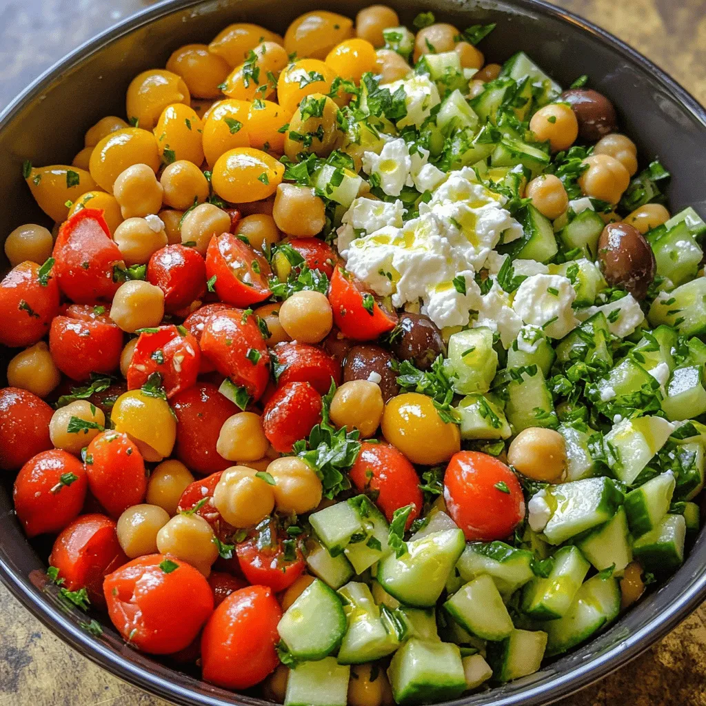 Für diesen mediterranen Kichererbsensalat brauchst du folgende Zutaten: - 1 Dose (450 g) Kichererbsen, abgespült und abgetropft - 1 Tasse Kirschtomaten, halbiert - 1 Gurke, gewürfelt - 1 Paprika (rot oder gelb), gewürfelt - ⅓ Tasse rote Zwiebel, fein gehackt - ½ Tasse Kalamata-Oliven, entsteint und halbiert - 1 Tasse Feta-Käse, zerbröselt - 3 Esslöffel natives Olivenöl extra - 2 Esslöffel frisch gepresster Zitronensaft - 1 Teelöffel getrockneter Oregano - Salz und Pfeffer nach Geschmack - Frische Petersilie, gehackt (zum Garnieren) Diese Zutaten bringen die Aromen des Mittelmeers in deine Küche. Sie sind frisch und voller Geschmack. Ich empfehle, frische Zutaten zu verwenden, wenn möglich. Frische Kirschtomaten und Gurken haben mehr Geschmack. Sie machen den Salat lebendiger. Konservierte Kichererbsen sind praktisch. Sie sparen Zeit und sind immer bereit. Spüle sie gut ab, damit der Salat nicht zu salzig wird. Wenn du frische Zutaten verwendest, achte auf die Qualität. Frisches Gemüse hat einen großen Einfluss auf den Geschmack. Wähle reife, saftige Tomaten und knackige Gurken. Sie machen den Salat noch besser. Der mediterrane Kichererbsensalat ist gesund und nahrhaft. Eine Portion hat etwa 300 Kalorien. Er enthält viel Protein und Ballaststoffe. Hier sind einige Nährwerte: - Kichererbsen: Reich an Protein und Ballaststoffen. - Gemüse: Voller Vitamine und Mineralien. - Feta-Käse: Liefert Kalzium und Protein. - Olivenöl: Gesundes Fett, das gut für das Herz ist. Dieser Salat ist nicht nur lecker, sondern auch gut für deinen Körper. Du kannst ihn als Hauptgericht oder Beilage genießen. Wenn du mehr über die Zubereitung wissen willst, schau dir das Full Recipe an. Um den perfekten mediterranen Kichererbsensalat zuzubereiten, beginnen wir mit den frischen Zutaten. Nimm eine große Rührschüssel. Gib die abgespülten Kichererbsen hinein. Füge die halbierten Kirschtomaten hinzu. Danach kommt die gewürfelte Gurke. Die gewürfelte Paprika folgt als Nächstes. Dann die fein gehackte rote Zwiebel. Zuletzt gib die halbierten Kalamata-Oliven dazu. Mische alles gut, damit die Aromen sich verbinden. Für das Dressing brauchst du eine kleine Schüssel. Gib das Olivenöl hinein. Füge den frisch gepressten Zitronensaft hinzu. Jetzt kommt der getrocknete Oregano. Schmecke mit Salz und Pfeffer ab. Verrühre alles gut mit einer Gabel oder einem kleinen Schneebesen. Das Dressing sollte gut vermischt und aromatisch sein. Gieße das Dressing gleichmäßig über die Salatzutaten in der großen Schüssel. Mische alles vorsichtig, damit die Kichererbsen und das Gemüse gleichmäßig bedeckt sind. Jetzt kannst du den zerbröselten Feta-Käse vorsichtig unterheben. Achte darauf, dass der Käse nicht zerdrückt wird. Probiere den Salat und passe den Geschmack mit mehr Salz, Pfeffer oder Zitronensaft an. Lass den Salat mindestens 15 Minuten ruhen. So können die Aromen gut durchziehen. Vor dem Servieren garniere den Salat mit frisch gehackter Petersilie. - Verwende frische Zutaten für den besten Geschmack. - Lass den Salat bei Zimmertemperatur ruhen, um die Aromen zu stärken. - Du kannst auch andere Kräuter wie Basilikum oder Minze hinzufügen, um frische Noten zu erhalten. Um den mediterranen Kichererbsensalat perfekt zu machen, achte auf frische Zutaten. Wähle reife Kirschtomaten und knackige Gurken. Sie bringen mehr Geschmack in den Salat. Schneide das Gemüse gleichmäßig, damit alle Zutaten gut vermischt sind. Verwende hochwertiges Olivenöl für ein besseres Aroma. Das Dressing sollte gut balanciert sein. Ein Spritzer Zitronensaft hebt den Geschmack hervor. Lass den Salat vor dem Servieren ruhen, damit sich die Aromen verbinden. Serviere den Salat in einer großen Schüssel, um ihn einladend wirken zu lassen. Garniere ihn mit frischer Petersilie für einen schönen Farbkontrast. Du kannst auch einige Feta-Stücke oben drauflegen. Das sieht nicht nur gut aus, sondern gibt auch einen zusätzlichen Geschmackskick. Verteile den Salat auf Tellern, wenn du Gäste hast. So wirkt jeder Teller frisch und einladend. Du kannst den Salat einige Stunden im Voraus zubereiten. Das gibt den Aromen Zeit, sich zu entfalten. Lagere ihn im Kühlschrank in einem luftdichten Behälter. Mische das Dressing nicht sofort mit den Zutaten, wenn du ihn vorher machst. Das Gemüse bleibt so frisch und knusprig. Für eine große Feier kannst du die Zutaten gleich doppelt nehmen. So hast du genug für alle. Schau dir auch das Full Recipe an, um die genauen Mengen zu sehen. {{image_4}} Um deinen mediterranen Kichererbsensalat zu variieren, füge frische Kräuter hinzu. Petersilie oder Minze passen sehr gut. Du kannst auch gegrilltes Gemüse wie Zucchini oder Aubergine einmischen. Diese Zutaten bringen mehr Geschmack und Farbe. Füge außerdem Artischockenherzen oder Kapern hinzu, um einen zusätzlichen Kick zu bekommen. Diese Zutaten machen den Salat noch interessanter und schmackhafter. Der Salat ist bereits vegetarisch. Um ihn vegan zu machen, lasse den Feta-Käse einfach weg. Du kannst stattdessen Avocado verwenden, um eine cremige Textur zu erhalten. Eine vegane Feta-Alternative aus Nüssen wäre auch eine tolle Option. Diese Varianten halten den Salat frisch und nahrhaft, während sie den Geschmack beibehalten. Für Allergiker gibt es auch tolle Alternativen. Wenn du keine Oliven verträgst, kannst du sie durch Sonnenblumenkerne ersetzen. Diese geben einen nussigen Geschmack. Bei einer Glutenallergie ist der Salat perfekt, da er keine glutenhaltigen Zutaten enthält. Achte darauf, die Zutatenliste immer zu überprüfen, um sicherzustellen, dass alles für dich geeignet ist. Für das gesamte Rezept schau dir den [Full Recipe] an. Um deinen mediterranen Kichererbsensalat frisch zu halten, lagere ihn in einem luftdichten Behälter. Stelle sicher, dass du den Behälter gut verschließt. So bleibt der Salat knackig und schmackhaft. Kühl ihn sofort nach dem Zubereiten im Kühlschrank. Im Kühlschrank hält der Salat bis zu drei Tage. Nach dieser Zeit könnte der Salat an Frische verlieren. Die Kichererbsen und das Gemüse können weich werden. Wenn du das Aroma und den Geschmack magst, iss ihn lieber früher. Das Einfrieren des Salats ist nicht ideal. Das Gemüse wird beim Auftauen matschig und verliert seine Textur. Wenn du Reste hast, ist es besser, nur die Kichererbsen einzufrieren. Diese kannst du dann später für einen neuen Salat oder ein Gericht verwenden. Für die vollständige Zubereitung des mediterranen Kichererbsensalats, schau dir das [Full Recipe] an. Der mediterrane Kichererbsensalat hält im Kühlschrank etwa drei bis fünf Tage. Lagere ihn in einem luftdichten Behälter, um die Frische zu bewahren. Die Aromen werden mit der Zeit besser, also schmeckt er nach ein paar Stunden sogar noch besser. Ja, du kannst viele verschiedene Gemüse hinzufügen. Paprika, Karotten oder Zucchini passen gut. Sei kreativ und verwende, was dir gefällt! Das macht den Salat noch bunter und nahrhafter. Achte darauf, dass die Stücke gleich groß sind, damit alles gleichmäßig vermischt wird. Ja, dieser Salat ist sehr gesund. Kichererbsen bieten viel Protein und Ballaststoffe. Gemüse liefert Vitamine und Mineralien. Olivenöl enthält gesunde Fette, die gut für das Herz sind. Das macht diesen Salat zu einer tollen Wahl für eine ausgewogene Ernährung. Zutaten sind der Schlüssel zu einem tollen mediterranen Kichererbsensalat. Frische Zutaten machen einen großen Unterschied. In der Anleitung habe ich die einfachen Schritte zum Zubereiten und Mischen erklärt. Mit den Tipps kannst du deinen Salat noch besser machen. Variationen bieten viele Möglichkeiten für jeden Geschmack. Achte darauf, den Salat richtig zu lagern, damit er frisch bleibt. Denk daran, dein Wissen über Salate zu nutzen, um leckerere Gerichte zu kreieren. Mach deinen nächsten Salat zum Hit!