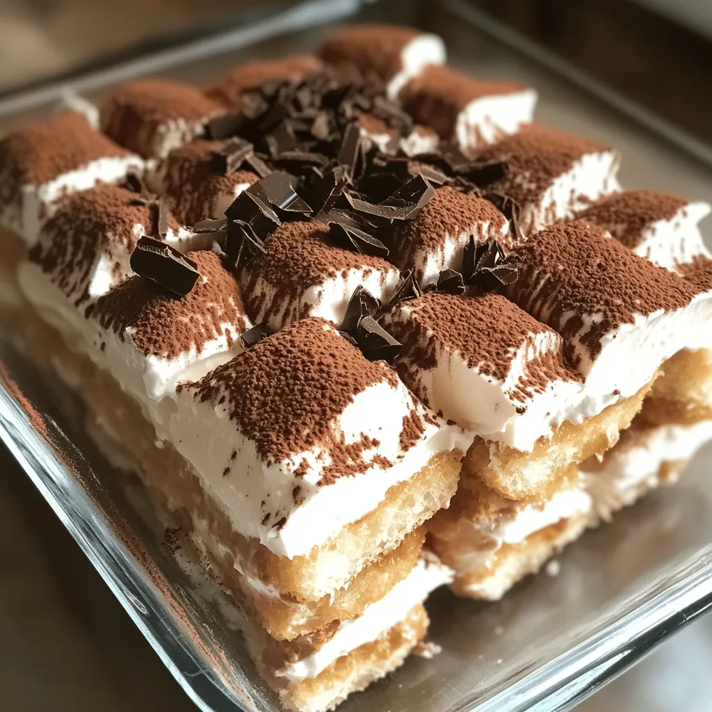 Die Vorbereitungszeit für das No-Bake Tiramisu beträgt etwa 20 Minuten. Es benötigt dann mindestens 4 Stunden im Kühlschrank, um gut durchzuziehen. Das Rezept ergibt 8 Portionen. Achten Sie darauf, frische Sahne und Mascarpone zu verwenden. Diese Zutaten machen den Geschmack viel besser. 1. Schlagsahne schlagen: Nehmen Sie eine große Rührschüssel. Schlagen Sie die Schlagsahne mit einem Handmixer, bis sich steife Spitzen bilden. 2. Mascarpone-Mischung: In einer separaten Schüssel vermengen Sie den Mascarpone-Käse, Puderzucker und Vanilleextrakt. Rühren Sie das Gemisch mit einem Löffel gut um, bis es glatt ist. 3. Sahne unterheben: Heben Sie die geschlagene Sahne vorsichtig unter die Mascarpone-Mischung. Mischen Sie, bis alles gut verbunden ist. 4. Kaffee-Milch-Mischung: In einer anderen flachen Schüssel vermischen Sie den abgekühlten Kaffee mit der Milch. 5. Biskuits tauchen: Tauchen Sie jeden Löffelbiskuit schnell in die Kaffee-Milch-Mischung. Legen Sie sie dann gleichmäßig in den Boden einer 22x22 cm großen Auflaufform. 6. Erste Schicht: Verteilen Sie die Hälfte der Mascarpone-Füllung gleichmäßig über die erste Lage Löffelbiskuits. 7. Zweite Schicht: Wiederholen Sie den Vorgang mit einer weiteren Schicht getauchtem Löffelbiskuit und der restlichen Mascarpone-Füllung. Streichen Sie die Oberseite glatt. 8. Kühlen: Decken Sie die Auflaufform mit Frischhaltefolie ab. Lassen Sie das Tiramisu mindestens 4 Stunden oder über Nacht im Kühlschrank ruhen. 9. Servieren: Vor dem Servieren bestäuben Sie die Oberfläche mit Kakaopulver. Fügen Sie nach Wunsch dunkle Schokoladenspäne hinzu. Um die Schritte besser zu verstehen, schauen Sie sich ein Video an oder finden Sie Bilder online. Diese zeigen Ihnen, wie das Tiramisu aussehen sollte. So wird das Kochen leichter und Spaß macht mehr. Probieren Sie das Rezept aus und genießen Sie Ihr selbstgemachtes Tiramisu! Ein häufiger Fehler beim Tiramisu ist das Einweichen der Löffelbiskuits. Tauchen Sie diese nur kurz in die Kaffee-Milch-Mischung. Wenn sie zu lange eingeweicht werden, werden sie matschig. Ein weiterer Fehler ist das Übermixen der Sahne. Dies führt zu einer festen Textur. Schlagen Sie die Sahne nur bis sich steife Spitzen bilden. Die beste Textur entsteht durch das vorsichtige Mischen der geschlagenen Sahne mit der Mascarpone-Mischung. Verwenden Sie einen großen Löffel und heben Sie die Sahne langsam unter. Dies sorgt für Luftigkeit und Leichtigkeit. Achten Sie darauf, die Mischung nicht zu stark zu rühren. So bleibt die Füllung cremig und geschmeidig. Wenn Sie keine Löffelbiskuits haben, verwenden Sie einfach andere Kekse. Butterkekse sind eine gute Wahl. Für die Kaffee-Mischung können Sie auch anderen Kaffee verwenden. Espresso bringt einen starken Geschmack. Für eine milde Variante mischen Sie den Kaffee mit etwas Kakao oder Vanille. So können Sie den Geschmack anpassen und das Rezept nach Ihrem Wunsch gestalten. Für weitere Details besuchen Sie die [Full Recipe]. {{image_4}} Um dein No-Bake Tiramisu zu variieren, kannst du verschiedene Aromen hinzufügen. Schokolade ist eine großartige Wahl. Füge einfach geschmolzene Schokolade zur Mascarpone-Mischung hinzu. Du kannst auch Schokoladenspäne zwischen die Schichten streuen. Für eine fruchtige Note probiere pürierte Erdbeeren oder Himbeeren. Mische sie in die Füllung oder schichte sie zwischen die Löffelbiskuits. Versuche sogar, etwas Orangen- oder Zitronenschale hinzuzufügen. So erhält dein Tiramisu einen frischen Geschmack. Ein veganes No-Bake Tiramisu ist einfach zuzubereiten. Ersetze den Mascarpone-Käse durch vegane Alternativen. Cashew-Creme oder Kokosjoghurt eignen sich hervorragend dafür. Verwende pflanzliche Sahne für die Schlagsahne. Achte darauf, dass die Löffelbiskuits vegan sind oder wähle ein Rezept für vegane Biskuits. Ansonsten bleibt die Zubereitung gleich. Du wirst sehen, dass es genauso lecker wird! Für glutenfreies Tiramisu gibt es einfache Lösungen. Ersetze die Löffelbiskuits durch glutenfreie Kekse oder Biskuits. Du kannst auch selbst glutenfreie Biskuits backen. Achte darauf, glutenfreie Mehle zu verwenden. Die restlichen Zutaten bleiben gleich. So kannst du alle in den Genuss dieser leckeren Süßspeise bringen. Lagern Sie Ihr No-Bake Tiramisu im Kühlschrank. Decken Sie es mit Frischhaltefolie oder einem Deckel ab. Dies schützt das Dessert vor anderen Gerüchen. Es bleibt frisch und lecker, wenn es gut verpackt ist. Sie sollten das Tiramisu innerhalb von drei bis fünf Tagen essen. Wenn Sie das Tiramisu länger aufbewahren möchten, können Sie es einfrieren. Schneiden Sie das Tiramisu in Portionen. Wickeln Sie jede Portion gut in Frischhaltefolie ein. Legen Sie die Portionen in einen luftdichten Behälter. Im Gefrierfach hält es bis zu drei Monate. Zum Auftauen legen Sie es einfach in den Kühlschrank. Lassen Sie es dort über Nacht. So bleibt die Textur gut. Haben Sie Reste? Machen Sie etwas Neues! Verwenden Sie das Tiramisu als Füllung für Cupcakes oder Pfannkuchen. Sie können es auch als Schicht in einem Dessertglas verwenden. Das gibt einen schönen Effekt. Ein einfaches Trifle mit Obst und Tiramisu ist ebenfalls köstlich. Seien Sie kreativ und genießen Sie jeden Bissen! Das No-Bake Tiramisu bleibt im Kühlschrank etwa 3 bis 5 Tage frisch. Achte darauf, es gut abzudecken. So bleibt die Creme leicht und die Biskuits weich. Wenn du es länger lagern möchtest, friere es ein. Das Tiramisu behält seinen Geschmack, wenn du es in einem luftdichten Behälter aufbewahrst. Ja, du kannst das Tiramisu im Voraus machen. Es schmeckt sogar besser, wenn es über Nacht im Kühlschrank zieht. So vermischen sich die Aromen gut. Bereite es mindestens 4 Stunden vor dem Servieren zu. Dies gibt dem Dessert Zeit, um fest zu werden und die perfekte Konsistenz zu erreichen. Wenn du keinen Mascarpone hast, kannst du eine Mischung aus Frischkäse und Schlagsahne verwenden. Mische 250 g Frischkäse mit 250 ml Schlagsahne. So erhältst du eine ähnliche Konsistenz und einen leckeren Geschmack. Du kannst auch Ricotta verwenden, aber er hat eine andere Textur. Experimentiere mit diesen Alternativen, um das perfekte Tiramisu für dich zu finden. In diesem Blogbeitrag haben wir die wichtigsten Schritte zur Zubereitung eines köstlichen No-Bake Tiramisu durchgenommen. Wir haben die Zutaten, die genaue Anleitung sowie nützliche Tipps und Variationen betrachtet. Denke daran, frische Zutaten zu wählen und häufige Fehler zu vermeiden. Mit den passenden Tricks wird dein Dessert garantiert gelingen. Experimentiere mit verschiedenen Aromen und genieße die leckeren Ergebnisse. Mit diesen Informationen kannst du dein Tiramisu im Handumdrehen perfektionieren. Viel Spaß beim Ausprobieren!