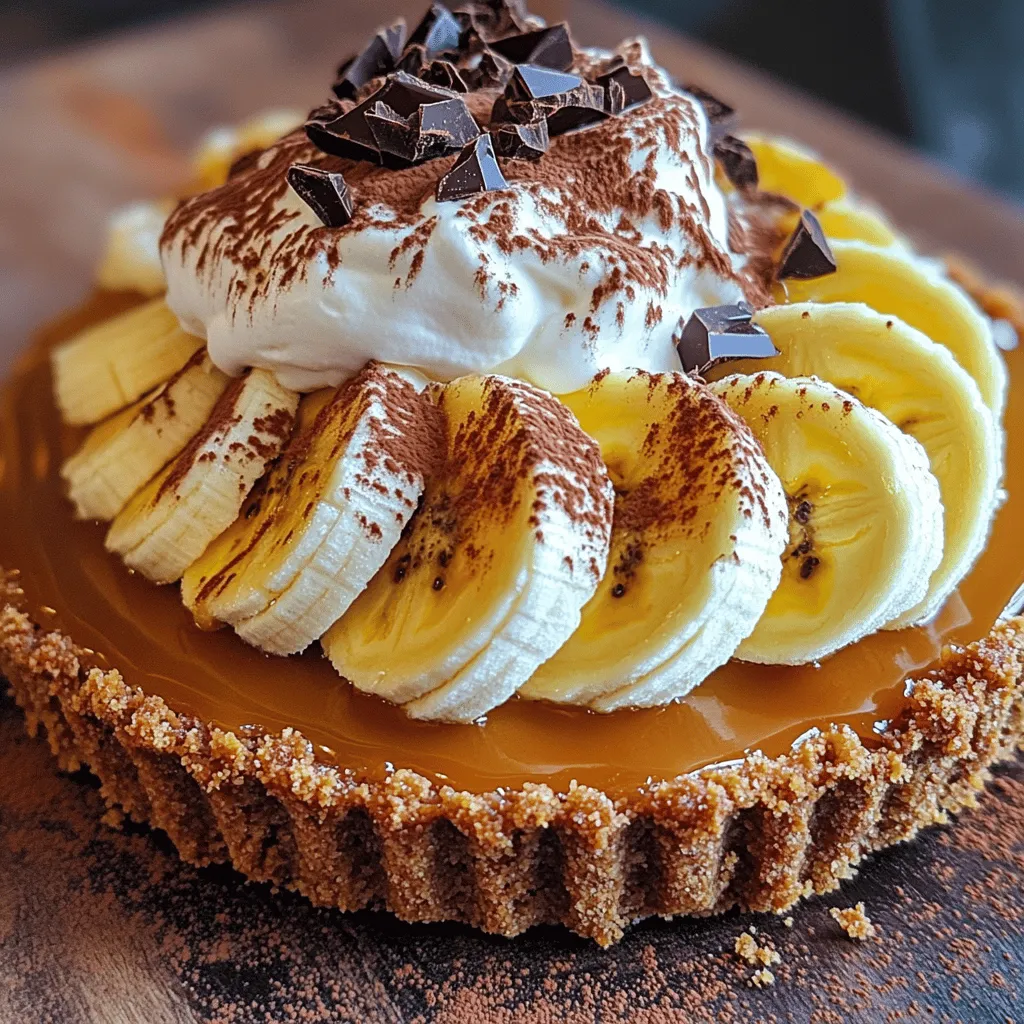 Für die einfache Banoffee-Torte brauchst du nur wenige, leckere Zutaten. Hier sind die Hauptzutaten: - 1 fertiger Digestive-Biskuitboden (23 cm Durchmesser) - 1 Dose (400 g) gesüßte Kondensmilch - 3 reife Bananen, in Scheiben geschnitten - 240 ml Schlagsahne - 1 Esslöffel Puderzucker - 1 Teelöffel Vanilleextrakt - 1 Esslöffel Kakaopulver (zur Dekoration) - Zartbitterschokoladenspäne (nach Belieben, zur Dekoration) Diese Zutaten sorgen für den süßen und cremigen Genuss, den wir lieben! Ich empfehle hochqualitative Produkte für den besten Geschmack. Für die Digestive-Biskuits benutze ich gerne die Marke McVitie's. Sie sind knusprig und perfekt für den Boden. Für die Kondensmilch wähle ich die Marke Nestlé, da sie schön süß und dickflüssig ist. Bei der Schlagsahne ist die Marke Panna besonders gut, da sie sich leicht schlagen lässt. Verwende frische Bio-Bananen, um den besten Geschmack zu erzielen. Du kannst die Banoffee-Torte auch nach deinem Geschmack anpassen. Hier sind einige Ideen: - Nüsse: Füge gehackte Walnüsse oder Haselnüsse für einen Crunch hinzu. - Schokolade: Nutze statt Zartbitterschokolade weiße Schokolade für eine süßere Note. - Kekse: Probier statt Digestive-Biskuits andere Keksarten, wie Oreos oder Butterkekse. - Früchte: Ergänze die Bananen mit Erdbeeren oder Himbeeren für fruchtige Akzente. Diese Variationen machen dein Banoffee-Erlebnis einzigartig und spannend! Um ein perfektes Karamell zu machen, nehme ich eine Dose gesüßte Kondensmilch. Ich stelle die ungeöffnete Dose in einen großen Topf. Dann fülle ich den Topf mit Wasser. Das Wasser sollte die Dose ganz bedecken. Ich lasse es bei niedriger Hitze zwei bis drei Stunden leicht simmern. Es ist wichtig, das Wasser regelmäßig nachzufüllen. So wird die Dose nicht trocken. Nach dem Kochen lasse ich die Dose abkühlen, bevor ich sie öffne. Das Karamell wird so schön weich und süß. Für den Boden verwende ich einen fertigen Digestive-Biskuitboden. Er hat einen Durchmesser von 23 cm. Sobald das Karamell abgekühlt ist, gieße ich es vorsichtig in den Biskuitboden. Mit einem Spatel verteile ich das Karamell gleichmäßig. So bleibt jeder Bissen köstlich und süß. Jetzt kommt der beste Teil! Ich schneide drei reife Bananen in Scheiben. Diese lege ich gleichmäßig über die Karamellschicht. Es ist wichtig, dass jede Ecke bedeckt ist. Danach schlage ich 240 ml Schlagsahne in einer Rührschüssel. Ich füge einen Esslöffel Puderzucker und einen Teelöffel Vanilleextrakt hinzu. Sobald die Sahne steif ist, verteile ich sie über den Bananen. Mit einem Spatel glätte ich die Oberfläche. Für das letzte Finish bestäube ich die Torte leicht mit Kakaopulver und streue Zartbitterschokoladenspäne darüber. Die Präsentation wird so besonders schön. Um Zeit zu sparen, nutze einen fertigen Biskuitboden. So entfällt das Backen. Du kannst die Dose mit Kondensmilch auch in einem Schnellkochtopf zubereiten. Das verkürzt die Karamellzeit auf etwa 30 Minuten. Wenn du die Sahne im Voraus schlägst, bleibt sie länger frisch. Lagere sie in einem luftdichten Behälter im Kühlschrank. Ein häufiger Fehler ist, die Karamell-Dose nicht genug zu kochen. Achte darauf, dass sie mindestens zwei Stunden simmert. Wenn du die Bananen zu früh hinzufügst, können sie braun werden. Platziere sie erst kurz vor dem Servieren auf der Torte. Zu viel Luft in der Sahne macht sie flüssig. Schlage sie nur bis zu weichen Spitzen. Für die perfekte Sahne benutze kalte Schlagsahne. Kalte Sahne schlägt besser und wird fester. Füge Puderzucker und Vanilleextrakt beim Schlagen hinzu. Diese Zutaten helfen, den Geschmack zu verbessern und die Sahne stabil zu halten. Achte darauf, die Sahne nicht zu lange zu schlagen, sonst wird sie butterartig. {{image_4}} Variationen machen das Banoffee Pie spannend. Du kannst verschiedene Toppings ausprobieren. Nutze zum Beispiel: - Geröstete Nüsse: Mandeln oder Walnüsse bieten Crunch. - Erdbeeren: Frische Beeren bringen Fruchtigkeit. - Karamellsauce: Mehr Karamell für Süßliebhaber. Diese Toppings passen gut zu den klassischen Zutaten. Sie bringen neue Aromen und Texturen. Experimentiere mit deinen Lieblingsgeschmäckern, um die perfekte Kombination zu finden. Wenn du gesünder essen willst, gibt es viele Anpassungen. Verwende: - Honig oder Agavendicksaft: Sie sind natürliche Süßstoffe. - Kokosnusscreme: Eine pflanzliche Sahne-Alternative. - Stevia: Perfekt für kalorienbewusste Naschkatzen. Diese Optionen senken den Zuckergehalt, ohne den Geschmack zu opfern. Sie machen das Dessert leichter und gesünder. Mini-Banoffee-Pies sind ideal für Feiern. Du kannst sie einfach servieren. Hier sind einige Ideen: - Muffinförmchen: Verwende kleine Förmchen für Portionen. - Gläser: Schichte die Zutaten in Gläser für einen tollen Look. - Picknick: Mini-Pies sind perfekt für unterwegs. Mit diesen kleinen Torten kannst du jedem eine Freude machen. Sie sind süß und einfach zu essen. Sie passen zu jedem Anlass. Die Banoffee-Torte bleibt frisch, wenn du sie richtig lagerst. Lege sie in den Kühlschrank. Verwende eine luftdichte Box oder wickle sie gut mit Frischhaltefolie ein. So bleibt die Torte feucht und der Geschmack bleibt erhalten. Achte darauf, dass die Torte nicht in der Nähe von stark riechenden Lebensmitteln steht. Das kann den Geschmack beeinflussen. Im Kühlschrank hält die Banoffee-Torte etwa drei Tage. Wenn du die Torte länger aufbewahren möchtest, schau auf die Bananen. Sie können schnell braun werden. Um Abfall zu vermeiden, schneide nur so viel, wie du sofort essen möchtest. Reste lassen sich gut aufbewahren, solange sie kühl und gut verpackt sind. Das Einfrieren von Banoffee-Torte ist möglich, aber es gibt einige Tipps. Teile die Torte in Stücke, bevor du sie einfrierst. Wickele jedes Stück in Frischhaltefolie und dann in Alufolie. So bleibt die Torte geschützt. Achte darauf, die Torte im Gefrierfach nicht zu lange zu lassen. Nach etwa einem Monat kann der Geschmack leiden. Wenn du sie genießen willst, lasse die Torte einfach über Nacht im Kühlschrank auftauen. Für die vollständige Zubereitung und Tipps, schau dir das [Full Recipe] an. Eine Banoffee-Torte hält etwa 3 bis 4 Tage im Kühlschrank. Bananen können jedoch schnell braun werden. Lagern Sie die Torte in einem luftdichten Behälter. So bleibt sie frisch. Achten Sie darauf, die Torte nicht zu lange stehen zu lassen. Die Qualität kann schnell nachlassen. Ja, Sie können die Banoffee-Torte ohne Bananen machen. Verwenden Sie stattdessen andere Früchte. Äpfel oder Beeren passen gut. Der Karamellgeschmack bleibt auch ohne Bananen. Experimentieren Sie mit verschiedenen Früchten, um neue Geschmäcker zu entdecken. Seien Sie kreativ! Um die Torte vegan zu machen, ersetzen Sie die Sahne durch eine pflanzliche Alternative. Kokoscreme oder Sojasahne sind gute Optionen. Verwenden Sie auch vegane Karamell- oder Zuckeralternativen. So bleibt der Geschmack lecker. Achten Sie darauf, dass alle Zutaten vegan sind. Genießen Sie die Torte ohne tierische Produkte! Für das vollständige Rezept schauen Sie bitte in die [Full Recipe]. Diese Banoffee-Torte ist einfach zuzubereiten und lecker. Wir haben die Hauptzutaten und Variationen besprochen. Die Schritt-für-Schritt-Anleitung macht das Nachmachen leicht. Ich habe nützliche Tipps gegeben, um Fehler zu vermeiden und die Sahne perfekt zu haben. Du kannst auch gesunde Anpassungen und verschiedene Toppings ausprobieren. Denk daran, die Torte richtig zu lagern und Reste sinnvoll einzufrieren. Egal, ob für eine Feier oder einfach zum Genießen. Probiere es aus und genieße jeden Bissen!