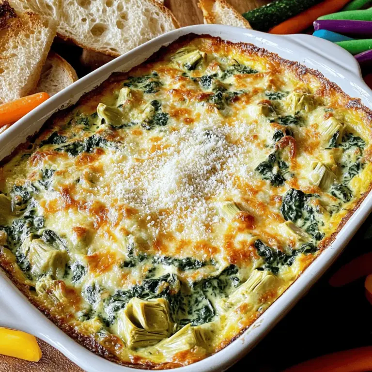 Für einen leckeren cremigen Spinach-Artischocken-Dip benötigst du ein paar Hauptzutaten. Diese sorgen für den tollen Geschmack und die cremige Textur des Dips. Hier sind die Zutaten: - 1 Tasse gefrorener Spinat, aufgetaut und gut abgetropft - 1 Tasse Dosenaartischockenherzen, abgetropft und grob gehackt - 1 Tasse Frischkäse, weich gemacht - ½ Tasse saure Sahne - ½ Tasse Mayonnaise - 1 Tasse geriebener Mozzarella-Käse - ½ Tasse geriebener Parmesan-Käse - 2 Knoblauchzehen, fein gehackt - 1 Teelöffel Zitronensaft - Salz und Pfeffer nach Geschmack - ¼ Teelöffel rote Pfefferflocken (optional für eine pikante Note) Diese Zutaten ergeben eine tolle Basis für deinen Dip. Der Spinat und die Artischocken bringen eine schöne Frische, während die Käsesorten für die Cremigkeit sorgen. Du kannst den Dip nach deinem Geschmack anpassen. Hier sind einige beliebte Ergänzungen und Gewürze, die du verwenden kannst: - Frische Kräuter wie Petersilie oder Schnittlauch - Jalapeños für extra Schärfe - Paprika für eine süße Note - Zwiebelpulver oder Knoblauchpulver für mehr Geschmack Diese Zutaten können deinen Dip noch leckerer machen. Experimentiere damit, um deinen perfekten Geschmack zu finden. Wenn du eine spezielle Diät hast, gibt es einfache Alternativen. Hier sind einige Ersetzbare Zutaten: - Verwende veganen Frischkäse und pflanzliche Mayo für eine vegane Version - Griechischer Joghurt kann die saure Sahne ersetzen - Blumenkohlpüree ist eine großartige, kalorienarme Option Mit diesen Ersetzungen kannst du sicherstellen, dass jeder deinen Dip genießen kann. Die Möglichkeiten sind vielfältig! Wenn du mehr Informationen und Rezepte möchtest, schau dir das Full Recipe an. Um diesen cremigen Spinach Artichoke Dip zuzubereiten, folge einfach diesen Schritten. Zuerst heize deinen Ofen auf 190°C (375°F) vor. In einer großen Schüssel mische den weichen Frischkäse, die saure Sahne und die Mayonnaise. Rühre, bis die Mischung schön glatt ist. Jetzt füge die abgetropften Artischockenherzen und den aufgetauten Spinat hinzu. Vergiss nicht den gehackten Knoblauch, den Mozzarella und den Parmesan. Rühre alles gut durch, bis die Zutaten gut vermischt sind. Gib zum Schluss den Zitronensaft dazu und würze die Mischung mit Salz, Pfeffer und roten Pfefferflocken, wenn du etwas Schärfe magst. Überführe die Mischung in eine Auflaufform und verteile sie gleichmäßig. Backe den Dip im vorgeheizten Ofen für etwa 20 bis 25 Minuten. Du möchtest, dass der Dip heiß und sprudelnd wird. Achte darauf, dass die Oberfläche leicht goldbraun ist. Das gibt dem Dip eine schöne Textur und ein tolles Aussehen. Wenn die Zeit vorbei ist, nimm den Dip aus dem Ofen. Lass ihn kurz abkühlen, bevor du ihn servierst. Das macht das Essen angenehmer! Serviere den Dip heiß, damit er seine beste Konsistenz hat. Knuspriges Brot, Tortilla-Chips oder frisches Gemüse passen perfekt dazu. Du kannst auch etwas zusätzlichen Parmesan oder frische Petersilie als Garnitur verwenden. Das sieht nicht nur gut aus, sondern bringt auch zusätzlichen Geschmack. Für die vollständige Rezeptur, schau dir das Rezept an. Es könnte dir helfen, alles richtig zu machen! Wenn du deinen cremigen Spinach-Artischocken-Dip machst, gibt es einige Fehler, die du vermeiden solltest. - Zu viel Flüssigkeit: Achte darauf, dass der Spinat gut abgetropft ist. Zu viel Wasser macht den Dip dünn und weniger lecker. - Nicht genug Würze: Vergiss nicht, ausreichend Salz und Pfeffer hinzuzufügen. Eine gute Würze hebt den Geschmack. - Überbacken: Backe den Dip nur so lange, bis die Oberfläche goldbraun ist. Zu langes Backen macht ihn trocken. Um deinen Dip noch cremiger zu machen, gibt es ein paar einfache Tricks. - Mehr Frischkäse: Füge etwas mehr Frischkäse hinzu. Das macht ihn besonders reichhaltig und lecker. - Sahne statt saure Sahne: Du kannst die saure Sahne durch Schlagsahne ersetzen. Das sorgt für eine noch cremigere Textur. - Zusätzlicher Käse: Mehr Mozzarella oder Parmesan verstärkt den cremigen Effekt. Die richtigen Werkzeuge machen das Kochen einfacher und schneller. Hier sind einige nützliche Utensilien für deinen Dip. - Rührschüssel: Eine große Schüssel ist wichtig, um alle Zutaten gut zu vermengen. - Mikrowelle oder Ofen: Du brauchst diese, um den Dip perfekt zu backen. - Küchenmaschine: Wenn du eine hast, kannst du die Zutaten schnell und gleichmäßig pürieren. - Löffel oder Spatel: Damit kannst du alles gut vermischen und in die Auflaufform geben. Mit diesen Tipps und Tricks wird dein cremiger Spinach-Artischocken-Dip ein Hit! Für das vollständige Rezept schau dir den Full Recipe an. {{image_4}} Wenn du eine vegetarische oder vegane Version des cremigen Spinach-Artischocken-Dips machen möchtest, gibt es viele einfache Wege. Du kannst den Frischkäse durch veganen Frischkäse ersetzen. Statt saurer Sahne kannst du pflanzliche Joghurtalternativen verwenden. Für die Mayonnaise gibt es auch vegane Marken. Diese Anpassungen machen den Dip lecker und für alle geeignet. Um deinem Dip einen neuen Twist zu geben, probiere verschiedene Gewürze aus. Füge etwas geräucherte Paprika für einen rauchigen Geschmack hinzu. Du kannst auch frisch gehackte Kräuter wie Basilikum oder Petersilie verwenden. Für einen scharfen Kick sind frische Jalapeños oder mehr rote Pfefferflocken eine gute Wahl. Experimentiere und finde deinen Lieblingsgeschmack! Du kannst den Dip auch mit anderen Zutaten aufpeppen. Füge gebratene Pilze oder gewürfelte Paprika hinzu, um mehr Textur zu schaffen. Wenn du magst, kannst du auch etwas geriebenen Käse oder Feta einmischen. Diese Zutaten bringen neue Aromen und machen den Dip noch interessanter. Denke daran, die Zutaten gut zu vermischen, damit alles gleichmäßig verteilt ist. Wenn du Reste von deinem cremigen Spinach-Artischocken-Dip hast, bewahre sie in einem luftdichten Behälter auf. Stelle sicher, dass der Dip gut abgekühlt ist, bevor du ihn einpackst. So bleibt er frisch und lecker. Du kannst ihn bis zu drei Tage im Kühlschrank aufbewahren. Achte darauf, dass du ihn gut abdeckst, damit er keine anderen Gerüche aufnimmt. Du kannst diesen Dip auch einfrieren. Fülle ihn in einen gefrierfesten Behälter oder in einen speziellen Gefrierbeutel. Lasse etwas Platz oben, da sich der Dip beim Gefrieren ausdehnt. Der Dip hält sich bis zu drei Monate im Gefrierfach. Wenn du bereit bist, ihn zu genießen, tau ihn im Kühlschrank über Nacht auf. So bleibt der Geschmack und die Textur fast gleich wie frisch zubereitet. Um den Dip aufzuwärmen, heize deinen Ofen auf 180°C vor. Gib den Dip in eine ofenfeste Form und backe ihn für etwa 15 Minuten. So wird er schön warm und cremig. Du kannst ihn auch in der Mikrowelle aufwärmen. Stelle sicher, dass du ihn in kurzen Intervallen erhitzt und zwischendurch umrührst. So wird er gleichmäßig warm und bleibt cremig. Du kannst den Dip bis zu fünf Tage im Kühlschrank aufbewahren. Stelle sicher, dass du ihn in einem luftdichten Behälter lagerst. So bleibt er frisch und lecker. Wenn du Reste hast, erwärme sie langsam im Ofen oder in der Mikrowelle. Achte darauf, dass der Dip nicht zu lange erhitzt wird, damit er nicht austrocknet. Ja, du kannst frischen Spinat verwenden. Du solltest ihn aber zuerst blanchieren und gut abtropfen lassen. So entfernst du überschüssige Feuchtigkeit. Frischer Spinat hat einen tollen Geschmack und bringt mehr Textur in den Dip. Ich empfehle, etwa zwei Tassen frischen Spinat zu verwenden. Du kannst den Dip nach deinem Geschmack würzen. Füge einfach mehr rote Pfefferflocken hinzu, um ihm einen scharfen Kick zu geben. Wenn du es milder magst, lasse die Pfefferflocken weg oder verwende weniger. Du kannst auch frische Jalapeños oder eine Prise Cayennepfeffer hinzufügen. Experimentiere ruhig, um die perfekte Schärfe zu finden! Der cremige Spinach-Artischocken-Dip ist ein Genuss. Wir haben die wichtigen Zutaten, Zubereitung und Tipps durchgesehen. Schmackhafte Variationen und Lagerhinweise helfen dir, das Beste aus deinem Dip herauszuholen. Denke daran, Fehler zu vermeiden und auf die Konsistenz zu achten. Experimentiere mit verschiedenen Zutaten und genieße den Dip zu deinen Lieblingsgerichten. Mit diesen Informationen schaffst du einen tollen Snack, der allen schmeckt. Viel Spaß beim Kochen und Genießen!