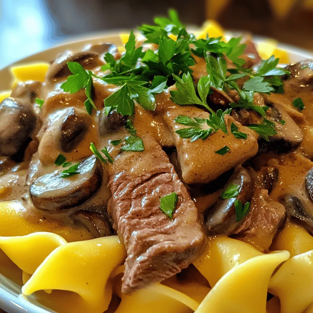 Für ein großartiges Beef Stroganoff brauchst du einige wichtige Zutaten. Hier sind sie: - 450 g Rinderfilet, dünn geschnitten - 1 mittelgroße Zwiebel, fein gehackt - 2 Knoblauchzehen, gewürfelt - 225 g Champignons, in Scheiben geschnitten - 240 ml Rinderbrühe - 240 ml saure Sahne - 2 Esslöffel Worcestershire-Sauce - 1 Esslöffel Dijon-Senf - 2 Esslöffel Butter - Salz und Pfeffer nach Geschmack - 225 g Eiernudeln (oder deine Lieblingspasta) - Frische Petersilie, gehackt (zum Garnieren) Das Rinderfilet bringt zarte Textur und Geschmack. Zwiebeln und Knoblauch sorgen für Aromen, die das Gericht lebendig machen. Champignons fügen einen erdigen Geschmack hinzu. Die Rinderbrühe und die saure Sahne geben der Sauce Tiefe und Cremigkeit. Worcestershire-Sauce und Dijon-Senf bringen einen Hauch von Würze und Komplexität. Eiernudeln sind perfekt, um die köstliche Sauce aufzusaugen. Denke daran, frische Zutaten zu wählen. Das macht einen großen Unterschied im Geschmack. Wenn du alles bereit hast, wirst du ein köstliches Beef Stroganoff zubereiten. Für das vollständige Rezept schaue dir "Beef Stroganoff Bliss" an. Beginne mit den Eiernudeln. Fülle einen großen Topf mit Wasser und füge etwas Salz hinzu. Bring das Wasser zum Kochen. Gib die Nudeln hinein und koche sie. Achte auf die Packungsanweisungen, um die Garzeit zu wissen. Die Nudeln sollten al dente sein, also noch einen kleinen Biss haben. Wenn sie fertig sind, gieße sie ab und stelle sie beiseite. Für die perfekte Textur kannst du etwas Öl ins Wasser geben. Das verhindert, dass die Nudeln kleben. Rühre während des Kochens gelegentlich um. So bleiben sie locker und weich. Für das Rindfleisch nimm ein gutes Stück Rinderfilet. Schneide es in dünne Streifen. Dies hilft, das Fleisch gleichmäßig zu garen. Erhitze eine große Pfanne bei mittlerer bis hoher Hitze. Füge einen Esslöffel Butter hinzu und lass sie schmelzen. Würze das Fleisch mit Salz und Pfeffer, bevor du es in die Pfanne gibst. Brate es für etwa 2-3 Minuten an, bis es leicht braun ist. Das Fleisch sollte nicht ganz durchgegart sein. Nimm es dann aus der Pfanne und lege es beiseite. Diese Technik hilft, den Saft des Fleisches zu bewahren. Jetzt kommt die Sauce. In der gleichen Pfanne schmelze einen weiteren Esslöffel Butter. Füge die fein gehackte Zwiebel hinzu und brate sie für 2-3 Minuten. Die Zwiebel sollte glasig werden. Danach gib den gewürfelten Knoblauch dazu und brate ihn eine Minute mit. Jetzt kommen die Champignons. Diese weich zu garen, dauert etwa 4-5 Minuten. Streue das Mehl über die Mischung. Das hilft, die Sauce zu binden. Rühre alles gut um, damit das Mehl gleichmäßig verteilt ist. Gieße langsam die Rinderbrühe hinzu, während du ständig rührst. So vermeidest du Klumpen. Füge dann Worcestershire-Sauce und Dijon-Senf hinzu. Lass die Mischung auf kleiner Flamme köcheln, bis sie eindickt. Reduziere die Hitze und rühre die saure Sahne ein. Füge das gebräunte Rindfleisch wieder hinzu und lasse alles 2-3 Minuten köcheln. So wird das Fleisch warm und nimmt die Aromen auf. Das vollständige Rezept findest du unter "Beef Stroganoff Bliss". - Auswahl des Rindfleischs: Wähle ein zartes Stück, wie Rinderfilet. Es schmeckt am besten. Achte darauf, dass das Fleisch frisch und von guter Qualität ist. Das macht einen großen Unterschied. - Tipps zur perfekten Saucenkonsistenz: Verwende Mehl, um die Sauce zu binden. Streue es gleichmäßig über die Pilze und rühre gut um. Füge dann die Rinderbrühe langsam hinzu. Das hilft, Klumpen zu vermeiden und gibt der Sauce eine samtige Textur. - Was man beim Anbraten beachten sollte: Erhitze die Pfanne gut, bevor du das Rindfleisch hinzufügst. Das sorgt für eine schöne Bräunung. Brate das Fleisch in kleinen Mengen, damit es gleichmäßig gart. - Sauce nicht zu lange kochen: Lass die Sauce nur sanft köcheln. Zu langes Kochen macht sie dick und schwer. Wenn die Sauce eindickt, füge etwas mehr Brühe hinzu, um die richtige Konsistenz zu erreichen. {{image_4}} Kochzeit kann auch für Vegetarier Spaß machen. Statt Rindfleisch kannst du Pilze oder Tofu verwenden. Diese Optionen sind lecker und füllend. Du kannst auch Seitan nutzen. Er hat eine tolle Textur und nimmt viel Geschmack auf. Für die Sahne kannst du pflanzliche Alternativen verwenden. Kokos- oder Sojasahne sind gute Optionen. Diese machen die Sauce cremig und vollmundig. Das Gericht bleibt trotzdem köstlich und befriedigend. Du kannst das Beef Stroganoff mit Gemüse aufpeppen. Erbsen, Karotten oder Paprika bringen Farbe und Geschmack. Frische Kräuter wie Thymian oder Dill geben dem Gericht mehr Tiefe. Variiere auch die Nudeln. Du kannst Eiernudeln, Reis oder sogar Zucchini-Nudeln verwenden. Jede Wahl bringt eine neue Note in dein Gericht. So bleibt es spannend und abwechslungsreich. Das vollständige Rezept unter "Beef Stroganoff Bliss" bietet dir viele Ideen. Probier verschiedene Kombinationen aus, um deinen Favoriten zu finden! - Aufbewahrung im Kühlschrank: Nach dem Kochen lasse das Beef Stroganoff auf Raumtemperatur abkühlen. Fülle es in einen luftdichten Behälter. Im Kühlschrank bleibt es 3 bis 4 Tage frisch. Achte darauf, dass die Temperatur unter 4 Grad Celsius liegt. - Tipps zur Einfrierung: Wenn du mehr Rindergulasch hast, friere es ein. Verwende einen gefrierfesten Behälter oder einen Gefrierbeutel. Lasse etwas Platz, da das Essen beim Gefrieren expandiert. So bleibt das Gericht bis zu 3 Monate haltbar. - Optimale Methoden zum Aufwärmen: Erwärme das Beef Stroganoff langsam in der Mikrowelle oder auf dem Herd. Bei der Mikrowelle stelle die Leistung auf mittlere Stufe. Rühre zwischendurch um, damit es gleichmäßig warm wird. Auf dem Herd kannst du es bei niedriger Hitze erhitzen. Füge eventuell etwas Brühe oder Sahne hinzu, um die Sauce geschmeidig zu halten. - Genuss nach der Lagerung: Auch nach dem Lagern bleibt Beef Stroganoff lecker. Die Aromen verbinden sich noch besser. Garniere es vor dem Servieren mit frischer Petersilie. Das bringt Frische und Farbe auf den Teller. Die Zubereitung von Classic Beef Stroganoff dauert insgesamt 30 Minuten. Die Vorbereitungszeit beträgt etwa 15 Minuten. Das Kochen der Nudeln und das Anbraten des Rindfleischs sind einfache Schritte. Die Sauce kocht schnell und wird in wenigen Minuten fertig. Diese schnelle Zubereitungszeit macht das Gericht ideal für ein schnelles Abendessen. Ja, du kannst dieses Rezept im Voraus zubereiten. Bereite die Sauce und das Rindfleisch am Tag vorher zu. Lass sie abkühlen und bewahre sie im Kühlschrank auf. Wenn du bereit bist zu essen, erhitze alles in einer Pfanne. Füge die saure Sahne kurz vor dem Servieren hinzu, um den besten Geschmack zu erhalten. Du kannst auch die Nudeln im Voraus kochen und separat aufbewahren. Zu Beef Stroganoff passen verschiedene Beilagen gut. Hier sind einige Vorschläge: - Kartoffeln: Püree oder gebratene Kartoffeln ergänzen das Gericht perfekt. - Reis: Eine einfache Beilage, die die Sauce gut aufnimmt. - Salat: Ein frischer, grüner Salat bringt Farbe und Frische. - Brot: Ein gutes Baguette zum Dippen in die Sauce ist immer lecker. Diese Kombinationen machen dein Essen noch besser und runden das Geschmackserlebnis ab. Für ein klassisches Beef Stroganoff benötigst du frische und hochwertige Zutaten. Hier sind die Hauptbestandteile, die du brauchst: - 450 g Rinderfilet, dünn geschnitten - 1 mittelgroße Zwiebel, fein gehackt - 2 Knoblauchzehen, gewürfelt - 225 g Champignons, in Scheiben geschnitten - 2 Esslöffel Weizenmehl - 240 ml Rinderbrühe - 240 ml saure Sahne - 2 Esslöffel Worcestershire-Sauce - 1 Esslöffel Dijon-Senf - 2 Esslöffel Butter - Salz und Pfeffer nach Geschmack - 225 g Eiernudeln (oder deine Lieblingspasta) - Frische Petersilie, gehackt (zum Garnieren) Die Auswahl der Zutaten ist wichtig. Ich empfehle, frisches Rinderfilet zu wählen. Es ist zart und hat einen tollen Geschmack. Verwende auch frische Champignons. Sie bringen eine schöne Textur und einen kräftigen Geschmack in das Gericht. Die saure Sahne sorgt für die cremige Konsistenz. Die Worcestershire-Sauce und der Dijon-Senf verleihen der Sauce Tiefe und Komplexität. Mit diesen Zutaten kannst du dein Beef Stroganoff auf das nächste Level bringen. Für das komplette Rezept, schau dir "Beef Stroganoff Bliss" an. Classic Beef Stroganoff ist einfach zuzubereiten und lecker. Wir haben über die wichtigsten Zutaten gesprochen, von Rinderfilet bis zu saurer Sahne. Wir haben die Schritt-für-Schritt-Anleitung durchlaufen, um die Nudeln, das Fleisch und die Sauce perfekt zuzubereiten. Tipps und Tricks helfen Ihnen, häufige Fehler zu vermeiden und die besten Ergebnisse zu erzielen. Variationen sollen Ihrem Gericht neuen Schwung verleihen, während die Lagerungshinweise es Ihnen ermöglichen, Reste zu genießen. Genießen Sie Ihr Beef Stroganoff und experimentieren Sie mit verschiedenen Aromen.