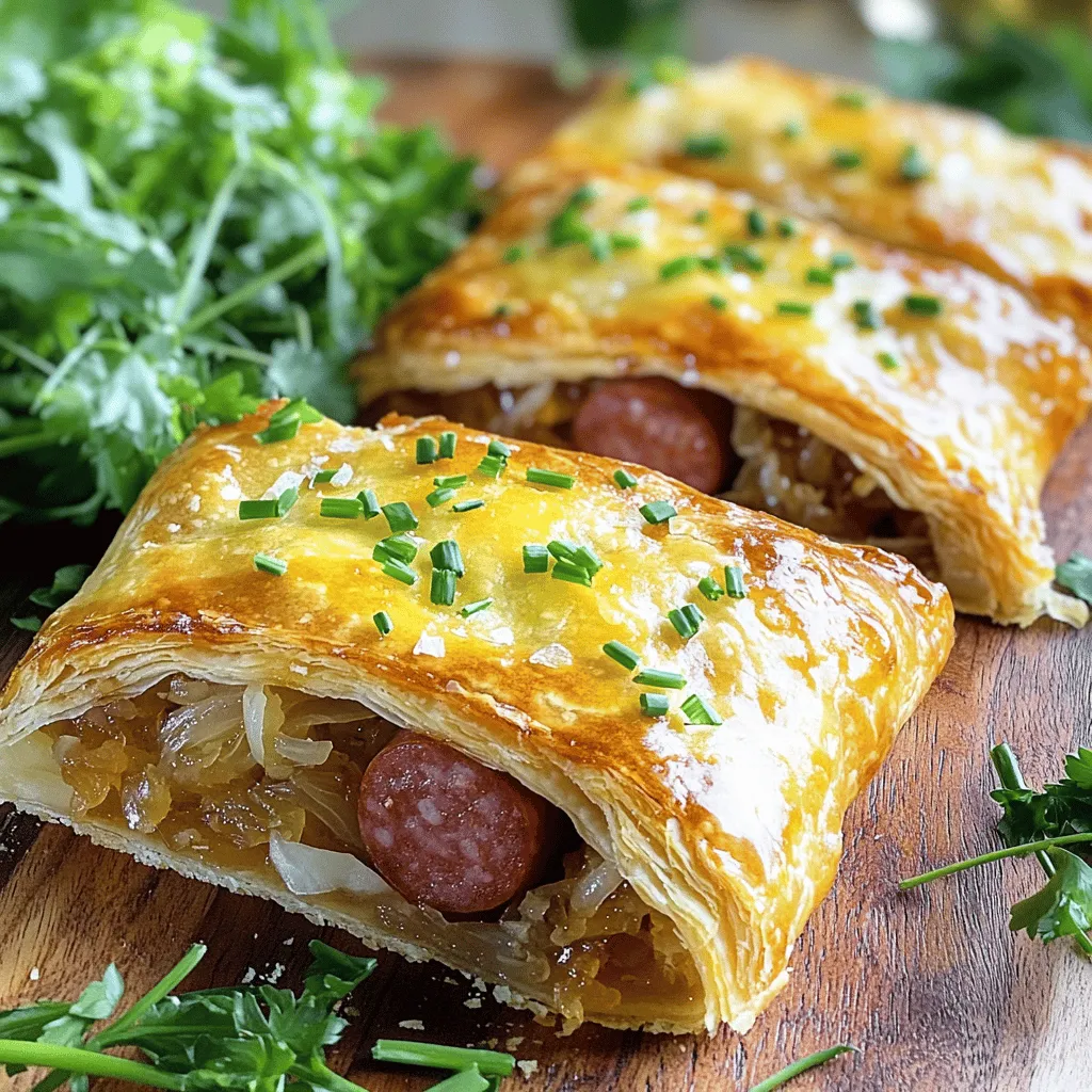 - 250 g tiefgefrorener Blätterteig (2 Rollen) - 300 g Kielbasa, in Scheiben geschnitten - 400 g Sauerkraut