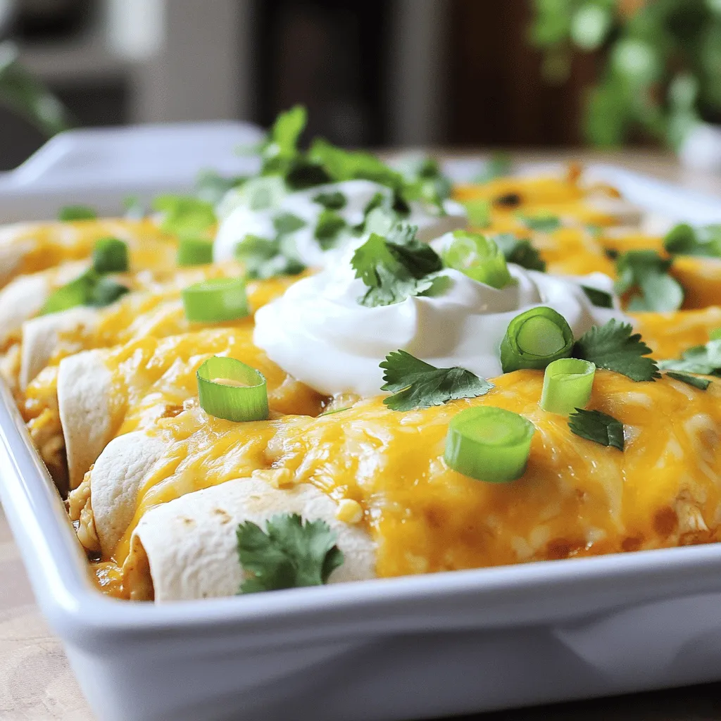 Für die cremigen Hühnchen-Enchiladas brauchst du einige einfache Zutaten. Hier sind die Hauptbestandteile: - 500 g gekochtes Hühnchen, zerrupft - 225 g Frischkäse, weich - 240 g saure Sahne - 100 g geriebener Cheddar-Käse - 240 g Salsa (wähle deine Schärfe) - 1 Teelöffel Kreuzkümmel - 1 Teelöffel Knoblauchpulver - 1/2 Teelöffel Zwiebelpulver - 8 kleine Tortillas aus Weizenmehl - 1/2 Tasse frische Frühlingszwiebeln, gehackt (zur Garnitur) - Frischer Koriander (zur Garnitur) Diese Zutaten geben deinen Enchiladas einen leckeren, cremigen Geschmack. Du kannst einige Zutaten leicht austauschen. Wenn du kein Hühnchen magst, nimm Rindfleisch oder Bohnen. Statt Frischkäse kannst du auch Ricotta verwenden. Für eine leichtere Variante verwende griechischen Joghurt anstelle von saurer Sahne. Wenn du glutenfreie Tortillas brauchst, wähle maistortillas. Sie schmecken gut und passen perfekt zu diesem Rezept. Achte beim Einkauf auf frische Zutaten. Frischkäse sollte weich und cremig sein. Wähle Hühnchen von guter Qualität, um den besten Geschmack zu erzielen. Achte darauf, dass die Salsa frisch ist. Wenn möglich, kaufe lokale Produkte. Das gibt deinen Enchiladas mehr Geschmack und unterstützt die Umwelt. Verwende frische Kräuter wie Koriander für die Garnitur. Sie fügen eine tolle Frische hinzu. So schmecken deine Enchiladas noch besser! Für mehr Details und die vollständige Zubereitung schau dir das [Full Recipe] an. Um cremige Hühnchen-Enchiladas zuzubereiten, benötigen Sie einige grundlegende Materialien. Diese sind: - Eine große Rührschüssel - Eine flache Arbeitsfläche - Eine gefettete Auflaufform - Aluminiumfolie - Ein Ofen vorgeheizt auf 175°C Stellen Sie sicher, dass Ihr Hühnchen gut zerrupft und gekocht ist. Das macht die Zubereitung einfacher. Jetzt geht es an die Zubereitung. Beginnen Sie mit der Mischung. In der großen Rührschüssel kombinieren Sie das zerrupfte Hühnchen mit: - 225 g Frischkäse - 120 g saure Sahne - 50 g geriebener Cheddar-Käse - 240 g Salsa - 1 Teelöffel Kreuzkümmel - 1 Teelöffel Knoblauchpulver - 1/2 Teelöffel Zwiebelpulver Rühren Sie alles gut um, bis es gleichmäßig vermischt ist. Nehmen Sie eine Tortilla und legen Sie sie flach auf die Arbeitsfläche. Geben Sie etwa 60 ml der Hühnchenmischung in die Mitte. Rollen Sie die Tortilla straff auf und legen Sie sie in die gefettete Auflaufform mit der Naht nach unten. Wiederholen Sie diesen Schritt mit allen Tortillas. Sobald alle gefüllt sind, verteilen Sie die restliche saure Sahne auf den Enchiladas. Streuen Sie den restlichen Cheddar-Käse gleichmäßig darüber. Decken Sie die Auflaufform mit Aluminiumfolie ab. Backen Sie die Enchiladas im vorgeheizten Ofen für 20 Minuten. Nach dieser Zeit entfernen Sie die Folie. Backen Sie für weitere 10 Minuten, bis der Käse sprudelnd und goldbraun ist. Nehmen Sie die Enchiladas aus dem Ofen und lassen Sie sie einige Minuten abkühlen. Garnieren Sie vor dem Servieren mit frischen Frühlingszwiebeln und Koriander. Diese Schritte machen Ihre Enchiladas perfekt und lecker. Für das vollständige Rezept schauen Sie bitte hier: [Full Recipe]. Ein häufiger Fehler ist, die Tortillas nicht richtig zu füllen. Zu viel oder zu wenig Füllung macht die Enchiladas schwer zu rollen. Achte darauf, etwa 60 ml der Mischung zu verwenden. Ein weiterer Fehler ist das Überbacken. Lass die Enchiladas nicht zu lange im Ofen, da der Käse sonst verbrennen kann. Bereite alle Zutaten im Voraus vor. Dies macht den Prozess schneller und einfacher. Mische die Füllung gründlich, damit jeder Bissen gleich gut schmeckt. Verwende frische Zutaten für den besten Geschmack. Wenn du die Salsa selbst machst, kannst du die Schärfe genau anpassen. Serviere die Enchiladas in einer großen, flachen Schüssel. Garniere sie mit frischen Frühlingszwiebeln und Koriander. Ein Spritzer frischer Limette verleiht dem Gericht eine schöne Frische. Du kannst auch etwas zusätzliche Salsa oder Guacamole danebenlegen. So wird die Präsentation noch ansprechender. {{image_4}} Wenn du eine vegetarische Variante der cremigen Hühnchen-Enchiladas zubereiten möchtest, ist das ganz einfach. Ersetze das Hühnchen durch schwarze Bohnen oder Linsen. Diese Zutaten sind proteinreich und lecker. Du kannst auch sautiertes Gemüse wie Paprika, Zucchini oder Spinat verwenden. Diese Optionen bringen Farbe und Geschmack in dein Gericht. Um den Geschmack deiner Enchiladas zu verbessern, füge zusätzliche Zutaten hinzu. Frische Avocado ist eine tolle Ergänzung. Sie bringt Cremigkeit und einen frischen Geschmack. Auch Jalapeños oder eingelegte Zwiebeln sorgen für einen würzigen Kick. Probier auch, einige Limettenscheiben dazu zu reichen. Sie verleihen deiner Mahlzeit einen spritzigen Geschmack. Die Schärfe der Enchiladas kannst du einfach anpassen. Wähle für eine milde Version milde Salsa und weniger Gewürze. Für eine scharfe Variante nimm scharfe Salsa und füge frische Chilis hinzu. Denke daran, die Schärfe langsam zu steigern. So kannst du sicherstellen, dass das Gericht jedem schmeckt. Beachte, dass du die Schärfe auch durch die Auswahl des Käses beeinflussen kannst. Scharfer Cheddar bringt mehr Hitze, während milder Käse sanfter ist. Um die cremigen Hühnchen-Enchiladas frisch zu halten, lege sie in einen luftdichten Behälter. Du kannst sie im Kühlschrank aufbewahren. Achte darauf, die Enchiladas nicht zu stapeln, um ein Zerdrücken zu vermeiden. So bleibt der Käse schön geschmolzen und die Füllung bleibt saftig. Willst du die Enchiladas einfrieren? Wickele sie einzeln in Frischhaltefolie. Danach lege sie in einen gefrierfesten Behälter. So kannst du sie bis zu drei Monate aufbewahren. Zum Aufwärmen, lasse die Enchiladas zuerst im Kühlschrank auftauen. Dann erwärme sie im Ofen bei 175 °C für etwa 20 Minuten. So bleiben sie lecker und cremig. Die Enchiladas sind im Kühlschrank etwa drei bis vier Tage haltbar. Wenn du sie länger aufbewahren willst, ist das Einfrieren die beste Option. Stelle sicher, dass sie gut verpackt sind. So schützt du sie vor Gefrierbrand. Bei richtiger Lagerung bleibt der Geschmack frisch und die Textur toll. Um die Enchiladas leichter zu machen, können Sie einige Zutaten ersetzen. Verwenden Sie fettarmen Frischkäse und saure Sahne. Diese Alternativen reduzieren die Kalorienzahl, ohne den Geschmack zu verlieren. Sie können auch Hähnchenbrust anstelle von dunklem Fleisch nehmen. Das macht die Enchiladas magerer. Ja, Sie können die Enchiladas im Voraus zubereiten. Füllen Sie die Tortillas und legen Sie sie in die Auflaufform. Decken Sie die Form ab und stellen Sie sie in den Kühlschrank. Backen Sie die Enchiladas dann einfach, wenn Sie bereit sind, sie zu essen. So sparen Sie Zeit und können das Gericht schnell servieren. Zu den Enchiladas passen viele Beilagen gut. Ein frischer grüner Salat bringt eine schöne Balance. Auch Reis oder Bohnen ergänzen das Gericht wunderbar. Wenn Sie es schärfer mögen, servieren Sie Guacamole oder Salsa dazu. Diese Beilagen machen Ihr Essen noch leckerer und abwechslungsreicher. Cremige Hühnchen-Enchiladas sind einfach zuzubereiten und vielseitig. Wir haben die Hauptzutaten und Alternativen behandelt. Du weißt jetzt, wie du sie Schritt für Schritt zubereitest und am besten präsentierst. Viele Tipps helfen dir, Fehler zu vermeiden. Vegetarische Optionen und Lagerhinweise bieten dir mehr Möglichkeiten. Mach die Enchiladas nach deinem Geschmack und genieße sie. Viel Spaß beim Kochen und Entdecken neuer Variationen!