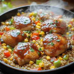 Für das One-Pan Honey BBQ Chicken Rice benötigst du: - 4 Hähnchenschenkel ohne Haut und Knochen - 2 Tassen brauner Reis - 1 Tasse Hühnerbrühe - 1 Tasse Honig BBQ-Sauce - 1 mittelgroße Zwiebel, gewürfelt - 1 Paprika (beliebige Farbe), gewürfelt - 2 Knoblauchzehen, fein gehackt - 1 Teelöffel geräuchertes Paprika - 1 Teelöffel Salz - ½ Teelöffel schwarzer Pfeffer - 2 Esslöffel Olivenöl - 1 Tasse Maiskörner (frisch, gefroren oder aus der Dose) - Frische Petersilie oder Koriander zum Garnieren Frische Zutaten machen einen großen Unterschied. Achte auf: - Hähnchen: Wähle frisches oder qualitativ hochwertiges gefrorenes Hähnchen. - Gemüse: Kaufe Zwiebeln und Paprika, die fest sind und keine Flecken haben. - Kräuter: Frische Petersilie oder Koriander bringen Frische und Farbe. Falls du etwas nicht hast, hier sind einige Alternativen: - Hähnchenschenkel: Du kannst auch Hähnchenbrust verwenden, aber die Kochzeit ändert sich. - Brauner Reis: Weißer Reis ist schneller gar, aber weniger nahrhaft. - BBQ-Sauce: Mache deine eigene Sauce mit Honig, Ketchup und Gewürzen. - Gemüse: Füge Erbsen oder Karotten hinzu, um mehr Farbe und Geschmack zu bekommen. Das vollständige Rezept findest du [hier](#Full-Recipe). Um das Gemüse vorzubereiten, schneide die Zwiebel und die Paprika in kleine Stücke. Du kannst jede Farbe der Paprika verwenden, die du magst. Erhitze das Olivenöl in einer großen Pfanne bei mittlerer Hitze. Füge die gewürfelte Zwiebel und Paprika hinzu. Brate sie etwa fünf Minuten, bis sie weich sind. Danach kommt der gehackte Knoblauch dazu. Brate diesen eine weitere Minute. Das Aroma wird fantastisch sein! Jetzt ist es Zeit für das Hähnchen. Schiebe das Gemüse zur Seite der Pfanne. Lege die Hähnchenschenkel in die Pfanne. Würze sie mit geräuchertem Paprika, Salz und Pfeffer. Brate die Hähnchen auf beiden Seiten etwa vier bis fünf Minuten, bis sie goldbraun sind. Das gibt einen tollen Geschmack und eine schöne Farbe! Sobald das Hähnchen gut gebräunt ist, gieße die Honig BBQ-Sauce über die Hähnchenschenkel. Achte darauf, dass jedes Stück gut bedeckt ist. Dann rührst du den braunen Reis und die Hühnerbrühe unter. Stelle sicher, dass der Reis in der Flüssigkeit schwimmt. Füge die Maiskörner hinzu. Bringe die Mischung zum Köcheln und decke die Pfanne ab. Reduziere die Hitze und koche alles für etwa 30 bis 35 Minuten, bis der Reis weich ist. Nach dem Kochen nimm die Pfanne von der Hitze. Lass das Gericht fünf Minuten ruhen, bevor du den Deckel abnimmst. Diese Ruhezeit hilft, die Aromen zu verbinden. Lockere den Reis mit einer Gabel auf. Mische das Hähnchen vorsichtig mit dem Reis. Garniere dein Gericht mit frischer Petersilie oder Koriander. So sieht es nicht nur gut aus, es schmeckt auch noch besser! Für die vollständige Zubereitung, schau dir das Full Recipe an. Einer der häufigsten Fehler ist, das Hähnchen zu lange zu braten. Dies macht das Fleisch trocken. Achte darauf, dass die Hähnchenschenkel golden und nicht übergar sind. Ein weiterer Fehler ist, den Reis nicht gut in der Flüssigkeit zu vermengen. Der Reis muss vollständig eingetaucht sein, um gleichmäßig zu garen. Überprüfe auch die Hitze. Zu hohe Hitze kann die Sauce anbrennen. Um den Geschmack zu verbessern, nutze frische Kräuter wie Petersilie oder Koriander. Sie bringen Frische ins Gericht. Du kannst auch etwas Chili hinzufügen, um den Geschmack zu verfeinern. Eine Prise Zitronensaft kann die Aromen verstärken. Experimentiere mit verschiedenen BBQ-Saucen. Probiere rauchige oder süßere Varianten, um deinen persönlichen Favoriten zu finden. Für dieses Rezept brauchst du eine große Pfanne mit Deckel. Eine beschichtete Pfanne sorgt dafür, dass nichts anbrennt. Ein Holzlöffel ist ideal, um die Zutaten zu vermengen, ohne die Pfanne zu zerkratzen. Ein scharfes Messer hilft beim Schneiden des Gemüses. Ein Messbecher ist wichtig, um die Flüssigkeiten genau zu messen. Für das Garnieren eignet sich eine Küchenschere, um frische Kräuter einfach zu schneiden. {{image_4}} Wenn du eine vegetarische Option suchst, kannst du das Hähnchen durch Tofu ersetzen. Tofu nimmt die Aromen gut auf. Schneide den Tofu in Würfel und brate ihn goldbraun an. Verwende die gleiche Menge Honig BBQ-Sauce, um den Geschmack zu intensivieren. Eine andere Option sind Kichererbsen. Sie bringen eine tolle Textur und viel Protein. Um dem Gericht noch mehr Geschmack zu verleihen, füge frische Kräuter hinzu. Basilikum oder Thymian passen gut. Du kannst auch etwas geriebenen Käse über das Gericht streuen. Füge am Ende einen Spritzer Zitrone hinzu, um die Aromen aufzufrischen. Das gibt dem Gericht einen tollen Kick. Wenn du die Körner ändern möchtest, probiere Quinoa oder Couscous. Quinoa hat einen nussigen Geschmack und ist reich an Proteinen. Koche Quinoa in der gleichen Menge Hühnerbrühe, wie im Rezept angegeben. Couscous ist schnell zubereitet und nimmt die Aromen gut auf. Halte die Kochzeit kurz, da er schnell gar ist. Diese Alternativen machen das Gericht abwechslungsreich und lecker. Um den One-Pan Honey BBQ Chicken Rice frisch zu halten, lagere ihn in einem luftdichten Behälter. Achte darauf, dass der Reis und das Hühnchen gut abgekühlt sind, bevor du sie einpackst. So vermeidest du Kondenswasser, das den Reis matschig machen kann. Du kannst den Rest auch in Portionsgröße aufteilen, um die Aufbewahrung zu erleichtern. Wenn du bereit bist, die Reste zu genießen, gibt es einfache Möglichkeiten, sie aufzuwärmen. Du kannst die Mischung in einer Pfanne bei mittlerer Hitze erhitzen. Füge ein wenig Wasser oder Brühe hinzu, um den Reis feucht zu halten. Eine andere Methode ist die Mikrowelle. Stelle sicher, dass du den Inhalt in einem mikrowellengeeigneten Behälter aufwärmst. Decke ihn ab, damit die Feuchtigkeit erhalten bleibt. Erwärme in Intervallen von 1-2 Minuten, bis alles heiß ist. Im Kühlschrank bleibt der One-Pan Honey BBQ Chicken Rice für etwa 3-4 Tage frisch. Wenn du ihn länger aufbewahren möchtest, friere ihn ein. In einem luftdichten Behälter hält er sich bis zu 3 Monate im Gefrierschrank. Achte darauf, das Gericht gut zu kennzeichnen, damit du weißt, was drin ist. Wenn du bereit bist, es zu essen, lasse es über Nacht im Kühlschrank auftauen oder erwärme es direkt aus dem Gefrierschrank. Es dauert etwa 50 Minuten, um One-Pan Honey BBQ Chicken Rice zuzubereiten. Die Vorbereitungszeit ist etwa 15 Minuten. Das Kochen selbst braucht rund 30 bis 35 Minuten. Diese Zeit ist perfekt, um eine leckere Mahlzeit zu genießen, ohne viel Aufwand. Ja, du kannst Hähnchenbrust verwenden. Hähnchenbrust ist magerer als Hähnchenschenkel. Achte darauf, dass du die Brust nicht zu lange kochst, damit sie nicht trocken wird. Die Garzeit kann sich um ein paar Minuten verkürzen. Die BBQ-Sauce ist einfach zu machen. Mische Honig, Ketchup, Apfelessig, Worcestershire-Sauce, und etwas Senf. Du kannst auch Gewürze wie Paprika oder Knoblauchpulver hinzufügen. Probiere die Sauce und passe den Geschmack nach deinem Wunsch an. Viele Beilagen passen gut dazu. Ein frischer grüner Salat bringt Farbe und Frische. Gegrilltes Gemüse ergänzt den Geschmack perfekt. Du kannst auch etwas Brot dazu servieren, um die Sauce aufzutunken. Du hast nun alle wichtigen Informationen, um das perfekte Gericht zuzubereiten. Wir haben die Zutatenliste durchgesehen und Tipps gegeben, um häufige Fehler zu vermeiden. Du kennst jetzt die Zubereitungsschritte, die Varianten und die besten Aufbewahrungstipps. Denke daran, dass Kochen Spaß machen sollte! Experimentiere mit den Zutaten und Variationen. So entdeckst du deinen eigenen Stil und Geschmack. Bereite deine Speisen mit Freude zu und genieße das Essen!