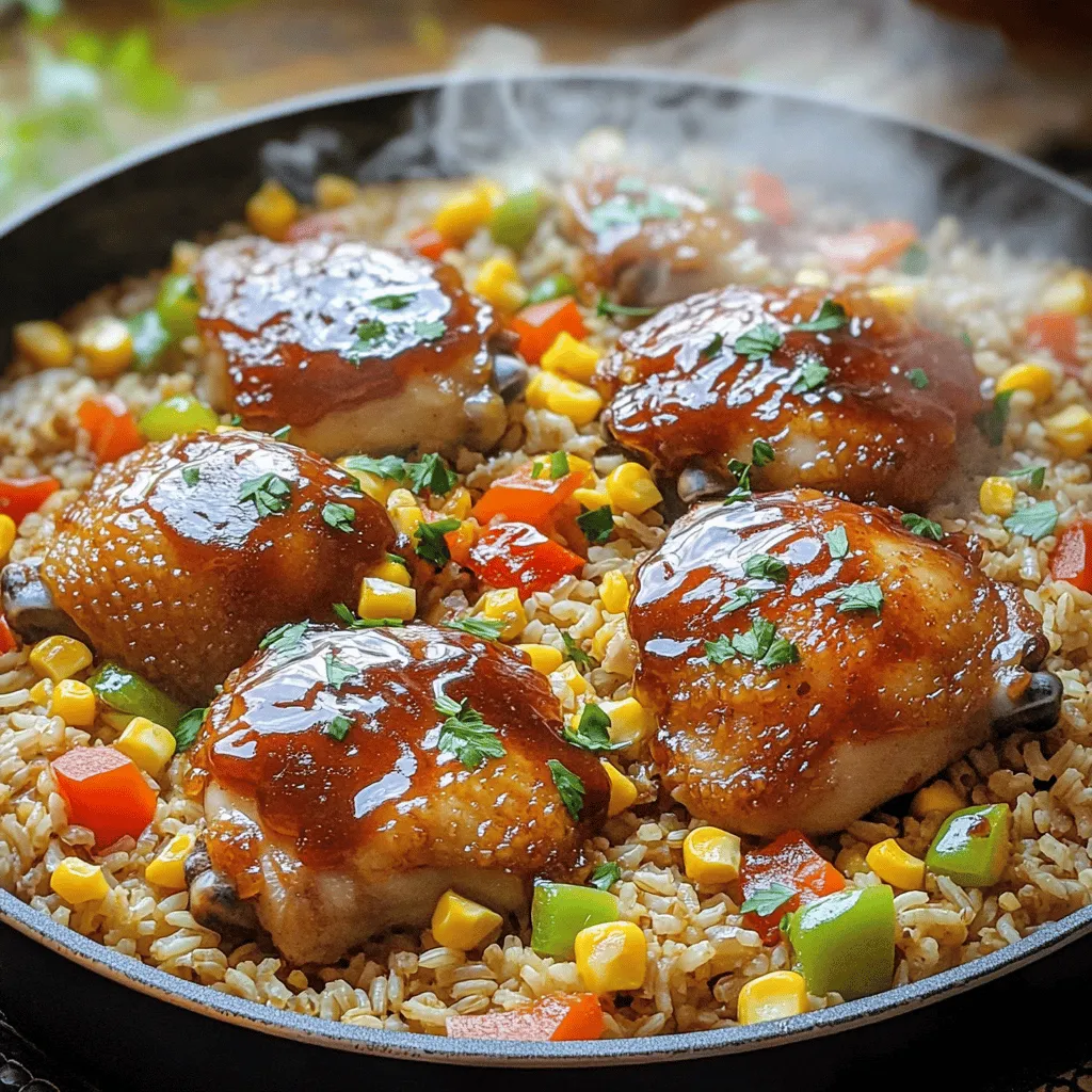 Für das One-Pan Honey BBQ Chicken Rice benötigst du: - 4 Hähnchenschenkel ohne Haut und Knochen - 2 Tassen brauner Reis - 1 Tasse Hühnerbrühe - 1 Tasse Honig BBQ-Sauce - 1 mittelgroße Zwiebel, gewürfelt - 1 Paprika (beliebige Farbe), gewürfelt - 2 Knoblauchzehen, fein gehackt - 1 Teelöffel geräuchertes Paprika - 1 Teelöffel Salz - ½ Teelöffel schwarzer Pfeffer - 2 Esslöffel Olivenöl - 1 Tasse Maiskörner (frisch, gefroren oder aus der Dose) - Frische Petersilie oder Koriander zum Garnieren Frische Zutaten machen einen großen Unterschied. Achte auf: - Hähnchen: Wähle frisches oder qualitativ hochwertiges gefrorenes Hähnchen. - Gemüse: Kaufe Zwiebeln und Paprika, die fest sind und keine Flecken haben. - Kräuter: Frische Petersilie oder Koriander bringen Frische und Farbe. Falls du etwas nicht hast, hier sind einige Alternativen: - Hähnchenschenkel: Du kannst auch Hähnchenbrust verwenden, aber die Kochzeit ändert sich. - Brauner Reis: Weißer Reis ist schneller gar, aber weniger nahrhaft. - BBQ-Sauce: Mache deine eigene Sauce mit Honig, Ketchup und Gewürzen. - Gemüse: Füge Erbsen oder Karotten hinzu, um mehr Farbe und Geschmack zu bekommen. Das vollständige Rezept findest du [hier](#Full-Recipe). Um das Gemüse vorzubereiten, schneide die Zwiebel und die Paprika in kleine Stücke. Du kannst jede Farbe der Paprika verwenden, die du magst. Erhitze das Olivenöl in einer großen Pfanne bei mittlerer Hitze. Füge die gewürfelte Zwiebel und Paprika hinzu. Brate sie etwa fünf Minuten, bis sie weich sind. Danach kommt der gehackte Knoblauch dazu. Brate diesen eine weitere Minute. Das Aroma wird fantastisch sein! Jetzt ist es Zeit für das Hähnchen. Schiebe das Gemüse zur Seite der Pfanne. Lege die Hähnchenschenkel in die Pfanne. Würze sie mit geräuchertem Paprika, Salz und Pfeffer. Brate die Hähnchen auf beiden Seiten etwa vier bis fünf Minuten, bis sie goldbraun sind. Das gibt einen tollen Geschmack und eine schöne Farbe! Sobald das Hähnchen gut gebräunt ist, gieße die Honig BBQ-Sauce über die Hähnchenschenkel. Achte darauf, dass jedes Stück gut bedeckt ist. Dann rührst du den braunen Reis und die Hühnerbrühe unter. Stelle sicher, dass der Reis in der Flüssigkeit schwimmt. Füge die Maiskörner hinzu. Bringe die Mischung zum Köcheln und decke die Pfanne ab. Reduziere die Hitze und koche alles für etwa 30 bis 35 Minuten, bis der Reis weich ist. Nach dem Kochen nimm die Pfanne von der Hitze. Lass das Gericht fünf Minuten ruhen, bevor du den Deckel abnimmst. Diese Ruhezeit hilft, die Aromen zu verbinden. Lockere den Reis mit einer Gabel auf. Mische das Hähnchen vorsichtig mit dem Reis. Garniere dein Gericht mit frischer Petersilie oder Koriander. So sieht es nicht nur gut aus, es schmeckt auch noch besser! Für die vollständige Zubereitung, schau dir das Full Recipe an. Einer der häufigsten Fehler ist, das Hähnchen zu lange zu braten. Dies macht das Fleisch trocken. Achte darauf, dass die Hähnchenschenkel golden und nicht übergar sind. Ein weiterer Fehler ist, den Reis nicht gut in der Flüssigkeit zu vermengen. Der Reis muss vollständig eingetaucht sein, um gleichmäßig zu garen. Überprüfe auch die Hitze. Zu hohe Hitze kann die Sauce anbrennen. Um den Geschmack zu verbessern, nutze frische Kräuter wie Petersilie oder Koriander. Sie bringen Frische ins Gericht. Du kannst auch etwas Chili hinzufügen, um den Geschmack zu verfeinern. Eine Prise Zitronensaft kann die Aromen verstärken. Experimentiere mit verschiedenen BBQ-Saucen. Probiere rauchige oder süßere Varianten, um deinen persönlichen Favoriten zu finden. Für dieses Rezept brauchst du eine große Pfanne mit Deckel. Eine beschichtete Pfanne sorgt dafür, dass nichts anbrennt. Ein Holzlöffel ist ideal, um die Zutaten zu vermengen, ohne die Pfanne zu zerkratzen. Ein scharfes Messer hilft beim Schneiden des Gemüses. Ein Messbecher ist wichtig, um die Flüssigkeiten genau zu messen. Für das Garnieren eignet sich eine Küchenschere, um frische Kräuter einfach zu schneiden. {{image_4}} Wenn du eine vegetarische Option suchst, kannst du das Hähnchen durch Tofu ersetzen. Tofu nimmt die Aromen gut auf. Schneide den Tofu in Würfel und brate ihn goldbraun an. Verwende die gleiche Menge Honig BBQ-Sauce, um den Geschmack zu intensivieren. Eine andere Option sind Kichererbsen. Sie bringen eine tolle Textur und viel Protein. Um dem Gericht noch mehr Geschmack zu verleihen, füge frische Kräuter hinzu. Basilikum oder Thymian passen gut. Du kannst auch etwas geriebenen Käse über das Gericht streuen. Füge am Ende einen Spritzer Zitrone hinzu, um die Aromen aufzufrischen. Das gibt dem Gericht einen tollen Kick. Wenn du die Körner ändern möchtest, probiere Quinoa oder Couscous. Quinoa hat einen nussigen Geschmack und ist reich an Proteinen. Koche Quinoa in der gleichen Menge Hühnerbrühe, wie im Rezept angegeben. Couscous ist schnell zubereitet und nimmt die Aromen gut auf. Halte die Kochzeit kurz, da er schnell gar ist. Diese Alternativen machen das Gericht abwechslungsreich und lecker. Um den One-Pan Honey BBQ Chicken Rice frisch zu halten, lagere ihn in einem luftdichten Behälter. Achte darauf, dass der Reis und das Hühnchen gut abgekühlt sind, bevor du sie einpackst. So vermeidest du Kondenswasser, das den Reis matschig machen kann. Du kannst den Rest auch in Portionsgröße aufteilen, um die Aufbewahrung zu erleichtern. Wenn du bereit bist, die Reste zu genießen, gibt es einfache Möglichkeiten, sie aufzuwärmen. Du kannst die Mischung in einer Pfanne bei mittlerer Hitze erhitzen. Füge ein wenig Wasser oder Brühe hinzu, um den Reis feucht zu halten. Eine andere Methode ist die Mikrowelle. Stelle sicher, dass du den Inhalt in einem mikrowellengeeigneten Behälter aufwärmst. Decke ihn ab, damit die Feuchtigkeit erhalten bleibt. Erwärme in Intervallen von 1-2 Minuten, bis alles heiß ist. Im Kühlschrank bleibt der One-Pan Honey BBQ Chicken Rice für etwa 3-4 Tage frisch. Wenn du ihn länger aufbewahren möchtest, friere ihn ein. In einem luftdichten Behälter hält er sich bis zu 3 Monate im Gefrierschrank. Achte darauf, das Gericht gut zu kennzeichnen, damit du weißt, was drin ist. Wenn du bereit bist, es zu essen, lasse es über Nacht im Kühlschrank auftauen oder erwärme es direkt aus dem Gefrierschrank. Es dauert etwa 50 Minuten, um One-Pan Honey BBQ Chicken Rice zuzubereiten. Die Vorbereitungszeit ist etwa 15 Minuten. Das Kochen selbst braucht rund 30 bis 35 Minuten. Diese Zeit ist perfekt, um eine leckere Mahlzeit zu genießen, ohne viel Aufwand. Ja, du kannst Hähnchenbrust verwenden. Hähnchenbrust ist magerer als Hähnchenschenkel. Achte darauf, dass du die Brust nicht zu lange kochst, damit sie nicht trocken wird. Die Garzeit kann sich um ein paar Minuten verkürzen. Die BBQ-Sauce ist einfach zu machen. Mische Honig, Ketchup, Apfelessig, Worcestershire-Sauce, und etwas Senf. Du kannst auch Gewürze wie Paprika oder Knoblauchpulver hinzufügen. Probiere die Sauce und passe den Geschmack nach deinem Wunsch an. Viele Beilagen passen gut dazu. Ein frischer grüner Salat bringt Farbe und Frische. Gegrilltes Gemüse ergänzt den Geschmack perfekt. Du kannst auch etwas Brot dazu servieren, um die Sauce aufzutunken. Du hast nun alle wichtigen Informationen, um das perfekte Gericht zuzubereiten. Wir haben die Zutatenliste durchgesehen und Tipps gegeben, um häufige Fehler zu vermeiden. Du kennst jetzt die Zubereitungsschritte, die Varianten und die besten Aufbewahrungstipps. Denke daran, dass Kochen Spaß machen sollte! Experimentiere mit den Zutaten und Variationen. So entdeckst du deinen eigenen Stil und Geschmack. Bereite deine Speisen mit Freude zu und genieße das Essen!