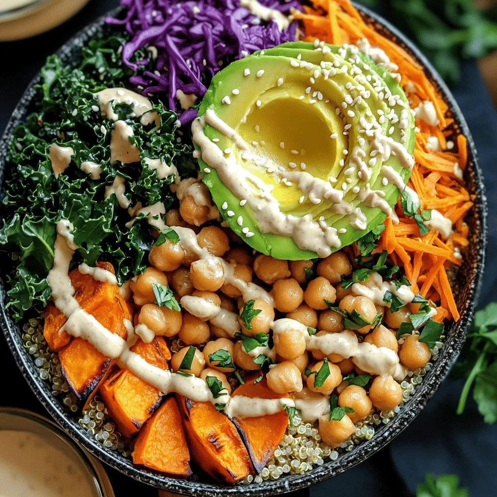 Diese Buddha Bowl ist bunt und gesund. Hier sind die Hauptzutaten, die du brauchst: - 1 Tasse Quinoa, gut gespült - 2 Tassen Gemüsebrühe (oder Wasser) - 1 Tasse Kichererbsen, gekocht - 1 mittlere Süßkartoffel, gewürfelt - 2 Tassen Grünkohl, grob gehackt - 1 Avocado, in Scheiben geschnitten - 1 Karotte, geraspelt - 1/2 Tasse Rotkohl, fein geschnitten Diese Zutaten bieten viele Nährstoffe. Quinoa ist ein tolles Getreide, reich an Eiweiß. Kichererbsen sind auch eiweißreich und geben der Bowl einen guten Biss. Süßkartoffeln sorgen für eine süße Note und viele Vitamine. Die richtigen Gewürze machen den Unterschied. Hier sind einige, die ich empfehle: - 1/4 Tasse Tahini - 2 Esslöffel Zitronensaft - 1 Esslöffel Ahornsirup - 1 Esslöffel Olivenöl - Salz und Pfeffer nach Geschmack Tahini ist cremig und nussig. Es gibt deiner Bowl das gewisse Etwas. Zitronensaft bringt Frische. Ahornsirup fügt eine süße Tiefe hinzu. Olivenöl macht alles geschmeidig und lecker. Wenn du mehr Protein magst, hier sind einige Optionen: - Tofu, gebraten oder mariniert - Tempeh, in Scheiben geschnitten - Nüsse oder Saaten, wie Mandeln oder Sonnenblumenkerne Diese Optionen sind leicht hinzuzufügen. Tofu und Tempeh sind reich an Protein und wichtig für eine ausgewogene Ernährung. Nüsse und Saaten geben einen tollen Crunch und gesunde Fette. Du kannst sie einfach über die Bowl streuen. Für das vollständige Rezept schau dir die Anleitung an. Um die Quinoa perfekt zuzubereiten, spüle zuerst 1 Tasse Quinoa gut ab. Das hilft, Bitterstoffe zu entfernen. Kombiniere die Quinoa mit 2 Tassen Gemüsebrühe in einem mittelgroßen Topf. Bringe die Mischung zum Kochen. Reduziere die Hitze und decke den Topf ab. Lass die Quinoa 15 Minuten köcheln. Wenn die Flüssigkeit aufgesogen ist, nimm den Topf vom Herd. Lass die Quinoa 5 Minuten ruhen und lockere sie dann mit einer Gabel auf. Heize deinen Ofen auf 200 °C vor. Schneide die Süßkartoffel in kleine Würfel. Verteile die Würfel gleichmäßig auf einem Backblech. Beträufle die Süßkartoffel mit Olivenöl und würze sie mit Salz und Pfeffer. Röste sie etwa 25-30 Minuten lang. Rühre sie einmal um, damit sie gleichmäßig bräunen. Die Süßkartoffel sollte zart und leicht knusprig sein. Für das Tahinidressing nimm eine kleine Schüssel. Mische 1/4 Tasse Tahini mit 2 Esslöffeln Zitronensaft. Füge 1 Esslöffel Ahornsirup hinzu. Gib auch 1 Esslöffel Olivenöl und eine Prise Salz dazu. Rühre alles gut um. Wenn das Dressing zu dick ist, füge etwas Wasser hinzu. Es sollte gut gießbar sein. Schmecke es nach deinem Geschmack ab. In einer großen Schüssel vermenge die gekochte Quinoa, die geröstete Süßkartoffel und 1 Tasse Kichererbsen. Füge 2 Tassen grob gehackten Grünkohl hinzu. Gib eine geraspelte Karotte und 1/2 Tasse fein geschnittenen Rotkohl dazu. Mische alles sanft, um die Zutaten zu vereinen. Teile die Mischung auf Schalen auf. Toppe jede Schale mit Avocadoscheiben und einem großzügigen Schuss Tahinidressing. Garnieren kannst du nach Belieben mit Sesamsamen und frischen Kräutern. Um die Kochzeiten zu verbessern, bereite zuerst die Quinoa vor. Sie braucht etwa 15 Minuten. Während die Quinoa kocht, kannst du die Süßkartoffeln rösten. So nutzt du die Zeit effizient. Achte darauf, die Süßkartoffel gleichmäßig zu schneiden. Kleinere Stücke garen schneller. Wenn du alles gut planst, hast du die Buddha Bowl in unter einer Stunde fertig. Eine schöne Präsentation macht das Essen noch besser. Teile die Zutaten in bunten Abschnitten in der Schale auf. Setze die gerösteten Süßkartoffeln, Kichererbsen und das Gemüse so, dass jede Farbe leuchtet. Garniere die Bowl kurz vor dem Servieren mit frischen Kräutern. Das sieht nicht nur toll aus, es schmeckt auch besser. Das Tahinidressing ist ein Hit, doch du kannst variieren. Probiere ein einfaches Zitronen-Vinaigrette. Mische Olivenöl, Zitronensaft und Senf. Du kannst auch einen Avocado-Dip machen. Zerdrücke eine Avocado und vermische sie mit Limettensaft. So hast du viele Möglichkeiten, um deine Buddha Bowl abwechslungsreich zu gestalten. {{image_4}} Es gibt viele Gemüse, die du verwenden kannst. Du kannst zum Beispiel Brokkoli anstelle von Grünkohl nehmen. Paprika bringt Farbe und süßen Geschmack. Zucchini ist ebenfalls eine gute Wahl. Du kannst sie dünn schneiden und kurz braten. Erbsen fügen Proteine und einen süßen Geschmack hinzu. Probiere auch Blumenkohl oder Spinat für neue Geschmäcker. Diese Optionen halten deine Buddha Bowl frisch und spannend. Wenn du glutenfrei leben möchtest, ist das einfach. Quinoa ist von Natur aus glutenfrei. Achte darauf, dass die Gemüsebrühe auch kein Gluten enthält. Viele Brühen sind sicher, wenn du die Zutatenliste überprüfst. Du kannst auch Reis oder Buchweizen verwenden. Sie sind glutenfrei und lecker. Überprüfe immer die Etiketten von verarbeiteten Lebensmitteln. So vermeidest du Gluten ganz einfach. Kichererbsen sind großartig, aber du kannst variieren. Schwarze Bohnen sind eine tolle Option. Sie sind herzhaft und voller Geschmack. Weiße Bohnen passen auch gut und sind cremig. Linsen sind schnell zu kochen und sehr nahrhaft. Sie sind eine super Proteinquelle. Experimentiere mit verschiedenen Bohnen, um deine Bowl aufregend zu gestalten. So bleibt jede Mahlzeit anders und lecker. Für das vollständige Rezept schaue dir die Vegan Rainbow Buddha Bowl an. Ich empfehle, die Reste der Buddha Bowl in einem luftdichten Behälter zu lagern. So bleibt alles frisch. Du kannst die Schüssel bis zu drei Tage im Kühlschrank aufbewahren. Wenn du die Zutaten getrennt hältst, bleibt die Textur besser. Du kannst die Reste leicht für andere Gerichte verwenden. Füge die Quinoa zu einem Salat hinzu oder mache eine Suppe. Die Kichererbsen passen gut in Wraps oder Sandwiches. So wirst du die Reste nicht langweilig finden. Wenn du die Buddha Bowl für später einfrieren möchtest, lagere die Zutaten getrennt. Die Quinoa und das Gemüse kannst du gut einfrieren. Achte darauf, dass alles gut verpackt ist, um Gefrierbrand zu vermeiden. Du kannst die gefrorenen Zutaten innerhalb von drei Monaten verwenden. Vor dem Essen einfach im Kühlschrank auftauen lassen. Um die beste vegane Buddha Bowl zu machen, wähle frisches Gemüse. Ich empfehle, bunte Gemüsesorten zu nutzen. Kombiniere Quinoa mit Kichererbsen für Protein. Röste die Süßkartoffeln, um einen tollen Geschmack zu erzielen. Verwende ein leckeres Tahinidressing, um alles zusammenzubringen. Du kannst das gesamte Rezept für eine detaillierte Anleitung finden. Ja, du kannst die Buddha Bowl im Voraus zubereiten. Koche die Quinoa und die Süßkartoffeln vor. Lagere sie in separaten Behältern im Kühlschrank. Das Gemüse bleibt frisch, wenn es getrennt bleibt. Mische alles kurz vor dem Servieren. So sparst du Zeit und genießt deine gesunde Mahlzeit. Eine vegane Buddha Bowl ist sehr nährstoffreich. Quinoa liefert wertvolle Proteine und Ballaststoffe. Kichererbsen bieten zusätzliche Proteine und Eisen. Süßkartoffeln sind reich an Vitamin A. Grünkohl enthält viele Vitamine und Mineralien. Avocado bringt gesunde Fette mit. Diese Bowl unterstützt deine Gesundheit und dein Wohlbefinden. Ja, die vegane Buddha Bowl ist glutenfrei. Quinoa ist eine glutenfreie Getreideart. Achte darauf, dass alle anderen Zutaten ebenfalls glutenfrei sind. Wenn du glutenfreie Kichererbsen verwendest, bist du auf der sicheren Seite. So kannst du diese gesunde Bowl ohne Sorgen genießen. Die Vegan Rainbow Buddha Bowl ist ein echter Genuss. Sie ist bunt, nährstoffreich und einfach zuzubereiten. Diese Bowl kombiniert viele frische Zutaten. Sie bringt den Körper in Schwung. Die Vorbereitungszeit beträgt nur 15 Minuten. Die gesamte Zubereitung braucht etwa 50 Minuten. Das Rezept ergibt 4 Portionen. Perfekt für eine kleine Gruppe oder für die Familie. Diese Buddha Bowl steckt voller Nährstoffe. Quinoa ist eine tolle Proteinquelle. Sie enthält alle neun wichtigen Aminosäuren. Kichererbsen liefern zusätzliches Protein und Ballaststoffe. Süßkartoffeln sind reich an Vitaminen und Antioxidantien. Sie stärken das Immunsystem. Grünkohl ist ein Superfood. Er ist voller Vitamine A, C und K. Avocado bringt gesunde Fette mit. Diese Fette sind gut für das Herz. Karotten und Rotkohl liefern wichtige Mineralstoffe. Das Tahinidressing bietet gesunde Fette und einen tollen Geschmack. Diese Bowl ist nicht nur lecker, sondern auch sehr gesund. Willst du mehr über die Zubereitung erfahren? Schau dir das vollständige Rezept an! Eine vegane Buddha Bowl bietet viel Frische und Vielfalt. Wir haben die Hauptzutaten, Gewürze und Proteinquellen besprochen. Die Schritt-für-Schritt-Anleitung hilft beim Zubereiten jeder Komponente. Tipps für die Präsentation und Kochzeiten optimieren dein Gericht. Du kannst viele Variationen ausprobieren und Reste gut lagern. Probiere dieses Rezept aus, um gesunde, leckere Mahlzeiten schnell zuzubereiten. Eine Buddha Bowl stärkt deinen Körper und schmeckt fantastisch!