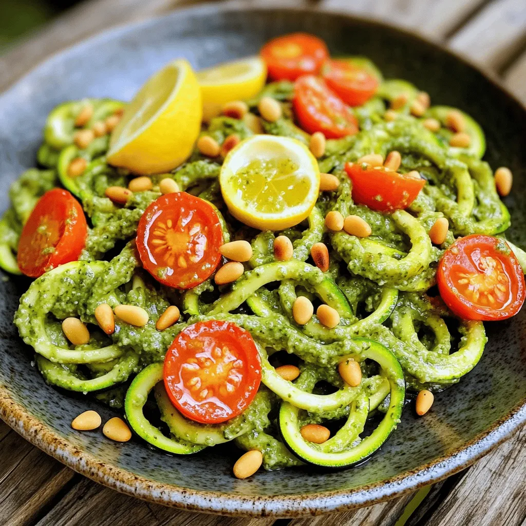 - 3 mittelgroße Zucchini - 1 Tasse frische Basilikumblätter - 1/4 Tasse Pinienkerne, geröstet Zucchini sind die Basis für dieses Rezept. Sie sind leicht und gesund. Das macht sie perfekt für Nudeln. Basilikum gibt dem Gericht einen frischen Geschmack. Die Pinienkerne fügen einen nussigen Crunch hinzu. So entsteht eine tolle Textur. - 2 Knoblauchzehen, fein gehackt - 1/4 Tasse geriebener Parmesan - 1/4 Tasse kaltgepresstes Olivenöl Das Pesto ist einfach und schnell gemacht. Knoblauch bringt eine schöne Würze. Parmesan sorgt für einen herzhaften Geschmack. Olivenöl macht das Pesto cremig und glatt. Diese Zutaten sind wichtig für den vollen Geschmack. - Kirschtomaten, halbiert - Zusätzliche Pinienkerne Für die Garnierung verwenden wir Kirschtomaten. Sie bringen Farbe und Süße ins Gericht. Zusätzliche Pinienkerne als Topping geben noch mehr Crunch. Das sieht nicht nur gut aus, sondern schmeckt auch fantastisch. Wenn du das Rezept nachkochen möchtest, findest du das komplette Rezept hier: [Full Recipe]. Um die Zucchini vorzubereiten, spiralisiere ich sie. Ich benutze dafür einen Spiralizer. Dies macht lange, dünne Nudeln. Wenn du keinen Spiralizer hast, schneide die Zucchini einfach in dünne Streifen. Diese Methode funktioniert auch gut. Achte darauf, die Zucchini gleichmäßig zu schneiden. So kochen sie gleichmäßig. Für das Pesto gebe ich die frischen Basilikumblätter in die Küchenmaschine. Dazu kommen die gerösteten Pinienkerne, der gehackte Knoblauch und der Parmesan. Ich pulsiere die Mischung, bis alles gut zerkleinert ist. Dann lasse ich die Maschine weiterlaufen. Währenddessen gieße ich langsam das Olivenöl hinein. So entsteht ein glattes Pesto. Dann füge ich den Zitronensaft, Salz und Pfeffer hinzu. Ich pulsierte ein paar Mal, um alles gut zu vermischen. Es ist wichtig, das Pesto zu probieren und die Würze nach Geschmack anzupassen. Ich erhitze in einer großen Pfanne etwas Olivenöl bei mittlerer Hitze. Dann gebe ich die Zucchini-Nudeln hinein. Ich sautierte sie 2-3 Minuten. Die Nudeln sollten leicht weich, aber noch bissfest sein. Achte darauf, sie nicht zu lange zu kochen. Sie verlieren sonst ihre Textur. Jetzt nehme ich die Pfanne vom Herd und füge das Pesto hinzu. Ich schwenke die Nudeln sanft, bis sie gleichmäßig mit dem Pesto überzogen sind. Das sieht toll aus! Dann serviere ich die Nudeln sofort. Ich garniere sie mit halbierten Kirschtomaten und zusätzlichen gerösteten Pinienkernen. Diese Farben machen das Gericht noch ansprechender. Du wirst das leckere Aroma genießen! Wählen Sie Zucchini, die fest und glänzend sind. Achten Sie darauf, dass sie keine braunen Flecken haben. Die ideale Größe liegt zwischen 15 und 20 cm. Kleinere Zucchini sind zarter und haben weniger Samen. Frische Zucchini bieten den besten Geschmack und die beste Textur für die Nudeln. Um ein tolles Pesto zu machen, mixen Sie frische Basilikumblätter mit Pinienkernen und Knoblauch. Experimentieren Sie mit Zutaten wie Rucola oder Walnüssen für einen anderen Geschmack. Lagern Sie das Pesto in einem Glas mit etwas Olivenöl obendrauf. So bleibt es frisch. Im Kühlschrank hält es sich etwa eine Woche. Zu Zucchini-Nudeln passen viele Beilagen. Ein einfacher grüner Salat ergänzt das Gericht gut. Sie können auch geröstetes Gemüse oder ein Stück Fisch dazu servieren. Wenn es um Wein geht, probieren Sie einen leichten Weißwein. Ein Sauvignon Blanc passt hervorragend zu diesem Gericht. {{image_4}} Zucchini-Nudeln sind vielseitig und können auf viele Arten zubereitet werden. Sie sind eine tolle Basis für leckere Gerichte. Hier sind einige Variationen, die du ausprobieren kannst. - Karottennudeln: Diese sind süß und knackig. Du kannst sie genau wie Zucchini spiralisieren. Sie bringen eine schöne Farbe auf deinen Teller. - Kürbisspaghetti: Diese Nudeln sind weich und haben einen nussigen Geschmack. Du kannst sie einfach zubereiten, indem du den Kürbis kochst oder backst. Schneide ihn dann in Spaghetti-artige Streifen. - Nussfreies Pesto: Wenn du Nüsse meiden möchtest, probiere Sonnenblumenkerne oder Kürbiskerne. Sie geben dem Pesto einen tollen Geschmack ohne Nüsse. Mische sie mit Basilikum und Olivenöl. - Veganes Pesto: Verwende Hefeflocken anstelle von Parmesan für einen veganen Twist. Das gibt dem Pesto eine käsige Note. Kombiniere es mit frischem Basilikum, Knoblauch und Olivenöl. Diese Variationen bringen Abwechslung in dein Gericht. Du kannst mit verschiedenen Geschmäckern spielen und deine eigenen Kombinationen finden. Schaut euch auch das [Full Recipe] an, um die klassischen Zucchini-Nudeln mit Pesto zu machen! Um die Reste von Zucchini-Nudeln aufzubewahren, lege sie in einen luftdichten Behälter. Stelle sicher, dass sie gut abgekühlt sind. So bleiben sie frisch und lecker. Im Kühlschrank halten sie 2 bis 3 Tage. Wenn du Zucchini-Nudeln länger aufbewahren möchtest, kannst du sie einfrieren. Lege die Nudeln in einen Gefrierbeutel und drücke die Luft heraus. So bleiben sie bis zu 3 Monate haltbar. Beim Auftauen, lasse sie im Kühlschrank über Nacht. So vermeidest du ein matschiges Ergebnis. Pesto bleibt im Kühlschrank etwa eine Woche frisch. Lagere es in einem luftdichten Behälter. Bedecke die Oberfläche mit etwas Olivenöl. Das schützt das Pesto vor dem Oxidieren und dem Braunwerden. Wenn du mehr Pesto zubereitest, kannst du es auch einfrieren. Fülle das Pesto in Eiswürfelschalen. So hast du kleine Portionen, die schnell auftauen. Diese Portionen sind perfekt für zukünftige Gerichte. Zucchini-Nudeln bleiben im Kühlschrank etwa 2 bis 3 Tage frisch. Lagern Sie sie in einem luftdichten Behälter. Wenn die Nudeln matschig werden, ist es besser, sie wegzuwerfen. Um die Haltbarkeit zu verlängern, können Sie die Zucchini-Nudeln auch einfrieren. Legen Sie sie auf ein Backblech, um sie einzufrieren, und bewahren Sie sie dann in einem Beutel auf. So bleiben sie bis zu 3 Monate haltbar. Ja, Sie können das Pesto im Voraus machen. Es bleibt im Kühlschrank 5 bis 7 Tage frisch. Lagern Sie es in einem luftdichten Behälter und decken Sie die Oberfläche mit etwas Olivenöl ab, um Oxidation zu verhindern. Sie können Pesto auch einfrieren. Füllen Sie es in Eiswürfelschalen und frieren Sie es ein. So haben Sie immer Pesto bereit, wenn Sie es brauchen. Beliebte Variationen sind das Hinzufügen von Rucola oder Spinat zum Pesto. Manche Leute verwenden auch Walnüsse oder Mandeln anstelle von Pinienkernen. Für eine schärfere Note können Sie Chili-Flocken hinzufügen. Bei den Zucchini-Nudeln sind Karotten oder Süßkartoffeln tolle Alternativen. Diese geben Ihnen verschiedene Geschmäcker und Farben auf dem Teller. Ja, es gibt einen großen Unterschied. Frisches Pesto hat einen helleren, frischeren Geschmack. Es enthält auch mehr Aroma von frischen Kräutern. Gefrorenes Pesto kann etwas weniger intensiv sein. Es eignet sich jedoch gut zum Kochen und für schnelle Rezepte. Wenn Sie frisches Pesto verwenden, genießen Sie den Geschmack in vollen Zügen. Zucchini-Nudeln sind gesund und einfach zuzubereiten. Wir haben die Hauptzutaten, Pesto-Rezepte und praktische Tipps behandelt. Variationen wie Karottennudeln bieten weitere Optionen. Die Aufbewahrung ist ebenfalls leicht, ob im Kühlschrank oder tiefgefroren. Am Ende kannst du mit frischen Zutaten und einem leckeren Pesto ein tolles Gericht zaubern. Experimentiere mit den Ideen und finde deinen Favoriten. So bringst du Abwechslung auf den Tisch!