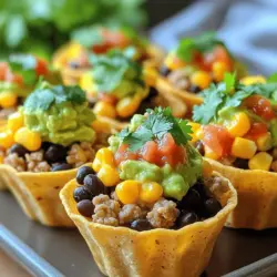 Für diese leckeren Mini Taco Cups brauchst du folgende Hauptzutaten: - 450 g gemahlenes Truthahn- oder Rindfleisch - 1 Päckchen Taco-Gewürz - 240 g schwarze Bohnen, abgespült und abgetropft - 240 g Maiskörner (frisch oder gefroren) - 1 kleine rote Zwiebel, fein gehackt - 100 g geriebener Cheddar-Käse - 12 kleine Tortilla-Tassen (aus dem Laden oder selbst gemacht) Diese Zutaten sind der Schlüssel zu einem tollen Geschmack. Das gewürzte Fleisch gibt den Taco Cups viel Aroma. Die Bohnen und der Mais sorgen für die nötige Füllung und Textur. Du kannst die Mini Taco Cups nach Belieben mit zusätzlichen Toppings und Beilagen aufpeppen. Hier sind einige Ideen: - 240 g Guacamole - 240 g Salsa - Frische Korianderblätter, gehackt (zum Garnieren) - Sauerrahm (optional zum Servieren) Diese Toppings bringen Frische und Geschmack. Guacamole und Salsa sind einfach ein Muss! Frischer Koriander gibt dem Ganzen das besondere Etwas. Die Mini Taco Cups sind nicht nur lecker, sondern bieten auch eine ausgewogene Mahlzeit. Hier sind einige Nährwertangaben pro Portion: - Kalorien: ca. 250 kcal - Eiweiß: ca. 15 g - Fett: ca. 10 g - Kohlenhydrate: ca. 25 g Die Nährstoffe in den Taco Cups kommen aus den Bohnen, dem Fleisch und den frischen Zutaten. Du kannst die Nährwerte anpassen, indem du andere Zutaten verwendest oder die Menge änderst. Für das vollständige Rezept, schau dir bitte den Abschnitt "Full Recipe" an. Zuerst heizen Sie den Ofen auf 190 °C vor. Wenn Sie Tortilla-Tassen selbst machen möchten, nehmen Sie große Tortillas. Schneiden Sie sie in Kreise und legen Sie sie in Muffinförmchen. Achten Sie darauf, dass sie gut sitzen. Wenn Sie die Tassen im Laden gekauft haben, sind Sie bereit für den nächsten Schritt. In einer großen Pfanne, braten Sie das gemahlene Fleisch bei mittlerer Hitze. Nach etwa 5-7 Minuten sollte es schön braun sein. Gießen Sie überschüssiges Fett ab, wenn nötig. Fügen Sie das Taco-Gewürz und 60 ml Wasser hinzu. Rühren Sie alles gut um und lassen Sie es 3-4 Minuten köcheln. In einer großen Schüssel vermengen Sie das Fleisch, die schwarzen Bohnen, den Mais und die gehackte Zwiebel. Mischen Sie alles gut, bis es gleichmäßig verteilt ist. Füllen Sie jede Tortilla-Tasse mit der Taco-Mischung. Seien Sie großzügig! Bestreuen Sie die Tassen mit geriebenem Cheddar-Käse. Backen Sie die Tassen im vorgeheizten Ofen für 12-15 Minuten. Der Käse sollte geschmolzen und die Tassen goldbraun sein. Lassen Sie die Mini-Taco-Tassen nach dem Backen ein paar Minuten abkühlen. Servieren Sie sie mit Guacamole und Salsa. Garnieren Sie mit frischem Koriander. Wenn Sie mögen, fügen Sie einen Klecks Sauerrahm hinzu. Wenn Sie mehr über die Zubereitung erfahren möchten, schauen Sie sich das vollständige Rezept an. Um das Fleisch perfekt zuzubereiten, wählen Sie frisches, hochwertiges Hackfleisch. Ich mag gemahlenes Truthahnfleisch, weil es leichter ist. Braten Sie das Fleisch bei mittlerer Hitze an. So bleibt es saftig. Achten Sie darauf, es gut zu zerkleinern, damit es gleichmäßig kocht. Lassen Sie das Fleisch nicht zu lange in der Pfanne. Überwachen Sie den Garprozess genau. Ein paar Minuten sind genug, um die Aromen freizusetzen. Wenn Sie kein Taco-Gewürz haben, probieren Sie diese Alternativen: - Paprika - Kreuzkümmel - Chili-Pulver - Knoblauchpulver - Zwiebelpulver Mischen Sie diese Gewürze nach Geschmack. So erhalten Sie eine einzigartige Note. Diese Mischung macht das Gericht spannend und neu. Experimentieren Sie mit verschiedenen Gewürzen. So finden Sie Ihre perfekte Mischung. Um die Tortilla-Tassen knusprig zu halten, backen Sie sie richtig. Achten Sie darauf, sie nicht zu lange im Ofen zu lassen. 12-15 Minuten sind ideal, damit sie goldbraun werden. Lassen Sie die Tassen nach dem Backen ein paar Minuten abkühlen. So bleibt die Textur erhalten. Außerdem können Sie sie vor dem Füllen leicht anrösten. Das reduziert die Feuchtigkeit und hilft, sie knusprig zu halten. {{image_4}} Für die vegetarischen Mini Taco Cups verwende ich schwarze Bohnen und Mais. Diese Zutaten sind herzhaft und voller Geschmack. Sie fügen auch eine tolle Textur hinzu. Kombinieren Sie die Bohnen und den Mais mit gehacktem Gemüse wie Paprika oder Zucchini. Ein toller Käse ist auch wichtig. Ich mag es, einen schmelzenden Käse wie Monterey Jack oder Gouda zu verwenden. So haben Sie eine leckere vegetarische Option für Ihre Mini Taco Cups. Wenn Sie kreativ sein wollen, probieren Sie verschiedene Füllungen aus. Hähnchen, Tofu oder sogar Fisch sind großartige Alternativen. Gewürze wie Kreuzkümmel oder Paprika können den Geschmack verbessern. Sie können auch frische Kräuter wie Basilikum oder Oregano hinzufügen. Diese kleinen Änderungen machen die Mini Taco Cups noch interessanter. Die Beilagen machen alles besser! Ich empfehle, frische Guacamole und Salsa bereitzustellen. Diese passen perfekt zu den Taco Cups. Auch ein einfacher grüner Salat ist eine tolle Ergänzung. Wenn Sie etwas mehr Pepp wollen, versuchen Sie, Jalapeños oder eingelegte Zwiebeln hinzuzufügen. Diese geben den Taco Cups einen zusätzlichen Kick. Um Mini Taco Cups frisch zu halten, lassen Sie sie zuerst abkühlen. Packen Sie sie dann in einen luftdichten Behälter. Wenn Sie sie richtig lagern, bleiben sie bis zu drei Tage gut. Sie können auch die Füllung von den Tassen trennen. So bleiben die Tassen knusprig. Verwenden Sie Frischhaltefolie oder einen Behälter, um alles sicher zu verpacken. Wenn Sie die Taco Cups aufwärmen wollen, nutzen Sie den Ofen. Stellen Sie ihn auf 180 °C ein. Legen Sie die Taco Cups auf ein Backblech. Backen Sie sie für etwa 10 Minuten, bis sie warm sind. So bleiben die Tassen knusprig. Vermeiden Sie die Mikrowelle, da das die Tassen weich macht. Die Haltbarkeit der Zutaten variiert. Das gemahlene Fleisch bleibt im Kühlschrank zwei bis drei Tage frisch. Schwarze Bohnen und Mais sind ebenfalls bis zu drei Tage haltbar. Guacamole sollte innerhalb von 24 Stunden gegessen werden, um Oxidation zu vermeiden. Salsa hält sich gut bis zu einer Woche. Achten Sie immer auf das Ablaufdatum der Zutaten. Frische Zutaten machen den besten Geschmack. Ich empfehle, zwei bis drei Mini Taco Cups pro Person zu servieren. Diese Portion ist ideal für einen Snack oder eine leichte Mahlzeit. Wenn Sie eine Feier haben, planen Sie vielleicht vier oder fünf pro Person. So haben Ihre Gäste genug, um sich zu freuen, aber nicht zu viel, damit sie sich überessen. Ja, Sie können die Tortilla-Tassen ganz einfach selbst machen! Nehmen Sie große Tortillas und schneiden Sie sie in kleinere Kreise. Drücken Sie diese in eine Muffinform. Backen Sie sie bei 190 °C für etwa 10 Minuten, bis sie knusprig sind. So haben Sie frische Tassen, die perfekt zu Ihrer Füllung passen. Wenn Sie nach gesünderen Alternativen suchen, probieren Sie Salatblätter anstelle von Tortilla-Tassen. Sie sind leicht und frisch. Für die Füllung können Sie mageres Hühnchen oder Tofu verwenden. Auch Quinoa oder brauner Reis sind gute Optionen. Sie fügen Ballaststoffe und Nährstoffe hinzu. Mini Taco Cups sind einfach und lecker. Sie bestehen aus knusprigen Tortilla-Tassen, die Sie mit Ihren Lieblingszutaten füllen. In der Anleitung habe ich Ihnen gezeigt, wie Sie die Tassen vorbereiten und die Füllung zubereiten. Tipps helfen, das Fleisch perfekt zu machen und die Tassen knusprig zu halten. Variationen bieten Spaß für alle Vorlieben, auch für Vegetarier. Lagern Sie die Reste richtig, damit sie frisch bleiben. Genießen Sie diesen leckeren Snack zu jeder Zeit!