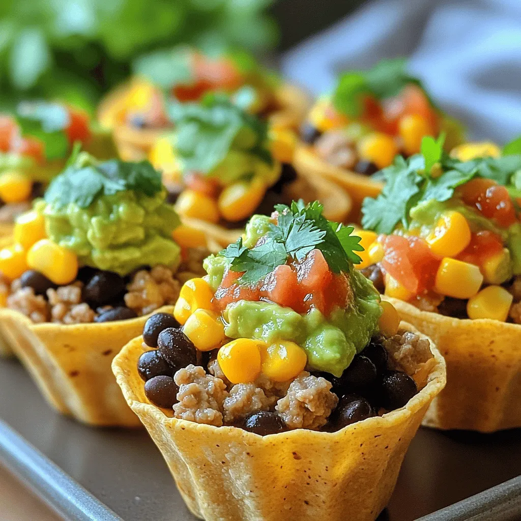 Für diese leckeren Mini Taco Cups brauchst du folgende Hauptzutaten: - 450 g gemahlenes Truthahn- oder Rindfleisch - 1 Päckchen Taco-Gewürz - 240 g schwarze Bohnen, abgespült und abgetropft - 240 g Maiskörner (frisch oder gefroren) - 1 kleine rote Zwiebel, fein gehackt - 100 g geriebener Cheddar-Käse - 12 kleine Tortilla-Tassen (aus dem Laden oder selbst gemacht) Diese Zutaten sind der Schlüssel zu einem tollen Geschmack. Das gewürzte Fleisch gibt den Taco Cups viel Aroma. Die Bohnen und der Mais sorgen für die nötige Füllung und Textur. Du kannst die Mini Taco Cups nach Belieben mit zusätzlichen Toppings und Beilagen aufpeppen. Hier sind einige Ideen: - 240 g Guacamole - 240 g Salsa - Frische Korianderblätter, gehackt (zum Garnieren) - Sauerrahm (optional zum Servieren) Diese Toppings bringen Frische und Geschmack. Guacamole und Salsa sind einfach ein Muss! Frischer Koriander gibt dem Ganzen das besondere Etwas. Die Mini Taco Cups sind nicht nur lecker, sondern bieten auch eine ausgewogene Mahlzeit. Hier sind einige Nährwertangaben pro Portion: - Kalorien: ca. 250 kcal - Eiweiß: ca. 15 g - Fett: ca. 10 g - Kohlenhydrate: ca. 25 g Die Nährstoffe in den Taco Cups kommen aus den Bohnen, dem Fleisch und den frischen Zutaten. Du kannst die Nährwerte anpassen, indem du andere Zutaten verwendest oder die Menge änderst. Für das vollständige Rezept, schau dir bitte den Abschnitt "Full Recipe" an. Zuerst heizen Sie den Ofen auf 190 °C vor. Wenn Sie Tortilla-Tassen selbst machen möchten, nehmen Sie große Tortillas. Schneiden Sie sie in Kreise und legen Sie sie in Muffinförmchen. Achten Sie darauf, dass sie gut sitzen. Wenn Sie die Tassen im Laden gekauft haben, sind Sie bereit für den nächsten Schritt. In einer großen Pfanne, braten Sie das gemahlene Fleisch bei mittlerer Hitze. Nach etwa 5-7 Minuten sollte es schön braun sein. Gießen Sie überschüssiges Fett ab, wenn nötig. Fügen Sie das Taco-Gewürz und 60 ml Wasser hinzu. Rühren Sie alles gut um und lassen Sie es 3-4 Minuten köcheln. In einer großen Schüssel vermengen Sie das Fleisch, die schwarzen Bohnen, den Mais und die gehackte Zwiebel. Mischen Sie alles gut, bis es gleichmäßig verteilt ist. Füllen Sie jede Tortilla-Tasse mit der Taco-Mischung. Seien Sie großzügig! Bestreuen Sie die Tassen mit geriebenem Cheddar-Käse. Backen Sie die Tassen im vorgeheizten Ofen für 12-15 Minuten. Der Käse sollte geschmolzen und die Tassen goldbraun sein. Lassen Sie die Mini-Taco-Tassen nach dem Backen ein paar Minuten abkühlen. Servieren Sie sie mit Guacamole und Salsa. Garnieren Sie mit frischem Koriander. Wenn Sie mögen, fügen Sie einen Klecks Sauerrahm hinzu. Wenn Sie mehr über die Zubereitung erfahren möchten, schauen Sie sich das vollständige Rezept an. Um das Fleisch perfekt zuzubereiten, wählen Sie frisches, hochwertiges Hackfleisch. Ich mag gemahlenes Truthahnfleisch, weil es leichter ist. Braten Sie das Fleisch bei mittlerer Hitze an. So bleibt es saftig. Achten Sie darauf, es gut zu zerkleinern, damit es gleichmäßig kocht. Lassen Sie das Fleisch nicht zu lange in der Pfanne. Überwachen Sie den Garprozess genau. Ein paar Minuten sind genug, um die Aromen freizusetzen. Wenn Sie kein Taco-Gewürz haben, probieren Sie diese Alternativen: - Paprika - Kreuzkümmel - Chili-Pulver - Knoblauchpulver - Zwiebelpulver Mischen Sie diese Gewürze nach Geschmack. So erhalten Sie eine einzigartige Note. Diese Mischung macht das Gericht spannend und neu. Experimentieren Sie mit verschiedenen Gewürzen. So finden Sie Ihre perfekte Mischung. Um die Tortilla-Tassen knusprig zu halten, backen Sie sie richtig. Achten Sie darauf, sie nicht zu lange im Ofen zu lassen. 12-15 Minuten sind ideal, damit sie goldbraun werden. Lassen Sie die Tassen nach dem Backen ein paar Minuten abkühlen. So bleibt die Textur erhalten. Außerdem können Sie sie vor dem Füllen leicht anrösten. Das reduziert die Feuchtigkeit und hilft, sie knusprig zu halten. {{image_4}} Für die vegetarischen Mini Taco Cups verwende ich schwarze Bohnen und Mais. Diese Zutaten sind herzhaft und voller Geschmack. Sie fügen auch eine tolle Textur hinzu. Kombinieren Sie die Bohnen und den Mais mit gehacktem Gemüse wie Paprika oder Zucchini. Ein toller Käse ist auch wichtig. Ich mag es, einen schmelzenden Käse wie Monterey Jack oder Gouda zu verwenden. So haben Sie eine leckere vegetarische Option für Ihre Mini Taco Cups. Wenn Sie kreativ sein wollen, probieren Sie verschiedene Füllungen aus. Hähnchen, Tofu oder sogar Fisch sind großartige Alternativen. Gewürze wie Kreuzkümmel oder Paprika können den Geschmack verbessern. Sie können auch frische Kräuter wie Basilikum oder Oregano hinzufügen. Diese kleinen Änderungen machen die Mini Taco Cups noch interessanter. Die Beilagen machen alles besser! Ich empfehle, frische Guacamole und Salsa bereitzustellen. Diese passen perfekt zu den Taco Cups. Auch ein einfacher grüner Salat ist eine tolle Ergänzung. Wenn Sie etwas mehr Pepp wollen, versuchen Sie, Jalapeños oder eingelegte Zwiebeln hinzuzufügen. Diese geben den Taco Cups einen zusätzlichen Kick. Um Mini Taco Cups frisch zu halten, lassen Sie sie zuerst abkühlen. Packen Sie sie dann in einen luftdichten Behälter. Wenn Sie sie richtig lagern, bleiben sie bis zu drei Tage gut. Sie können auch die Füllung von den Tassen trennen. So bleiben die Tassen knusprig. Verwenden Sie Frischhaltefolie oder einen Behälter, um alles sicher zu verpacken. Wenn Sie die Taco Cups aufwärmen wollen, nutzen Sie den Ofen. Stellen Sie ihn auf 180 °C ein. Legen Sie die Taco Cups auf ein Backblech. Backen Sie sie für etwa 10 Minuten, bis sie warm sind. So bleiben die Tassen knusprig. Vermeiden Sie die Mikrowelle, da das die Tassen weich macht. Die Haltbarkeit der Zutaten variiert. Das gemahlene Fleisch bleibt im Kühlschrank zwei bis drei Tage frisch. Schwarze Bohnen und Mais sind ebenfalls bis zu drei Tage haltbar. Guacamole sollte innerhalb von 24 Stunden gegessen werden, um Oxidation zu vermeiden. Salsa hält sich gut bis zu einer Woche. Achten Sie immer auf das Ablaufdatum der Zutaten. Frische Zutaten machen den besten Geschmack. Ich empfehle, zwei bis drei Mini Taco Cups pro Person zu servieren. Diese Portion ist ideal für einen Snack oder eine leichte Mahlzeit. Wenn Sie eine Feier haben, planen Sie vielleicht vier oder fünf pro Person. So haben Ihre Gäste genug, um sich zu freuen, aber nicht zu viel, damit sie sich überessen. Ja, Sie können die Tortilla-Tassen ganz einfach selbst machen! Nehmen Sie große Tortillas und schneiden Sie sie in kleinere Kreise. Drücken Sie diese in eine Muffinform. Backen Sie sie bei 190 °C für etwa 10 Minuten, bis sie knusprig sind. So haben Sie frische Tassen, die perfekt zu Ihrer Füllung passen. Wenn Sie nach gesünderen Alternativen suchen, probieren Sie Salatblätter anstelle von Tortilla-Tassen. Sie sind leicht und frisch. Für die Füllung können Sie mageres Hühnchen oder Tofu verwenden. Auch Quinoa oder brauner Reis sind gute Optionen. Sie fügen Ballaststoffe und Nährstoffe hinzu. Mini Taco Cups sind einfach und lecker. Sie bestehen aus knusprigen Tortilla-Tassen, die Sie mit Ihren Lieblingszutaten füllen. In der Anleitung habe ich Ihnen gezeigt, wie Sie die Tassen vorbereiten und die Füllung zubereiten. Tipps helfen, das Fleisch perfekt zu machen und die Tassen knusprig zu halten. Variationen bieten Spaß für alle Vorlieben, auch für Vegetarier. Lagern Sie die Reste richtig, damit sie frisch bleiben. Genießen Sie diesen leckeren Snack zu jeder Zeit!