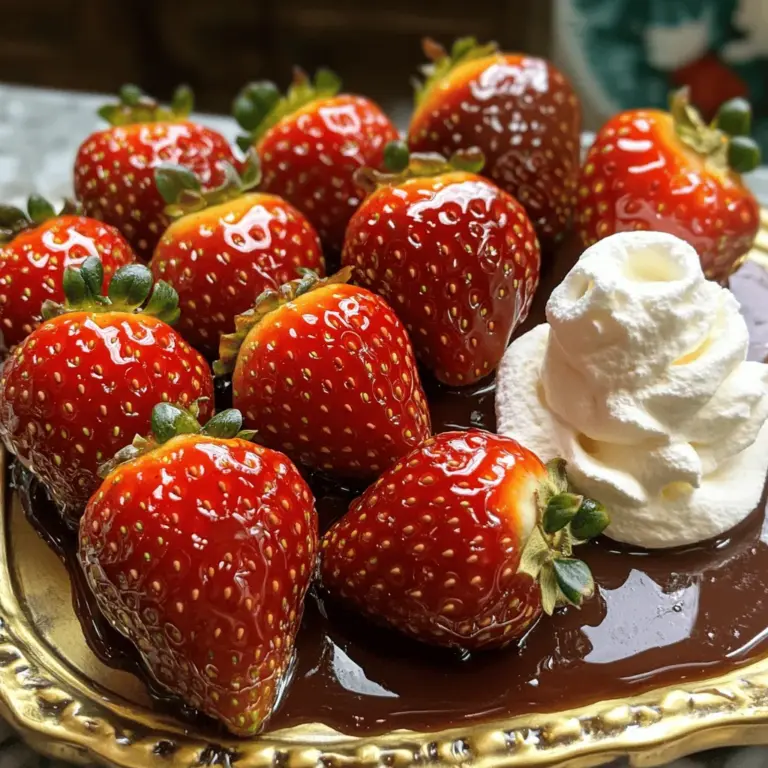Für köstliche kandierte Erdbeeren brauchst du: - 450 g frische Erdbeeren, entstielt und gewaschen - 200 g Kristallzucker - 120 ml Wasser - 1/4 Teelöffel Zitronensaft - 1/2 Teelöffel Vanilleextrakt (optional) Diese Zutaten sind die Basis für dein Rezept. Die Erdbeeren bringen Frucht und Frische. Der Zucker sorgt für die süße und den glänzenden Überzug. Wasser hilft, den Sirup zu bilden. Zitronensaft gibt etwas Säure, und Vanilleextrakt kann zusätzlichen Geschmack bringen. Du kannst deine kandierten Erdbeeren mit weiteren Zutaten aufpeppen. Probiere: - Gewürze wie Zimt oder Kardamom für einen besonderen Kick. - Schokolade, um eine schokoladige Variante zu machen. - Verschiedene Zuckersorten, wie braunen Zucker, für andere Geschmäcker. Diese Zutaten helfen dir, neue und spannende Geschmäcker zu entdecken. Sei kreativ und mixe, was dir gefällt! Frische Erdbeeren sind der Schlüssel zu einem gelungenen Rezept. Achte auf: - Leuchtend rote Farbe – das zeigt, dass sie reif sind. - Feste Konsistenz – weiche Erdbeeren sind oft überreif. - Grünes Blattwerk – frische Blätter deuten auf frische Beeren hin. Wähle die besten Erdbeeren, um das beste Ergebnis zu erzielen. Mit frischen Zutaten machst du deine kandierten Erdbeeren unwiderstehlich. Wenn du die Hauptzutaten und frischen Erdbeeren hast, bist du bereit für die Zubereitung! Schau dir das vollständige Rezept an, um loszulegen. Zuerst musst du die Erdbeeren gut waschen. Entferne die grünen Blätter und den Stiel. Es ist wichtig, frische Erdbeeren zu verwenden. Achte darauf, dass sie fest und saftig sind. Lege die gewaschenen Erdbeeren auf ein Küchentuch, damit sie trocknen. Diese Vorbereitung macht einen großen Unterschied. Für den Zuckersirup nimm einen mittelgroßen Topf. Gib 200 g Kristallzucker, 120 ml Wasser und 1/4 Teelöffel Zitronensaft hinein. Stelle den Herd auf mittlere Hitze. Rühre die Mischung gut um, bis der Zucker ganz aufgelöst ist. Jetzt erhöhe die Hitze. Lass das Gemisch kochen, bis es den Soft-Ball-Stadium erreicht. Das dauert etwa 5-7 Minuten. Wenn du Vanilleextrakt magst, kannst du ihn jetzt hinzufügen. Sobald der Sirup fertig ist, nimm den Topf vom Herd. Arbeite schnell, um die Erdbeeren zu tauchen. Tauche jede Erdbeere in den Zuckersirup. Achte darauf, dass sie ganz überzogen ist. Lass den überschüssigen Sirup abtropfen. Lege die Erdbeeren auf ein mit Backpapier ausgelegtes Blech. Wenn du eine pudrige Oberfläche magst, bestäube sie leicht mit Maisstärke. Lass die kandierten Erdbeeren 30 Minuten bei Raumtemperatur stehen. So werden sie schön fest. Ein häufiger Fehler beim Kandieren ist, den Zuckersirup nicht lange genug zu kochen. Der Sirup muss das Soft-Ball-Stadium erreichen. Andernfalls bleibt der Zuckerguss weich und klebrig. Ein anderer Fehler ist das zu langsame Eintauchen der Erdbeeren. Arbeiten Sie schnell, um den perfekten Glanz zu erzielen. Um die Textur und den Geschmack zu verbessern, verwenden Sie frische, reife Erdbeeren. Sie haben mehr Saft und Geschmack. Ein Spritzer Zitronensaft im Sirup hilft, die Süße auszugleichen. Vanilleextrakt fügt eine schöne Note hinzu. Wenn Sie eine knusprige Schicht wünschen, bestäuben Sie die Erdbeeren mit Maisstärke. Dies sorgt für eine feine, pudrige Textur. Die Präsentation macht alles aus! Arrangieren Sie die kandierten Erdbeeren auf einem schönen Teller. Stellen Sie sicher, dass sie gut verteilt sind. Für einen besonderen Effekt können Sie sie mit Schlagsahne oder Schokoladensauce servieren. Achten Sie darauf, dass die Erdbeeren nicht zu nah beieinander liegen. So bleiben sie schön glänzend und ansprechend. {{image_4}} Kandierte Erdbeeren schmecken toll, aber Schokolade macht sie noch besser! Du kannst dunkle, Milch- oder weiße Schokolade verwenden. Schmelze die Schokolade in einem Wasserbad oder in der Mikrowelle. Tauche die bereits kandierten Erdbeeren in die geschmolzene Schokolade. Lege sie auf ein Backblech und lasse die Schokolade fest werden. Diese Kombination ist ein echter Genuss! Eine interessante Variante ist die Verwendung von Gewürzen. Mische den Kristallzucker mit Zimt oder Muskatnuss. Diese Gewürze geben den Erdbeeren einen besonderen Kick. Du kannst auch eine Prise Cayennepfeffer für eine scharfe Note hinzufügen. Rühre die Gewürze in den Zuckersirup ein, bevor du die Erdbeeren tauchst. So bekommst du einen einzigartigen Geschmack. Für eine gesündere Option kannst du Honig oder Agavendicksaft verwenden. Diese Alternativen sind süß, aber haben andere Nährstoffe. Erhitze sie wie den Zuckersirup und tauche dann die Erdbeeren hinein. Du kannst auch eine Mischung aus Wasser und frischem Fruchtsaft probieren. Dies gibt einen fruchtigen Geschmack und ist eine gute Option für Kinder. Falls du mehr über kandierte Erdbeeren erfahren möchtest, schau dir das Full Recipe an. Kandierte Erdbeeren sind süß und lecker. Lagern Sie sie sorgfältig. Bewahren Sie sie in einem luftdichten Behälter auf. So bleiben sie frisch und knackig. Stellen Sie den Behälter an einen kühlen, dunklen Ort. Vermeiden Sie direktes Sonnenlicht. Zu viel Wärme kann die Erdbeeren klebrig machen. Kandierte Erdbeeren halten sich gut. Bei richtiger Lagerung sind sie bis zu einer Woche haltbar. Nach ein paar Tagen können sie weicher werden. Achten Sie darauf, dass sie nicht mit Wasser in Kontakt kommen. Feuchtigkeit kann die Zuckerschicht beeinträchtigen. Wenn Sie sie länger aufbewahren möchten, sollten Sie sie einfrieren. Das Einfrieren von kandierten Erdbeeren ist einfach. Legen Sie sie zuerst auf ein Backblech. Sorgen Sie dafür, dass sie sich nicht berühren. Frieren Sie sie für einige Stunden ein, bis sie fest sind. Danach können Sie sie in einem luftdichten Behälter lagern. So bleiben sie bis zu drei Monate frisch. Denken Sie daran, dass die Textur nach dem Auftauen anders sein kann. Sie sind dann eher für Desserts oder Smoothies geeignet. Kandierte Erdbeeren halten sich etwa 2-3 Tage. Lagern Sie sie in einem kühlen, trockenen Ort. Feuchtigkeit kann sie weich machen. Wenn Sie sie im Kühlschrank aufbewahren, bleibt die Frische etwas länger erhalten. Achten Sie darauf, sie in einem luftdichten Behälter zu lagern. So bleiben sie knusprig und lecker. Es ist besser, frische Erdbeeren zu verwenden. Gefrorene Erdbeeren verlieren Wasser beim Auftauen. Dies kann die Konsistenz der kandierten Erdbeeren beeinträchtigen. Wenn Sie gefrorene Erdbeeren verwenden, tauen Sie sie zuerst gut auf. Trocknen Sie sie dann mit einem Küchentuch ab, bevor Sie sie kandieren. Das bringt mehr Geschmack. Kandierte Erdbeeren sind in vielen Süßwarenläden erhältlich. Auch auf Märkten oder in Feinkostgeschäften finden Sie sie oft. Wenn Sie keine finden, können Sie sie leicht selbst machen. Das Rezept ist einfach und schnell. Schauen Sie sich das Full Recipe an, um loszulegen! Kandierte Erdbeeren sind ein köstliches Highlight. Wir haben die besten Zutaten und eine einfache Schritt-für-Schritt-Anleitung besprochen. Ich habe Tipps zur Vermeidung von Fehlern und zur Verbesserung der Textur gegeben. Die verschiedenen Variationen zeigen, wie vielseitig sie sind. Denken Sie daran, kandierte Erdbeeren gut zu lagern, damit sie frisch bleiben. Mit diesen Informationen sind Sie bereit, köstliche Erdbeeren zuzubereiten und zu genießen. Viel Spaß beim Kandieren!