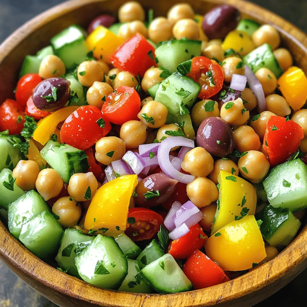Um diesen Salat zu machen, brauchst du die Hauptzutaten. Hier ist, was du benötigst: - 1 Dose (425 g) Kichererbsen, gut abgespült und abgetropft - 1 mittelgroße Gurke, gewürfelt - 1 Tasse Cherrytomaten, halbiert - 1/4 rote Zwiebel, fein gehackt - 1/2 Paprika (rot oder gelb), gewürfelt - 1 kleine Handvoll frische Petersilie, grob gehackt - 1/4 Tasse Kalamata-Oliven, entkernt und in Scheiben geschnitten Diese Zutaten geben dem Salat Frische und Farbe. Kichererbsen sind die Hauptzutat. Sie sind reich an Proteinen und Ballaststoffen. Die Gurke sorgt für einen knackigen Biss. Cherrytomaten bringen Süße mit. Rote Zwiebel gibt einen schönen Geschmack. Paprika fügt eine süße Note hinzu. Petersilie macht alles frisch. Kalamatak Oliven bieten einen salzigen Kontrast. Du kannst noch mehr Geschmack hinzufügen. Hier sind einige Ideen: - 3 Esslöffel Olivenöl - 2 Esslöffel Zitronensaft - 1 Teelöffel getrockneter Oregano - Salz und Pfeffer nach Geschmack Diese Zutaten helfen, den Salat zusammenzubringen. Olivenöl macht den Salat reichhaltig. Zitronensaft bringt Frische. Oregano gibt einen mediterranen Geschmack. Vergiss nicht, nach Geschmack zu würzen. So bekommst du den perfekten Salat. Jede Zutat hat ihre Vorteile. Hier sind einige wichtige Nährstoffe: - Kichererbsen: Hoch in Proteinen, gut für Muskeln. - Gurken: Reich an Wasser, gut für die Haut. - Cherrytomaten: Voll mit Antioxidantien, gut für das Herz. - Rote Zwiebeln: Enthalten Vitamine, gut für die Immunität. - Paprika: Hoch in Vitamin C, gut für die Gesundheit. - Petersilie: Gut für die Verdauung. - Olivenöl: Gesundes Fett, gut für das Herz. - Zitronensaft: Unterstützt die Verdauung. Diese Nährstoffe machen den Salat nicht nur lecker, sondern auch gesund. Der mediterrane Kichererbsensalat ist eine tolle Wahl für jeden Tag. Du kannst das vollständige Rezept im [Full Recipe] finden. Zuerst bereiten wir die Zutaten vor. Nehmen Sie eine große Schüssel. Geben Sie die Kichererbsen hinein. Spülen Sie die abgetropften Kichererbsen gut ab. Schneiden Sie die Gurke in kleine Würfel. Halbieren Sie die Cherrytomaten und fügen Sie sie zur Schüssel hinzu. Hacken Sie die rote Zwiebel fein und geben Sie sie dazu. Schneiden Sie die Paprika in Stücke und mischen Sie alles gut. Fügen Sie die gehackte Petersilie und die Kalamata-Oliven hinzu. Jetzt ist es Zeit, alles gut zu vermengen. Nehmen Sie einen großen Löffel. Rühren Sie die Mischung vorsichtig um. Achten Sie darauf, dass die Zutaten gleichmäßig verteilt sind. So bleibt jede Zutat gut sichtbar. Der Salat soll bunt und einladend aussehen. Lassen Sie die Mischung ein paar Minuten stehen, damit die Aromen sich verbinden. Nun stellen wir das Dressing her. Nehmen Sie eine kleine Schüssel. Geben Sie das Olivenöl und den Zitronensaft hinein. Fügen Sie den getrockneten Oregano, Salz und Pfeffer hinzu. Rühren Sie alles gut um, bis es eine homogene Marinade ergibt. Das Dressing ist jetzt bereit. Gießen Sie es gleichmäßig über die Kichererbsenmischung. Mischen Sie alles vorsichtig, damit jede Zutat gut überzogen ist. Lassen Sie den Salat etwa 15 Minuten stehen. So entfalten sich die Aromen besser. Genießen Sie den Salat frisch oder bei Zimmertemperatur. Sie können die Gewürze nach Ihrem Geschmack anpassen. Für das komplette Rezept schauen Sie sich den Full Recipe an. Um die perfekte Konsistenz zu erreichen, achte auf die Kichererbsen. Sie sollten gut abgetropft und nicht matschig sein. Verwende frische Zutaten, um einen knackigen Biss zu garantieren. Schneide die Gemüse gleichmäßig, damit alles gut vermischt wird. Lass den Salat nach dem Mischen kurz stehen. So können die Aromen besser ziehen. Beginne mit der Zubereitung der Kichererbsen. Spüle sie gut ab, um die Konservierungsstoffe zu entfernen. Würfle das Gemüse gleichmäßig und klein, damit jede Gabel voll Geschmack hat. Mische die Zutaten in einer großen Schüssel, um Platz zu haben. Achte darauf, das Dressing erst kurz vor dem Servieren hinzuzufügen, damit der Salat frisch bleibt. Ein häufiger Fehler ist, zu viel Dressing zu verwenden. Das kann den Salat matschig machen. Achte auch darauf, die Oliven nicht in zu große Stücke zu schneiden. Kleinere Stücke verteilen den Geschmack besser. Vermeide es, den Salat zu lange stehen zu lassen. Er schmeckt am besten frisch und knackig. Für mehr Details schau dir das Full Recipe an. {{image_4}} Der mediterrane Kichererbsensalat ist von Natur aus vegan. Du kannst ihn aber noch vielseitiger machen. Füge zum Beispiel Avocado hinzu. Sie sorgt für eine cremige Textur. Du kannst auch geröstete Nüsse oder Samen einstreuen. Diese geben einen tollen Crunch und gesunde Fette. Quinoa passt gut zu diesem Salat. Er bringt extra Proteine und Ballaststoffe mit. Koche einfach eine Tasse Quinoa und lasse sie abkühlen. Mische sie dann unter die Kichererbsen. Der Salat wird dadurch noch sättigender. Das macht ihn perfekt für eine Mahlzeit. Wenn du Allergien hast, kannst du Anpassungen vornehmen. Lass die Oliven weg, wenn du auf sie allergisch reagierst. Du kannst auch die Zwiebeln weglassen oder durch Frühlingszwiebeln ersetzen. Für glutenfreie Optionen ist dieser Salat schon ideal. Egal welche Veränderungen du machst, der Geschmack bleibt köstlich. Für das vollständige Rezept, schau dir den Full Recipe an. Lagere deinen mediterranen Kichererbsensalat in einem luftdichten Behälter. So bleibt er frisch und lecker. Stelle sicher, dass der Behälter gut verschlossen ist. Das schützt den Salat vor anderen Gerüchen im Kühlschrank. Der Salat hält sich gut für etwa drei bis fünf Tage. Nach dieser Zeit kann der Geschmack nachlassen. Achte auf die Zutaten. Wenn sie nicht mehr frisch aussehen, solltest du den Salat entsorgen. Meal Prep ist eine tolle Idee für stressfreie Tage. Bereite den Salat im Voraus zu und teile ihn in Portionen auf. Lagere jede Portion in einem eigenen Behälter. So hast du jederzeit eine gesunde Mahlzeit zur Hand. Du kannst auch das Dressing separat aufbewahren. So bleibt der Salat knackig und frisch. Für die vollständigen Schritte und Details, schau dir das Full Recipe an. Der Kichererbsensalat bleibt bis zu drei Tage frisch. Lagern Sie ihn in einem luftdichten Behälter. So bleiben die Aromen gut erhalten. Wenn die Zutaten frisch sind, schmeckt der Salat auch nach ein paar Tagen noch lecker. Ja, das Rezept lässt sich gut im Voraus zubereiten. Bereiten Sie den Salat bis zu einem Tag vorher zu. Lassen Sie das Dressing getrennt. Fügen Sie es kurz vor dem Servieren hinzu. So bleibt der Salat knackig und frisch. Sie können viele Zutaten hinzufügen, um den Geschmack zu verändern. Versuchen Sie Feta-Käse für mehr Cremigkeit. Oder fügen Sie Avocado für eine samtige Textur hinzu. Auch Kapern oder Artischocken sind gute Optionen. Experimentieren Sie nach Lust und Laune! Der mediterrane Kichererbsensalat ist einfach zu machen und sehr gesund. Wir haben die Haupt- und Zusatzzutaten sowie ihre Vorteile besprochen. Sie lernen auch, wie Sie perfekten Salat in nur wenigen Schritten zubereiten. Mit Tipps und Variationen können Sie das Rezept nach Ihren Wünschen anpassen. Denken Sie daran, die Lagerungshinweise zu beachten, damit der Salat frisch bleibt. Nutzen Sie die FAQs, um wichtige Fragen schnell zu klären. Genießen Sie diesen köstlichen und nahrhaften Salat!