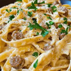 - 225 g Fettuccine-Nudeln - 450 g italienische Würste (mild oder scharf, Häute entfernt) - 240 ml Schlagsahne Die Hauptzutaten sind einfach und leicht zu finden. Fettuccine sind dicke, breite Nudeln. Sie nehmen die Soße gut auf und machen das Gericht cremig. Italienische Würste bringen viel Geschmack. Du kannst milde oder scharfe wählen, je nach Vorliebe. Die Schlagsahne sorgt für die cremige Soße, die das Gericht so lecker macht. - 4 Knoblauchzehen, fein gehackt - 100 g frisch geriebener Parmesan - ½ Teelöffel schwarzer Pfeffer - 1 Teelöffel italienische Gewürzmischung - Salz nach Geschmack - Frische Petersilie, gehackt (zum Garnieren) - Extra Parmesan zum Servieren Die Gewürze sind wichtig, um den Geschmack zu verbessern. Knoblauch bringt ein tolles Aroma. Parmesan macht die Soße noch reichhaltiger und würziger. Schwarzer Pfeffer und italienische Gewürzmischung geben einen guten Kick. Du kannst die Menge an Salz nach deinem Geschmack anpassen. Frische Petersilie sorgt für einen schönen Farbkontrast und frischen Geschmack. Für das komplette Rezept, schau dir die [Full Recipe] an. Um die Nudeln perfekt zu kochen, bringe einen großen Topf mit Wasser zum Kochen. Füge viel Salz hinzu, damit die Nudeln Geschmack bekommen. Gib die Fettuccine in das kochende Wasser und koche sie laut Packungsanweisung al dente. Das bedeutet, die Nudeln sollen weich, aber noch bissfest sein. Nach dem Kochen gieße die Nudeln ab, aber hebe 60 ml des Nudelwassers auf. Dieses Wasser hilft, die Soße später zu binden. Die Hitze ist beim Anbraten der Würste sehr wichtig. Erhitze in einer großen Pfanne 2 Esslöffel Olivenöl bei mittlerer Hitze. Wenn das Öl heiß ist, nimm die italienischen Würste ohne Häute und brösele sie in die Pfanne. Rühre die Würste gut um und brate sie 5-7 Minuten. So bekommen sie eine schöne goldbraune Farbe. Das Braten gibt den Würsten einen tollen Geschmack. Jetzt kommt der spannende Teil: die Soße! Reduziere die Hitze auf mittel-niedrig. Gib die Schlagsahne in die Pfanne und lasse sie sanft simmern. Rühre nach und nach den frisch geriebenen Parmesan ein, bis er komplett geschmolzen ist. Die Soße sollte glatt und cremig werden. Wenn die Soße zu dick ist, füge langsam das aufbewahrte Nudelwasser hinzu, bis sie die richtige Konsistenz hat. Zum Schluss würze die Soße mit schwarzem Pfeffer, italienischer Gewürzmischung und Salz nach Geschmack. Magst du es würziger? Dann füge einfach mehr Gewürze hinzu, um die Soße nach Belieben zu verändern. Um die Soße dicker zu machen, koche sie einfach länger. Sie reduziert sich und wird cremiger. Um die Soße dünner zu machen, füge nach und nach das aufbewahrte Nudelwasser hinzu. Dieses Wasser enthält Stärke und hilft, die Soße zu binden. Halte die Soße warm, während du die Pasta kochst. Das gibt dir die beste Kontrolle über die Konsistenz. Für mehr Geschmack kannst du frische Kräuter hinzufügen. Basilikum oder Oregano passen gut. Auch rote Paprikaflocken bringen einen kleinen Kick in die Soße. Wenn du es würziger magst, probiere etwas Cayennepfeffer oder geräucherte Paprika aus. Diese Gewürze heben den Geschmack und machen das Gericht interessanter. Ein frischer Salat ist eine tolle Beilage zu dieser Pasta. Ein einfacher grüner Salat mit Vinaigrette ergänzt die Cremigkeit. Auch knuspriges Brot ist perfekt, um die Soße aufzutunken. Zum Anrichten kannst du die Pasta in tiefen Tellern servieren. Streue frisch gehackte Petersilie und extra Parmesan darüber. So sieht das Gericht ansprechend aus und macht Lust auf mehr. {{image_4}} Um Sausage Alfredo Pasta ohne Wurst zuzubereiten, kannst du einfach die Würste weglassen. Stattdessen nehme frisches Gemüse. Brokkoli, Zucchini und Paprika passen gut dazu. Brate das Gemüse in Olivenöl an, bis es weich ist. Füge dann den Knoblauch hinzu und koche alles zusammen. Die restlichen Schritte bleiben gleich. So hast du eine leckere, fleischfreie Variante. Du kannst auch andere Proteine hinzufügen. Probiere Hähnchen oder Garnelen. Diese Zutaten bringen neuen Geschmack. Wenn du Gemüse magst, füge Spinat oder Erbsen hinzu. Sie bringen Farbe und Nährstoffe. Du kannst die Menge der Zutaten nach deinem Geschmack anpassen. So wird dein Gericht einzigartig und lecker. Fettuccine ist großartig, aber auch andere Nudelsorten gehen gut. Probiere Penne oder Rigatoni. Diese Formen halten die Soße gut. Du kannst auch Gluten-freie Nudeln verwenden, wenn du das möchtest. Achte darauf, die Kochzeit anzupassen. So bleibt deine Pasta perfekt al dente. Egal welche Nudeln du wählst, die Kombination bleibt köstlich. Um die Reste von Sausage Alfredo Pasta gut aufzubewahren, verwenden Sie einen luftdichten Behälter. Lassen Sie die Pasta zuerst auf Raumtemperatur abkühlen. Geben Sie dann die Reste in den Behälter. Stellen Sie sicher, dass die Reste nicht zu lange bei Raumtemperatur stehen. So bleiben sie frisch und lecker. Wenn Sie die Pasta länger aufbewahren möchten, können Sie sie einfrieren. Teilen Sie die Reste in Portionen auf. Wickeln Sie jede Portion in Frischhaltefolie. Legen Sie die Portionen in einen Gefrierbeutel. Vergessen Sie nicht, das Datum auf den Beutel zu schreiben. Zum Auftauen legen Sie die gefrorenen Portionen über Nacht in den Kühlschrank. Die Reste bleiben im Kühlschrank etwa drei bis fünf Tage frisch. Wenn Sie die Reste einfrieren, können sie bis zu drei Monate haltbar sein. Achten Sie darauf, die Pasta gut zu verpacken, damit keine Gefrierbrand entsteht. So schmeckt Ihre Sausage Alfredo Pasta auch nach längerem Lagern noch gut. Die Zubereitung von Sausage Alfredo Pasta dauert etwa 30 Minuten. Die Vorbereitungszeit beträgt etwa 10 Minuten. Die Kochzeit für die Fettuccine und die Würste ist einfach und schnell. Ihr könnt die Nudeln nach Packungsanweisung kochen, was in der Regel nicht länger als 10 Minuten braucht. Während die Nudeln kochen, könnt ihr die Würste anbraten und die Soße zubereiten. So wird alles rechtzeitig fertig. Ja, ihr könnt die Würste leicht ersetzen. Eine gute Option sind Hähnchenbrust oder Putenbrust. Diese Proteine passen gut zur Soße und machen das Gericht magerer. Für eine vegetarische Version könnt ihr Pilze oder Tofu verwenden. Auch Gemüse wie Zucchini oder Paprika passen gut und bringen frische Aromen. Seid kreativ und passt die Würste an euren Geschmack an! Sausage Alfredo Pasta hat einige gesunde Aspekte, aber auch einige, die man beachten sollte. Die Fettuccine liefern Kohlenhydrate für Energie. Die italienischen Würste sind eine gute Proteinquelle, enthalten jedoch oft viel Fett. Die Soße aus Schlagsahne und Parmesan ist reichhaltig, was den Kaloriengehalt erhöht. Wenn ihr die Soße leichter machen möchtet, könnt ihr fettarme Sahne verwenden. Denkt daran, die Portionen im Auge zu behalten. Zu Sausage Alfredo Pasta passen viele Beilagen gut. Ein einfacher gemischter Salat bringt Frische und eine knusprige Textur. Knoblauchbrot ergänzt das Gericht perfekt und sorgt für zusätzliche Geschmacksschichten. Auch gedünstetes Gemüse wie Brokkoli oder grüne Bohnen harmoniert gut. Sie fügen Farbe und Nährstoffe hinzu. Diese Beilagen machen das Essen ausgewogen und lecker. Sausage Alfredo Pasta ist einfach und lecker. Wir haben die wichtigsten Zutaten und Schritte besprochen. Die Fettuccine, die Würste und die cremige Soße machen das Gericht besonders. Nutzen Sie Tipps, um Geschmack und Konsistenz zu verbessern. Variationen wie vegetarische Optionen sind möglich. Denken Sie auch an die richtige Lagerung der Reste. Dieses einfache Gericht ist perfekt für jeden Abend. Probleme mit der Zubereitung? Schauen Sie sich die FAQs an. Guten Appetit!