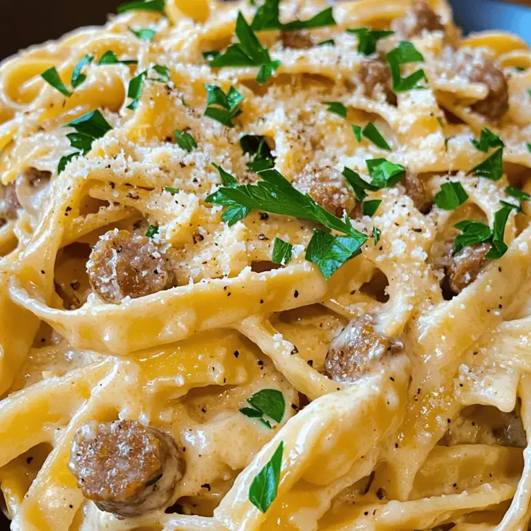 - 225 g Fettuccine-Nudeln - 450 g italienische Würste (mild oder scharf, Häute entfernt) - 240 ml Schlagsahne Die Hauptzutaten sind einfach und leicht zu finden. Fettuccine sind dicke, breite Nudeln. Sie nehmen die Soße gut auf und machen das Gericht cremig. Italienische Würste bringen viel Geschmack. Du kannst milde oder scharfe wählen, je nach Vorliebe. Die Schlagsahne sorgt für die cremige Soße, die das Gericht so lecker macht. - 4 Knoblauchzehen, fein gehackt - 100 g frisch geriebener Parmesan - ½ Teelöffel schwarzer Pfeffer - 1 Teelöffel italienische Gewürzmischung - Salz nach Geschmack - Frische Petersilie, gehackt (zum Garnieren) - Extra Parmesan zum Servieren Die Gewürze sind wichtig, um den Geschmack zu verbessern. Knoblauch bringt ein tolles Aroma. Parmesan macht die Soße noch reichhaltiger und würziger. Schwarzer Pfeffer und italienische Gewürzmischung geben einen guten Kick. Du kannst die Menge an Salz nach deinem Geschmack anpassen. Frische Petersilie sorgt für einen schönen Farbkontrast und frischen Geschmack. Für das komplette Rezept, schau dir die [Full Recipe] an. Um die Nudeln perfekt zu kochen, bringe einen großen Topf mit Wasser zum Kochen. Füge viel Salz hinzu, damit die Nudeln Geschmack bekommen. Gib die Fettuccine in das kochende Wasser und koche sie laut Packungsanweisung al dente. Das bedeutet, die Nudeln sollen weich, aber noch bissfest sein. Nach dem Kochen gieße die Nudeln ab, aber hebe 60 ml des Nudelwassers auf. Dieses Wasser hilft, die Soße später zu binden. Die Hitze ist beim Anbraten der Würste sehr wichtig. Erhitze in einer großen Pfanne 2 Esslöffel Olivenöl bei mittlerer Hitze. Wenn das Öl heiß ist, nimm die italienischen Würste ohne Häute und brösele sie in die Pfanne. Rühre die Würste gut um und brate sie 5-7 Minuten. So bekommen sie eine schöne goldbraune Farbe. Das Braten gibt den Würsten einen tollen Geschmack. Jetzt kommt der spannende Teil: die Soße! Reduziere die Hitze auf mittel-niedrig. Gib die Schlagsahne in die Pfanne und lasse sie sanft simmern. Rühre nach und nach den frisch geriebenen Parmesan ein, bis er komplett geschmolzen ist. Die Soße sollte glatt und cremig werden. Wenn die Soße zu dick ist, füge langsam das aufbewahrte Nudelwasser hinzu, bis sie die richtige Konsistenz hat. Zum Schluss würze die Soße mit schwarzem Pfeffer, italienischer Gewürzmischung und Salz nach Geschmack. Magst du es würziger? Dann füge einfach mehr Gewürze hinzu, um die Soße nach Belieben zu verändern. Um die Soße dicker zu machen, koche sie einfach länger. Sie reduziert sich und wird cremiger. Um die Soße dünner zu machen, füge nach und nach das aufbewahrte Nudelwasser hinzu. Dieses Wasser enthält Stärke und hilft, die Soße zu binden. Halte die Soße warm, während du die Pasta kochst. Das gibt dir die beste Kontrolle über die Konsistenz. Für mehr Geschmack kannst du frische Kräuter hinzufügen. Basilikum oder Oregano passen gut. Auch rote Paprikaflocken bringen einen kleinen Kick in die Soße. Wenn du es würziger magst, probiere etwas Cayennepfeffer oder geräucherte Paprika aus. Diese Gewürze heben den Geschmack und machen das Gericht interessanter. Ein frischer Salat ist eine tolle Beilage zu dieser Pasta. Ein einfacher grüner Salat mit Vinaigrette ergänzt die Cremigkeit. Auch knuspriges Brot ist perfekt, um die Soße aufzutunken. Zum Anrichten kannst du die Pasta in tiefen Tellern servieren. Streue frisch gehackte Petersilie und extra Parmesan darüber. So sieht das Gericht ansprechend aus und macht Lust auf mehr. {{image_4}} Um Sausage Alfredo Pasta ohne Wurst zuzubereiten, kannst du einfach die Würste weglassen. Stattdessen nehme frisches Gemüse. Brokkoli, Zucchini und Paprika passen gut dazu. Brate das Gemüse in Olivenöl an, bis es weich ist. Füge dann den Knoblauch hinzu und koche alles zusammen. Die restlichen Schritte bleiben gleich. So hast du eine leckere, fleischfreie Variante. Du kannst auch andere Proteine hinzufügen. Probiere Hähnchen oder Garnelen. Diese Zutaten bringen neuen Geschmack. Wenn du Gemüse magst, füge Spinat oder Erbsen hinzu. Sie bringen Farbe und Nährstoffe. Du kannst die Menge der Zutaten nach deinem Geschmack anpassen. So wird dein Gericht einzigartig und lecker. Fettuccine ist großartig, aber auch andere Nudelsorten gehen gut. Probiere Penne oder Rigatoni. Diese Formen halten die Soße gut. Du kannst auch Gluten-freie Nudeln verwenden, wenn du das möchtest. Achte darauf, die Kochzeit anzupassen. So bleibt deine Pasta perfekt al dente. Egal welche Nudeln du wählst, die Kombination bleibt köstlich. Um die Reste von Sausage Alfredo Pasta gut aufzubewahren, verwenden Sie einen luftdichten Behälter. Lassen Sie die Pasta zuerst auf Raumtemperatur abkühlen. Geben Sie dann die Reste in den Behälter. Stellen Sie sicher, dass die Reste nicht zu lange bei Raumtemperatur stehen. So bleiben sie frisch und lecker. Wenn Sie die Pasta länger aufbewahren möchten, können Sie sie einfrieren. Teilen Sie die Reste in Portionen auf. Wickeln Sie jede Portion in Frischhaltefolie. Legen Sie die Portionen in einen Gefrierbeutel. Vergessen Sie nicht, das Datum auf den Beutel zu schreiben. Zum Auftauen legen Sie die gefrorenen Portionen über Nacht in den Kühlschrank. Die Reste bleiben im Kühlschrank etwa drei bis fünf Tage frisch. Wenn Sie die Reste einfrieren, können sie bis zu drei Monate haltbar sein. Achten Sie darauf, die Pasta gut zu verpacken, damit keine Gefrierbrand entsteht. So schmeckt Ihre Sausage Alfredo Pasta auch nach längerem Lagern noch gut. Die Zubereitung von Sausage Alfredo Pasta dauert etwa 30 Minuten. Die Vorbereitungszeit beträgt etwa 10 Minuten. Die Kochzeit für die Fettuccine und die Würste ist einfach und schnell. Ihr könnt die Nudeln nach Packungsanweisung kochen, was in der Regel nicht länger als 10 Minuten braucht. Während die Nudeln kochen, könnt ihr die Würste anbraten und die Soße zubereiten. So wird alles rechtzeitig fertig. Ja, ihr könnt die Würste leicht ersetzen. Eine gute Option sind Hähnchenbrust oder Putenbrust. Diese Proteine passen gut zur Soße und machen das Gericht magerer. Für eine vegetarische Version könnt ihr Pilze oder Tofu verwenden. Auch Gemüse wie Zucchini oder Paprika passen gut und bringen frische Aromen. Seid kreativ und passt die Würste an euren Geschmack an! Sausage Alfredo Pasta hat einige gesunde Aspekte, aber auch einige, die man beachten sollte. Die Fettuccine liefern Kohlenhydrate für Energie. Die italienischen Würste sind eine gute Proteinquelle, enthalten jedoch oft viel Fett. Die Soße aus Schlagsahne und Parmesan ist reichhaltig, was den Kaloriengehalt erhöht. Wenn ihr die Soße leichter machen möchtet, könnt ihr fettarme Sahne verwenden. Denkt daran, die Portionen im Auge zu behalten. Zu Sausage Alfredo Pasta passen viele Beilagen gut. Ein einfacher gemischter Salat bringt Frische und eine knusprige Textur. Knoblauchbrot ergänzt das Gericht perfekt und sorgt für zusätzliche Geschmacksschichten. Auch gedünstetes Gemüse wie Brokkoli oder grüne Bohnen harmoniert gut. Sie fügen Farbe und Nährstoffe hinzu. Diese Beilagen machen das Essen ausgewogen und lecker. Sausage Alfredo Pasta ist einfach und lecker. Wir haben die wichtigsten Zutaten und Schritte besprochen. Die Fettuccine, die Würste und die cremige Soße machen das Gericht besonders. Nutzen Sie Tipps, um Geschmack und Konsistenz zu verbessern. Variationen wie vegetarische Optionen sind möglich. Denken Sie auch an die richtige Lagerung der Reste. Dieses einfache Gericht ist perfekt für jeden Abend. Probleme mit der Zubereitung? Schauen Sie sich die FAQs an. Guten Appetit!