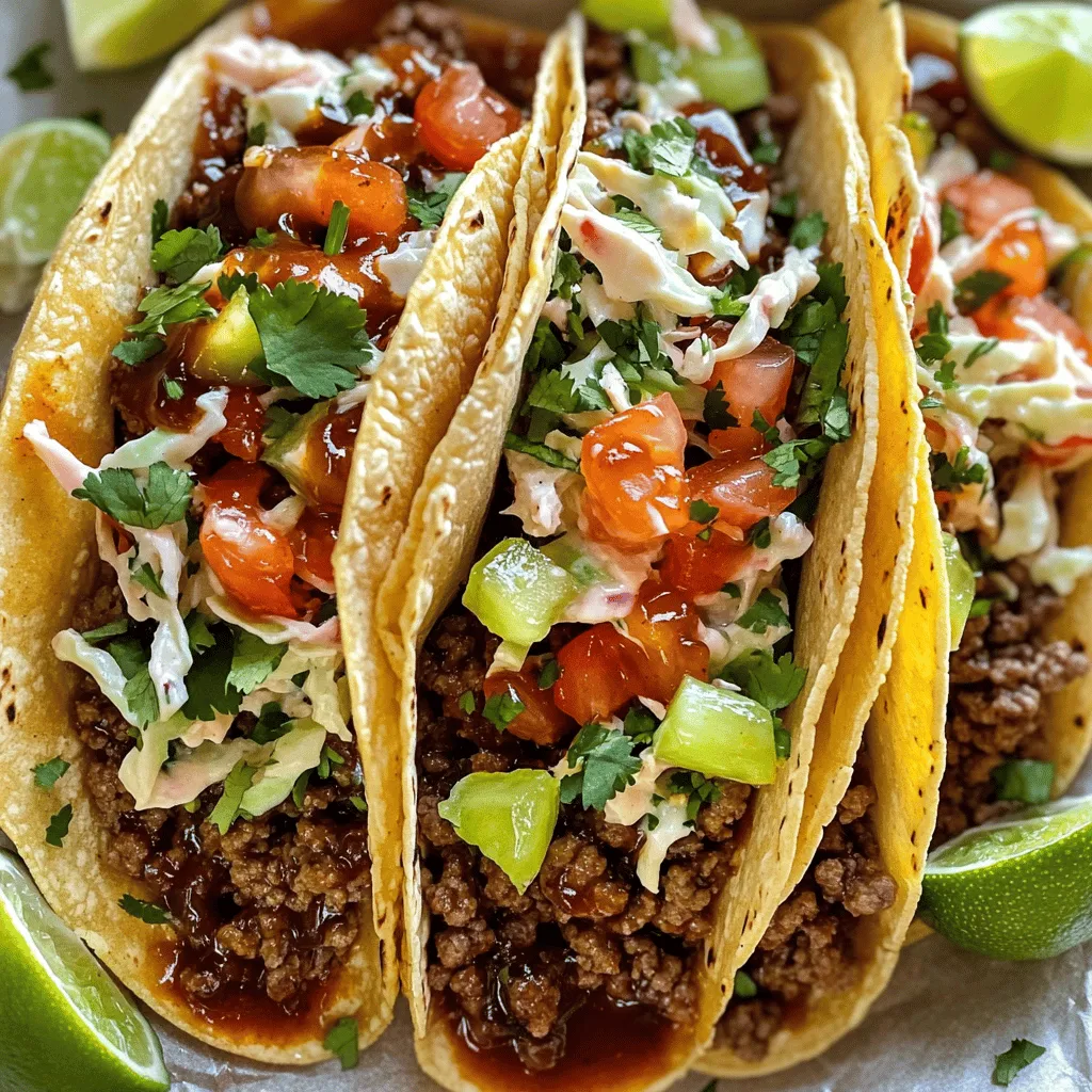 - 450 g Rinderhackfleisch oder Hähnchen - 4 Knoblauchzehen, fein gehackt - 60 g Butter - 60 g Honig - 60 g BBQ-Sauce - 1 Teelöffel geräuchertes Paprikapulver - 1 Teelöffel Zwiebelpulver - Salz und Pfeffer nach Geschmack - 8 kleine Tortillas aus Mais oder Mehl Die Hauptzutaten sind einfach zu finden und sehr lecker. Rinderhackfleisch oder Hähnchen gibt den Tacos einen herzhaften Geschmack. Ich benutze frischen Knoblauch, Butter und Honig für eine großartige Mischung. Die BBQ-Sauce bringt die süße und rauchige Note. Gewürze wie Paprikapulver und Zwiebelpulver verleihen dem Fleisch das gewisse Etwas. - 250 g frischer Coleslaw-Mix - 120 g gewürfelte Tomaten - 60 g frisch gehackter Koriander - Limettenviertel zum Servieren Der Belag macht die Tacos noch besser. Coleslaw bringt eine knackige Frische mit. Gewürfelte Tomaten geben Farbe und Geschmack. Frischer Koriander sorgt für einen tollen Duft. Die Limettenviertel bringen einen spritzigen Kick. So servierst du die Tacos gut und ansprechend. Wenn du mehr Ideen für Beilagen möchtest, schau dir das Full Recipe an. Zuerst erhitze eine große Pfanne bei mittlerer Hitze. Füge einen Esslöffel Olivenöl hinzu und lass es heiß werden. Dann gib das Hackfleisch oder Hähnchen in die Pfanne. Brate das Fleisch an, bis es gar ist. Dies dauert etwa 7 bis 10 Minuten. Während das Fleisch kocht, hacke 4 Knoblauchzehen fein. Nach ein paar Minuten brate den Knoblauch in der Pfanne mit dem Fleisch an. So entfaltet der Knoblauch sein Aroma. In einem kleinen Topf vermenge 60 g Butter, 60 g Honig und 60 g BBQ-Sauce. Erhitze die Mischung bei niedriger Temperatur. Rühre, bis alles geschmolzen ist. Wenn das Fleisch fertig ist, gieße die Sauce über das angebratene Fleisch. Mische alles gut, sodass das Fleisch die Sauce aufnimmt. Erwärme die Tortillas in einer anderen Pfanne oder über einer Gasflamme. Das dauert nur etwa 30 Sekunden pro Seite. Wenn sie weich sind, baue die Tacos auf. Lege eine großzügige Menge der Fleischmischung auf jede Tortilla. Füge frischen Coleslaw, gewürfelte Tomaten und Koriander hinzu. Pressen Sie ein Limettenviertel über jeden Taco für einen frischen Geschmack. Die Tacos sind nun bereit zum Servieren. Dos and Don'ts beim Anbraten des Fleisches Beim Anbraten des Fleisches ist es wichtig, die Hitze gut zu regulieren. Heiß genug, um das Fleisch anzubraten. Zu hohe Hitze kann es jedoch verbrennen. Rühre das Fleisch oft um. So bleibt es saftig und gleichmäßig gebräunt. Vermeide es, das Fleisch zu früh zu bewegen. Lass es zuerst gut anbraten, bevor du es wendest. Warum frischer Koriander wichtig ist Frischer Koriander gibt deinen Tacos einen tollen Geschmack. Er bringt Frische und eine leichte Würze. Wenn du ihn weglässt, fehlt ein wichtiger Teil des Geschmacks. Frischer Koriander ist auch eine tolle Farbe und macht die Tacos schön anzusehen. Anpassung der Schärfe mit Saucen Möchtest du es schärfer? Füge scharfe Soßen wie Sriracha oder Jalapeño hinzu. Du kannst auch milde Salsa verwenden, wenn du es lieber sanfter magst. Die richtige Schärfe macht deine Tacos einzigartig. Verwendung von verschiedenen Fleischalternativen Wenn du kein Rind oder Hähnchen magst, probiere Tofu oder pflanzliches Hackfleisch. Diese Alternativen sind lecker und gesund. Sie passen gut zu der Knoblauchbutter-Honig-Sauce. Experimentiere mit verschiedenen Fleischsorten und finde deinen Favoriten. Für das vollständige Rezept schaue dir die [Full Recipe] an. {{image_4}} Du kannst die Knoblauch Butter Honig BBQ Tacos ganz einfach anpassen. Ersetze das Rinderhackfleisch oder Hähnchen durch pflanzliches Hack oder Tofu. Diese Optionen sind lecker und gesund. - Pflanzliches Hack: Es gibt viele Marken, die pflanzliches Hack anbieten. Diese sind oft proteinreich und gut gewürzt. - Tofu: Tofu ist eine tolle Wahl. Mariniere ihn vorher in Sojasauce und Gewürzen. Brate ihn dann knusprig an. Für eine zusätzliche Geschmacksschicht füge gegrilltes oder Lagergemüse hinzu. Paprika, Zucchini und Mais sind großartige Optionen. Diese bringen Farbe und Geschmack in deine Tacos. Die Würze kann den Unterschied machen! Du kannst verschiedene Gewürze verwenden, um den Geschmack zu variieren. - Kreuzkümmel: Ein wenig Kreuzkümmel gibt den Tacos eine warme Note. - Chilipulver: Für mehr Schärfe kannst du Chilipulver hinzufügen. Eine andere Möglichkeit sind verschiedene Saucen. Teriyaki- oder Sweet-Chili-Sauce sind gute Alternativen. Diese Saucen bringen Süße und einen interessanten Twist in die Tacos. Experimentiere mit den Aromen und finde deine Lieblingskombination! Wenn du übrig gebliebene Tacos hast, lagere sie in einem luftdichten Behälter. Du kannst sie bis zu drei Tage im Kühlschrank aufbewahren. Achte darauf, die Tacos nicht zu stapeln, damit sie nicht matschig werden. Die Zutaten wie Coleslaw oder Tomaten sollten separat aufbewahrt werden, um frisch zu bleiben. Die Haltbarkeit der einzelnen Zutaten variiert: - Rinderhackfleisch oder Hähnchen: 3-4 Tage im Kühlschrank. - Coleslaw: 2-3 Tage frisch. - Tortillas: 1 Woche, wenn sie gut verpackt sind. Möchtest du die Tacos länger aufbewahren? Du kannst die Füllung und die Tortillas einfrieren. Teile die Füllung in Portionen auf und lege sie in gefriergeeignete Beutel. Drücke die Luft heraus und beschrifte die Beutel mit dem Datum. Die Füllung hält sich bis zu drei Monate im Gefrierfach. Die Tortillas kannst du im Gefrierbeutel oder in Alufolie einwickeln. Wenn du sie wieder auftauen möchtest, lege sie einfach in den Kühlschrank über Nacht. Die gefrorene Füllung ist auch ideal für andere Gerichte. Du kannst sie in Burritos oder auf Nachos verwenden. Experimentiere ruhig und finde neue Kombinationen! Um diese Tacos glutenfrei zu machen, benutze einfach glutenfreie Tortillas. Viele Marken bieten leckere Alternativen. Du kannst sowohl Mais- als auch Reis-Tortillas verwenden. Achte darauf, die Zutatenliste zu überprüfen, um sicherzustellen, dass keine glutenhaltigen Produkte enthalten sind. So kannst du alle Aromen genießen, ohne auf Gluten zu achten. Ja, du kannst Hühnchen statt Rinderhackfleisch verwenden. Hähnchenbrust oder -schenkel funktionieren gut. Achte darauf, das Fleisch gut zu würzen. Du kannst die gleichen Gewürze verwenden, die im Rezept stehen. Das Ergebnis wird ebenso köstlich sein und dir eine neue Geschmacksrichtung bieten. Die Knoblauchbutter-Honig-Sauce hält sich gut im Kühlschrank. Sie bleibt etwa eine Woche frisch. Lagere sie in einem luftdichten Behälter. Wenn du die Sauce länger aufbewahren möchtest, kannst du sie auch einfrieren. So hast du immer eine Portion zur Hand, wenn du Lust auf Tacos hast. In vielen Städten findest du Restaurants und Foodtrucks, die diese Tacos anbieten. Schau in deiner Nähe nach lokalen Anbietern auf Plattformen wie Yelp oder Google Maps. Einige beliebte Ketten bieten ähnliche Tacos an. Du kannst auch nach speziellen Foodfestivals Ausschau halten, wo oft kreative Tacos zu finden sind. Ja, viele Beilagen ergänzen Tacos perfekt. Coleslaw bringt eine knackige Textur. Guacamole und Salsa sind ebenfalls tolle Optionen. Du kannst auch gebratene Bohnen oder Reis als Beilage anbieten. Diese Snacks machen dein Taco-Essen noch besser und sorgen für Vielfalt auf dem Tisch. Für das vollständige Rezept, schau hier: [Knoblauchbutter-Honig BBQ-Tacos 🧄](Full Recipe). Diese Anleitung zeigt, wie du köstliche Tacos zubereitest. Du hast gelernt, welche Zutaten wichtig sind und wie man sie zubereitet. Denke daran, die Aromen anzupassen und frische Zutaten zu nutzen. Auch Variationen wie vegane Optionen sind möglich. Mit den Tipps zur Aufbewahrung bleibst du flexibel. Probiere verschiedene Kombinationen aus. So findest du deine Lieblings-Taco-Variante. Lass deinen Ideen freien Lauf und genieße deine Tacos!
