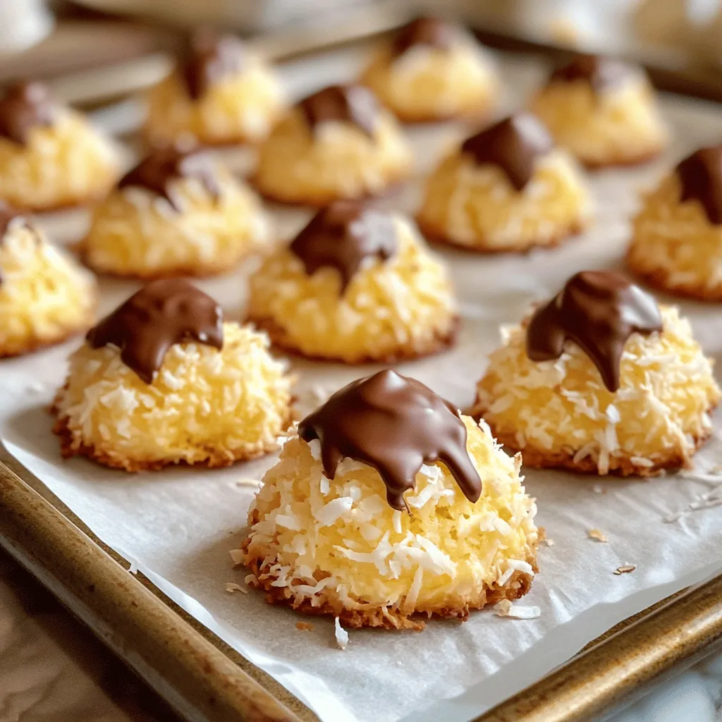 Die Zutaten für Kokosmakronen sind einfach zu finden und machen das Rezept schnell. Hier ist die Liste: - 2 ¾ Tassen gezuckerte Kokosraspeln - 1 Tasse gezückerte Kondensmilch - 1 Teelöffel Vanilleextrakt - ¼ Teelöffel Mandelextrakt - 2 große Eiweiß - ¼ Teelöffel Salz - ½ Tasse halbsüße Schokoladenstückchen (optional) Frische Zutaten sind der Schlüssel zu köstlichen Kokosmakronen. Verwende frische Kokosraspeln, wenn möglich. Sie bringen mehr Geschmack und Textur. Wenn du es süßer magst, kannst du alternative Süßungsmittel ausprobieren. Honig oder Agavendicksaft sind gute Optionen. Sie verändern den Geschmack leicht, geben aber auch eine schöne Süße. Diese Zutaten helfen dir, die perfekte Mischung zu finden. Mit frischen Zutaten und der richtigen Süße, werden deine Kokosmakronen noch besser. Für das vollständige Rezept, schau dir die Anleitung an. Heize deinen Ofen auf 160°C (325°F) vor. Lege ein Backblech mit Backpapier aus. So bleibt alles schön kleben und sauber. Gib die Zutaten in eine große Schüssel: - 2 ¾ Tassen gezuckerte Kokosraspeln - 1 Tasse gezuckerte Kondensmilch - 1 Teelöffel Vanilleextrakt - ¼ Teelöffel Mandelextrakt Rühre alles gut um. Achte darauf, dass alle Zutaten gleichmäßig verteilt sind. Das sorgt für den besten Geschmack. Nimm eine separate Schüssel und schlage die Eiweiße mit ¼ Teelöffel Salz. Schlage, bis sich weiche Spitzen bilden. Diese Luftigkeit macht die Makronen leicht und fluffig. Jetzt kommt der spannende Teil. Hebe die geschlagenen Eiweiße vorsichtig unter die Kokosmischung. Mische nur so viel, dass alles verbunden ist. Sei sanft, damit die Luftigkeit erhalten bleibt. Setze mit einem Esslöffel kleine Häufchen auf das Backblech. Lass genug Platz zwischen den Portionen. Backe die Makronen für 15 bis 20 Minuten. Achte darauf, dass sie goldbraun werden. Für die Schokoladenvariante lasse die Makronen ganz abkühlen. Schmelze die Schokoladenstückchen und tauche die Unterseiten der Makronen hinein. Lege sie zum Festwerden auf ein Gitter. Jetzt kannst du deine köstlichen Kokosmakronen genießen! Sie sind einfach perfekt für jeden Anlass. Ein häufiger Fehler beim Backen von Kokosmakronen ist zu viel Mischen. Wenn du die Zutaten zu lange rührst, werden die Makronen nicht luftig. Du willst, dass die Eiweiße ihre Luftigkeit behalten. Mische einfach so lange, bis alles gut verteilt ist. Ein weiterer Fehler ist die falsche Temperatur oder Backzeit. Stelle sicher, dass dein Ofen wirklich auf 160°C ist. Die Makronen brauchen etwa 15 bis 20 Minuten. Wenn du sie zu lange backst, werden sie trocken. Behalte sie im Auge und hole sie heraus, wenn die Ränder goldbraun sind. Die Lagerung ist wichtig, um die Frische deiner Kokosmakronen zu bewahren. Bewahre sie in luftdichten Behältern auf. So bleiben sie weich und lecker. Die Haltbarkeit der Makronen beträgt etwa eine Woche bei Raumtemperatur. Wenn du sie länger aufbewahren möchtest, friere sie ein. So bleiben sie mehrere Monate frisch. Die Präsentation macht deine Kokosmakronen noch schöner. Serviere sie auf einem netten Teller. Du kannst auch Ananas- oder Kokosnussdekor verwenden, um das tropische Thema zu betonen. Eine weitere schöne Idee ist es, die Makronen auf einem bunten Tuch oder mit frischen Früchten zu dekorieren. So wird jedes Dessert zu einem echten Hingucker. {{image_4}} Schokoladenmakronen sind eine köstliche Abwandlung. Sie bieten eine süße und schokoladige Note. Für den Schokoladendip kannst du verschiedene Optionen nutzen. Dunkle Schokolade ist reichhaltig und intensiv. Milchschokolade ist süßer und cremiger. Weiße Schokolade hat einen milden Geschmack. Du kannst deine Lieblingssorte wählen. Um die Makronen in Schokolade zu dippen, lasse sie zuerst abkühlen. Schmelze dann die Schokolade in der Mikrowelle oder im Wasserbad. Tauche die Unterseiten der Makronen in die geschmolzene Schokolade. Lege sie danach auf ein Kuchengitter, damit die Schokolade fest wird. Für Leute mit Allergien sind glutenfreie Makronen eine gute Wahl. Du kannst die Zutaten leicht austauschen. Statt gezuckerter Kondensmilch kannst du Kokosmilch verwenden. Diese Option macht die Makronen ebenfalls lecker und cremig. Ein weiteres gutes Austauschprodukt ist Mandelmilch oder Hafermilch. Diese sind ebenfalls glutenfrei. Achte darauf, dass alle Zutaten, die du verwendest, glutenfrei sind. Füge fruchtige Zusätze zu deinen Kokosmakronen hinzu. Ananas oder Mango bringen einen tropischen Geschmack. Diese Früchte passen gut zu Kokos. Schneide sie klein und mische sie in den Teig. Gewürze können ebenfalls für zusätzlichen Geschmack sorgen. Eine Prise Zimt oder Muskatnuss macht die Makronen besonders. Probiere verschiedene Gewürze aus, um deine eigene Version zu kreieren. Für die vollständige Anleitung, siehe das Full Recipe. Die richtige Lagerung ist wichtig, um die Frische der Kokosmakronen zu erhalten. Du solltest sie in einem luftdichten Behälter aufbewahren. Achte darauf, dass der Behälter bei Raumtemperatur steht. Zu hohe Temperaturen machen die Makronen weich. Ein kühler, trockener Ort ist ideal. Vermeide auch Feuchtigkeit, denn diese kann die Konsistenz beeinträchtigen. Wenn die Makronen feucht werden, verlieren sie ihren knusprigen Biss. Du kannst Kokosmakronen auch einfrieren. Das ist eine tolle Möglichkeit, sie länger frisch zu halten. Lege die Makronen auf ein Backblech und friere sie für etwa zwei Stunden ein. Danach kannst du sie in einen Gefrierbeutel legen. Achte darauf, die Luft herauszudrücken, bevor du den Beutel schließt. Zum Auftauen nimmst du sie einfach aus dem Gefrierfach und lässt sie bei Raumtemperatur stehen. So bleiben sie frisch und lecker. Kokosmakronen sind am besten frisch, aber sie halten sich auch einige Tage. Bei richtiger Lagerung sind sie bis zu einer Woche genießbar. Achte darauf, sie regelmäßig zu überprüfen. Wenn sie weich oder schimmelig aussehen, solltest du sie nicht mehr essen. Der Geruch kann ebenfalls verraten, ob sie noch gut sind. Frische Makronen riechen angenehm nach Kokos. Für eine ei-freie Version verwende Apfelmus oder Bananenpüree. Diese Alternativen halten die Mischung zusammen. Du kannst auch Leinsamen verwenden. Mische einen Esslöffel Leinsamen mit drei Esslöffeln Wasser. Lass die Mischung fünf Minuten ruhen, bis sie dick wird. Das ergibt eine gute Bindung. Ja, frische Kokosnüsse sind eine tolle Wahl! Zuerst musst du die Nuss öffnen. Entferne das Wasser und schäle das Fruchtfleisch. Reibe das Fruchtfleisch fein. Verwende etwa zwei Tassen frische Kokosraspeln. Beachte, dass frische Kokosnüsse mehr Feuchtigkeit haben. Du musst die Kondensmilch eventuell etwas reduzieren. Ein Grund dafür kann zu viel Feuchtigkeit sein. Achte darauf, dass die Kokosraspeln gut abgemessen sind. Wenn du frische Kokosnüsse verwendest, sei vorsichtig mit der zusätzlichen Feuchtigkeit. Auch zu wenig geschlagenes Eiweiß kann die Struktur beeinflussen. Schlage die Eiweiße bis zu weichen Spitzen. Kokosmakronen schmecken herrlich mit frischem Obst. Ananas oder Mango sind tolle Begleiter. Auch ein Klecks Sahne oder Joghurt passt gut. Du kannst die Makronen auch mit Schokolade dippen. Das gibt einen tollen Geschmackskontrast. Kokosmakronen haben eine lange Geschichte. Ursprünglich stammen sie aus Europa. Sie sind besonders in der Schweiz und in Deutschland beliebt. Die Kombination aus Kokos und Zucker macht sie besonders lecker. Heute sind sie in vielen Ländern bekannt und beliebt. Dekoriere deine Makronen mit geschmolzener Schokolade. Tauche die Unterseite in die Schokolade. Du kannst auch gehackte Nüsse oder bunte Streusel verwenden. Für einen tropischen Look, füge kleine Ananasstücke hinzu. Sei kreativ und mache jede Makrone einzigartig! Kokosmakronen sind einfach zuzubereiten und bieten viele Variationen. Mit frischen Zutaten und kreativen Ideen schmecken sie jedem. Achte auf die richtige Lagerung für optimale Frische. Und vergiss nicht, deine Makronen zu dekorieren, um sie ansprechender zu machen. Diese Schritte und Tipps helfen dir, perfekte Kokosmakronen zu backen, die du und deine Gäste lieben werden. Probiere es aus und genießen!