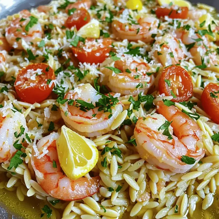 - 225 g Orzo-Nudeln - 450 g große Garnelen, geschält und entdarmt - 3 Esslöffel Olivenöl - 4 Knoblauchzehen, fein gehackt - Schale und Saft von 1 Zitrone - 1 Teelöffel rote Pfefferflocken (optional) - Salz und Pfeffer nach Geschmack - 1 Tasse Kirschtomaten, halbiert - ¼ Tasse frische Petersilie, gehackt - ½ Tasse frisch geriebener Parmesan (optional) Ich liebe es, mit frischen und einfachen Zutaten zu kochen. Bei diesem Rezept sind die Hauptzutaten Orzo-Nudeln und große Garnelen. Die Orzo-Nudeln sind perfekt, weil sie eine schöne Textur haben. Die Garnelen bringen den tollen Geschmack des Meeres mit. Die aromatischen Zusätze sind das Herzstück dieses Gerichts. Knoblauch gibt einen kräftigen Geschmack. Die Zitrone sorgt für Frische. Wenn Sie etwas Schärfe mögen, fügen Sie rote Pfefferflocken hinzu. Abschließend kommen die würzenden Elemente. Kirschtomaten bringen Süße und Farbe. Petersilie gibt einen frischen Biss. Parmesan rundet das Gericht ab, ist aber optional. Für das vollständige Rezept schauen Sie sich die Details an. So können Sie alle Aromen und Texturen in einer köstlichen Mahlzeit vereinen! - Bringe in einem großen Topf ausreichend Wasser zum Kochen und füge Salz hinzu. - Koche die Orzo-Nudeln gemäß den Anweisungen auf der Verpackung. - Gieße die Nudeln ab, aber behalte eine Tasse Nudelwasser. - Erhitze in einer großen Pfanne 3 Esslöffel Olivenöl. - Füge 4 fein gehackte Knoblauchzehen hinzu und brate sie an. - Gib die Garnelen dazu und würze sie mit Salz und Pfeffer. - Beobachte die Garzeit: Die Garnelen sind fertig, wenn sie rosa werden. - Gib die gekochte Orzo in die Pfanne mit den Garnelen. - Presse den Saft von 1 Zitrone darüber und füge die Zitronenschale hinzu. - Wenn die Mischung trocken aussieht, verwende etwas vom Nudelwasser. - Rühre 1 Tasse halbierte Kirschtomaten unter die Mischung. - Lasse alles weitere 2 Minuten köcheln und überprüfe die Würze. - Serviere das Gericht in tiefen Tellern für eine schöne Präsentation. - Garnieren mit frisch gehackter Petersilie und geriebenem Parmesan nach Wunsch. Für die vollständige Zubereitung gehe bitte zu [Full Recipe]. Um die Garnelen perfekt zu garen, achte auf die Zeit. Gar die Garnelen nur 2-3 Minuten pro Seite. Sie sind fertig, wenn sie rosa und nicht mehr durchscheinend sind. Überkoche sie nicht, da sie dann gummiartig werden. Nimm sie vom Herd, sobald sie die richtige Farbe haben. Die richtige Konsistenz der Orzo ist wichtig für den Genuss. Achte darauf, dass du genügend Flüssigkeit hinzufügst. Wenn die Mischung zu trocken ist, kannst du etwas vom reservierten Nudelwasser verwenden. So erhältst du die perfekte, cremige Textur. Um den Geschmack zu steigern, füge frische Kräuter hinzu. Petersilie, Basilikum oder Thymian passen gut. Experimentiere auch mit verschiedenen Ölen. Zum Beispiel kann Avocadoöl einen anderen, aber leckeren Geschmack bringen. So machst du das Gericht einzigartig und spannend. {{image_4}} Eine mediterrane Variante von Lemon Garlic Shrimp Orzo bringt frische Aromen ins Spiel. - Hinzufügen von Spinat oder Rucola: Diese grünen Blätter geben dem Gericht mehr Farbe und Nährstoffe. Fügen Sie sie einfach am Ende des Kochens hinzu, damit sie schön zusammenfallen. - Verwendung von Feta-Käse: Feta-Käse passt perfekt zu den Aromen von Zitrone und Knoblauch. Streuen Sie ihn über das fertige Gericht, um einen zusätzlichen Geschmackskick zu erhalten. Wenn Sie etwas Würze mögen, probieren Sie gewürzte Garnelen in Ihrem Orzo. - Verschiedene Marinaden ausprobieren: Marinieren Sie die Garnelen in Limettensaft, Chili oder Paprika. Dies verstärkt den Geschmack und gibt dem Gericht eine neue Dimension. - Verwendung von anderen Meeresfrüchten: Garnelen sind toll, aber auch Muscheln oder Tintenfisch machen das Gericht spannend. Experimentieren Sie mit verschiedenen Meeresfrüchten, um neue Aromen zu entdecken. Für eine vegane Version ersetzen Sie die Garnelen durch Tofu. - Ersetzen der Garnelen durch Tofu: Verwenden Sie festen Tofu, den Sie in Würfel schneiden. Braten Sie ihn goldbraun an, bevor Sie ihn mit dem Orzo kombinieren. - Verwendung von pflanzlichen Käsesorten: Für den Geschmack können Sie pflanzliche Käsesorten wie Cashew- oder Mandelkäse verwenden. Diese geben dem Gericht eine cremige Note, ohne tierische Produkte zu nutzen. Diese Varianten zeigen, wie flexibel Lemon Garlic Shrimp Orzo ist. Experimentieren Sie mit diesen Ideen, um Ihr ganz persönliches Gericht zu kreieren. Weitere Details finden Sie im Full Recipe. Um Lemon Garlic Shrimp Orzo richtig zu lagern, solltest du es in einem luftdichten Behälter aufbewahren. Stelle sicher, dass das Gericht abgekühlt ist, bevor du es in den Kühlschrank stellst. So bleiben die Aromen frisch. Die Reste sind im Kühlschrank für etwa 2-3 Tage haltbar. Achte darauf, sie gut abzudecken, um Austrocknen zu vermeiden. Falls du mehr Reste hast, kannst du Lemon Garlic Shrimp Orzo auch einfrieren. Fülle das Gericht in gefriergeeignete Behälter. Achte darauf, etwas Platz zu lassen, da sich die Textur beim Einfrieren leicht verändert. Zum Erwärmen nimm das Gericht aus dem Gefrierfach und lasse es über Nacht im Kühlschrank auftauen. Du kannst es dann in der Mikrowelle oder in einem Topf erwärmen. Füge bei Bedarf etwas Wasser oder Brühe hinzu, um die Konsistenz zu verbessern. Sei kreativ mit deinen Resten! Du kannst sie in einem Omelett verwenden oder als Füllung für Wraps nutzen. Eine weitere Idee ist, die Reste zu einem Salat hinzuzufügen. Mische sie mit frischem Gemüse und einem Spritzer Zitronensaft. So genießt du die Aromen auch auf neue Weise. Die Zubereitung dauert insgesamt 30 Minuten. Die Vorbereitungszeit beträgt etwa 10 Minuten. Das Kochen der Orzo-Nudeln und Garnelen nimmt den Großteil der Zeit in Anspruch. Ja, Sie können die Garnelen durch Hähnchen oder Tofu ersetzen. Auch Jakobsmuscheln passen gut dazu. Diese Alternativen bringen neue Aromen in das Gericht. Das Originalrezept ist nicht glutenfrei. Sie können jedoch glutenfreie Orzo-Nudeln verwenden. So bleibt das Gericht für glutenempfindliche Personen geeignet. Um mehr Geschmack hinzuzufügen, probieren Sie frische Kräuter oder mehr Knoblauch. Auch eine Prise Cayennepfeffer oder geräucherte Paprika kann helfen. Experimentieren Sie, um die perfekte Schärfe zu finden. Ja, Sie können die Garnelen und Orzo im Voraus zubereiten. Lagern Sie sie getrennt im Kühlschrank. Erwärmen Sie sie dann einfach in einer Pfanne, wenn Sie bereit sind zu essen. Das sorgt für frischen Geschmack. Dieses Rezept für Lemon Garlic Shrimp Orzo bringt frischen Geschmack auf den Tisch. Du hast gelernt, wie man die Hauptzutaten kombiniert und die Garnelen perfekt anbrät. Mit ein paar Tipps kannst du die Konsistenz und den Geschmack verbessern. Denk daran, dass du mit verschiedenen Varianten spielen kannst, um dein Gericht noch ansprechender zu gestalten. Ob du ein einfaches Abendessen oder kreative Reste zubereitest, diese Anleitung hilft dir. Probiere es aus und genieße die vielen Möglichkeiten, die dieses Gericht bietet.
