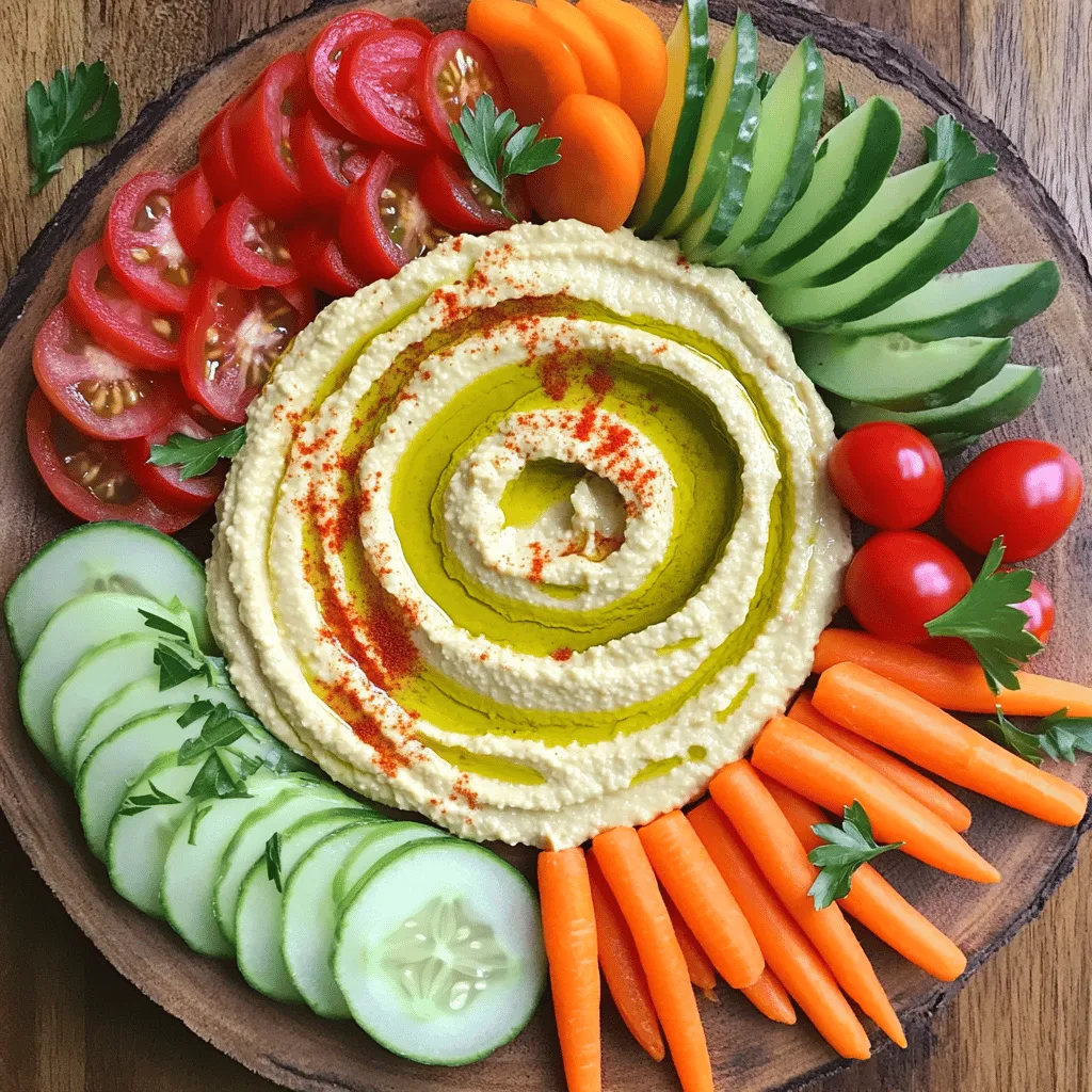 Die Basis für Hummus sind Kichererbsen, Tahin und Olivenöl. Kichererbsen geben dem Hummus die richtige Textur. Tahin sorgt für einen nussigen Geschmack. Olivenöl macht den Hummus cremig. Fügen Sie auch Zitronensaft hinzu, um Frische zu bringen. Knoblauch gibt ein wenig Schärfe und Tiefe. Diese Zutaten sind einfach zu bekommen und machen einen großen Unterschied. Für eine bunte Gemüseplatte empfehle ich Paprika, Gurke und Kirschtomaten. Paprika bringt süße Noten. Gurken sind knackig und frisch. Kirschtomaten fügen eine saftige Süße hinzu. Mini-Karotten sind süß und leicht zu essen. Zuckerschoten sind knackig und haben einen milden Geschmack. Diese Gemüsesorten sind nicht nur lecker, sie sehen auch toll aus. Um Ihre Platte schön zu machen, streuen Sie frische Petersilie darüber. Diese gibt Farbe und Frische. Fügen Sie auch etwas Paprika hinzu, um mehr Farbkontrast zu schaffen. Die Dekoration macht das Essen einladend und lustig. Ein schöner Anblick regt den Appetit an. Wer kann diesem bunten Anblick widerstehen? Für das gesamte Rezept besuchen Sie [Full Recipe]. Um Hummus perfekt zuzubereiten, beginne mit der Vorbereitung der Kichererbsen. Nutze eine Dose Kichererbsen, spüle sie gut ab. Dies entfernt die Konservierungsstoffe und sorgt für einen besseren Geschmack. Gib die Kichererbsen in eine Küchenmaschine. Füge dann Tahin, Olivenöl, Zitronensaft, Knoblauch, Kreuzkümmel und Salz hinzu. Mixe alles gut durch. Püriere die Mischung, bis sie glatt ist. Falls die Konsistenz zu dick ist, füge einen Esslöffel Wasser hinzu. Püriere weiter, bis der Hummus schön cremig wird. Nach dem Pürieren schmecke den Hummus ab und füge nach Bedarf mehr Salz hinzu. Für eine schöne Gemüseplatte achte auf ansprechendes Arrangieren. Platziere den Hummus in der Mitte der Platte. Verwende kleine Schüsseln für den Hummus. So sieht es toll aus und jeder kann sich bedienen. Ordne das geschnittene Gemüse rund um die Schüssel an. Nutze rote Paprika, Gurkenscheiben, Kirschtomaten, Mini-Karotten und Zuckerschoten. Dies sorgt für eine bunte und einladende Platte. Wähle eine große, bunte Platte für dein Hummus und Gemüse. Eine helle Platte hebt die Farben des Gemüses hervor. Achte auf Farbkontraste. Plazierung spielt eine große Rolle. Gestalte das Arrangement kreativ. Lege das Gemüse in verschiedenen Höhen, um visuelles Interesse zu schaffen. Dies macht deine Platte lebendig und ansprechend. Nutze frische Petersilie zur Garnierung. So erhält die Platte einen frischen Touch. Um die perfekte Hummus-Konsistenz zu erreichen, fügen Sie Wasser schrittweise hinzu. Beginnen Sie mit einem Esslöffel. Pürieren Sie dann erneut und prüfen Sie die Textur. Wenn Sie eine cremigere Konsistenz wünschen, fügen Sie mehr Wasser hinzu. Gewürze sind wichtig, um den Geschmack zu verbessern. Experimentieren Sie mit Kreuzkümmel oder Paprika, um neue Aromen zu entdecken. Bereiten Sie Gemüsesticks im Voraus vor, um Zeit zu sparen. Lagern Sie diese in einem luftdichten Behälter im Kühlschrank. Das verhindert, dass sie austrocknen. Eine feuchte Küchenrolle in den Behälter legt, hilft ebenfalls. Vermeiden Sie es, das Gemüse in Plastikfolie zu wickeln, da dies die Frische beeinträchtigen kann. Um Ihre Platte interessanter zu gestalten, fügen Sie kleine Schüsseln mit Dips hinzu. Oliven, Feta oder Joghurt passen gut dazu. Getränke wie Mineralwasser oder ein frischer Zitronen-Minz-Tee ergänzen das Essen. Diese Kombination macht die Mahlzeit lebendiger und einladender. Schauen Sie sich auch die Full Recipe für mehr Ideen an. {{image_4}} Hummus kann viele Gesichter haben. Probieren Sie Varianten wie Rote Beete oder Avocado. Diese geben dem Hummus eine schöne Farbe und neuen Geschmack. Geräucherter Paprika ist auch eine tolle Wahl. Er bringt eine rauchige Note, die sehr lecker ist. Weitere kreative Kombinationen sind zum Beispiel Erbsen oder Koriander. Diese Zutaten machen den Hummus nicht nur bunt, sondern auch gesund. Für Ihr Gemüse können Sie saisonale und regionale Optionen wählen. Karotten, Gurken und Paprika sind immer beliebt. Doch auch Radieschen oder Sellerie sind tolle Alternativen. Frische Kräuter wie Minze oder Basilikum bringen frischen Geschmack. Blattsalate wie Rucola oder Spinat passen ebenfalls gut dazu. Sie fügen eine knackige Textur hinzu und sind gesund. Wenn Sie kalorienbewusste Alternativen suchen, verwenden Sie weniger Öl. Stattdessen können Sie Joghurt oder Avocado nutzen, um den Hummus cremig zu machen. Für glutenfreie und vegane Optionen ist Hummus perfekt geeignet. Achten Sie darauf, frisches Gemüse zu servieren. So bleibt Ihr Snack leicht und lecker. Verwenden Sie auch verschiedene Dips, um mehr Vielfalt zu bieten. So wird die Platte noch spannender! Für das vollständige Rezept schauen Sie sich die Hummus & Veggie Freude Platte an. Um Hummus frisch zu halten, lege ihn in einen luftdichten Behälter. So bleibt er länger gut. Stelle den Behälter in den Kühlschrank. Hummus hält sich dort etwa 5 bis 7 Tage. Achte darauf, wie der Hummus aussieht und riecht. Wenn er seltsam aussieht oder riecht, wirf ihn weg. Für frische Gemüsesticks, wickle sie in ein feuchtes Tuch. Das hält sie knackig. Du kannst sie auch in einen Behälter mit Wasser legen. So bleiben die Gemüsesticks länger frisch. Diese Snacks sind perfekt für unterwegs. Sie eignen sich toll für Snacks oder Picknicks. Wenn du Hummus länger aufbewahren möchtest, kannst du ihn einfrieren. Fülle ihn in einen gefrierfesten Behälter. Lass etwas Platz, damit er sich ausdehnen kann. Um Hummus aufzutauen, stelle ihn in den Kühlschrank. Das dauert einige Stunden. Du kannst ihn auch in der Mikrowelle auftauen. Gefrorener Hummus hält sich bis zu 3 Monate. Hummus hält sich im Kühlschrank etwa fünf bis sieben Tage. Damit der Hummus frisch bleibt, bewahre ihn in einem luftdichten Behälter auf. Achte darauf, dass der Behälter sauber ist und keine Luft eindringen kann. So bleibt der Hummus geschmackvoll und cremig. Ja, du kannst Hummus im Voraus zubereiten. Es ist sogar eine gute Idee, ihn einen Tag vorher zu machen. So haben die Aromen Zeit, sich gut zu vermischen. Bereite den Hummus und lagere ihn dann im Kühlschrank. Vergiss nicht, ihn vor dem Servieren gut umzurühren. Für eine bunte und einladende Plattenanordnung wähle eine Vielzahl von Gemüse. Hier sind einige Vorschläge: - Rote Paprika: Süß und knackig. - Gurke: Frisch und kühlend. - Kirschtomaten: Saftig und süß. - Mini-Karotten: Knackig und süß. - Zuckerschoten: Süß und zart. Diese Auswahl bietet viele Aromen und Texturen. Sie machen die Platte lebendig und schmackhaft. Hummus ist einfach zuzubereiten und macht jede Gemüseplatte lebendig. In diesem Artikel haben wir die Hauptzutaten besprochen: Kichererbsen, Tahin und frisches Gemüse. Die Schritt-für-Schritt-Anleitung hilft dir, köstlichen Hummus zu machen und hübsch zu präsentieren. Mit unseren Tipps bleibst du kreativ und erhältst perfekte Konsistenzen. Vergiss nicht, die verschiedenen Variationen auszuprobieren. Ob für Feste oder Snacks, jetzt kannst du Hummus und Gemüse optimal genießen. Lass es dir schmecken!