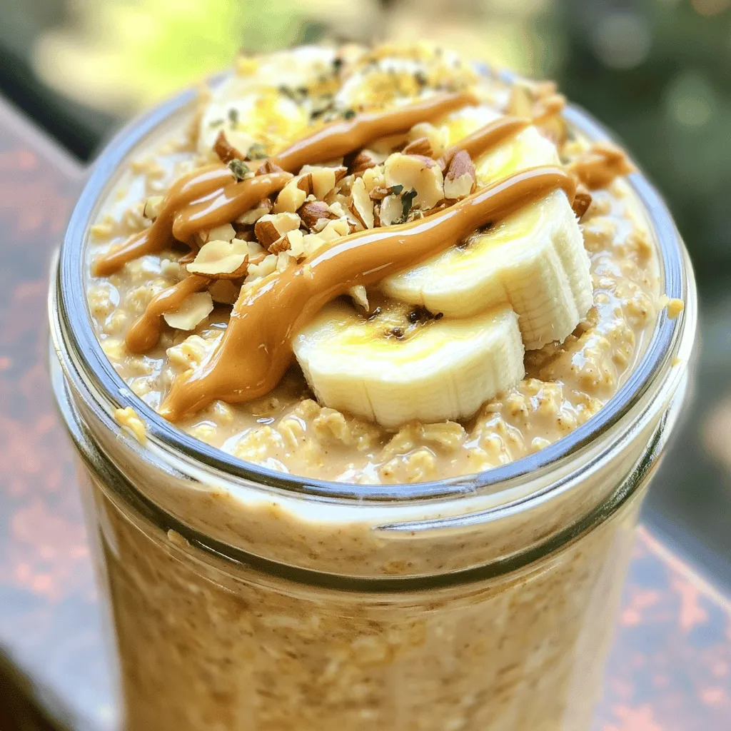 Für die Erdnussbutter-Bananen-Overnight-Oats brauchst du einige einfache Zutaten. Diese machen dein Frühstück nahrhaft und lecker. Hier sind die Hauptzutaten: - 1 Tasse Haferflocken (gerollt) - 2 Tassen Mandelmilch (oder Milch nach Wahl) - 1 reife Banane, zerdrückt - 2 Esslöffel Erdnussbutter - Eine Prise Salz Diese Zutaten sind leicht zu finden und bieten viele Nährstoffe. Die Haferflocken sind voller Ballaststoffe und halten dich lange satt. Die Banane fügt natürliche Süße und Kalium hinzu. Erdnussbutter liefert gesunde Fette und Proteine. Wenn du keine Kuhmilch magst oder verträgst, gibt es viele gute Milchersatzprodukte. Hier sind einige Optionen: - Mandelmilch - Hafermilch - Sojamilch - Kokosmilch Jede dieser Milchsorten hat ihren eigenen Geschmack. Mandelmilch ist leicht und nussig. Hafermilch hat eine cremige Textur. Sojamilch ist proteinreich. Kokosmilch bringt einen tropischen Geschmack. Wähle, was dir am besten gefällt! Du kannst dein Frühstück nach deinem Geschmack anpassen. Hier sind einige optionale Süßungsmittel und Gewürze: - 1 Esslöffel Honig oder Ahornsirup (optional) - 1/2 Teelöffel Vanilleextrakt - 1/2 Teelöffel Zimt Honig oder Ahornsirup machen die Oats süßer. Vanilleextrakt fügt einen tollen Geschmack hinzu. Zimt gibt einen warmen, würzigen Kick. Probiere diese Optionen aus und finde deine Lieblingskombination! Für die vollständige Anleitung, schau dir das [Full Recipe] an. Zuerst nehme ich eine große Rührschüssel. Ich gebe die Haferflocken hinein. Dann füge ich die Mandelmilch dazu. Jetzt zerdrücke ich die Banane und gebe sie in die Schüssel. Danach kommt die Erdnussbutter hinzu. Wenn ich es süßer mag, füge ich Honig oder Ahornsirup hinzu. Ich gebe auch etwas Vanilleextrakt, Zimt und eine Prise Salz dazu. Jetzt rühre ich alles gut um. Ich achte darauf, dass alles gleichmäßig vermischt ist. Ich teile die Mischung gleichmäßig auf zwei Gläser oder Behälter auf. Es ist wichtig, dass ich die Gläser gut fülle. So habe ich eine perfekte Portion für das Frühstück. Ich verwende gerne Behälter mit Deckel. So kann ich die Mischung sicher aufbewahren. Die Gläser verschließe ich gut. Dann stelle ich sie über Nacht in den Kühlschrank. Wenn ich es eilig habe, lasse ich sie mindestens vier Stunden dort. So können die Haferflocken die Flüssigkeit und Aromen aufnehmen. Am nächsten Morgen rühre ich die Oats gut durch. Wenn sie zu dick sind, füge ich etwas Mandelmilch hinzu. Jetzt kann ich sie genießen! Gehackte Nüsse und Bananenscheiben machen es noch besser. Ich liebe es, mein Frühstück direkt aus dem Glas zu essen. Es ist einfach und lecker! Das ist das [Full Recipe]. Beim Zubereiten von Peanut Butter Banana Overnight Oats gibt es einige häufige Fehler. Ein Fehler ist, zu wenig Flüssigkeit hinzuzufügen. Die Haferflocken brauchen mehr Flüssigkeit, um weich zu werden. Achte darauf, dass du die richtige Menge Mandelmilch verwendest. Ein weiterer Fehler ist, die Mischung nicht gut zu rühren. Wenn du die Zutaten nicht gut vermischst, bleiben Klumpen. Diese Klumpen können beim Essen unangenehm sein. Rühre die Mischung gründlich um, bevor du sie in den Kühlschrank stellst. Du kannst das Rezept leicht an deinen Geschmack anpassen. Magst du es süßer? Füge mehr Honig oder Ahornsirup hinzu. Du kannst auch andere Früchte wie Beeren oder Äpfel verwenden. Diese Früchte geben den Oats einen neuen Geschmack. Wenn du Zimt nicht magst, lasse ihn einfach weg oder ersetze ihn durch Kakao. So kannst du das Rezept ganz nach deinem Wunsch gestalten. Die Erdnussbutter und Banane sind schon sehr nahrhaft. Du kannst aber noch mehr Nährstoffe hinzufügen. Zum Beispiel sind Chiasamen eine tolle Ergänzung. Sie sind reich an Ballaststoffen und Omega-3-Fettsäuren. Füge einfach einen Esslöffel hinzu. Auch Nüsse sind eine gute Wahl. Sie geben dir gesunde Fette und Proteine. Du kannst Mandeln, Walnüsse oder Haselnüsse verwenden. Garniere deine Oats mit diesen Nüssen, um einen knackigen Biss zu bekommen. Für mehr Vitamine kannst du auch einen Esslöffel Leinsamen oder Hanfsamen hinzufügen. Diese kleinen Samen sind echte Kraftpakete für deine Gesundheit. So werden deine Overnight Oats noch nahrhafter und leckerer. Für das vollständige Rezept, besuche den [Full Recipe] Link. {{image_4}} Für eine vegane Version der Overnight Oats, ersetze die Milch. Nutze einfach Mandelmilch oder Hafermilch. Diese pflanzlichen Alternativen sind lecker und gesund. Du kannst auch Erdnussbutter mit einer anderen Nussbutter tauschen. Mandelbutter oder Cashewbutter sind tolle Optionen. Sie geben deinem Frühstück einen neuen Geschmack. Möchtest du mehr Protein? Füge einen Löffel pflanzliches Proteinpulver hinzu. Das macht deine Oats sättigender und nährstoffreicher. Eine andere Möglichkeit ist, griechischen Joghurt einzurühren. Das gibt einen cremigen Touch und extra Eiweiß. Du kannst auch Chiasamen oder Leinsamen hinzufügen. Sie sind klein, aber voller Nährstoffe. Variiere mit verschiedenen Früchten, um Abwechslung zu schaffen. Neben Bananen kannst du Beeren, Äpfel oder Pfirsiche verwenden. Diese Früchte bringen Frische und Süße. Füge sie einfach zu deiner Mischung hinzu oder garniere die Oats am Morgen. Das macht jedes Frühstück spannend und bunt. Probiere die Kombinationen aus und finde deine Favoriten! Um die Erdnussbutter-Bananen-Overnight-Oats frisch zu halten, lege sie in den Kühlschrank. Verwende luftdichte Behälter oder Gläser mit Deckel. Das schützt vor fremden Gerüchen und hält die Oats lecker. Stelle sicher, dass die Mischung gut versiegelt ist, um eine optimale Frische zu gewährleisten. Die Overnight Oats bleiben im Kühlschrank etwa 3 bis 5 Tage haltbar. Nach dieser Zeit können die Oats an Geschmack verlieren. Ich empfehle, sie innerhalb von 2 bis 3 Tagen zu essen. So genießt du die beste Textur und Frische. Wenn du sie länger aufbewahren möchtest, ist das Einfrieren eine gute Option. Wenn du die Oats einfrieren möchtest, fülle sie in gefrierfeste Behälter. Lass etwas Platz, da die Mischung beim Gefrieren expandiert. Du kannst die Portionen auch in kleinen Beuteln einfrieren. Wenn du bereit bist, sie zu essen, lasse sie einfach über Nacht im Kühlschrank auftauen. So bleiben die Aromen erhalten und du hast ein schnelles Frühstück bereit. Du kannst deine Overnight Oats bis zu fünf Tage im Kühlschrank lagern. Das gibt dir Flexibilität. Wenn du sie länger aufbewahrst, achte auf Geruch und Aussehen. Frische Zutaten sind immer besser für den Geschmack. Ich empfehle, die Oats in einem luftdichten Behälter aufzubewahren. So bleiben sie frisch und lecker. Ja, du kannst die Erdnussbutter durch eine andere Nussbutter ersetzen. Mandelbutter und Cashewbutter sind gute Alternativen. Diese Nussbutter haben ähnliche Texturen und Geschmäcker. Du kannst auch Sonnenblumenkernbutter verwenden, wenn du Nussallergien hast. Experimentiere mit verschiedenen Nussbuttern, um deinen eigenen Geschmack zu finden. So machst du das Rezept noch vielseitiger. Ja, Overnight Oats sind sehr gesund und nahrhaft. Sie enthalten Ballaststoffe aus Haferflocken, die gut für die Verdauung sind. Die Banane gibt dir Energie durch natürliche Zucker und Vitamine. Erdnussbutter liefert gesunde Fette und Eiweiß. Diese Mischung hilft dir, den Tag stark zu starten. Zudem kannst du die Oats nach deinem Geschmack anpassen. So bleiben sie immer interessant und lecker. Erdnussbutter-Bananen-Overnight-Oats sind einfach zuzubereiten und lecker. Wir haben die Hauptzutaten besprochen, unterschiedliche Milchersatzprodukte und süße Optionen erkundet. Die Schritt-für-Schritt-Anleitung macht das Zubereiten leicht. Mit Tipps und Anpassungen für jeden Geschmack kannst du deine Overnight Oats verbessern. Die Aufbewahrungshinweise helfen dir, die Frische zu bewahren. Du hast viele Möglichkeiten, diese gute Frühstücksoption zu variieren. Probiere es aus und finde deine perfekte Mischung.