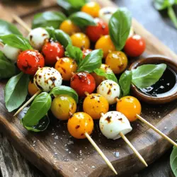 - Kirschtomaten - Frische Mozzarellabällchen - Basilikumblätter - Balsamico-Glasur - Natives Olivenöl - Gewürze (Salz und Pfeffer) - Auswahl der Spießlänge und -material Die Zutaten für Mini Caprese Spieße sind einfach. Beginnen wir mit den Hauptzutaten. Kirschtomaten sind frisch und süß. Frische Mozzarellabällchen, auch Bocconcini genannt, sind cremig und lecker. Basilikumblätter bringen den perfekten Geschmack. Diese drei Zutaten machen die Basis für unsere Spieße. Zusätzlich benötigen wir Balsamico-Glasur. Diese sorgt für einen süßen und würzigen Kick. Natives Olivenöl ist wichtig für den Geschmack. Salz und Pfeffer heben die Aromen hervor. Diese einfachen Zutaten machen einen großen Unterschied. Für die Spieße selbst wähle ich Holzspieße, die etwa 10 bis 15 cm lang sind. Sie sind leicht zu handhaben und halten die Zutaten gut zusammen. Es ist wichtig, die richtige Länge zu wählen, um die perfekte Menge an Zutaten aufzunehmen. So bleiben die Spieße stabil und einfach zu essen. Die Auswahl der Zutaten ist entscheidend. Frische Produkte sorgen für den besten Geschmack. Achte darauf, dass alles frisch ist. So schmecken die Mini Caprese Spieße noch besser. Für das vollständige Rezept, schau dir bitte die [Full Recipe] an. Waschen Sie die Kirschtomaten und Basilikumblätter gründlich unter kaltem Wasser. Dies entfernt Schmutz und sorgt für Frische. Trocknen Sie die Zutaten vorsichtig mit einem sauberen Küchentuch. So bleibt der Geschmack klar und rein. Nehmen Sie einen Spieß und stecken Sie eine Kirschtomate darauf. Fügen Sie dann ein frisches Basilikumblatt und ein Mozzarellabällchen hinzu. Wiederholen Sie dies, bis der Spieß fast voll ist. Lassen Sie etwas Platz an beiden Enden. Ideal sind 2-3 Gruppen aus Tomate, Basilikum und Mozzarella pro Spieß. So sieht es schön aus und ist leicht zu essen. Beträufeln Sie die Spieße gleichmäßig mit dem nativen Olivenöl und der Balsamico-Glasur. Diese Schritte bringen die Aromen gut zusammen. Schmecken Sie die Spieße mit Salz und Pfeffer ab. Der letzte Schliff ist wichtig für den perfekten Geschmack. Arrangieren Sie die Spieße auf einem Servierteller. Ein paar zusätzliche Basilikumblätter machen das Bild rund. Für einen netten Touch können Sie etwas Balsamico-Glasur darüber träufeln. Die Mini Caprese Spieße sind einfach und schnell zubereitet – ideal für jeden Anlass! Um die Mini Caprese Spieße schön zu präsentieren, nutzen Sie einen großen Servierteller. Stellen Sie die Spieße aufrecht in einen dekorativen Behälter. Sie können auch zusätzliche Basilikumblätter um die Spieße herumlegen. Ein kleiner Schüssel mit Balsamico-Glasur zum Dippen macht das Bild perfekt. Um den Geschmack zu verbessern, probieren Sie verschiedene Gewürze. Zum Beispiel können Sie etwas Oregano oder Thymian hinzufügen. Auch ein Spritzer Zitronensaft bringt frischen Geschmack. Experimentieren Sie mit den Zutaten, um Ihre perfekte Kombination zu finden. Ein häufiger Fehler ist es, die Spieße zu überladen. Achten Sie darauf, dass die Zutaten gut verteilt sind. Wenn die Spieße zu voll sind, wird es schwer, sie zu essen. Lassen Sie etwas Platz am Ende des Spießes für eine einfache Handhabung. {{image_4}} Es gibt viele Möglichkeiten, den Klassiker neu zu gestalten. Du kannst andere Käsesorten verwenden. Feta oder Ziegenkäse sind tolle Optionen. Diese Käsesorten bringen einen anderen Geschmack. So wird dein Gericht noch interessanter. Du kannst auch Mozzarella mit Kräutern probieren. Es gibt viele Geschmacksrichtungen. Experimentiere mit weiteren Saucen für deine Spieße. Anstelle von Balsamico-Glasur kannst du Pesto verwenden. Pesto aus Basilikum gibt einen frischen Kick. Auch eine Honig-Senf-Sauce passt gut. Diese Dressings bringen Vielfalt. Probiere verschiedene Kombinationen aus. Du wirst überrascht sein, wie lecker sie sind. Füge frisches Gemüse hinzu, um die Spieße anzupassen. Paprika, Zucchini oder Gurken sind perfekte Ergänzungen. Sie bringen mehr Farbe und Crunch. Du kannst auch saisonale Kräuter verwenden. Petersilie oder Minze können neue Geschmäcker bringen. So bleiben deine Mini Caprese Spieße frisch und spannend. Um Mini Caprese Spieße frisch zu halten, lagere sie gut. Du kannst sie in einem luftdichten Behälter aufbewahren. Lege ein feuchtes Tuch über die Spieße, um sie saftig zu halten. Vermeide es, die Spieße mit einer Folie abzudecken, da dies die Tomaten matschig machen kann. Die Haltbarkeit der Mini Caprese Spieße beträgt etwa 1 bis 2 Tage im Kühlschrank. Achte darauf, sie schnell zu essen. So bleiben die Aromen frisch. Wenn die Spieße länger stehen, wird der Mozzarella gummiartig. Um Zeit zu sparen, kannst du die Zutaten vorher vorbereiten. Wasche die Tomaten und Basilikumblätter einige Stunden vorher. Du kannst auch die Mozzarella-Bällchen bereitstellen. Die Spieße selbst solltest du erst kurz vor dem Servieren zusammenstellen, damit sie frisch bleiben. So bleibt der Geschmack am besten erhalten. Mini Caprese Spieße halten sich im Kühlschrank etwa 2 bis 3 Tage. Bewahre sie in einem luftdichten Behälter auf, um sie frisch zu halten. Wenn du die Spieße länger aufbewahren möchtest, ist es besser, sie einzufrieren. Achte darauf, dass du die Balsamico-Glasur erst kurz vor dem Servieren hinzufügst. Ja, du kannst Mini Caprese Spieße im Voraus zubereiten. Bereite sie bis zu 24 Stunden vor dem Servieren vor. Lagere sie einfach im Kühlschrank und decke sie gut ab. So sparst du Zeit, wenn Gäste kommen. Die frischen Zutaten bleiben köstlich und knackig. Wenn du keine Balsamico-Glasur hast, gibt es tolle Alternativen. Du kannst einfach Balsamico-Essig verwenden, wenn du es etwas süßer magst. Honig oder Ahornsirup sind ebenfalls gute Optionen. Für einen anderen Geschmack probiere Zitronensaft oder Kräuteröl. So bleibt dein Gericht frisch und lecker. Die Zutaten für Mini Caprese Spieße sind einfach und frisch. Wir haben Kirschtomaten, Mozzarella und Basilikum verwendet. Dazu kamen Olivenöl und Balsamico-Glasur für den Geschmack. Die Schritt-für-Schritt-Anleitung macht die Zubereitung leicht. Denke daran, deine Spieße schön anzurichten und mit Gewürzen zu experimentieren. Diese einfachen Tipps helfen dir, Fehler zu vermeiden. Variiere die Zutaten für neue Geschmackserlebnisse. Mit der richtigen Lagerung bleiben die Spieße frisch. Bereite sie im Voraus zu, um Zeit zu sparen. Viel Spaß beim Kreieren deiner eigenen Mini Caprese!