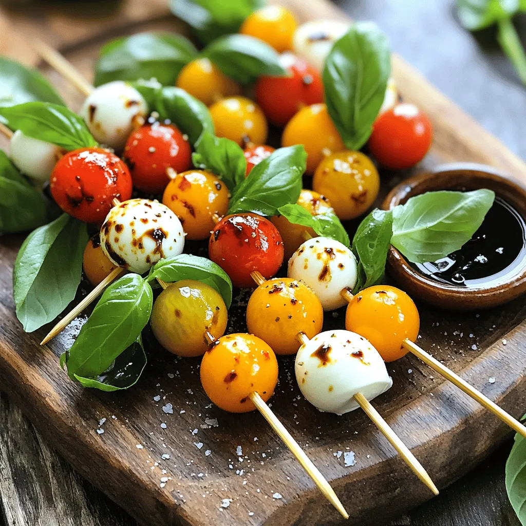 - Kirschtomaten - Frische Mozzarellabällchen - Basilikumblätter - Balsamico-Glasur - Natives Olivenöl - Gewürze (Salz und Pfeffer) - Auswahl der Spießlänge und -material Die Zutaten für Mini Caprese Spieße sind einfach. Beginnen wir mit den Hauptzutaten. Kirschtomaten sind frisch und süß. Frische Mozzarellabällchen, auch Bocconcini genannt, sind cremig und lecker. Basilikumblätter bringen den perfekten Geschmack. Diese drei Zutaten machen die Basis für unsere Spieße. Zusätzlich benötigen wir Balsamico-Glasur. Diese sorgt für einen süßen und würzigen Kick. Natives Olivenöl ist wichtig für den Geschmack. Salz und Pfeffer heben die Aromen hervor. Diese einfachen Zutaten machen einen großen Unterschied. Für die Spieße selbst wähle ich Holzspieße, die etwa 10 bis 15 cm lang sind. Sie sind leicht zu handhaben und halten die Zutaten gut zusammen. Es ist wichtig, die richtige Länge zu wählen, um die perfekte Menge an Zutaten aufzunehmen. So bleiben die Spieße stabil und einfach zu essen. Die Auswahl der Zutaten ist entscheidend. Frische Produkte sorgen für den besten Geschmack. Achte darauf, dass alles frisch ist. So schmecken die Mini Caprese Spieße noch besser. Für das vollständige Rezept, schau dir bitte die [Full Recipe] an. Waschen Sie die Kirschtomaten und Basilikumblätter gründlich unter kaltem Wasser. Dies entfernt Schmutz und sorgt für Frische. Trocknen Sie die Zutaten vorsichtig mit einem sauberen Küchentuch. So bleibt der Geschmack klar und rein. Nehmen Sie einen Spieß und stecken Sie eine Kirschtomate darauf. Fügen Sie dann ein frisches Basilikumblatt und ein Mozzarellabällchen hinzu. Wiederholen Sie dies, bis der Spieß fast voll ist. Lassen Sie etwas Platz an beiden Enden. Ideal sind 2-3 Gruppen aus Tomate, Basilikum und Mozzarella pro Spieß. So sieht es schön aus und ist leicht zu essen. Beträufeln Sie die Spieße gleichmäßig mit dem nativen Olivenöl und der Balsamico-Glasur. Diese Schritte bringen die Aromen gut zusammen. Schmecken Sie die Spieße mit Salz und Pfeffer ab. Der letzte Schliff ist wichtig für den perfekten Geschmack. Arrangieren Sie die Spieße auf einem Servierteller. Ein paar zusätzliche Basilikumblätter machen das Bild rund. Für einen netten Touch können Sie etwas Balsamico-Glasur darüber träufeln. Die Mini Caprese Spieße sind einfach und schnell zubereitet – ideal für jeden Anlass! Um die Mini Caprese Spieße schön zu präsentieren, nutzen Sie einen großen Servierteller. Stellen Sie die Spieße aufrecht in einen dekorativen Behälter. Sie können auch zusätzliche Basilikumblätter um die Spieße herumlegen. Ein kleiner Schüssel mit Balsamico-Glasur zum Dippen macht das Bild perfekt. Um den Geschmack zu verbessern, probieren Sie verschiedene Gewürze. Zum Beispiel können Sie etwas Oregano oder Thymian hinzufügen. Auch ein Spritzer Zitronensaft bringt frischen Geschmack. Experimentieren Sie mit den Zutaten, um Ihre perfekte Kombination zu finden. Ein häufiger Fehler ist es, die Spieße zu überladen. Achten Sie darauf, dass die Zutaten gut verteilt sind. Wenn die Spieße zu voll sind, wird es schwer, sie zu essen. Lassen Sie etwas Platz am Ende des Spießes für eine einfache Handhabung. {{image_4}} Es gibt viele Möglichkeiten, den Klassiker neu zu gestalten. Du kannst andere Käsesorten verwenden. Feta oder Ziegenkäse sind tolle Optionen. Diese Käsesorten bringen einen anderen Geschmack. So wird dein Gericht noch interessanter. Du kannst auch Mozzarella mit Kräutern probieren. Es gibt viele Geschmacksrichtungen. Experimentiere mit weiteren Saucen für deine Spieße. Anstelle von Balsamico-Glasur kannst du Pesto verwenden. Pesto aus Basilikum gibt einen frischen Kick. Auch eine Honig-Senf-Sauce passt gut. Diese Dressings bringen Vielfalt. Probiere verschiedene Kombinationen aus. Du wirst überrascht sein, wie lecker sie sind. Füge frisches Gemüse hinzu, um die Spieße anzupassen. Paprika, Zucchini oder Gurken sind perfekte Ergänzungen. Sie bringen mehr Farbe und Crunch. Du kannst auch saisonale Kräuter verwenden. Petersilie oder Minze können neue Geschmäcker bringen. So bleiben deine Mini Caprese Spieße frisch und spannend. Um Mini Caprese Spieße frisch zu halten, lagere sie gut. Du kannst sie in einem luftdichten Behälter aufbewahren. Lege ein feuchtes Tuch über die Spieße, um sie saftig zu halten. Vermeide es, die Spieße mit einer Folie abzudecken, da dies die Tomaten matschig machen kann. Die Haltbarkeit der Mini Caprese Spieße beträgt etwa 1 bis 2 Tage im Kühlschrank. Achte darauf, sie schnell zu essen. So bleiben die Aromen frisch. Wenn die Spieße länger stehen, wird der Mozzarella gummiartig. Um Zeit zu sparen, kannst du die Zutaten vorher vorbereiten. Wasche die Tomaten und Basilikumblätter einige Stunden vorher. Du kannst auch die Mozzarella-Bällchen bereitstellen. Die Spieße selbst solltest du erst kurz vor dem Servieren zusammenstellen, damit sie frisch bleiben. So bleibt der Geschmack am besten erhalten. Mini Caprese Spieße halten sich im Kühlschrank etwa 2 bis 3 Tage. Bewahre sie in einem luftdichten Behälter auf, um sie frisch zu halten. Wenn du die Spieße länger aufbewahren möchtest, ist es besser, sie einzufrieren. Achte darauf, dass du die Balsamico-Glasur erst kurz vor dem Servieren hinzufügst. Ja, du kannst Mini Caprese Spieße im Voraus zubereiten. Bereite sie bis zu 24 Stunden vor dem Servieren vor. Lagere sie einfach im Kühlschrank und decke sie gut ab. So sparst du Zeit, wenn Gäste kommen. Die frischen Zutaten bleiben köstlich und knackig. Wenn du keine Balsamico-Glasur hast, gibt es tolle Alternativen. Du kannst einfach Balsamico-Essig verwenden, wenn du es etwas süßer magst. Honig oder Ahornsirup sind ebenfalls gute Optionen. Für einen anderen Geschmack probiere Zitronensaft oder Kräuteröl. So bleibt dein Gericht frisch und lecker. Die Zutaten für Mini Caprese Spieße sind einfach und frisch. Wir haben Kirschtomaten, Mozzarella und Basilikum verwendet. Dazu kamen Olivenöl und Balsamico-Glasur für den Geschmack. Die Schritt-für-Schritt-Anleitung macht die Zubereitung leicht. Denke daran, deine Spieße schön anzurichten und mit Gewürzen zu experimentieren. Diese einfachen Tipps helfen dir, Fehler zu vermeiden. Variiere die Zutaten für neue Geschmackserlebnisse. Mit der richtigen Lagerung bleiben die Spieße frisch. Bereite sie im Voraus zu, um Zeit zu sparen. Viel Spaß beim Kreieren deiner eigenen Mini Caprese!